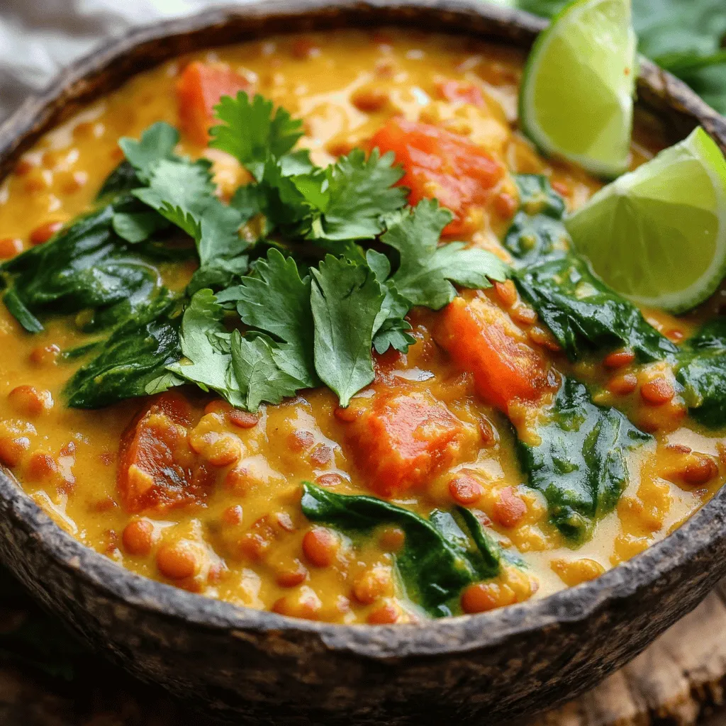 Für ein köstliches Kokos-Linsen-Curry brauchst du frische und nahrhafte Zutaten. Hier sind die Hauptzutaten: - 1 Tasse rote Linsen, gut gespült - 1 Dose (400 ml) Kokosmilch - 1 mittelgroße Zwiebel, fein gehackt - 2 Knoblauchzehen, gehackt - 2 cm Stück Ingwer, gerieben - 2 mittelgroße Tomaten, gewürfelt - 2 Esslöffel Currypulver - 1 Teelöffel Kurkuma - 1/2 Teelöffel Kreuzkümmel - 2 Esslöffel Pflanzenöl - 2 Tassen Gemüsebrühe oder Wasser - 1 Tasse frische Spinatblätter - Salz nach Geschmack - Frischer Koriander, zur Garnierung - Limettenspalten, zum Servieren Jede Zutat bringt ihren eigenen Geschmack und Nährstoffe mit. Die roten Linsen sind reich an Protein. Kokosmilch sorgt für die cremige Textur. Tomaten und Spinat fügen Frische hinzu. Die Gewürze machen dieses Curry besonders. Currypulver bringt Wärme und Tiefe. Kurkuma gibt eine goldene Farbe und hat viele Gesundheitsvorteile. Kreuzkümmel rundet die Aromen ab und gibt einen erdigen Geschmack. Diese Gewürze sorgen dafür, dass dein Curry lebendig schmeckt. Um das Curry noch besser zu machen, serviere es mit Beilagen. Gedämpfter Reis ist perfekt, um die Soße aufzusaugen. Warmes Naan-Brot ist eine leckere Option, um das Curry zu genießen. Für einen spritzigen Kick presse eine frische Limettenspalte über jede Portion. Frischer Koriander als Garnierung bringt Farbe und zusätzlichen Geschmack. Für die vollständige Zubereitung folge dem [Full Recipe]. Zuerst brauchst du alle Zutaten bereit. Das macht das Kochen einfacher. Spüle die Linsen gut ab. Das sorgt dafür, dass sie sauber sind. Hacke die Zwiebel, den Knoblauch und den Ingwer fein. Würfle die Tomaten klein. Lege alles in kleine Schalen. Das hilft dir, den Überblick zu behalten. Erhitze das Pflanzenöl in einem großen Topf bei mittlerer Hitze. Füge die gehackte Zwiebel hinzu. Brate sie an, bis sie durchsichtig wird, etwa fünf Minuten. Gib dann den Knoblauch und den Ingwer dazu. Koche für ein bis zwei Minuten. So kommen die Aromen gut zur Geltung. Füge die gewürfelten Tomaten hinzu. Lasse sie für drei bis vier Minuten köcheln, bis sie weich sind. Jetzt kommen die Gewürze ins Spiel. Streue Currypulver, Kurkuma und Kreuzkümmel über das Gemüse. Rühre alles gut um, damit die Gewürze sich verteilen. Lass es für eine weitere Minute kochen. Danach gieße die gespülten Linsen, die Kokosmilch und die Gemüsebrühe dazu. Mische alles gut durch. Bringe die Mischung zum Kochen. Reduziere die Hitze dann auf niedrig und decke den Topf ab. Lass das Curry für 25 bis 30 Minuten köcheln. Die Linsen sollten zart sein. Rühre gelegentlich um, und füge mehr Wasser hinzu, falls das Curry zu dick wird. Wenn die Linsen gar sind, rühre die frischen Spinatblätter unter. Lass sie für zwei bis drei Minuten zusammenfallen. Schmecke das Curry mit Salz ab. Nimm den Topf vom Herd. Garniere das Curry mit frisch gehacktem Koriander. Serviere das cremige Kokos-Linsen-Curry auf gedämpftem Reis oder mit warmem Naan-Brot. Ein Spritzer frischer Limette macht es noch besser. Für die vollständige Anleitung besuche die [Full Recipe]. Um die perfekte Konsistenz für dein cremiges Kokos-Linsen-Curry zu erreichen, achte auf die Linsen. Rote Linsen kochen schnell und zerfallen leicht. Das gibt dem Curry eine tolle, cremige Basis. Wenn du die Linsen zu lange kochst, werden sie matschig. Überprüfe sie nach 25 Minuten. Sie sollten weich, aber nicht zerfallen sein. Falls das Curry zu dick wird, füge einfach etwas mehr Gemüsebrühe oder Wasser hinzu. Du kannst den Geschmack deines Currys auf viele Arten verbessern. Füge zum Beispiel etwas frischen Koriander oder Limettensaft hinzu. Diese Zutaten bringen Frische und Tiefe in das Gericht. Eine Prise Chili oder Paprika gibt deinem Curry mehr Schärfe. Wenn du es süßer magst, probiere eine kleine Menge braunen Zucker oder Kokoszucker. Diese Zutaten harmonieren gut mit der Kokosmilch. Für dieses Rezept brauchst du nur einige einfache Küchengeräte. Ein großer Topf ist wichtig, um die Linsen und die Sauce gut zu vermischen. Ein Schneidebrett und ein scharfer Messer helfen dir beim Hacken der Zwiebel, des Knoblauchs und des Ingwers. Ein Holzlöffel ist ideal, um die Zutaten im Topf zu rühren. Wenn du magst, nutze einen Pürierstab, um das Curry noch cremiger zu machen. Du kannst das Curry nach dem Kochen kurz pürieren, um eine glatte Textur zu erhalten. Für die vollständige Anleitung, schau dir das [Full Recipe](#) an! {{image_4}} Das cremige Kokos-Linsen-Curry ist schon vegan. Du brauchst keine tierischen Produkte. Die Hauptzutaten sind Linsen und Kokosmilch. Diese Kombination sorgt für einen tollen Geschmack und eine reichhaltige Textur. Du kannst das Rezept anpassen, um neue Aromen zu entdecken. Hier sind einige Ideen: - Füge Gemüse wie Karotten oder Paprika hinzu. - Probiere auch Süßkartoffeln für eine süßliche Note. - Ersetze frischen Spinat mit Grünkohl oder Mangold. Jeder hat andere Vorlieben. Hier sind einige Anpassungen: - Möchtest du es schärfer? Füge frische Chili oder Cayennepfeffer hinzu. - Für einen milderen Geschmack, reduziere das Currypulver. - Experimentiere mit Kräutern wie Basilikum oder Minze. Für die vollständige Anleitung und die genauen Mengen, schau dir das Full Recipe an. Nach dem Kochen des cremigen Kokos-Linsen-Currys ist es wichtig, die Reste richtig zu lagern. Lass das Curry zuerst auf Raumtemperatur abkühlen. Danach füllst du es in einen luftdichten Behälter. Du kannst es dann im Kühlschrank für bis zu fünf Tage aufbewahren. Achte darauf, den Behälter gut zu schließen, um die Frische zu erhalten. Es gibt viele kreative Wege, um Reste vom Kokos-Linsen-Curry zu nutzen. Du kannst es als Füllung für Wraps verwenden. Einfach das Curry auf Tortillas legen, etwas frisches Gemüse hinzufügen und einwickeln. Du kannst auch das Curry in einer Suppe verwenden. Gib einfach etwas Brühe dazu, um eine leckere, herzhafte Suppe zu machen. Eine weitere Idee ist, das Curry über Quinoa oder Reis zu servieren. Fertiges Kokos-Linsen-Curry hält sich gut im Kühlschrank. Du kannst es bis zu fünf Tage aufbewahren. Wenn du es länger lagern möchtest, friere das Curry ein. In einem gefrierfesten Behälter hält es sich bis zu drei Monate. Achte beim Auftauen darauf, es im Kühlschrank über Nacht zu lassen. So bleibt der Geschmack erhalten. Die Zubereitung des cremigen Kokos-Linsen-Currys dauert insgesamt etwa 40 Minuten. Die Vorbereitungszeit beträgt etwa 10 Minuten. Die restlichen 30 Minuten sind für das Kochen und Köcheln der Linsen vorgesehen. Dies macht es zu einer schnellen und einfachen Mahlzeit, die du auch an einem hektischen Wochentag zubereiten kannst. Ja, du kannst andere Linsensorten verwenden. Rote Linsen sind ideal, da sie schnell garen und eine weiche Textur haben. Du könntest auch grüne oder braune Linsen verwenden, aber diese brauchen länger zum Kochen. Wenn du eine andere Sorte wählst, achte darauf, die Kochzeit anzupassen, damit die Linsen richtig gar werden. Um das Curry noch cremiger zu machen, kannst du zusätzliche Kokosmilch hinzufügen. Du kannst auch eine Banane oder ein paar Cashewkerne pürieren und in das Curry geben. Diese Zutaten sorgen für eine reiche und samtige Konsistenz. Experimentiere mit der Menge, um den perfekten Geschmack und die perfekte Textur zu finden. In diesem Artikel haben wir die perfekten Zutaten für cremiges Kokos-Linsen-Curry erkundet. Wir haben die Zubereitung Schritt für Schritt durchgegangen und nützliche Tipps gegeben, um das Gericht perfekt hinzubekommen. Variationen und Lagerungshinweise bieten dir viele Möglichkeiten, das Curry anzupassen. Denke daran, deine eigenen Ideen einzubringen und das Rezept nach deinem Geschmack zu gestalten. Mit diesen Ratschlägen wird dein Curry stets lecker und ein Hit am Esstisch. Viel Spaß beim Kochen!