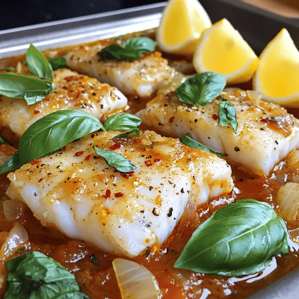 Für das Rezept benötigst du einige frische und einfache Zutaten. Hier ist die Liste: - 4 Kabeljaufilets (je etwa 170 g) - 2 Esslöffel Olivenöl - 1 Zwiebel, fein gehackt - 3 Knoblauchzehen, zerdrückt - 1 Dose (400 g) gehackte Tomaten - 1 Teelöffel getrockneter Oregano - 1 Teelöffel getrocknetes Basilikum - ½ Teelöffel rote Pfefferflocken (nach Geschmack anpassen) - Salz und Pfeffer nach Geschmack - Frische Basilikumblätter zur Dekoration - Zitronenschnitze zum Servieren Diese Zutaten bringen den mediterranen Geschmack auf deinen Teller. Die Gewürze und Kräuter sind wichtig für den Geschmack. Sie heben den Kabeljau hervor. Ich verwende: - Getrockneter Oregano: Er gibt der Soße einen herzhaften Geschmack. - Getrocknetes Basilikum: Es bringt Frische und passt gut zu Tomaten. - Rote Pfefferflocken: Sie fügen eine leichte Schärfe hinzu. Du kannst die Menge nach deinem Geschmack anpassen. Mit diesen Gewürzen wird dein Gericht besonders aromatisch. Für die Zubereitung brauchst du einige Küchenutensilien. Hier sind die wichtigsten: - Eine große Pfanne: Ideal zum Anbraten und Köcheln der Soße. - Ein Kochlöffel: Damit rührst du die Zutaten gut um. - Ein Schneidebrett und ein scharfes Messer: Für das Hacken von Zwiebeln und Knoblauch. Diese Utensilien helfen dir, die Schritte einfach umzusetzen. Du findest das vollständige Rezept in der [Full Recipe]. Zuerst wasche die Kabeljaufilets unter kaltem Wasser. Tupfe sie dann vorsichtig mit einem Küchentuch trocken. Würze beide Seiten mit Salz und Pfeffer. So wird der Geschmack besser. Erhitze das Olivenöl in einer großen Pfanne bei mittlerer Hitze. Füge die gehackte Zwiebel hinzu und brate sie etwa fünf Minuten lang, bis sie glasig ist. Danach gib den zerdrückten Knoblauch dazu. Brate ihn für eine weitere Minute, bis er duftet. Gib die Dose mit gehackten Tomaten in die Pfanne. Füge auch den Saft aus der Dose hinzu. Streue getrockneten Oregano, getrocknetes Basilikum und rote Pfefferflocken hinein. Mische alles gut und lasse die Soße fünf bis sieben Minuten köcheln. Schmecke sie nach Belieben mit Salz und Pfeffer ab. Lege die gewürzten Kabeljaufilets vorsichtig in die Pfanne. Löffle etwas von der Soße über jedes Filet. Decke die Pfanne ab und gare den Kabeljau acht bis zehn Minuten. Er ist fertig, wenn er undurchsichtig ist und sich leicht zerteilen lässt. Gib die Kabeljaufilets auf Teller und löffle die Tomaten-Basilikum-Soße darüber. Garniere das Gericht mit frischen Basilikumblättern. Serviere es mit Zitronenschnitzen. Du kannst das Gericht auf einer großen Platte für ein Buffet anrichten oder auf individuellen Tellern für jeden Gast. Für das vollständige Rezept, schau dir den Full Recipe an. Um den besten mediterranen Kabeljau zu machen, gibt es ein paar einfache Tipps. Achte darauf, frische Zutaten zu nutzen. Frische Kräuter bringen viel Geschmack. Ich empfehle, die Zwiebeln und den Knoblauch bei mittlerer Hitze zu braten. So werden sie weich und aromatisch. Wenn du die Soße machst, lass sie gut köcheln. Dadurch verbinden sich die Aromen besser. - Verwende kaltes Wasser, um den Kabeljau zu reinigen. - Würze die Filets gleichmäßig mit Salz und Pfeffer. - Decke die Pfanne beim Garen ab, damit der Fisch gleichmäßig durchgärt. Es gibt einige Fehler, die du vermeiden solltest. Ein häufiger Fehler ist, den Fisch zu lange zu garen. Kabeljau wird schnell trocken, wenn du ihn überkochst. Achte darauf, dass der Fisch nicht mehr glänzt, wenn er fertig ist. Ein anderer Fehler ist, die Soße nicht genug zu würzen. Probier die Soße und passe den Geschmack nach deinem Wunsch an. - Überprüfe die Garzeit genau. - Schmecke die Soße, bevor du sie servierst. - Verwende zu viel Hitze beim Braten. Du kannst die Soße ganz nach deinem Geschmack anpassen. Zum Beispiel, füge mehr Gemüse hinzu, wie Paprika oder Zucchini. Das gibt der Soße mehr Textur und Farbe. Auch frische Tomaten machen die Soße noch leckerer. Du kannst die getrockneten Kräuter durch frische ersetzen. - Probiere andere Kräuter wie Thymian oder Petersilie. - Füge Oliven oder Kapern für einen salzigen Kick hinzu. - Ersetze Kabeljau durch andere Fische wie Lachs oder Heilbutt. Für die genauen Schritte und Mengen empfehle ich den Full Recipe. {{image_4}} Der mediterrane Kabeljau passt gut zu vielen Gemüsesorten. Du kannst Zucchini, Paprika oder Auberginen hinzufügen. Diese Gemüse bringen Farbe und Geschmack ins Gericht. Schneide sie in kleine Stücke und brate sie zusammen mit Zwiebeln und Knoblauch an. So erhältst du mehr Textur und Nährstoffe. Frische Tomaten sind eine tolle Alternative zu Dosen-Tomaten. Sie geben der Soße einen frischen Geschmack. Du kannst 500 g reife Tomaten verwenden. Schneide sie klein und füge sie der Pfanne hinzu. Koche sie, bis sie weich sind. So entsteht eine leckere, hausgemachte Soße. Wenn du keinen Kabeljau magst, sind andere Fische eine gute Wahl. Du kannst zum Beispiel Barsch oder Forelle verwenden. Diese Fische haben auch einen milden Geschmack. Achte darauf, die Garzeit anzupassen. Ein festerer Fisch könnte etwas länger brauchen. So bleibt das Gericht lecker und zart. Für das vollständige Rezept schaue dir die [Full Recipe] an. Um die Reste von deinem mediterranen Kabeljau mit Tomaten-Basilikum-Soße frisch zu halten, nutze luftdichte Behälter. Lass die Soße zuerst abkühlen, bevor du sie in den Behälter gibst. Stelle sicher, dass der Kabeljau gut bedeckt ist. So bleibt er saftig und lecker. Du kannst die Reste bis zu drei Tage im Kühlschrank aufbewahren. Wenn du die Reste aufwärmst, achte darauf, sie gleichmäßig zu erhitzen. Das geht am besten in der Mikrowelle oder in einer Pfanne. Erhitze die Soße zuerst, bevor du den Kabeljau hinzufügst. So bleibt der Fisch zart. Du kannst die Reste bis zu drei Tage im Kühlschrank aufbewahren. Wenn du die Reste länger lagern möchtest, solltest du sie einfrieren. Um deinen Kabeljau einzufrieren, packe ihn in feste Behälter oder Gefrierbeutel. Stelle sicher, dass du die Luft herausdrückst, um Gefrierbrand zu vermeiden. Du kannst die Soße auch separat einfrieren. So kannst du die Portionen nach Bedarf aufwärmen. Der gefrorene Kabeljau bleibt bis zu drei Monate frisch. Achte darauf, ihn langsam im Kühlschrank oder in der Mikrowelle aufzutauen. Kabeljau braucht etwa 8 bis 10 Minuten zum Garen. Er ist fertig, wenn er undurchsichtig ist und sich leicht mit einer Gabel zerteilen lässt. Achte darauf, die Hitze nicht zu hoch zu stellen. So bleibt der Fisch saftig. Wenn du den Kabeljau zu lange garst, wird er trocken und zäh. Ja, du kannst die Sauce im Voraus zubereiten. Sie schmeckt sogar besser, wenn sie etwas steht. Koche die Sauce und lass sie abkühlen. Fülle sie dann in einen Behälter und stelle sie in den Kühlschrank. Du kannst die Sauce bis zu drei Tage aufbewahren. Erwärme sie einfach, bevor du den Kabeljau hinzufügst. Für mediterranen Kabeljau passen viele Beilagen gut. Hier sind einige Vorschläge: - Reis oder Quinoa - Gegrilltes Gemüse - Frischer Salat - Knoblauchbrot Diese Beilagen ergänzen den Geschmack und machen dein Gericht noch besser. Du kannst auch eine Kombination aus Beilagen wählen, um Abwechslung zu bieten. Mediterraner Kabeljau ist einfach zuzubereiten. Wir haben die Hauptzutaten und Utensilien besprochen. Die Schritt-für-Schritt-Anleitung hilft dir, den Fisch perfekt zu garen. Achte auf die Tipps, um häufige Fehler zu vermeiden. Variiere die Rezepte, um neue Geschmäcker zu entdecken. Außerdem kannst du Reste gut aufbewahren und einfrieren. Mit diesen Informationen bist du gut gerüstet, um mediterranen Kabeljau zu genießen. Probiere es aus und lass das Gericht zum Hit bei deinen Freunden werden!