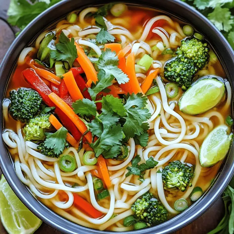 Die einfache Thai-Nudelsuppe hat frische, schmackhafte Zutaten. Hier sind die Hauptzutaten, die du brauchst: - 150g Reisnudeln - 1 Esslöffel Pflanzenöl - 2 Knoblauchzehen, gehackt - 1 Zoll Ingwer, geschält und gerieben - 1 kleine Zwiebel, dünn geschnitten - 1 Karotte, in Julienne geschnitten - 1 rote Paprika, dünn geschnitten - 200g Brokkoliröschen - 3 Tassen Gemüsebrühe - 1 Esslöffel Sojasauce - 1 Esslöffel Limettensaft - 1 Esslöffel Kokosblütenzucker (oder brauner Zucker) - Frischer Koriander zur Garnitur - Geschnittene Frühlingszwiebeln zur Garnitur - Limettenviertel zum Servieren Diese Zutaten geben der Suppe viel Geschmack und Textur. Die Kombination aus Gemüse und Brühe sorgt für eine nahrhafte und gesunde Mahlzeit. Wenn du keine bestimmten Zutaten hast, kannst du sie leicht ersetzen. Hier sind einige Alternativen: - Statt Reisnudeln kannst du auch Udon-Nudeln oder Glasnudeln verwenden. - Verwende anderes Gemüse wie Zucchini oder Erbsen. - Anstelle von Gemüsebrühe kannst du Hühnerbrühe oder Pilzbrühe nehmen. - Kokosblütenzucker kann durch Honig oder Agavendicksaft ersetzt werden. Diese Alternativen sind einfach zu finden. Sie helfen dir, die Suppe nach deinem Geschmack anzupassen. Wenn du die besten Zutaten für deine Thai-Nudelsuppe wählst, achte auf Frische und Qualität. Hier sind einige Tipps: - Kaufe frisches Gemüse. Achte auf leuchtende Farben und feste Texturen. - Wähle Reisnudeln, die nicht brüchig sind. Sie sollten glatt und weich sein. - Achte auf den Geschmack der Brühe. Probiere sie vor dem Kochen. - Verwende frische Kräuter wie Koriander. Sie bringen einen tollen Geschmack. Mit diesen Tipps wählst du die besten Zutaten für eine köstliche Suppe. So wird deine einfache Thai-Nudelsuppe ein Hit! Wenn du die genauen Mengen wissen willst, schau dir das [Full Recipe] an. Beginne mit den Reisnudeln. Koche sie nach den Anweisungen auf der Packung. Nach dem Kochen, lasse sie abtropfen. Spüle die Nudeln mit kaltem Wasser ab. Das verhindert, dass sie zusammenkleben. Lege die Nudeln beiseite. Erhitze das Pflanzenöl in einem großen Topf bei mittlerer Hitze. Füge die gehackten Knoblauchzehen und den geriebenen Ingwer hinzu. Brate sie etwa 1–2 Minuten an. Der Duft sollte jetzt in der Luft sein. Danach gib die geschnittene Zwiebel, die Karotte, die rote Paprika und die Brokkoliröschen in den Topf. Brate das Gemüse etwa 5 Minuten lang. Es sollte leicht zart, aber noch leuchtend sein. Gieße die Gemüsebrühe in den Topf. Füge die Sojasauce, den Limettensaft und den Kokosblütenzucker hinzu. Rühre gut um und bringe die Suppe zum Kochen. Reduziere die Hitze und lasse die Suppe 10 Minuten köcheln. So verbinden sich die Aromen gut. Füge die gekochten Reisnudeln hinzu und rühre vorsichtig um. Lass die Nudeln 2–3 Minuten in der heißen Suppe erwärmen. Probier die Suppe und passe die Gewürze an. Serviere die heiße Suppe in Schalen. Garniere sie mit frischem Koriander, geschnittenen Frühlingszwiebeln und Limettenvierteln. Für das vollständige Rezept schaue dir den Abschnitt Einfache Thai-Nudelsuppe an. Ein häufiger Fehler ist, die Nudeln zu lange zu kochen. Das macht sie matschig. Achte darauf, die Reisnudeln nur kurz zu garen. Spüle sie danach mit kaltem Wasser ab, um den Kochprozess zu stoppen. Ein weiterer Fehler ist, das Gemüse zu lange zu braten. Es sollte knackig bleiben. Brate das Gemüse nur so lange, bis es leicht zart ist, aber die Farben noch leuchten. Jeder hat andere Geschmäcker. Du kannst die Gewürze anpassen. Wenn du es schärfer magst, füge mehr Chili hinzu. Magst du es süßer? Dann gib mehr Kokosblütenzucker dazu. Limettensaft bringt Frische. Probiere die Suppe, während du die Gewürze anpasst. So findest du die perfekte Balance für deinen Geschmack. Die Präsentation macht viel aus. Serviere die Suppe in tiefen Schalen. Garniere sie mit frischem Koriander und geschnittenen Frühlingszwiebeln. Ein paar Limettenviertel an die Seite legen, sieht gut aus und bringt mehr Geschmack. Diese einfachen Schritte machen die Suppe nicht nur lecker, sondern auch ansprechend. Du kannst mehr Details und Schritte in der [Full Recipe] finden. {{image_4}} Die einfache Thai-Nudelsuppe lässt sich leicht anpassen. Für eine vegetarische oder vegane Variante können Sie Tofu statt Fleisch verwenden. Tofu hat eine tolle Textur und nimmt die Aromen gut auf. Grillen Sie den Tofu zuerst, um mehr Geschmack zu verleihen. Außerdem können Sie die Brühe durch Gemüsebrühe ersetzen, um den veganen Geschmack zu intensivieren. Wenn Sie mehr Protein in Ihre Suppe einfügen wollen, gibt es viele Optionen. Garnelen oder Hähnchenbrust sind gute Ergänzungen. Kochen Sie sie einfach in der Brühe, bis sie gar sind. Auch Kichererbsen sind eine tolle Wahl. Sie geben der Suppe eine nahrhafte Note und passen gut zu den Aromen. Das Gemüse in der Suppe kann je nach Saison variieren. Im Frühling sind Spargel und Erbsen frisch und lecker. Im Winter sind Grünkohl und Kürbis perfekte Ergänzungen. Wählen Sie saisonale Zutaten, um den besten Geschmack zu erzielen. So bleibt die Suppe nicht nur frisch, sondern auch gesund und nahrhaft. Für das vollständige Rezept besuchen Sie den [Full Recipe]. Suppe ist einfach zu lagern. Lassen Sie die Suppe abkühlen, bevor Sie sie aufbewahren. Verwenden Sie einen luftdichten Behälter. Stellen Sie sicher, dass der Deckel fest sitzt. So bleibt die Suppe frisch und lecker. Um die Suppe wieder aufzuwärmen, geben Sie sie in einen Topf. Fügen Sie etwas Wasser oder Brühe hinzu, um die Konsistenz zu verbessern. Erhitzen Sie die Suppe bei mittlerer Hitze. Rühren Sie oft um, damit nichts anbrennt. Sie können auch die Mikrowelle nutzen. Erwärmen Sie die Suppe in einer mikrowellengeeigneten Schüssel. Decken Sie die Schüssel mit einem Deckel oder einem feuchten Tuch ab. Im Kühlschrank hält die Suppe 3 bis 4 Tage. Achten Sie darauf, sie in einem luftdichten Behälter zu lagern. Wenn Sie die Suppe länger aufbewahren möchten, frieren Sie sie ein. Im Gefrierschrank bleibt die Suppe 2 bis 3 Monate frisch. Denken Sie daran, die Suppe in Portionen einzufrieren. So können Sie einfach die gewünschte Menge auftauen. Für die besten Ergebnisse, verwenden Sie den [Full Recipe] als Grundlage. Die Zubereitung dieser Suppe dauert etwa 30 Minuten. Die Hauptzeit geht für das Schneiden der Zutaten und das Kochen der Brühe drauf. Wenn du alles vorbereitet hast, kocht die Suppe schnell. Du kannst sie in weniger als 15 Minuten fertig haben, wenn die Zutaten bereit sind. Ja, du kannst die Nudeln im Voraus zubereiten. Koche sie nach Anleitung und spüle sie dann mit kaltem Wasser ab. Lagere sie in einem Behälter im Kühlschrank. Achte darauf, sie gut abzutrocknen, damit sie nicht zusammenkleben. Füge sie kurz vor dem Servieren zur heißen Brühe hinzu. So bleiben sie frisch und lecker. Um die Suppe würziger zu machen, füge mehr Sojasauce hinzu. Du kannst auch frischen Chili oder Chili-Paste verwenden. Ein Spritzer Sambal Oelek bringt eine schöne Schärfe. Probiere, die Gewürze nach deinem Geschmack anzupassen. Ein zusätzlicher Schuss Limettensaft kann die Aromen verstärken. Experimentiere gern, bis du deine perfekte Mischung findest. Die Thai-Nudelsuppe ist einfach und lecker. Sie setzt auf frische Zutaten, die du leicht finden kannst. Ich habe die Schritte zur Zubereitung klar erklärt, von der Vorbereitung bis zum Anrichten. Achte darauf, häufige Fehler zu vermeiden und passe die Aromen nach deinem Geschmack an. Wenn du kreativ bist, probiere verschiedene Variationen aus. Denke auch an die Aufbewahrung, um die Suppe frisch zu halten. Genieße deine selbstgemachte Thai-Nudelsuppe und teile sie mit Freunden!