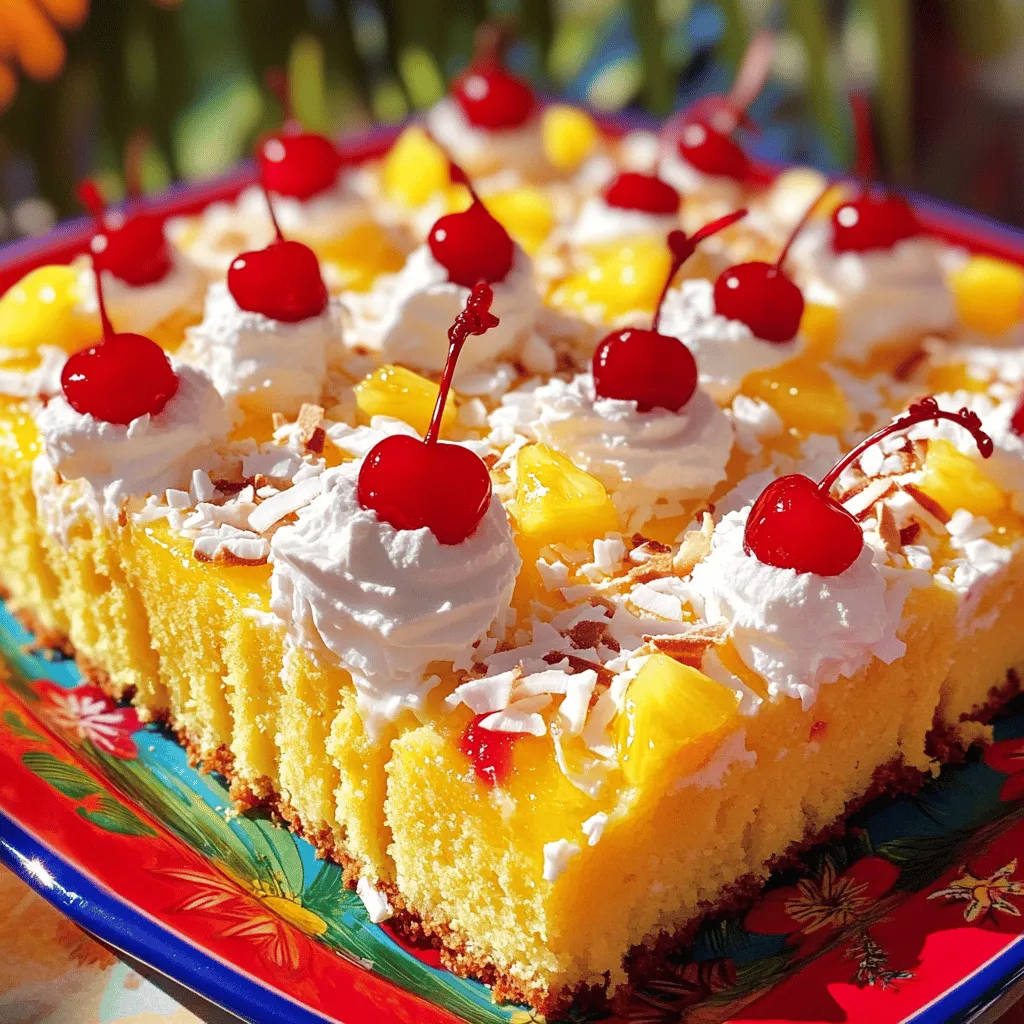 - 1 Packung gelber Kuchenmix - 3 große Eier - 1 Tasse Kokosmilch (aus der Dose) Diese Zutaten sind die Basis für deinen Poke Cake. Der gelbe Kuchenmix macht die Zubereitung einfach. Die Eier sorgen für die Bindung und die Kokosmilch gibt dem Kuchen einen tollen Geschmack. - 1 Tasse Ananassaft (1/4 Tasse zum Topping zurückbehalten) - 1 Tasse gesüßete Kokosraspeln Die Füllung bringt das tropische Gefühl in deinen Kuchen. Der Ananassaft macht ihn saftig und süß. Die Kokosraspeln sorgen für einen schönen Biss und passen perfekt zum Ananasgeschmack. - 1/2 Tasse Schlagsahne - 2 Esslöffel Puderzucker - 1/2 Tasse Maraschino-Kirschen zum Dekorieren - Keks-Kokosflocken zur Garnitur Das Topping ist der letzte Schliff. Schlagsahne und Puderzucker machen es süß und cremig. Die Kirschen und Kokosflocken geben Farbe und Textur. So wird dein Poke Cake nicht nur lecker, sondern sieht auch toll aus. - Heize den Ofen auf 175°C (350°F) vor. - Fette eine 9x13 Zoll große Backform ein. Zuerst ist es wichtig, den Ofen rechtzeitig aufzuwärmen. Das hilft, den Kuchen gleichmäßig zu backen. Stelle sicher, dass die Backform gut gefettet ist. So bleibt der Kuchen nicht kleben und lässt sich leicht herausnehmen. - Vermenge die Zutaten in einer großen Schüssel. - Gieße den Teig in die Backform. Nimm eine große Schüssel und füge die Zutaten hinzu: gelber Kuchenmix, Eier, Kokosmilch, Pflanzenöl und Ananassaft. Rühre alles gut um, bis die Mischung glatt ist. Achte darauf, keine Klumpen zu lassen. Gieße dann den fertigen Teig in die vorbereitete Backform. - Beachte die Backzeit und überprüfe die Garheit. - Steche Löcher in den Kuchen und füge die Füllung hinzu. Backe den Kuchen für 25-30 Minuten. Überprüfe ihn mit einem Zahnstocher. Wenn der Zahnstocher sauber herauskommt, ist der Kuchen fertig. Lass ihn nach dem Backen etwa 10 Minuten in der Form abkühlen. Dann benutze eine Gabel, um gleichmäßig Löcher in die Oberseite des Kuchens zu stechen. Diese Löcher helfen, die köstliche Füllung aufzunehmen. Um die beste Konsistenz für Ihren Poke Cake zu erreichen, müssen Sie die Backzeit und die Temperatur gut kontrollieren. Heizen Sie den Ofen immer vor, damit der Kuchen gleichmäßig backt. Backen Sie den Kuchen für 25 bis 30 Minuten. Überprüfen Sie die Garheit mit einem Zahnstocher. Stechen Sie ihn in die Mitte. Kommt er sauber heraus, ist der Kuchen fertig. Für mehr Geschmack können Sie Vanilleextrakt hinzufügen. Ein Teelöffel reicht oft aus. Sie können auch verschiedene Fruchtsäfte verwenden. Zum Beispiel passen Erdbeersaft oder Orangensaft gut zum Poke Cake. Diese Aromen bringen einen neuen Twist in Ihr Rezept. Die Dekoration Ihres Poke Cakes macht ihn besonders. Verwenden Sie frische Früchte wie Erdbeeren oder Kiwi. Diese bringen Farbe und Geschmack. Essbare Blumen sind auch eine kreative Möglichkeit zur Dekoration. Sie machen den Kuchen elegant und ansprechend. Denken Sie daran, dass das Auge mitisst! {{image_4}} Poke Cakes sind toll, weil du sie leicht anpassen kannst. Du kannst verschiedene Früchte nutzen. Erdbeeren und Himbeeren sind leckere Optionen. Du kannst auch eine Mischung aus verschiedenen Früchten verwenden. Dies gibt dem Kuchen einen bunten Look. Für eine süße Note kannst du Schokoladensauce als Topping verwenden. Das gibt dem Kuchen einen rich-tigen Schokoladengeschmack, der gut zu vielen Früchten passt. Es gibt viele Alternativen zum gelben Kuchenmix. Du kannst auch Schokoladenkuchen oder Vanillekuchen verwenden. Wenn du glutenfrei bist, gibt es spezielle glutenfreie Kuchenmischungen. Diese funktionieren sehr gut in Poke Cakes. Vegane Optionen sind ebenfalls einfach. Ersetze die Eier durch Apfelmus oder eine Banane. Verwende pflanzliche Milch anstelle von Kuhmilch. Poke Cakes sind perfekt für Feiertage oder besondere Anlässe. Du kannst die Zutaten je nach Saison ändern. Im Sommer sind frische Beeren ideal. Im Herbst passen Äpfel und Zimt gut. Für den Winter kannst du festliche Gewürze wie Muskatnuss hinzufügen. Nutze saisonale Früchte, um den Kuchen frisch und spannend zu halten. Das macht jeden Biss besonders. Bewahren Sie Ihren Poke Cake im Kühlschrank auf. Legen Sie ihn in einen luftdichten Behälter. So bleibt er frisch. Der Kuchen hält sich bis zu fünf Tage. Achten Sie darauf, dass er gut abgedeckt ist. Dies hilft, den Geschmack zu erhalten. Sie können den Poke Cake einfrieren. Schneiden Sie ihn in Stücke, bevor Sie ihn einfrieren. Wickeln Sie jedes Stück in Frischhaltefolie ein. Dies schützt den Kuchen vor Frostschäden. Zum Auftauen legen Sie die Stücke einfach in den Kühlschrank. Lassen Sie sie über Nacht auftauen. Servieren Sie ihn kalt oder bei Raumtemperatur. Um schnelle Verderblichkeit zu vermeiden, benutzen Sie frische Zutaten. Achten Sie auf das Haltbarkeitsdatum von Milch und Sahne. Lagern Sie den Kuchen an einem kühlen Ort. Vermeiden Sie direkte Sonneneinstrahlung. So bleibt er länger frisch. Verwenden Sie bei der Zubereitung saubere Utensilien. Das verhindert eine Kontamination. Ein Poke Cake bleibt im Kühlschrank etwa 3 bis 5 Tage frisch. Um die Qualität zu sichern, decken Sie den Kuchen gut ab. Verwenden Sie Frischhaltefolie oder einen luftdichten Behälter. So bleibt der Kuchen feucht und lecker. Achten Sie darauf, ihn nicht zu lange stehen zu lassen, um einen trockenen Kuchen zu vermeiden. Ja, Sie können einen Poke Cake einfrieren. Schneiden Sie den Kuchen in Stücke, um ihn einfacher zu lagern. Wickeln Sie die Stücke in Frischhaltefolie und legen Sie sie in einen Gefrierbeutel. So bleibt der Kuchen bis zu 3 Monate frisch. Zum Auftauen lassen Sie ihn einfach über Nacht im Kühlschrank. So wird er wieder weich und lecker. Es gibt viele tolle Aromen für Poke Cakes. Versuchen Sie Erdbeeren oder Himbeeren für einen fruchtigen Geschmack. Sie können auch Schokoladen- oder Vanillepudding verwenden. Diese Aromen passen gut zu verschiedenen Kuchenmischungen. Experimentieren Sie mit verschiedenen Fruchtsäften für neue Geschmäcker! Um einen schokoladigen Poke Cake zu machen, verwenden Sie Schokoladenkuchenmix. Fügen Sie Schokoladensirup oder Pudding zur Füllung hinzu. Das gibt dem Kuchen einen reichen, schokoladigen Geschmack. Streuen Sie Schokoladenstückchen oben drauf für zusätzlichen Genuss. So wird jeder Biss besonders schokoladig. Sie können die vollständige Rezeptanleitung für den tropischen Poke Cake in der [Full Recipe] finden. Dort sind alle Schritte und Zutaten aufgelistet. So gelingt Ihnen dieser leckere Kuchen ganz einfach! Zusammengefasst haben wir die Zutaten und Schritte für einen köstlichen Poke Cake betrachtet. Wir begannen mit den Hauptzutaten und Füllungen, gefolgt von der Zubereitung und Backanleitung. Tipps zur perfekten Konsistenz und verschiedene Varianten runden das Rezept ab. Mit dieser Anleitung wird dein Kuchen zu einem neuen Favoriten. Experimentiere mit Früchten und Aromen, um ihn ganz nach deinem Geschmack zu gestalten. Gute Backergebnisse sind garantiert!
