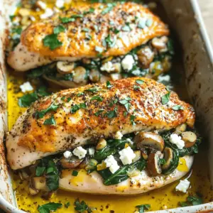 Für dieses Rezept benötigst du einige frische Zutaten. Du brauchst 4 Hühnerbrustfilets. Dann sind 250 g Champignons wichtig, fein gehackt. Eine kleine Zwiebel, gewürfelt, bringt Geschmack. 2 gepresste Knoblauchzehen geben ein tolles Aroma. 100 g frischer oder gefrorener Spinat sind ebenfalls nötig. Du solltest auch 100 g zerbröckelten Fetakäse bereitstellen. Außerdem kommen 1 Teelöffel getrockneter Oregano und 1 Teelöffel geräucherte Paprika dazu. 2 Esslöffel Olivenöl, Salz und Pfeffer sind die letzten Zutaten. Frische Petersilie nutzt du zur Dekoration.