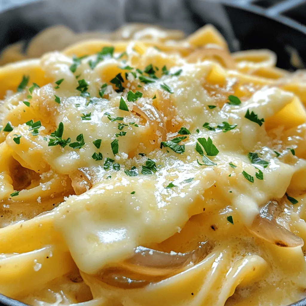 Für dieses Gericht brauchst du einige einfache Zutaten. Hier sind die Hauptbestandteile: - 340 g Fettuccine oder Linguine - 2 große Zwiebeln, dünn geschnitten - 4 Knoblauchzehen, fein gehackt - 2 Esslöffel Olivenöl - 960 ml Gemüsebrühe - 1 Esslöffel Balsamico-Essig - 1 Teelöffel Zucker - 1 Teelöffel Thymian (getrocknet oder frisch) - 240 ml Sahne (oder eine pflanzliche Alternative) - 100 g geriebener Gruyère-Käse (oder Käse nach Wahl) - Salz und Pfeffer nach Geschmack - Gehackte Petersilie zum Garnieren (optional) Diese Zutaten sorgen für den tollen Geschmack. Du kannst die Zutaten leicht anpassen. Wenn du keine Fettuccine hast, nimm einfach Linguine oder eine andere Pasta. Anstelle von Gruyère-Käse kannst du auch Mozzarella oder Parmesan verwenden. Für eine vegane Version kannst du die Sahne durch eine pflanzliche Sahne ersetzen. Du kannst auch den Käse weglassen oder einen veganen Käse verwenden. Der Balsamico-Essig kann durch Apfelessig ersetzt werden. Frische Zutaten machen einen großen Unterschied. Wähle Zwiebeln, die fest und glänzend sind. Vermeide solche, die weich oder schimmelig sind. Die Knoblauchzehen sollten fest und ohne grüne Triebe sein. Beim Käse achte darauf, dass er frisch ist. Wenn du Gemüsebrühe kaufst, achte auf Bio-Qualität. Das sorgt für den besten Geschmack in deinem Gericht. Mit diesen Tipps wird dein One Pot French Onion Pasta noch besser. Du wirst es lieben! Zuerst erhitzt du einen großen Topf bei mittlerer Hitze. Gib das Olivenöl hinzu. Wenn das Öl heiß ist, kommen die geschnittenen Zwiebeln in den Topf. Brate die Zwiebeln etwa 10 bis 12 Minuten lang. Rühre sie gelegentlich um. Sie sollten karamellisiert und goldbraun sein. Danach fügst du den gehackten Knoblauch hinzu. Brate ihn 1 bis 2 Minuten mit, bis er duftet. Streue dann den Zucker über die Zwiebeln. Das hilft, die Zwiebeln noch süßer zu machen. Rühre alles gut um, um die Zwiebeln zu verfeinern. Jetzt gießt du die Gemüsebrühe und den Balsamico-Essig in den Topf. Füge auch den Thymian hinzu. Rühre alles gut durch, damit sich die Aromen verbinden. Bringe die Mischung zum sanften Kochen. Dann kommt die Fettuccine oder Linguine in den Topf. Reduziere die Hitze auf niedrig und lasse die Pasta etwa 10 bis 12 Minuten köcheln. Rühre gelegentlich um. Die Pasta sollte al dente sein und die meiste Flüssigkeit aufnehmen. Jetzt rührst du die Sahne und den geriebenen Käse in die Pasta. Rühre weiter, bis alles geschmolzen und cremig ist. Würze das Gericht mit Salz und Pfeffer nach deinem Geschmack. Lass die Pasta noch 2 bis 3 Minuten köcheln, bis sie gut durchgewärmt ist. Nimm den Topf vom Herd. Wenn du magst, garniere die Pasta mit gehackter Petersilie. Serviere sie warm. Für mehr Details, schau dir das [Full Recipe] an. Um den Geschmack deiner One Pot French Onion Pasta zu verbessern, kannst du ein paar einfache Tricks anwenden. Verwende frische Kräuter wie Thymian oder Rosmarin. Diese Kräuter bringen frische Aromen in das Gericht. Ein Spritzer Zitronensaft kurz vor dem Servieren kann die Aromen aufhellen. Du kannst auch gebratene Zwiebeln oder Schalotten hinzufügen, um mehr Tiefe zu erzeugen. Ein wenig Worcestersauce kann auch einen herzhaften Kick geben. Ein häufiger Fehler ist, die Zwiebeln nicht lange genug zu braten. Sie sollten goldbraun und karamellisiert sein. Das gibt dem Gericht seinen charakteristischen Geschmack. Achte darauf, die Pasta gut zu rühren, damit sie nicht zusammenklebt. Wenn du die Hitze zu hoch stellst, kann die Flüssigkeit schnell verdampfen. Halte die Hitze niedrig, damit die Pasta gleichmäßig gart. Überprüfe die Konsistenz regelmäßig, um sicherzustellen, dass die Pasta al dente bleibt. Es gibt viele Möglichkeiten, deine Pasta zu variieren. Du kannst gebratenes Gemüse wie Spinat oder Pilze hinzufügen. Diese geben nicht nur Geschmack, sondern auch Farbe und Nährstoffe. Wenn du es würziger magst, füge etwas rote Paprika oder Chili-Flocken hinzu. Für einen zusätzlichen Käsegeschmack kannst du verschiedene Käsesorten ausprobieren, wie Parmesan oder Pecorino. Diese Ergänzungen halten das Gericht spannend und lecker. Für das vollständige Rezept, schau dir den [Full Recipe] an. {{image_4}} Wenn du eine vegetarische oder vegane Version machen möchtest, ist das ganz einfach. Statt Sahne kannst du eine pflanzliche Sahne verwenden. Nutze auch veganen Käse, um den cremigen Geschmack zu erhalten. Achte darauf, dass die Gemüsebrühe keine tierischen Produkte enthält. Diese Anpassungen machen das Gericht zu einer köstlichen Option für alle. Für Menschen mit Glutenunverträglichkeit gibt es gute Alternativen. Du kannst glutenfreie Pasta verwenden. Es gibt viele Marken, die Pasta aus Reis oder Linsen anbieten. Achte darauf, die Kochzeit entsprechend anzupassen. So kannst du das Gericht genießen, ohne dir Sorgen zu machen. Das Schöne an One Pot French Onion Pasta ist die Flexibilität. Du kannst verschiedene Käsearten ausprobieren. Statt Gruyère kannst du Emmentaler oder sogar Feta verwenden. Auch das Hinzufügen von frischen Kräutern wie Basilikum oder Schnittlauch bringt neue Aromen. Experimentiere mit verschiedenen Gemüsesorten, wie Pilzen oder Spinat, um mehr Textur und Geschmack zu erhalten. Um One Pot French Onion Pasta frisch zu halten, lagere sie in einem luftdichten Behälter. Stelle sicher, dass der Behälter gut verschlossen ist. Dies hilft, Feuchtigkeit und Gerüche fernzuhalten. Die Pasta kann so im Kühlschrank aufbewahrt werden. Wenn du die Pasta wieder aufwärmen möchtest, gibt es einfache Methoden. Die beste Methode ist, die Pasta in einem Topf bei niedriger Hitze zu erhitzen. Füge etwas Brühe oder Wasser hinzu, um die Cremigkeit wiederherzustellen. Rühre häufig, damit die Pasta gleichmäßig warm wird. Du kannst auch die Mikrowelle nutzen. Stelle sicher, dass du sie in kurzen Intervallen erhitzt und zwischendurch umrührst. Die Pasta hält sich im Kühlschrank etwa 3 bis 4 Tage. Wenn du sie länger aufbewahren möchtest, kannst du sie einfrieren. Im Gefrierfach bleibt die Pasta bis zu 3 Monate frisch. Um die beste Qualität zu behalten, sollte die Pasta gut verpackt sein. Wenn du sie einfrierst, teile sie in Portionen auf. So kannst du bei Bedarf die richtige Menge auftauen. Um die Pasta cremiger zu machen, füge mehr Sahne hinzu. Du kannst auch Frischkäse verwenden. Rühre ihn gut ein, um eine schöne, glatte Textur zu erhalten. Eine weitere Option ist, die Hitze nach dem Hinzufügen der Sahne leicht zu erhöhen. So bleibt die Pasta warm und die Sauce wird cremiger. Zu One Pot French Onion Pasta passen viele Beilagen gut. Ein einfacher grüner Salat ist frisch und leicht. Dazu passt ein knuspriges Baguette, ideal zum Dippen. Auch gebratene Gemüse sind eine gute Wahl. Sie bringen Farbe und Nährstoffe auf den Tisch. Ja, du kannst das Rezept im Voraus zubereiten. Koche die Pasta und die Sauce wie beschrieben. Lass sie dann abkühlen und stelle sie in den Kühlschrank. Wenn du bereit bist zu essen, erwärme die Mischung langsam in einem Topf. Füge etwas Wasser oder Brühe hinzu, um die Konsistenz zu verbessern. So bleibt das Gericht lecker und frisch. One Pot French Onion Pasta ist einfach und lecker. Wir haben die Hauptzutaten, Alternativen und frische Auswahl besprochen. Die Schritt-für-Schritt-Anleitung macht das Kochen leicht. Tipps helfen, den Geschmack zu verbessern und Fehler zu vermeiden. Varianten bieten viele Optionen, zum Beispiel vegetarisch oder glutenfrei. Schließlich sind die Aufbewahrungs- und Wiedererwärmungs-Hinweise hilfreich. Probiere das Rezept aus und genieße die Vielfalt! Kochen macht Spaß und ist auch einfach.