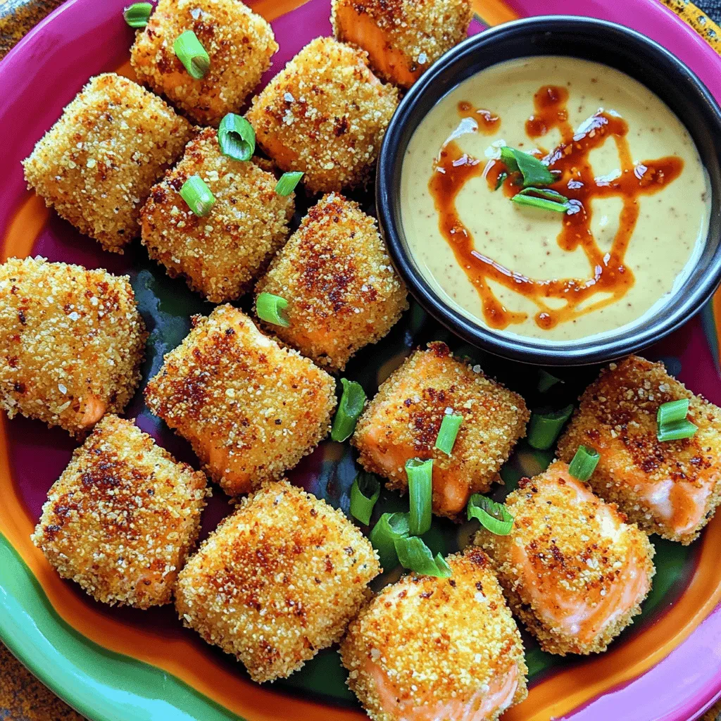 - Lachsfilet und deren Vorbereitung Für diese Häppchen brauchen Sie 450 g Lachsfilet. Schneiden Sie das Filet in kleine Würfel. Achten Sie darauf, die Haut zu entfernen. Tupfen Sie die Stücke mit einem Küchentuch trocken. Dies hilft, dass sie beim Frittieren knusprig werden. - Panko-Brösel und Weizenmehl Verwenden Sie 100 g Panko-Brösel für den perfekten Crunch. Panko ist leichter als normale Brösel und ergibt eine tolle Textur. Mischen Sie die Panko-Brösel mit Gewürzen. Für die Panade brauchen Sie auch 60 g Weizenmehl. Das Mehl hilft, dass die Brösel gut haften. - Gewürze und Öle Fügen Sie 1 Teelöffel Paprika und 1 Teelöffel Knoblauchpulver hinzu. Diese bringen viel Geschmack. Verwenden Sie auch 1/2 Teelöffel Salz und 1/4 Teelöffel schwarzen Pfeffer. Zum Frittieren benötigen Sie Pflanzenöl. Damit die Häppchen schön knusprig werden, stellen Sie sicher, dass das Öl heiß genug ist. - Mayonnaise, süße Chilisauce und Sriracha Für die Bang Bang Sauce brauchen Sie 80 g Mayonnaise, 45 g süße Chilisauce und 15 g Sriracha. Mischen Sie alles in einer kleinen Schüssel. Passen Sie die Schärfe nach Ihrem Geschmack an. Fügen Sie mehr Sriracha hinzu, wenn Sie es würziger mögen. - Garnierung mit Frühlingszwiebeln Schneiden Sie 2 Frühlingszwiebeln in Ringe. Diese bringen Farbe und Frische auf den Teller. Streuen Sie die Ringe über die Lachs Häppchen vor dem Servieren. Für die vollständige Zubereitung und Schritt-für-Schritt-Anleitung schauen Sie sich bitte das [Full Recipe] an. Tupfe die Lachswürfel zuerst mit Küchenpapier trocken. Das ist wichtig. Wenn der Lachs trocken ist, wird er beim Frittieren knusprig. Feuchtigkeit macht ihn matschig. Jetzt richtest du die Panierstation ein. Nimm drei Schüsseln. Fülle die erste mit Weizenmehl. Die zweite erhält die verquirlten Eier. In die dritte kommen die Panko-Brösel, Paprika, Knoblauchpulver, Salz und Pfeffer. Mische alles gut. Um den Lachs zu panieren, nimm einen Würfel. Wende ihn im Mehl. Tauche ihn dann in die Eier. Roll ihn schließlich in der Panko-Mischung. Drücke sanft, damit die Brösel gut haften. Wiederhole dies mit allen Würfeln. Jetzt kommt der spannende Teil. Erhitze in einer großen Pfanne genug Pflanzenöl. Das Öl sollte etwa 1/2 cm hoch sein. Lass es bei mittelhoher Hitze heiß werden, aber achte darauf, dass es nicht raucht. Füge vorsichtig die panierten Lachshäppchen in das heiße Öl. Frittierte sie in kleinen Mengen, um Platz zu lassen. Brate sie etwa 2-3 Minuten pro Seite. Sie sollten goldbraun und knusprig sein. Nimm sie mit einer Schaumkelle heraus und lege sie auf einen Teller mit Küchenpapier. So lässt du das überschüssige Öl abtropfen. Vergiss nicht, das gesamte Rezept zu befolgen, um die besten Ergebnisse zu erzielen! Um die perfekte Knusprigkeit zu erzielen, verwende ich Panko-Brösel. Diese japanischen Brösel sind groß und luftig. Sie machen deine Häppchen besonders knusprig. Normale Semmelbrösel sind nicht so effektiv. Panko gibt deinem Lachs das Extra an Crunch. Achte auch auf den optimalen Garzeitpunkt. Frittier die Häppchen 2-3 Minuten pro Seite. Sie sollten goldbraun sein. Lass sie nicht zu lange im Öl, sonst werden sie trocken. Überprüfe die Häppchen sorgfältig während des Frittierens. So bekommst du immer den besten Biss. Die Bang Bang Sauce ist einfach und lecker. Ich mache sie aus Mayonnaise, süßer Chilisauce und Sriracha. Diese Mischung ist cremig und hat einen tollen Kick. Du kannst die Schärfe leicht anpassen. Füge mehr Sriracha hinzu, wenn du es schärfer magst. Wenn du nach Alternativen suchst, probier Joghurt statt Mayonnaise. Das macht die Sauce leichter. Du kannst auch andere Chilisaucen verwenden, um neue Geschmäcker zu entdecken. Experimentiere mit verschiedenen Zutaten, um deine perfekte Sauce zu finden. Für das vollständige Rezept, schau dir die [Full Recipe] an. {{image_4}} Wenn Sie gesunde Alternativen suchen, probieren Sie das Backen statt Frittieren. Backen reduziert das Öl und macht die Häppchen leichter. Legen Sie die panierten Lachsstücke einfach auf ein Backblech und backen Sie sie bei 200 Grad Celsius etwa 15 Minuten. Dies gibt Ihnen eine knusprige Textur ohne zusätzliches Fett. Eine weitere Option ist, alternatives Fischfilet zu verwenden. Kabeljau oder Forelle sind gute Optionen. Diese Fische sind ebenso schmackhaft und leicht zu finden. Sie haben einen milden Geschmack und nehmen die Aromen gut auf. Um neue Geschmäcker zu entdecken, fügen Sie asiatische Gewürze hinzu. Ein Hauch von Ingwer oder Sesam kann das Gericht aufpeppen. Auch Sojasauce oder Teriyaki-Sauce geben einen tiefen Geschmack. Experimentieren Sie mit diesen Zutaten, um eine persönliche Note zu bekommen. Eine fruchtige Variante der Bang Bang Sauce kann ebenfalls spannend sein. Fügen Sie etwas Ananassaft oder Mango-Püree hinzu. Diese Zutaten sorgen für einen süßen Akzent und bringen Frische ins Spiel. Mischen Sie die Frucht gerne mit der klassischen Sauce, um einen neuen Twist zu kreieren. Sie finden die vollständige Anleitung und alle Zutaten im [Full Recipe]. Um die knusprigen Bang Bang Lachs Häppchen frisch zu halten, lagere ich sie im Kühlschrank. Hier sind einige einfache Tipps: - Lass die Häppchen zuerst auf Raumtemperatur abkühlen. - Lege sie in einen luftdichten Behälter. - Trenne die Sauce von den Häppchen, um sie knusprig zu halten. - Die Reste halten sich etwa 2 Tage im Kühlschrank. Wenn ich die Lachs Häppchen wieder aufwärme, möchte ich, dass sie knusprig bleiben. Hier sind die besten Methoden: - Heize den Ofen auf 180 Grad Celsius vor. - Lege die Häppchen auf ein Backblech und backe sie 10-15 Minuten. - Alternativ kannst du eine Pfanne verwenden. Erhitze etwas Öl und brate die Häppchen kurz an. - Vermeide die Mikrowelle, da sie die Häppchen weich macht. Diese Methoden helfen, die köstliche Textur und den Geschmack zu bewahren. Wenn du mehr über die Zubereitung erfahren möchtest, schau dir das Full Recipe an. Crispy Bang Bang Salmon Bites bleiben im Kühlschrank etwa 2 bis 3 Tage frisch. Lagern Sie sie in einem luftdichten Behälter. So bleiben sie knusprig und lecker. Wenn Sie sie länger aufbewahren möchten, frieren Sie die Häppchen ein. Im Gefrierschrank sind sie bis zu 3 Monate haltbar. Lassen Sie sie vor dem Essen auftauen und erhitzen Sie sie vorsichtig im Ofen. So bleibt die Knusprigkeit erhalten. Ja, die Bang Bang Sauce kann vegan sein. Ersetzen Sie die Mayonnaise durch eine pflanzliche Mayo oder eine Mischung aus Seidentofu und Zitronensaft. Süße Chilisauce ist meist vegan, aber überprüfen Sie die Zutaten. Für mehr Schärfe können Sie auch vegane Sriracha verwenden. Diese Anpassungen machen die Sauce cremig und lecker, ohne tierische Produkte. Zu den Crispy Bang Bang Salmon Bites passen viele Beilagen. Hier sind einige Ideen: - Reissalat: Ein frischer Reissalat mit Gurken und Avocado ist leicht und erfrischend. - Gemüsesticks: Karotten- und Selleriesticks mit Dip sind knackig und gesund. - Süßkartoffelpommes: Sie sind eine tolle, süße Ergänzung. - Asiatischer Coleslaw: Er bringt einen knackigen und würzigen Kontrast. - Dips: Servieren Sie zusätzlich Sojasauce oder eine Erdnusssauce für mehr Geschmack. Diese Beilagen ergänzen die Aromen der Häppchen. Sie machen jede Mahlzeit noch besser. In diesem Artikel haben wir die Zutaten für Crispy Bang Bang Salmon Bites und deren Zubereitung besprochen. Wir haben gelernt, wie wichtig die Hauptzutaten wie Lachs, Panko und Gewürze sind. Zudem haben wir die Schritte zum Frittieren und die besten Tipps für knusprige Häppchen behandelt. Mit Variationen und Aufbewahrungshinweisen kannst du dieses Gericht ganz nach deinem Geschmack anpassen. Probiere es aus und bringe neuen Schwung in deine Küche!