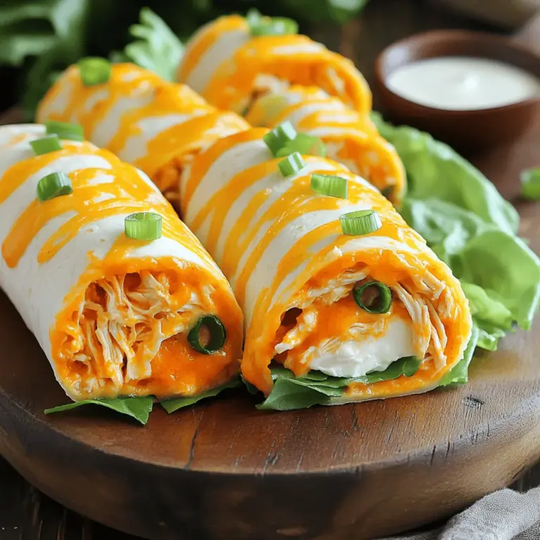 Um die besten Buffalo Chicken Tortilla Roll-Ups zuzubereiten, brauchst du die folgenden Zutaten: - 2 Tassen gekochtes Hähnchen, zerkleinert - 1/2 Tasse Buffalo-Sauce - 1/2 Tasse Frischkäse, weich - 1/2 Tasse geriebener Cheddar-Käse - 1/4 Tasse grüne Zwiebeln, gehackt - 4 große Weizentortillas - 1 Tasse Salat, zerkleinert - 1/4 Tasse Ranch-Dressing (optional zum Dippen) Diese Zutaten sind der Schlüssel zu einem leckeren Snack. Das zerkleinerte Hähnchen bringt Geschmack, während die Buffalo-Sauce für die Würze sorgt. Frischkäse und Cheddar-Käse machen die Füllung cremig. Um deinen Roll-Ups noch mehr Geschmack zu verleihen, kannst du einige zusätzliche Zutaten hinzufügen: - Gehackte Paprika oder Karotten für mehr Crunch - Jalapeños für etwas Schärfe - Avocado für eine cremige Note - Verschiedene Käsesorten wie Gouda oder Monterey Jack Diese Optionen machen deine Roll-Ups interessanter. Du kannst sie nach deinem Geschmack anpassen und experimentieren. Frische Zutaten sind immer am besten. Sie geben den Roll-Ups mehr Geschmack und Textur. Wenn du frisches Hähnchen verwendest, koche es zuerst. Zerkleinere es dann für die Füllung. Wenn du keine frischen Zutaten hast, kannst du auch gefrorene verwenden. Achte darauf, sie gut aufzutauen und abzutropfen. So bleibt die Füllung nicht zu feucht. Mit diesen Zutaten machst du die besten Buffalo Chicken Tortilla Roll-Ups. Du kannst das gesamte Rezept [Full Recipe] nachlesen, um alles im Detail zu sehen. Zuerst müssen wir das Hähnchen vorbereiten. Nehmen Sie 2 Tassen gekochtes Hähnchen und zerkleinern Sie es gut. Das zerkleinerte Hähnchen sollte gleichmäßig sein. Dann nehmen Sie 1/2 Tasse Buffalo-Sauce. Mischen Sie das Hähnchen und die Sauce in einer Schüssel. Rühren Sie gut um, bis das Hähnchen gleichmäßig bedeckt ist. Diese Mischung bringt den scharfen, würzigen Geschmack in die Roll-Ups. Jetzt machen wir die Frischkäsemischung. Nehmen Sie 1/2 Tasse weichen Frischkäse. Geben Sie diesen in eine andere Schüssel. Fügen Sie 1/2 Tasse geriebenen Cheddar-Käse hinzu. Mischen Sie beide Zutaten gut, bis die Mischung glatt ist. Diese Mischung wird cremig und lecker. Sie gibt den Roll-Ups eine tolle Textur. Legen Sie eine große Weizentortilla auf eine saubere Fläche. Verteilen Sie die Frischkäsemischung gleichmäßig darauf. Lassen Sie dabei einen Rand von etwa einem Zentimeter. In der Mitte der Tortilla platzieren Sie eine Handvoll zerkleinerten Salat. Danach fügen Sie eine Portion der Buffalo-Hähnchen-Mischung hinzu. Streuen Sie einige gehackte grüne Zwiebeln darüber. Jetzt rollen Sie die Tortilla vorsichtig von der Seite mit der Füllung auf. Tucken Sie die Ränder ein, um alles festzuhalten. Legen Sie die fertigen Roll-Ups mit der Nahtseite nach unten auf ein Schneidebrett. Wenn Sie möchten, stellen Sie die Roll-Ups für 15-30 Minuten in den Kühlschrank. Dies hilft, sie fest zu machen. Zum Servieren schneiden Sie jede Rolle in 2,5 cm große Stücke. Arrangieren Sie die Stücke auf einer Platte. Für einen extra Kick können Sie Ranch-Dressing zum Dippen bereitstellen. So genießen Sie die leckeren Buffalo Chicken Tortilla Roll-Ups! Um die besten Buffalo Chicken Tortilla Roll-Ups zu machen, achte auf die Füllung. Verwende gut zerkleinertes Hähnchen, damit es gleichmäßig verteilt ist. Mische die Buffalo-Sauce gründlich mit dem Hähnchen. So bekommt jeder Bissen den perfekten Kick. Der Frischkäse macht die Mischung cremig und lecker. Verteile die Mischung gleichmäßig auf der Tortilla. Lass immer einen Rand von einem Zentimeter frei. So bleibt die Füllung beim Rollen drin. Rolle die Tortilla straff, aber sanft. Tucke die Ränder ein, um ein Auslaufen zu vermeiden. Ein häufiger Fehler ist, zu viel Füllung zu verwenden. Das macht das Rollen schwer und die Tortilla kann reißen. Ein weiterer Fehler ist, die Tortillas nicht zu kühlen. Das Festigen im Kühlschrank hilft, die Roll-Ups stabil zu halten. Achte auch darauf, die Roll-Ups mit der Nahtseite nach unten auf das Brett zu legen. So bleibt alles an Ort und Stelle. Die Präsentation macht viel aus. Arrangiere die Roll-Ups schräg auf einer großen Platte. So sehen sie einladend aus. Garnieren mit gehackten grünen Zwiebeln bringt Farbe und Frische. Stelle eine kleine Schüssel mit Ranch-Dressing in die Mitte. Das lädt ein, die Roll-Ups zu dippen. Für noch mehr Wow-Effekt kannst du die Roll-Ups in kleine Stücke schneiden. So sind sie perfekt für Partys oder Snacks. Wenn du mehr über die Zubereitung erfahren möchtest, schau dir das Full Recipe an. {{image_4}} Um die Roll-Ups aufregender zu machen, füge mehr Gemüse hinzu. Du kannst zum Beispiel Paprika, Karotten oder Spinat verwenden. Diese Gemüsesorten bringen nicht nur Farbe, sondern auch Crunch. Schneide das Gemüse klein, damit es gut in die Füllung passt. Mische es einfach mit dem Hähnchen und der Käsemischung. So bleibt der Geschmack frisch und knackig. Wenn du eine vegetarische Option möchtest, ersetze das Hähnchen. Probiere stattdessen Kichererbsen oder schwarze Bohnen. Mische diese mit der Buffalo-Sauce und der Frischkäsemischung. Du kannst auch eine Mischung aus verschiedenen Käsesorten verwenden. Das macht die Roll-Ups reichhaltig und lecker. So haben auch Vegetarier einen tollen Snack. Dips machen die Roll-Ups noch besser. Ranch-Dressing passt gut dazu, aber du kannst auch andere Saucen probieren. Guacamole oder Salsa sind frische Alternativen. Wenn du es scharf magst, füge scharfe Sauce hinzu. Diese Dips bieten eine schöne Abwechslung und schmecken super. Experimentiere mit verschiedenen Kombinationen, um deinen perfekten Snack zu finden. Die Lagerung der Buffalo Chicken Tortilla Roll-Ups ist einfach. Wickeln Sie die Roll-Ups in Frischhaltefolie oder legen Sie sie in einen luftdichten Behälter. So bleiben sie frisch und saftig. Achten Sie darauf, die Roll-Ups nicht zu quetschen. Das könnte die Füllung herausdrücken. Im Kühlschrank halten die Roll-Ups etwa drei bis fünf Tage. Der Geschmack bleibt gut, wenn sie richtig verpackt sind. Wenn Sie sie länger aufbewahren möchten, können Sie die Roll-Ups auch einfrieren. Sie bleiben im Gefrierschrank bis zu drei Monate frisch. Achten Sie darauf, sie in Portionen zu verpacken, um das Auftauen zu erleichtern. Um die Roll-Ups wieder aufzuwärmen, nehmen Sie sie aus dem Kühlschrank oder Gefrierfach. Lassen Sie sie kurz bei Raumtemperatur stehen. Dann können Sie sie in der Mikrowelle oder in einer Pfanne erwärmen. In der Mikrowelle dauert es nur ein bis zwei Minuten. In der Pfanne sollten Sie sie bei niedriger Hitze einige Minuten erwärmen, bis sie warm sind. So bleibt die Tortilla knusprig. Die Buffalo Chicken Tortilla Roll-Ups sind bis zu drei Tage im Kühlschrank haltbar. Bewahren Sie sie in einem luftdichten Behälter auf. Wenn Sie sie länger aufbewahren wollen, können Sie sie auch einfrieren. Achten Sie darauf, sie gut einzuwickeln, um Gefrierbrand zu vermeiden. Im Gefrierschrank halten sie bis zu drei Monate. Ja, Sie können die Tortillas im Voraus zubereiten. Rollen Sie die Tortillas einfach ein und bewahren Sie sie im Kühlschrank auf. Sie sind am besten, wenn Sie sie innerhalb von 24 Stunden nach der Zubereitung essen. Wenn Sie sie länger aufbewahren, wird die Tortilla weich. Neben Buffalo-Sauce können Sie viele andere Saucen verwenden. Probieren Sie BBQ-Sauce für einen rauchigen Geschmack. Oder verwenden Sie eine scharfe Salsa für zusätzlichen Kick. Sie können auch eine Honig-Senf-Sauce für eine süßere Note wählen. Seien Sie kreativ und finden Sie Ihre Lieblingskombination! Ja, diese Rezeptur ist kinderfreundlich. Sie können die Schärfe der Buffalo-Sauce anpassen. Verwenden Sie weniger Sauce oder wählen Sie eine milde Variante. Die Roll-Ups sind einfach zu essen und machen Spaß. Kinder lieben es, mit den Zutaten zu helfen. Ja, Sie können das Hähnchen ersetzen. Tofu oder Kichererbsen sind tolle Alternativen. Beide sind einfach zu würzen und passen gut. Wenn Sie Fleisch mögen, probieren Sie Pute oder Rindfleisch. Achten Sie darauf, die Garzeiten anzupassen, wenn Sie eine andere Proteinquelle verwenden. Buffalo Chicken Tortilla Roll-Ups sind ein großer Hit für jeden Snack. Wir haben die Hauptzutaten, Zubereitungsschritte und hilfreiche Tipps behandelt. Denke daran, kreativ mit den Füllungen und Dips zu sein. Diese Roll-Ups sind einfach, lecker und passen zu jedem Anlass. Lagere sie richtig, damit sie frisch bleiben. Egal, ob du sie für eine Party oder als schnelles Essen machst, diese Roll-Ups beeindrucken garantiert. Probiere sie aus und bringe Geschmack in deine Küche!