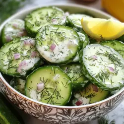 - 2 große Gurken - 1 Tasse griechischer Joghurt - 1 Esslöffel Mayonnaise Die Gurken sind der Star dieses Salats. Wähle frische, knackige Gurken. Der griechische Joghurt gibt dem Salat eine tolle Cremigkeit und einen tollen Geschmack. Die Mayonnaise fügt zusätzlich einen reichhaltigen Touch hinzu. - 1 Esslöffel Apfelessig - 1 Teelöffel Knoblauchpulver - 1 Teelöffel frischer Dill Apfelessig bringt einen leichten, frischen Geschmack. Das Knoblauchpulver sorgt für ein wenig Würze. Frischer Dill gibt dem Salat eine aromatische Note, die einfach perfekt passt. - 1 Esslöffel Honig - ¼ Tasse rote Zwiebel Wenn du etwas Süße magst, füge Honig hinzu. Die rote Zwiebel bringt eine schöne Farbe und einen leichten Biss. Du kannst diese Zutaten nach deinem Geschmack anpassen. Für die vollständige Anleitung und mehr Details, schau dir das Rezept für den cremigen Gurkensalat an. - 2 große Gurken - 1 Tasse griechischer Joghurt - 1 Esslöffel Mayonnaise - 1 Esslöffel Apfelessig - 1 Teelöffel Knoblauchpulver - 1 Teelöffel frischer Dill, gehackt - ½ Teelöffel Salz - ¼ Teelöffel schwarzer Pfeffer - ¼ Tasse rote Zwiebel, fein gehackt - 1 Esslöffel Honig (optional) Vorbereitung der Zutaten: Wasche die Gurken gut. Schneide sie mit einem scharfen Messer oder einem Mandolinenschneider in dünne Scheiben. Achte darauf, gleichmäßige Stücke zu bekommen. Küchengeräte und Utensilien: Du benötigst eine große Schüssel, ein Schneidebrett, ein scharfes Messer und einen Schneebesen. Diese Dinge helfen dir, alles einfach zuzubereiten. 1. Gurken schneiden und vorbereiten: Schneide die Gurken in dünne Scheiben. Lege sie in eine große Schüssel. 2. Dressing zubereiten: In einer separaten Schüssel mische den griechischen Joghurt, die Mayonnaise, den Apfelessig, das Knoblauchpulver, den Dill, das Salz und den schwarzen Pfeffer. Rühre alles mit einem Schneebesen gut um, bis es glatt ist. Wenn du es süßer magst, füge den Honig hinzu und rühre erneut. 3. Salat vermengen und kühlstellen: Gib die gehackten roten Zwiebeln zu den Gurken. Gieße das Dressing über die Mischung und rühre vorsichtig um. Achte darauf, dass die Gurken gut mit der Soße bedeckt sind. Lass den Salat mindestens 30 Minuten im Kühlschrank ruhen. - Vorbereitungszeit: 10 Minuten - Gesamte Zubereitungszeit: 40 Minuten Diese Schritte machen deinen cremigen Gurkensalat frisch und einfach. Für das vollständige Rezept schau dir den Cremigen Gurkenzauber an. Wähle frische, knackige Gurken. Achte darauf, dass sie fest sind. Diese Gurken geben deinem Salat einen tollen Biss. Dünnes Schneiden ist wichtig. Nutze ein scharfes Messer oder einen Mandolinenschneider. So werden alle Stücke gleichmäßig. Das sorgt für eine schöne Textur im Salat. Frische Kräuter bringen mehr Geschmack. Verwende frischen Dill, wenn möglich. Er gibt dem Salat ein wunderbares Aroma. Du kannst auch andere Kräuter nutzen, wie Petersilie oder Schnittlauch. Ein Esslöffel Honig ist optional. Er fügt eine süße Note hinzu. Dieser Kontrast macht den Salat spannend. Präsentiere den Salat in einer schönen Schüssel. Eine gekühlte Schüssel hält den Salat frisch. Garniere ihn mit zusätzlichem Dill oben drauf. Eine Zitronenscheibe macht das Bild lebendig. Diese kleinen Details machen viel aus. Sie zeigen, dass du dir Mühe gegeben hast. Besuche die Full Recipe für weitere Ideen. {{image_4}} Du kannst deinen cremigen Gurkensalat leicht anpassen. Füge einfach zusätzliches Gemüse hinzu, wie zum Beispiel: - Paprika: Diese bringen Farbe und Süße. - Tomaten: Sie sorgen für Saftigkeit und Frische. Wenn du vegan kochen möchtest, ersetze den Joghurt und die Mayonnaise durch pflanzliche Alternativen. So bleibt der Salat lecker und passt zu deiner Diät. Dein Gurkensalat kann auch einen regionalen Twist bekommen. Hier sind ein paar Ideen: - Mediterraner Touch: Füge einige schwarze Oliven hinzu. Sie geben einen salzigen Geschmack und passen toll zu den anderen Zutaten. - Asiatische Version: Verwende statt Joghurt Sesamöl und füge Sesamkörner hinzu. Das gibt dem Salat einen nussigen Geschmack. Diese Variationen zeigen, wie kreativ du mit einem einfachen Rezept sein kannst. Du kannst den Salat auch nach der Jahreszeit anpassen. Hier sind ein paar Vorschläge: - Verwendung saisonaler Kräuter: Im Sommer kannst du frischen Basilikum verwenden. Im Winter ist Schnittlauch eine gute Wahl. - Anpassung der Zutaten nach Jahreszeit: Nutze Gemüse, das gerade Saison hat. Im Frühling sind Radieschen frisch und knackig. Im Herbst kannst du Kürbiswürfel hinzufügen. Diese kleinen Änderungen machen deinen Salat noch spannender und frischer. Probiere die verschiedenen Variationen aus und finde deine Lieblingsversion! Um deinen cremigen Gurkensalat frisch zu halten, lagere ihn im Kühlschrank. Die ideale Temperatur liegt bei etwa 4 Grad Celsius. Achte darauf, den Salat in einem luftdichten Behälter zu verstauen. So bleibt er knackig und lecker. Die Haltbarkeit des cremigen Gurkensalats beträgt etwa 3 bis 5 Tage. Nach dieser Zeit können die Gurken weich werden und die Aromen verlieren. Du kannst viele Vorbereitungen im Voraus treffen. Zum Beispiel kannst du die Gurken am Vortag schneiden. Das spart Zeit, wenn du den Salat zubereiten möchtest. Für Meal Prep kannst du die Soße separat zubereiten und im Kühlschrank aufbewahren. So bleibt alles frisch, bis du bereit bist, den Salat zu mischen. Das Einfrieren von cremigem Gurkensalat ist nicht ideal. Die Textur der Gurken verändert sich beim Einfrieren und Auftauen. Wenn du dennoch einfrieren möchtest, dann friere die Soße separat ein. Lass die Soße im Kühlschrank auftauen, bevor du sie mit frischen Gurken vermengst. So erhältst du die beste Qualität und den besten Geschmack. Der cremige Gurkensalat hält sich gut für 3 bis 4 Tage im Kühlschrank. Um die Frische zu bewahren, lagere ihn in einem luftdichten Behälter. Wenn du ihn länger aufbewahren möchtest, kannst du die Gurken und das Dressing separat lagern. So bleiben die Gurken knackig. Reduziere Abfall, indem du Reste in kleinen Portionen aufteilst. So kannst du den Salat leicht wieder verwenden. Ja, du kannst viele Gemüsesorten hinzufügen! Beliebte Ergänzungen sind Paprika, Karotten oder Tomaten. Diese bringen Farbe und Geschmack in den Salat. Schneide das Gemüse in kleine Stücke, damit es gut im Dressing haftet. Experimentiere mit verschiedenen Kombinationen, um neue Aromen zu entdecken. Ein Hauch von Feta-Käse kann auch gut passen. Um den Salat würziger zu machen, füge mehr Gewürze hinzu. Zum Beispiel kannst du einen Teelöffel Paprika oder ein wenig Cayennepfeffer verwenden. Du kannst auch frische Kräuter wie Petersilie oder Schnittlauch hinzufügen. Eine Prise Zitronensaft gibt dem Salat eine frische Note. Probiere es aus und passe die Gewürze nach deinem Geschmack an! Ja, dieser Salat ist gesund! Er enthält frische Gurken, die wenig Kalorien haben und viel Wasser bieten. Griechischer Joghurt liefert Eiweiß und Probiotika. Diese fördern die Verdauung und stärken das Immunsystem. Füge mehr Gemüse hinzu, um den Nährstoffgehalt zu steigern. Der cremige Gurkensalat ist eine leckere und nahrhafte Beilage zu jeder Mahlzeit. Zusammenfassend haben wir die Hauptzutaten und die Zubereitung eines leckeren Gurkensalats behandelt. Ich habe dir gezeigt, wie du frische Aromen und Texturen erreichst. Du kannst den Salat ganz einfach an deinen Geschmack anpassen. Denke daran, gut zu lagern, um die Qualität zu sichern. Ein bisschen Kreativität kann dazu führen, dass dein Salat einzigartig wird. Experimentiere und finde deine perfekte Variante!