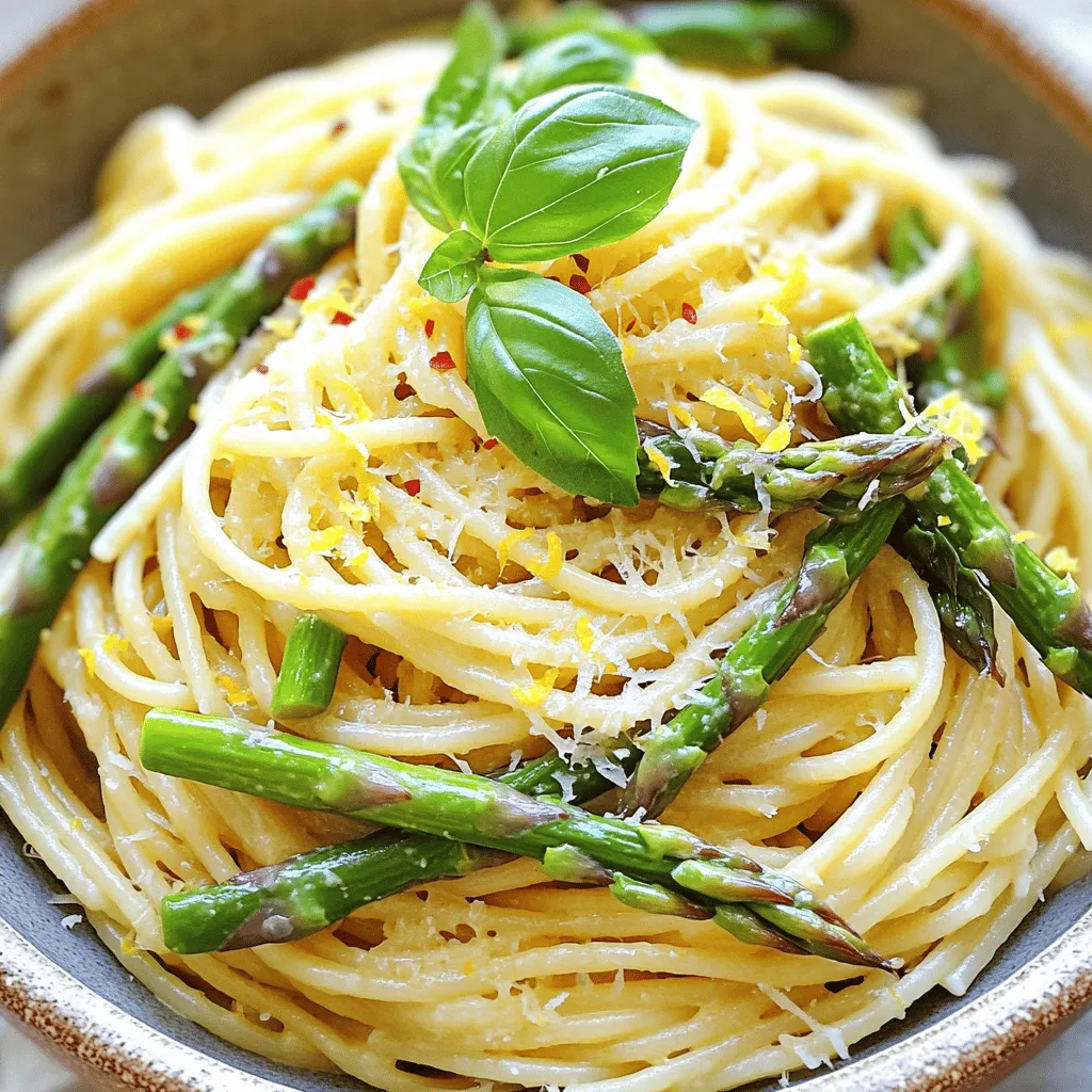 Um Lemon Parmesan Asparagus Pasta zuzubereiten, benötigst du einige frische und einfache Zutaten. Du brauchst 225 g Spaghetti oder Fettuccine, 1 Bund Spargel, 2 Esslöffel Olivenöl, 3 Knoblauchzehen, den Saft und die Schale von 1 großen Zitrone, 50 g frisch geriebenen Parmesan, ¼ Tasse frische Basilikumblätter sowie Salz und Pfeffer nach Geschmack. Optional kannst du rote Pfefferflocken für einen scharfen Kick hinzufügen.