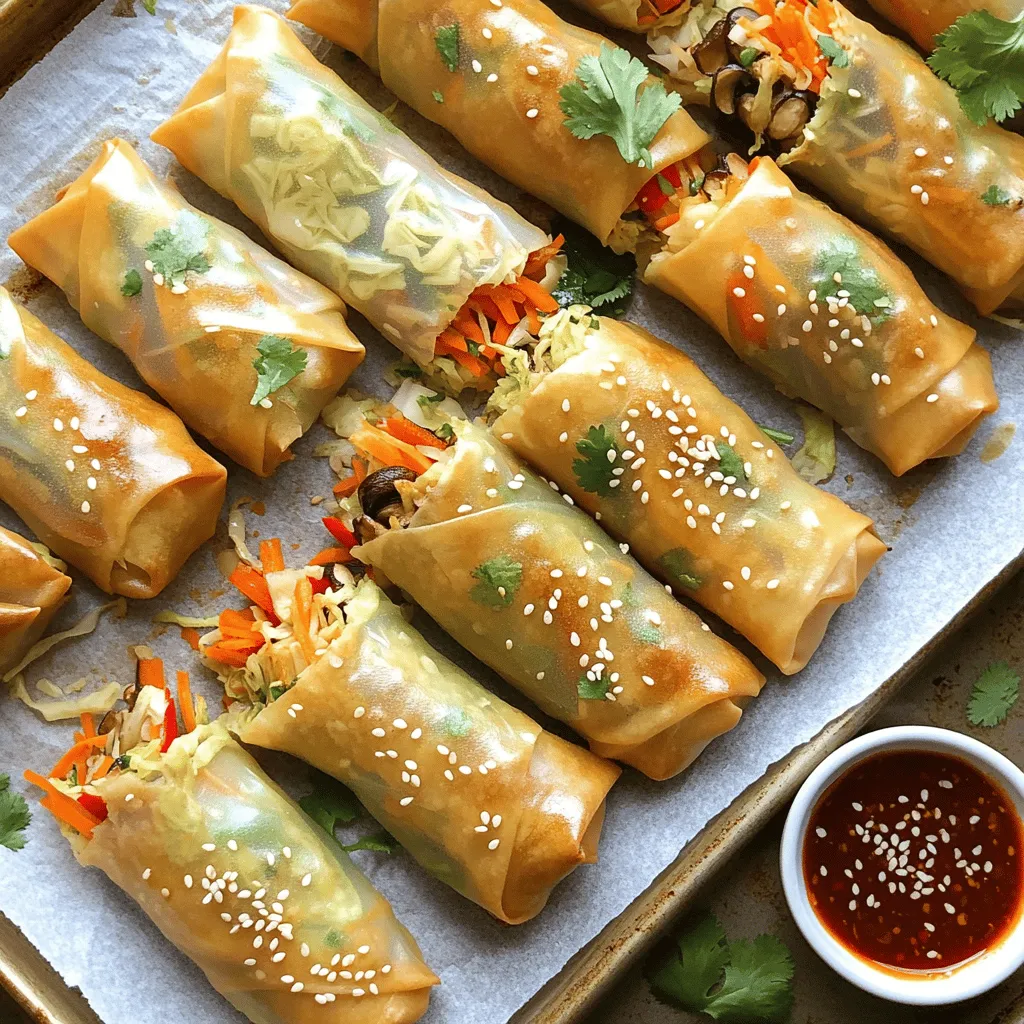 Für die Baked Veggie Spring Rolls benötigst du frische und bunte Zutaten. Hier sind die Hauptzutaten: - 1 Tasse fein gehackter Weißkohl - 1 Tasse geraspelte Karotten - 1 rote Paprika, fein gewürfelt - 1 Tasse Champignons, fein gehackt - 2 Frühlingszwiebeln, in feine Ringe geschnitten - 3 Knoblauchzehen, gehackt - 1 Esslöffel frischer Ingwer, gerieben - 1 Esslöffel Sojasauce (mit reduziertem Natriumgehalt) - 1 Teelöffel Sesamöl - 1 Packung Frühlingsrollenblätter (12-14 Stück) - Kochspray oder Olivenöl zum Bestreichen - Salz und Pfeffer nach Geschmack Diese Zutaten bieten eine tolle Basis für deinen Snack. Um das Aroma zu verbessern, füge ein paar zusätzliche Zutaten hinzu. Einige Vorschläge sind: - Frische Kräuter wie Koriander oder Basilikum - Chili für etwas Schärfe - Limettensaft für frische Säure Diese Zutaten bringen mehr Geschmack in deine Frühlingsrollen. Wähle frische Zutaten für den besten Geschmack. Achte beim Einkauf auf: - Farbe: Gemüse sollte lebendig und knackig aussehen. - Textur: Achte darauf, dass das Gemüse fest und nicht matschig ist. - Geruch: Frisches Gemüse hat einen angenehmen, natürlichen Geruch. Mit diesen Tipps wählst du die besten Zutaten für deine Baked Veggie Spring Rolls aus. Beginnen Sie mit der Vorbereitung Ihrer Zutaten. Nehmen Sie eine große Schüssel und schneiden Sie das Gemüse. Verwenden Sie: - 1 Tasse fein gehackten Weißkohl - 1 Tasse geraspelte Karotten - 1 rote Paprika, fein gewürfelt - 1 Tasse Champignons, fein gehackt - 2 Frühlingszwiebeln, in feine Ringe geschnitten - 3 Knoblauchzehen, gehackt - 1 Esslöffel frischer Ingwer, gerieben Das Gemüse sollte frisch und knackig sein. Frisches Gemüse gibt den Frühlingsrollen mehr Geschmack. Sie können die Zutaten nach Ihrem Geschmack anpassen. Erhitzen Sie in einer großen Pfanne etwas Öl bei mittlerer Hitze. Fügen Sie den gehackten Knoblauch und den Ingwer hinzu. Braten Sie alles etwa 1 Minute an, bis es duftet. Dann geben Sie das vorbereitete Gemüse in die Pfanne. Braten Sie die Mischung 4-5 Minuten, bis das Gemüse leicht zart, aber noch knackig ist. Fügen Sie 1 Esslöffel Sojasauce und 1 Teelöffel Sesamöl hinzu. Würzen Sie die Mischung mit etwas Salz und Pfeffer. Rühren Sie alles gut um und nehmen Sie die Pfanne vom Herd. Lassen Sie die Füllung einige Minuten abkühlen, bevor Sie sie verwenden. Nehmen Sie ein Frühlingsrollenblatt und legen Sie es auf eine saubere, flache Fläche. Platzieren Sie etwa 2 Esslöffel der Füllung nahe einer Ecke des Blattes. Falten Sie die Ecke über die Füllung. Rollen Sie das Blatt straff ein, klappen Sie die Seiten ein und rollen Sie weiter, bis die Rolle versiegelt ist. Wiederholen Sie diesen Schritt mit den restlichen Blättern und Füllungen. Legen Sie die gerollten Frühlingsrollen auf ein Backblech, das mit Backpapier ausgelegt ist. Besprühen oder bestreichen Sie sie leicht mit Kochspray oder Olivenöl. Heizen Sie Ihren Ofen auf 200 °C vor. Backen Sie die Frühlingsrollen 20-25 Minuten, bis sie goldbraun und knusprig sind. Wenden Sie sie zur Hälfte der Backzeit. Lassen Sie sie kurz abkühlen und genießen Sie die knusprigen Frühlingsrollen. Für das vollständige Rezept schauen Sie sich die Full Recipe an. Um die Frühlingsrollen schön knusprig zu machen, gibt es ein paar einfache Tricks: - Verwenden Sie frische Blätter: Frische Frühlingsrollenblätter sind flexibler und knuspriger. - Spray oder Öl: Bestreichen Sie die Rollen leicht mit Kochspray oder Olivenöl. Das hilft beim Bräunen. - Temperatur: Heizen Sie den Ofen gut vor. Ein heißer Ofen macht die Rollen knusprig. - Wenden: Wenden Sie die Rollen während des Backens. So werden sie gleichmäßig knusprig. Ein paar Fehler können die Frühlingsrollen weniger lecker machen. Hier sind Tipps, um sie zu vermeiden: - Zu viel Füllung: Wenn Sie zu viel Füllung nehmen, können die Rollen reißen. Halten Sie sich an 2 Esslöffel. - Zu wenig Hitze: Wenn der Ofen nicht heiß genug ist, werden die Rollen weich. Stellen Sie sicher, dass der Ofen auf 200 °C ist. - Nicht abkühlen lassen: Lassen Sie die Füllung abkühlen, bevor Sie sie in die Blätter geben. Das verhindert nasse Blätter. Die perfekten Dips machen Ihr Gericht noch besser. Hier sind einige Vorschläge: - Süße Chilisauce: Sie bringt eine tolle Süße und Schärfe. - Erdnusssauce: Eine cremige Erdnusssauce passt gut zu den Rollen. - Sojasauce: Ein einfacher Klassiker, der gut harmoniert. - Frischer Koriander: Garnieren Sie die Rollen mit frischem Koriander für mehr Geschmack. Für das vollständige Rezept schauen Sie sich das [Full Recipe] an. {{image_4}} Wenn Sie vegane oder glutenfreie Frühlingsrollen wollen, ist das einfach. Verwenden Sie glutenfreie Frühlingsrollenblätter. Diese finden Sie im Supermarkt oder im Bioladen. Achten Sie darauf, dass die Sojasauce glutenfrei ist. Auch die Füllung kann angepasst werden. Nehmen Sie zum Beispiel Tofu oder Kichererbsen. Diese geben Ihnen gesunde Proteine und machen die Rollen lecker. Die Füllungen sind der Schlüssel zu einem tollen Geschmack. Sie können viele verschiedene Gemüsearten verwenden. Probieren Sie Brokkoli, Zucchini oder Spinat. Diese geben den Frühlingsrollen eine frische Note. Variieren Sie die Farben und Texturen. Je bunter, desto schöner sieht es aus. Seien Sie kreativ und mischen Sie das Gemüse, das Ihnen am besten schmeckt. Um die Frühlingsrollen noch nahrhafter zu machen, fügen Sie Proteine hinzu. Hähnchen, Garnelen oder Tofu passen gut. Kochen Sie die Proteine vorher und schneiden Sie sie klein. Mischen Sie sie mit dem Gemüse, bevor Sie die Rollen füllen. Dies gibt Ihnen mehr Geschmack und eine gute Portion Energie. Spaß beim Ausprobieren! Für das komplette Rezept schauen Sie sich den Full Recipe an. Wenn du Frühlingsrollen übrig hast, lagere sie in einem luftdichten Behälter. Lege ein Stück Küchenpapier zwischen die Frühlingsrollen, um Feuchtigkeit zu absorbieren. Das hilft, die Knusprigkeit zu bewahren. Stelle den Behälter in den Kühlschrank. So bleiben die Frühlingsrollen frisch für zwei bis drei Tage. Um die Frühlingsrollen wieder knusprig zu machen, benutze den Ofen. Heize den Ofen auf 180 °C vor. Lege die Frühlingsrollen auf ein Backblech und backe sie 10-15 Minuten. So werden sie warm und bleiben knusprig. Vermeide die Mikrowelle, da sie die Frühlingsrollen weich macht. Du kannst die Frühlingsrollen auch einfrieren. Lege sie einzeln auf ein Backblech und friere sie etwa eine Stunde. Danach packe sie in einen gefrierfesten Beutel. So bleiben sie bis zu drei Monate frisch. Zum Aufwärmen, tau die Frühlingsrollen im Kühlschrank auf und backe sie dann wie oben beschrieben. Diese Tipps helfen dir, die besten Ergebnisse aus deinen Baked Veggie Spring Rolls zu erzielen. Wenn du mehr über das Rezept erfahren möchtest, schau dir die Full Recipe an. Baked Veggie Spring Rolls sind bis zu drei Tage im Kühlschrank haltbar. Lagern Sie sie in einem luftdichten Behälter. So bleiben sie frisch. Wenn Sie sie länger aufbewahren möchten, frieren Sie sie ein. Achten Sie darauf, die Frühlingsrollen gut zu verpacken. So vermeiden Sie Frostbrand. Ja, Sie können die Füllung im Voraus zubereiten. Machen Sie die Füllung einen Tag vorher und stellen Sie sie in den Kühlschrank. So sparen Sie Zeit beim Kochen. Stellen Sie sicher, dass die Füllung vollständig abgekühlt ist, bevor Sie sie lagern. Dies hilft, die Frische zu bewahren. Wenn Sie keine Frühlingsrollenblätter haben, können Sie Reisblätter verwenden. Diese sind dünn und machen die Frühlingsrollen leicht. Alternativ können Sie auch Tortillas verwenden. Diese geben den Rollen einen anderen Geschmack, sind aber ebenfalls lecker. Probieren Sie auch Gemüseblätter wie Kohl oder Mangold als gesunde Option. Für das vollständige Rezept schauen Sie sich die [Full Recipe] an. Baked Veggie Spring Rolls sind gesund, lecker und einfach zuzubereiten. Wir haben die Hauptzutaten, Vorbereitung und Zubereitung detailliert behandelt. Mit Tipps für Knusprigkeit und verschiedenen Variationen haben Sie alles, was Sie brauchen. Lagern und Aufwärmen ist ebenfalls problemlos. Experimentieren Sie mit Füllungen und Dips, um Ihre Frühlingsrollen zu personalisieren. Genießen Sie diese köstlichen Snacks, die auch noch gut für Sie sind!