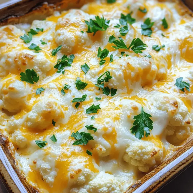 Für diesen Käse Blumenkohl Auflauf brauchen Sie einige frische und leckere Zutaten. Diese Zutaten bringen den besten Geschmack in Ihr Gericht: - 1 große Blumenkohlkopf, in Röschen zerteilt - 240 ml geriebener Cheddar-Käse - 240 ml Mozzarella-Käse, gerieben - 240 ml Frischkäse, weich - 240 ml Milch - 2 Knoblauchzehen, fein gehackt - 1 Teelöffel Zwiebelpulver - 1 Teelöffel Knoblauchpulver - Salz und Pfeffer nach Geschmack - 120 ml geriebener Parmesan-Käse - 60 ml frische Petersilie, gehackt (zum Garnieren) Die genauen Mengen dieser Zutaten sind wichtig für den besten Geschmack. Hier sind die Messungen: - Blumenkohl: 1 großer Kopf - Käse: 240 ml von Cheddar und 240 ml von Mozzarella - Frischkäse: 240 ml - Milch: 240 ml - Knoblauch: 2 Zehen - Gewürze: je 1 Teelöffel Zwiebelpulver und Knoblauchpulver - Parmesan: 120 ml - Petersilie: 60 ml zum Garnieren Um das beste Ergebnis zu erzielen, empfehle ich, frische Zutaten zu verwenden. Achten Sie darauf, den Blumenkohl frisch zu kaufen. Der Käse sollte von guter Qualität sein. Ich benutze oft Käse aus der Kühltheke, da dieser einen besseren Geschmack hat. Für den Frischkäse wählen Sie einen cremigen Typ. Diese Faktoren machen Ihren Käse Blumenkohl Auflauf besonders lecker. Besuchen Sie auch die [Full Recipe] für mehr Details und Tipps. Heize deinen Ofen auf 190°C vor. Nimm einen großen Topf und fülle ihn mit Wasser. Füge eine Prise Salz hinzu und bringe das Wasser zum Kochen. Wenn das Wasser kocht, gib die Blumenkohlröschen hinein. Blanchiere sie für etwa 5 Minuten. Der Blumenkohl sollte leicht zart, aber noch knackig sein. Gieße das Wasser ab und stelle den Blumenkohl beiseite. In einer großen Rührschüssel mische den weichen Frischkäse mit 240 ml Milch. Füge die fein gehackten Knoblauchzehen, 1 Teelöffel Zwiebelpulver und 1 Teelöffel Knoblauchpulver hinzu. Würze die Mischung mit Salz und Pfeffer nach Geschmack. Rühre alles mit einem Schneebesen gut um, bis die Mischung glatt ist. Das ist der Grundgeschmack für deinen Auflauf. Jetzt kommt der spannende Teil! Füge die blanchierten Blumenkohlröschen zur Käsemischung hinzu. Mische alles vorsichtig, damit der Blumenkohl gut bedeckt ist. Achte darauf, dass jedes Stück Blumenkohl die leckere Käsemischung aufnimmt. Wenn du magst, hebe etwas von der Käsemischung auf, um später den Auflauf zu garnieren. Gib die Blumenkohl-Käsemischung in eine gefettete Auflaufform. Verteile sie gleichmäßig. Streue den zurückbehaltenen Cheddar- und Mozzarella-Käse darauf. Vervollständige den Auflauf mit geriebenem Parmesan. Backe den Auflauf im vorgeheizten Ofen für 25-30 Minuten. Er ist fertig, wenn die Oberseite goldbraun und sprudelnd ist. Lass ihn nach dem Backen etwas abkühlen. Garniere ihn vor dem Servieren mit frischer Petersilie. Du kannst das Rezept in der [Full Recipe] nachlesen. Um den besten Käsegeschmack zu bekommen, mische verschiedene Käsesorten. Ich nutze gerne Cheddar, Mozzarella und Parmesan. Cheddar gibt dem Auflauf einen kräftigen Geschmack. Mozzarella sorgt für die cremige Konsistenz. Parmesan bringt eine salzige Note. Wenn du einen starken Käsegeschmack willst, füge mehr Cheddar hinzu. Verwende frische Käsesorten, die gut schmelzen. So erhältst du die perfekte Kombination. Ein häufiger Fehler ist, den Blumenkohl zu lange zu blanchieren. Das Gemüse sollte noch etwas knackig sein. Wenn du ihn zu weich machst, wird er matschig im Auflauf. Achte auch darauf, die Käsemischung gut zu vermengen. Wenn du nicht genug rührst, kleben die Käseklumpen zusammen. Überprüfe die Gewürze! Zu wenig Salz kann den Geschmack des gesamten Auflaufs schwächen. Die ideale Konsistenz ist cremig, aber nicht flüssig. Die Käsemischung sollte dick genug sein, damit der Blumenkohl sie gut umhüllt. Wenn dein Auflauf zu trocken aussieht, füge etwas mehr Milch oder Frischkäse hinzu. Nach dem Backen sollte die Oberfläche goldbraun sein. Lass den Auflauf danach kurz ruhen. So kann er sich setzen und die Konsistenz bleibt perfekt. Für das vollständige Rezept besuche den Abschnitt [Full Recipe]. {{image_4}} Wenn du eine vegetarische Option suchst, ist der Käse Blumenkohl Auflauf perfekt. Blumenkohl ist schon von Natur aus pflanzlich. Du kannst auch anderes Gemüse hinzufügen, wie Brokkoli oder Spinat. Das gibt mehr Farbe und Geschmack. Diese Variationen machen den Auflauf noch gesünder und leckerer. Um den Geschmack zu verstärken, füge Räuchersalz oder Cayennepfeffer hinzu. Auch frische Kräuter wie Thymian oder Oregano machen viel aus. Du kannst auch gebratene Zwiebeln oder Paprika für mehr Textur einmischen. Diese Zutaten bringen neue Dimensionen in dein Gericht. Experimentiere mit verschiedenen Käsesorten wie Gouda oder Feta für einen anderen Kick. Für glutenfreie Varianten ist dieser Auflauf schon fast ideal. Die Hauptzutaten enthalten kein Gluten. Stelle sicher, dass die verwendeten Käsesorten auch glutenfrei sind. Du kannst die Milch durch Mandelmilch oder Sojamilch ersetzen, wenn du laktosefrei sein möchtest. So bleibt der Auflauf für viele Menschen genießbar. Um den Käse Blumenkohl Auflauf richtig zu lagern, lassen Sie ihn zuerst abkühlen. Decken Sie die Auflaufform mit Alufolie oder Plastikfolie ab. Alternativ können Sie den Auflauf in einen luftdichten Behälter umfüllen. Lagern Sie ihn im Kühlschrank. So bleibt er frisch und lecker. Um den Auflauf wieder aufzuwärmen, heizen Sie den Ofen auf 180°C vor. Nehmen Sie den Auflauf aus dem Kühlschrank. Bedecken Sie ihn leicht mit Alufolie, um ein Austrocknen zu verhindern. Backen Sie ihn für etwa 20 Minuten oder bis er heiß ist. Sie können auch die Mikrowelle verwenden, aber die Ofenmethode sorgt für eine bessere Konsistenz. Im Kühlschrank hält der Auflauf etwa 3 bis 4 Tage. Wenn Sie ihn länger aufbewahren möchten, können Sie ihn einfrieren. Dazu teilen Sie den Auflauf in Portionen auf. Wickeln Sie jede Portion gut ein und lagern Sie sie im Gefrierfach. So bleibt er bis zu 3 Monate frisch. Denken Sie daran, ihn vor dem Servieren vollständig aufzutauen und wieder aufzuwärmen. Es dauert insgesamt etwa 45 Minuten, um einen Käse Blumenkohl Auflauf zuzubereiten. Die Vorbereitungszeit beträgt etwa 15 Minuten. Das Blanchieren des Blumenkohls dauert 5 Minuten. Das Backen im Ofen benötigt 25 bis 30 Minuten. Diese einfache Zeitplanung macht den Auflauf perfekt für ein schnelles Abendessen. Ja, gefrorener Blumenkohl funktioniert gut für diesen Auflauf. Es ist eine praktische Option, wenn frischer Blumenkohl nicht verfügbar ist. Achte jedoch darauf, den gefrorenen Blumenkohl vor der Verwendung gut abzutropfen. So wird der Auflauf nicht wässrig. Du kannst ihn direkt im Rezept verwenden, ohne ihn vorher zu blanchieren. Dieser Auflauf passt gut zu vielen Beilagen. Hier sind einige Ideen: - Ein frischer grüner Salat - Gegrilltes Gemüse - Knuspriges Brot - Kartoffelpüree - Reis oder Quinoa Diese Beilagen ergänzen die cremige Textur des Auflaufs. Sie bieten verschiedene Geschmäcker und machen das Essen noch bunter. Ja, der Käse Blumenkohl Auflauf kann gesund sein. Blumenkohl enthält viele Vitamine und Ballaststoffe. Der Käse liefert Protein und Kalzium. Wenn du die Menge an Käse oder die Art der Milch anpasst, kannst du den Auflauf leicht gesünder gestalten. Du kannst auch frisches Gemüse hinzufügen, um den Nährwert zu erhöhen. Der Auflauf ist eine leckere Möglichkeit, mehr Gemüse zu essen. Für das vollständige Rezept, schau dir die [Full Recipe] an. Zusammengefasst geht es in diesem Blogpost um den Käse Blumenkohl Auflauf. Ich habe die besten Zutaten, die Schritt-für-Schritt-Anleitung und hilfreiche Tipps geteilt. Variationen und Aufbewahrungsinfos helfen dir, das Gericht anzupassen und frisch zu halten. Denke daran, deine eigenen Anpassungen vorzunehmen, um es noch besser zu machen. Mit diesen Informationen gelingen dir köstliche Aufläufe, die jeder liebt! Mach dich bereit, diesen einfachen und leckeren Auflauf zu genießen!