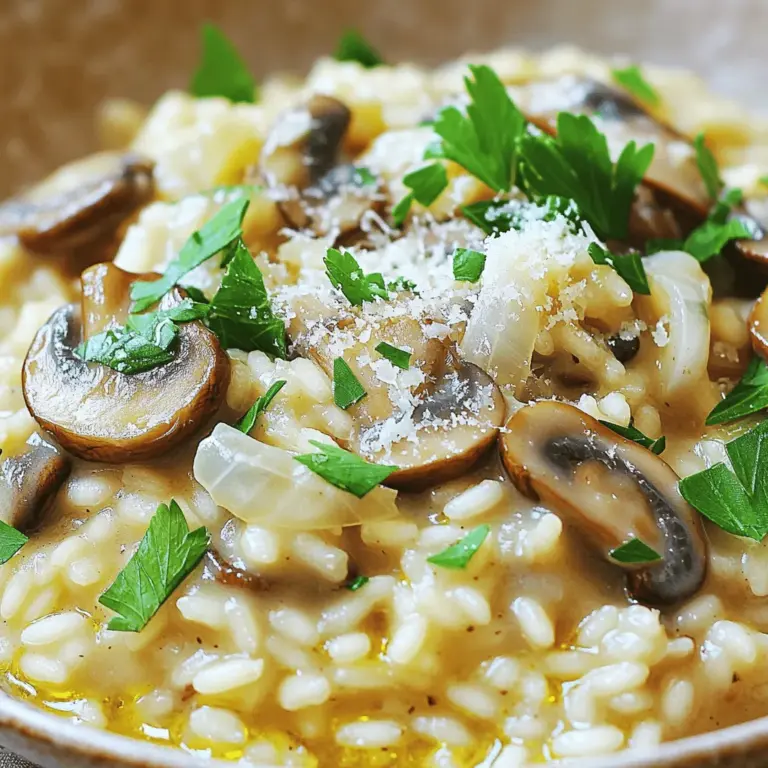Um ein perfektes cremiges Pilz-Risotto zu machen, brauchst du einige wichtige Zutaten. Diese sind: - 1 Tasse Arborio-Reis - 4 Tassen Gemüsebrühe (erhitzt) - 1 Tasse Cremini-Pilze, in Scheiben geschnitten - 1 mittelgroße Zwiebel, gewürfelt - 3 Knoblauchzehen, gehackt - 1/2 Tasse Schlagsahne - 1/2 Tasse frisch geriebener Parmesan - 2 Esslöffel Olivenöl - 1 Esslöffel Butter - Salz und Pfeffer nach Geschmack - Frische Petersilie, gehackt (zum Garnieren) Diese Zutaten sorgen für den vollen Geschmack und die cremige Textur. Arborio-Reis ist wichtig, weil er die Flüssigkeit gut aufnimmt. Für das Risotto sind nicht viele Gewürze nötig. Hauptsächlich brauchst du: - Salz - Pfeffer Diese Gewürze helfen, den Geschmack der Zutaten zu betonen. Du kannst die Menge nach deinem Geschmack anpassen. Wenn du das Risotto noch besser machen willst, kannst du einige optionale Zutaten hinzufügen: - Ein Spritzer Zitronensaft für Frische - Ein Schuss Weißwein für Tiefe - Frische Kräuter wie Thymian oder Rosmarin Diese Zutaten geben deinem Risotto zusätzlichen Geschmack. Experimentiere gerne, um deine perfekte Mischung zu finden. Für das vollständige Rezept schau dir das [Full Recipe] an. Beginne mit der Vorbereitung der Brühe. Erwärme die Gemüsebrühe in einem großen Topf bei niedriger Hitze. Halte die Brühe warm, während du das Risotto kochst. Dies hilft, die Temperatur konstant zu halten. Jetzt kommst du zu den Zutaten. Du brauchst Arborio-Reis, der viel Stärke hat. Er sorgt für die cremige Textur. Außerdem benötigst du Zwiebeln, Knoblauch und Cremini-Pilze. Diese geben dem Gericht viel Geschmack. Stelle sicher, dass du alles bereit hast, bevor du anfängst zu kochen. Erhitze eine große Pfanne bei mittlerer Hitze. Gib Olivenöl und Butter hinzu. Wenn die Butter schmilzt, füge die gewürfelte Zwiebel hinzu. Brate sie an, bis sie glasig ist, das dauert etwa vier bis fünf Minuten. Jetzt kommt der Knoblauch. Hacke ihn klein und gib ihn in die Pfanne. Kurz danach folgen die in Scheiben geschnittenen Pilze. Brate alles zusammen an, bis die Pilze weich werden. Das dauert etwa fünf bis sieben Minuten. Die Mischung wird aromatisch und einladend. Füge nun den Arborio-Reis in die Pfanne. Rühre ihn ein bis zwei Minuten lang um, bis er leicht geröstet ist. Dann beginne, die warme Brühe kellenweise hinzuzufügen. Rühre ständig, damit der Reis die Flüssigkeit gut aufnehmen kann. Dieser Prozess dauert etwa 18 bis 20 Minuten. Wenn der Reis al dente ist, rühre die Schlagsahne und den geriebenen Parmesan unter. Schmecke das Risotto mit Salz und Pfeffer ab. Wenn es nicht cremig genug ist, kannst du mehr Brühe hinzufügen. Lass das Risotto zwei Minuten ruhen, bevor du es servierst. Garniere es mit frischer Petersilie und einem Spritzer Parmesan. So sieht dein Gericht nicht nur gut aus, es schmeckt auch köstlich. Du kannst das vollständige Rezept für weitere Details und Hilfestellungen nachlesen. Um ein perfektes Risotto zu machen, gibt es einige häufige Fehler. Vermeiden Sie es, die Brühe kalt hinzuzufügen. Dies stoppt das Kochen und macht den Reis ungleichmäßig. Rühren Sie regelmäßig, aber nicht zu viel. Zu viel Rühren kann den Reis zerbrechen und die Textur ruinieren. Achten Sie darauf, den Reis nicht zu früh zu salzen. Zu viel Salz kann den Kochprozess stören. Lassen Sie den Reis genug Zeit, um die Brühe zu absorbieren. Dies ist der Schlüssel zur Cremigkeit. Die Cremigkeit Ihres Risottos können Sie leicht anpassen. Fügen Sie mehr Brühe hinzu, wenn Sie eine flüssigere Konsistenz mögen. Wenn Sie es dicker mögen, lassen Sie das Risotto länger auf dem Herd. Die Schlagsahne ist wichtig für die Cremigkeit. Wenn Sie es noch cremiger möchten, können Sie mehr Schlagsahne verwenden. Auch eine zusätzliche Portion Parmesan macht das Risotto wunderbar reichhaltig. Um den Geschmack Ihres Risottos zu verbessern, sollten Sie verschiedene Gewürze ausprobieren. Ein wenig Muskatnuss gibt dem Gericht eine warme Note. Frischer Thymian oder Rosmarin bringt einen tollen Geschmack. Pfeffer ist ein Muss, aber auch Paprika kann gut passen. Für mehr Tiefe können Sie etwas Weißwein hinzufügen. Der Wein verleiht dem Risotto eine schöne Säure und Frische. Nutzen Sie diese Tipps, um Ihr Risotto wirklich besonders zu machen. {{image_4}} Du kannst verschiedene Pilze für dein Risotto nutzen. Champignons sind eine tolle Wahl. Sie haben einen milden Geschmack. Shiitake-Pilze bringen einen würzigen Kick. Auch Pfifferlinge sind sehr lecker und geben eine besondere Note. Mischungen aus verschiedenen Pilzen machen das Gericht noch interessanter. Sie bringen unterschiedliche Texturen und Aromen. Probiere einfach aus, was dir am besten schmeckt. Um das Risotto vegetarisch zu machen, lasse einfach die Schlagsahne und den Parmesan weg. Du kannst stattdessen pflanzliche Sahne verwenden. Achte darauf, dass du auch einen veganen Käse nimmst. Das gibt dem Gericht trotzdem einen tollen Geschmack. Für Veganer, verwende Gemüsebrühe ohne tierische Produkte. Diese Anpassungen sorgen dafür, dass jeder genießen kann. Das Risotto ist ein tolles Hauptgericht. Du kannst es auch als Beilage servieren. Es passt gut zu gegrilltem Gemüse oder einem frischen Salat. Eine schöne Garnitur macht das Essen noch ansprechender. Frische Kräuter oder extra Parmesan sind perfekte Optionen. Du kannst auch etwas Trüffelöl darüber träufeln. Das hebt den Geschmack auf ein neues Level. Für das vollständige Rezept schau hier: [Full Recipe]. Wenn Sie Risotto übrig haben, lassen Sie es zuerst auf Raumtemperatur abkühlen. Füllen Sie es dann in einen luftdichten Behälter. So bleibt es frisch und lecker. Lagern Sie den Behälter im Kühlschrank. Risotto hält sich so bis zu drei Tage. Um das Risotto wieder aufzuwärmen, verwenden Sie eine Pfanne. Fügen Sie einen Schuss Brühe oder Wasser hinzu. Erhitzen Sie das Risotto langsam bei mittlerer Hitze. Rühren Sie oft um, damit es nicht anbrennt. So bleibt es cremig und schmackhaft. Im Kühlschrank bleibt Risotto bis zu drei Tage gut. Wenn Sie es länger aufbewahren wollen, frieren Sie es ein. Füllen Sie das Risotto in gefrierfeste Behälter. Im Gefrierschrank hält es bis zu drei Monate. Denken Sie daran, es vor dem Verzehr langsam im Kühlschrank aufzutauen. So bleibt der Geschmack erhalten. Die Zubereitung des Risottos dauert etwa 30 Minuten. Die Vorbereitungszeit beträgt 10 Minuten. Das Kochen des Risottos selbst nimmt etwa 20 Minuten in Anspruch. Während dieser Zeit rühren Sie ständig, um die perfekte Cremigkeit zu erreichen. Ja, Sie können Arborio-Reis ersetzen, aber die Textur wird anders. Arborio hat viel Stärke, was das Risotto cremig macht. Sie können Carnaroli oder Vialone Nano verwenden. Diese Sorten sind ebenfalls stärkehaltig und bringen ähnliche Ergebnisse. Basmati oder Jasminreis sind weniger geeignet, da sie nicht genug Stärke haben. Wenn Sie keinen Parmesan haben, probieren Sie Pecorino oder Grana Padano. Diese Käsesorten bieten einen ähnlichen Geschmack. Für eine milchfreie Option verwenden Sie Hefeflocken. Sie geben einen würzigen Geschmack und sind eine tolle Alternative. Cremiges Pilz-Risotto ist einfach zuzubereiten. Die Hauptzutaten und Gewürze sind wichtig für den Geschmack. Mit dem richtigen Kochen erreichst du die perfekte Textur. Denke an Tipps, um Fehler zu vermeiden. Probiere Variationen mit anderen Pilzen oder veganen Optionen aus. Lagere dein Risotto richtig für eine längere Haltbarkeit. Mit diesen Schritten wird dein Risotto immer ein Erfolg. Jetzt bist du bereit, Gäste oder deine Familie mit diesem Gericht zu beeindrucken. Viel Spaß beim Kochen!