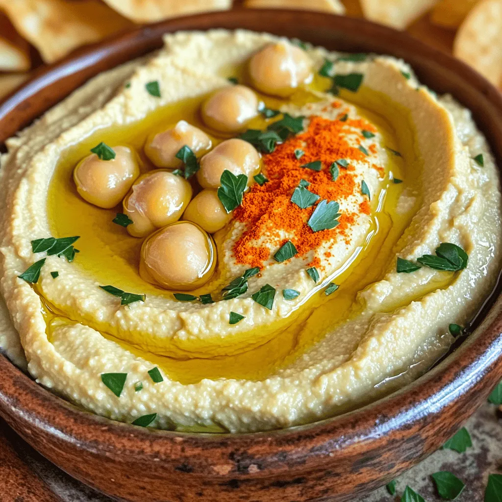 Um leckeren gerösteten Knoblauch-Hummus zuzubereiten, benötigst du folgende Zutaten: - Kichererbsen - Gerösteter Knoblauch - Tahini - Zitronensaft - Olivenöl - Kreuzkümmel - Salz und Wasser - Garnierungen wie Paprika und Petersilie Jede Zutat hat einen speziellen Zweck. Kichererbsen bilden die Basis und sorgen für die Cremigkeit. Gerösteter Knoblauch bringt einen süßen und milden Geschmack. Tahini fügt eine nussige Tiefe hinzu. Zitronensaft bringt Frische und macht den Hummus lebendig. Olivenöl ist wichtig für den Reichtum und die Textur. Kreuzkümmel fügt eine warme Note hinzu, während Salz die Aromen verstärkt. Wasser hilft, die Konsistenz zu bestimmen und macht den Hummus geschmeidig. Garnierungen wie Paprika und Petersilie sorgen für das Auge und das gewisse Etwas. Verwende frische Zutaten, um das beste Ergebnis zu erzielen. Du kannst die Mengen nach deinem Geschmack anpassen. Wenn du mehr Knoblauch magst, füge einfach mehr hinzu. Das Rezept ist flexibel und lässt Raum für deine Kreativität. Ich empfehle dir, die Zutaten gut vorzubereiten, damit die Zubereitung schnell und einfach geht. So wird der Prozess zum Vergnügen. Wenn du bereit bist, kannst du den Full Recipe für die genaue Zubereitung sehen. Heize deinen Ofen auf 200°C vor. Nimm die Knoblauchzehen und wickele sie in Aluminiumfolie ein. Träufle etwas Olivenöl über die Zehen. Röste die Knoblauchzehen im Ofen für etwa 30-35 Minuten. Sie sollten zart und karamellisiert sein. Lass sie danach leicht abkühlen. Du wirst den Duft lieben! Jetzt ist es Zeit, die Zutaten zu mischen. Nimm eine Küchenmaschine und gib die Kichererbsen, den gerösteten Knoblauch, Tahini, Zitronensaft, Olivenöl und Kreuzkümmel hinein. Schließe den Deckel und starte die Maschine. Püriere die Mischung, bis sie anfängt, sich zu verbinden. Füge dann nach Geschmack Salz hinzu. Gieße langsam Wasser dazu, jeweils einen Esslöffel. Püriere weiter, bis der Hummus die gewünschte cremige Konsistenz hat. Probiere den Hummus. Füge mehr Zitronensaft, Salz oder Tahini hinzu, falls nötig. Mische noch einmal gut durch. Um das volle Rezept zu sehen, klicke auf [Full Recipe]. Um die perfekte Konsistenz zu erreichen, füge Wasser langsam hinzu. Beginne mit einem Esslöffel. Mische den Hummus gut, bevor du mehr Wasser hinzufügst. So kannst du die Konsistenz besser steuern. Experimentiere mit unterschiedlichen Konsistenzen. Manche mögen ihren Hummus dicker, andere cremiger. Probier einfach, was dir am besten gefällt. Um den Geschmack zu verbessern, füge zusätzliche Aromastoffe hinzu. Du kannst zum Beispiel etwas geräuchertes Paprikapulver oder frische Kräuter verwenden. Auch ein Spritzer Zitronensaft macht einen großen Unterschied. Veredle deinen Hummus mit hochwertigem Olivenöl. Das gibt nicht nur einen feinen Geschmack, sondern auch eine schöne Textur. Kreative Garnierungen machen deinen Hummus besonders. Du kannst geröstete Nüsse oder Samen darüber streuen. Auch frische Kräuter passen gut dazu. Achte auf eine optisch ansprechende Präsentation. Eine schöne Servierschüssel und ein bisschen Olivenöl obenauf machen viel her. Nutze Paprika und Petersilie für einen Farbtupfer. {{image_4}} Um meinen Hummus noch spannender zu machen, füge ich oft Zatar oder Chili hinzu. Zatar bringt einen tollen, würzigen Geschmack. Chili gibt dem Hummus eine schöne Schärfe. Du kannst auch frische Kräuter wie Basilikum oder Koriander verwenden. Diese Kräuter fügen frische Aromen hinzu und machen das Gericht lebendiger. Hast du keine Kichererbsen? Keine Sorge! Du kannst auch schwarze Bohnen oder weiße Bohnen verwenden. Diese Bohnen geben einen anderen, aber köstlichen Geschmack. Auch Nüsse wie Mandeln oder Cashews sind eine tolle Option. Sie machen den Hummus cremiger und fügen gesunde Fette hinzu. Roasted Garlic Hummus ist nicht nur ein Dip. Du kannst ihn auch mit frischem Gemüse oder Crackern servieren. Karotten, Paprika und Gurken passen perfekt dazu. Außerdem ist dieser Hummus ein toller Brotaufstrich. Er macht jedes Sandwich noch besser und gibt dir eine leckere, gesunde Option. Hummus bleibt frisch, wenn du ihn richtig lagerst. Das beste Behältnis ist ein dicht schließendes Glas. So bleibt der Hummus länger frisch. Du kannst auch eine Plastikbox nutzen, aber stelle sicher, dass sie gut schließt. Im Kühlschrank hält sich der Hummus etwa 5 bis 7 Tage. Achte darauf, dass er nicht mit Luft in Kontakt kommt. Wenn du mehr Hummus hast, kannst du ihn einfrieren. Fülle ihn in einen luftdichten Behälter oder in Gefrierbeutel. Lass etwas Platz, da der Hummus beim Einfrieren wächst. So bleibt die Textur besser erhalten. Du kannst ihn bis zu 3 Monate im Gefrierfach aufbewahren. Um Hummus aufzutauen, lege ihn einfach in den Kühlschrank. Das dauert einige Stunden. Du kannst ihn auch in der Mikrowelle auftauen, aber achte auf niedrige Leistung. Nach dem Auftauen kannst du ihn gut umrühren. Wenn er trocken erscheint, füge etwas Wasser oder Olivenöl hinzu. Frischer Hummus hat eine glatte, cremige Textur. Achte auf den Geruch; er sollte angenehm und nussig sein. Wenn der Hummus schlecht ist, erkennst du das an einer veränderten Farbe oder einem sauren Geruch. Wenn du Schimmel siehst oder der Hummus komisch riecht, ist er nicht mehr gut. Auch ein stark veränderter Geschmack ist ein Zeichen. Schmecke vorsichtig, wenn du dir unsicher bist. Wenn du dir unsicher bist, kannst du einen kleinen Löffel Hummus probieren. Wenn er bitter oder unangenehm schmeckt, wirf ihn weg. So stellst du sicher, dass du nur frischen Hummus isst. Für das Rezept von geröstetem Knoblauch-Hummus sieh dir die [Full Recipe] an. Um gerösteten Knoblauch zu machen, folgen Sie diesen einfachen Schritten: - Heizen Sie Ihren Ofen auf 200°C vor. - Wickeln Sie die Knoblauchzehen in Aluminiumfolie. - Träufeln Sie etwas Olivenöl über die Zehen. - Rösten Sie sie für 30 bis 35 Minuten. - Lassen Sie sie leicht abkühlen. Gerösteter Knoblauch wird süß und weich. Er passt perfekt in Hummus. Hummus ist eine gesunde Wahl. Es enthält viele Nährstoffe. Kichererbsen sind reich an Ballaststoffen und Eiweiß. Diese fördern die Verdauung und geben Energie. Gerösteter Knoblauch hat auch viele Vorteile. Er kann das Immunsystem stärken. Zudem hat er antioxidative Eigenschaften. Wenn Sie gerösteten Knoblauch-Hummus kaufen möchten, beachten Sie diese Tipps: - Suchen Sie in Bioläden oder Supermärkten. - Viele Marken bieten leckeren Hummus an. Beliebte Marken sind z.B. Sabra oder Cedar’s. Schauen Sie auch in örtlichen Märkten nach. Hummus ist von Natur aus vegan. Überprüfen Sie die Zutatenliste. Achten Sie darauf, keine tierischen Produkte hinzuzufügen. Zum Beispiel verwenden Sie nur pflanzliches Olivenöl. Ansonsten bleibt der Hummus lecker und gesund. Hummus ist einfach zuzubereiten und voller Geschmack. Wir haben die Zutaten, die Schritte und tolle Tipps behandelt. Du kannst kreativ werden und leckere Variationen ausprobieren. Denke immer an die Haltbarkeit und Lagerung für optimalen Genuss. Frischer Hummus bringt dir viele gesundheitliche Vorteile. Probiere es aus und finde deinen Lieblingsgeschmack. Der Spaß am Kochen beginnt mit dir!