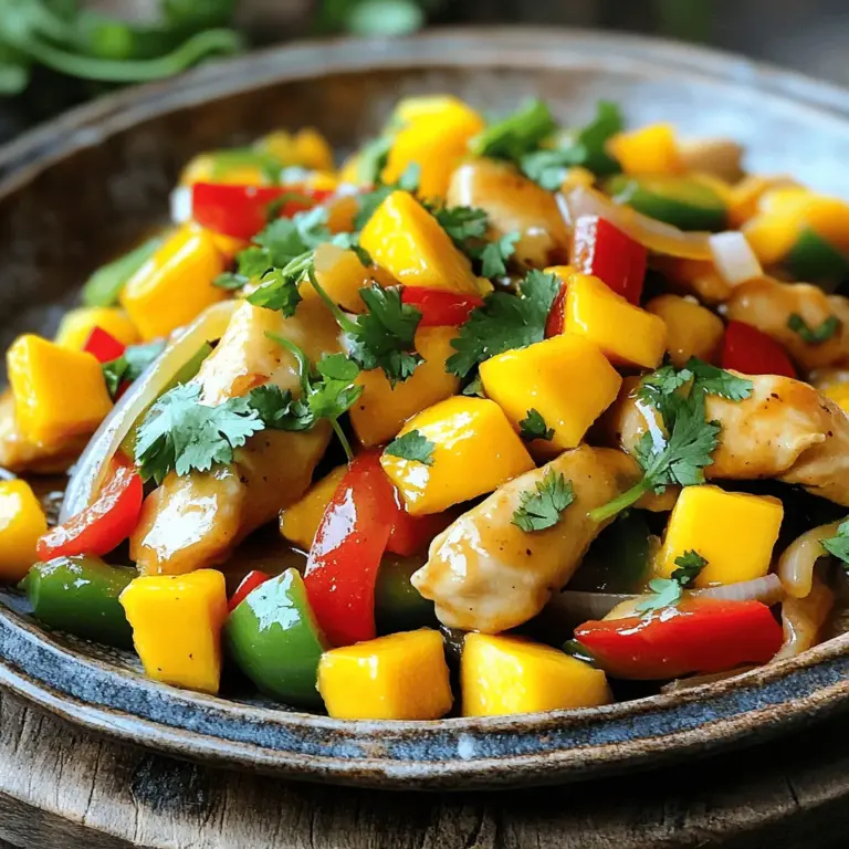 - 2 Hähnchenbrustfilets, dünn aufgeschnitten - 1 reife Mango, geschält und gewürfelt - 1 rote Paprika, in Streifen geschnitten - 1 grüne Paprika, in Streifen geschnitten Die Hauptzutaten für Mango Chicken Stir Fry sind einfach. Hähnchenbrust gibt dem Gericht eine gute Proteinquelle. Mango bringt eine süße und fruchtige Note. Die Paprika sorgt für einen knackigen Biss und schöne Farben. - 1 mittlere Zwiebel, dünn geschnitten - 2 Knoblauchzehen, fein gehackt - 1 Esslöffel Ingwer, gerieben - 3 Esslöffel Sojasauce - 1 Esslöffel Honig Zusätzliche Zutaten bringen Tiefe in den Geschmack. Zwiebeln und Knoblauch geben ein tolles Aroma. Ingwer sorgt für einen würzigen Kick. Sojasauce und Honig machen die Marinade besonders lecker. - 1 Esslöffel Sesamöl - 1 Esslöffel Pflanzenöl - Salz und Pfeffer nach Geschmack - Frischer Koriander, zum Garnieren Öle und Gewürze sind wichtig für das Kochen. Sesamöl hat einen nussigen Geschmack. Salz und Pfeffer bringen die Aromen hervor. Frischer Koriander ist das i-Tüpfelchen für die Garnitur. Diese Zutaten helfen dir, ein einfaches und köstliches Gericht zu zaubern. Du kannst alle Zutaten in einem großen Supermarkt finden. Wenn du mehr über die Zubereitung erfahren möchtest, schau dir das Full Recipe an. Um das Hähnchen zart und aromatisch zu machen, starten wir mit der Marinade. Mische in einer kleinen Schüssel die Sojasauce, den Honig und das Sesamöl. Diese Mischung bringt süße und salzige Aromen zusammen. Schneide die Hähnchenbrustfilets in dünne Streifen und lege sie in die Marinade. Lass sie etwa 15 Minuten marinieren. So ziehen die Aromen tief ein. Erhitze eine große Pfanne oder einen Wok bei mittlerer bis hoher Hitze. Gib das Pflanzenöl hinein. Warte, bis das Öl heiß ist, bevor du das marinierte Hähnchen hinzufügst. Brate das Hähnchen etwa 5-7 Minuten lang an, bis es durchgegart ist und leicht karamellisiert aussieht. Nimm das Hähnchen dann aus der Pfanne und stelle es beiseite. Jetzt kommt der bunte Teil! Gib die geschnittene Zwiebel, die roten und grünen Paprikastreifen, den Knoblauch und den Ingwer in die Pfanne. Brate das Gemüse etwa 3-4 Minuten lang an. Achte darauf, dass es zart, aber noch knackig bleibt. Füge dann das Hähnchen zurück in die Pfanne und gib die gewürfelte Mango dazu. Rühre sanft um und erwärme die Mango für etwa 2 Minuten. Jetzt hast du ein tolles Mango Chicken Stir Fry! Du kannst das Gericht nach Belieben mit Salz und Pfeffer abschmecken. Wenn du mehr Details zur Zubereitung benötigst, kannst du das Full Recipe nachlesen. - Tipps für das Anbraten im Wok: Ein Wok ist ideal für schnelles Anbraten. Sie sollten das Öl gut erhitzen, bevor Sie die Zutaten hinzufügen. Das sorgt für eine schöne Bräunung und einen tollen Geschmack. Rühren Sie schnell, damit nichts anbrennt. - Verwendung der richtigen Temperatur: Die Hitze spielt eine große Rolle. Hohe Hitze sorgt dafür, dass das Hähnchen außen knusprig wird, während es innen saftig bleibt. Achten Sie darauf, die Temperatur nicht zu niedrig zu wählen, sonst wird das Gericht matschig. - Vegetarische Alternativen: Wenn Sie eine vegetarische Option möchten, können Sie Tofu anstelle von Hähnchen verwenden. Schneiden Sie den Tofu in Würfel und braten Sie ihn gleich wie das Hähnchen. Das ergibt eine leckere, fleischfreie Mahlzeit. - Gewürzvariationen: Experimentieren Sie mit Gewürzen! Fügen Sie Chili für Schärfe oder Curry für eine exotische Note hinzu. Auch frischer Limettensaft hebt den Geschmack und macht das Gericht frischer. - Anrichten für ein ansprechendes Aussehen: Ein schönes Anrichten macht das Essen besonders. Nutzen Sie einen großen, flachen Teller. Legen Sie das Hähnchen und Gemüse in die Mitte und streuen Sie frischen Koriander darüber. - Serviervorschläge mit Beilagen: Servieren Sie das Mango Chicken Stir Fry mit Reis oder Nudeln. Sie können auch einen frischen Salat dazu reichen, um die Aromen zu ergänzen. Für einen spritzigen Akzent passen Limettenscheiben hervorragend. {{image_4}} Um Mango Chicken Stir Fry frisch zu halten, nutzen Sie luftdichte Behälter. Diese Behälter schützen das Gericht vor Luft und Feuchtigkeit. Lagern Sie es im Kühlschrank für bis zu drei Tage. Achten Sie darauf, dass das Gericht abgekühlt ist, bevor Sie es einfüllen. So bleibt die Frische länger erhalten. Um Reste einzufrieren, teilen Sie das Gericht in Portionen auf. Nutzen Sie gefriergeeignete Behälter oder Beutel. Drücken Sie die Luft heraus, um Gefrierbrand zu vermeiden. Mango Chicken Stir Fry hält sich bis zu drei Monate im Gefrierfach. Zum Auftauen legen Sie es einfach in den Kühlschrank über Nacht oder verwenden Sie die Mikrowelle. Vermeiden Sie das Auftauen bei Raumtemperatur, um Bakterienwachstum zu verhindern. Die besten Methoden zum Erwärmen sind die Mikrowelle oder eine Pfanne. In der Mikrowelle erhitzen Sie es in Intervallen von 30 Sekunden. Rühren Sie zwischendurch um, um eine gleichmäßige Temperatur zu erreichen. In der Pfanne können Sie einen Spritzer Wasser oder Öl hinzufügen. So bleibt das Gericht saftig. Achten Sie darauf, es nicht zu lange zu erwärmen, um Austrocknen zu vermeiden. Jede Portion Mango Chicken Stir Fry hat etwa 350 Kalorien. Das Gericht enthält viel Protein durch das Hähnchen. Es bietet auch gesunde Fette aus dem Sesamöl. Die Mango fügt natürliche Süße und Ballaststoffe hinzu. Für gesunde Anpassungen nutzen Sie mageres Hähnchen oder weniger Öl. Ersetzen Sie die Sojasauce durch eine natriumarme Variante. Dies reduziert die Kalorien und den Salzgehalt. Eine ideale Portionsgröße ist etwa eine Tasse. Dies reicht für die meisten Esser. Servieren Sie das Gericht auf einem großen Teller. So wirken die bunten Farben ansprechend. Für Beilagen empfehle ich gekochten Reis oder Nudeln. Diese passen gut zu den Aromen des Gerichts. Auch ein frischer Salat ergänzt die Mahlzeit gut. Achten Sie auf Allergene wie Soja und Sesam. Einige Menschen sind dafür empfindlich. Wenn Sie glutenfrei essen, wählen Sie glutenfreie Sojasauce. Für eine ausgewogene Ernährung können Sie auch Gemüse hinzufügen. Brokkoli oder Zucchini sind tolle Optionen. Sie erhöhen die Nährstoffe ohne viele Kalorien hinzuzufügen. Die Zubereitung von Mango Chicken Stir Fry dauert etwa 30 Minuten. Davon sind 15 Minuten für die Marinade und 15 Minuten zum Kochen. Diese Zeit macht das Gericht perfekt für ein schnelles Abendessen. Ja, du kannst Mango Chicken Stir Fry vorbereiten. Du kannst das Hähnchen bis zu einen Tag im Voraus marinieren. Das macht die Zubereitung am Kochtag schneller. Das Gemüse kannst du auch schon schneiden. So hast du alles bereit, wenn du kochen möchtest. Zu Mango Chicken Stir Fry passen viele Beilagen gut. Hier sind einige Ideen: - Gekochter Reis - Nudeln - Quinoa - Frischer Salat Diese Beilagen ergänzen die Aromen des Gerichts gut und sorgen für eine ausgewogene Mahlzeit. Wenn du mehr über die Zubereitung erfahren möchtest, schau dir das vollständige Rezept an. Mango Chicken Stir Fry macht Spaß und schmeckt gut. Du lernst die Zutaten, wie Hähnchen und Mango, kennen. Die Schritte sind einfach und die Tipps helfen dir, das Gericht perfekt zuzubereiten. Du kannst sogar Varianten ausprobieren und das Gericht anpassen. Denke daran, die Reste richtig zu lagern, damit sie frisch bleiben. Mit den Nährwertinformationen kannst du gesunde Portionen planen. Erfreue dich an diesem leckeren Gericht und überrasche deine Familie oder Freunde damit. Kochen macht Freude!