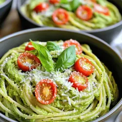 Um die cremige Avocado-Pasta zu machen, brauchst du: - 2 reife Avocados, entsteint und geschält - 2 Knoblauchzehen, fein gehackt - 1/4 Tasse frische Basilikumblätter, plus extra zur Garnitur - 2 Esslöffel Zitronensaft - 1/4 Teelöffel rote Pfefferflocken (optional) - 1/2 Tasse griechischer Joghurt oder pflanzlicher Joghurt (für die Cremigkeit) - Salz und schwarzer Pfeffer nach Geschmack - 225 g Vollkorn- oder glutenfreie Spaghetti - 1/4 Tasse Kirschtomaten, halbiert (zur Garnitur) - Geriebener Parmesan oder Nährhefe (zum Bestreuen) Diese Zutaten sorgen für einen tollen Geschmack und eine schöne Textur. Die Avocados sind die Hauptzutat und machen die Sauce cremig. Hier sind einige Nährwertangaben der wichtigsten Zutaten: - Avocados: Sie sind reich an gesunden Fetten und Vitaminen. Sie enthalten Ballaststoffe, die gut für die Verdauung sind. - Knoblauch: Knoblauch hat viele gesundheitliche Vorteile. Er kann das Immunsystem stärken und hat antioxidative Eigenschaften. - Basilikum: Dieses Kraut ist nicht nur lecker, sondern auch reich an Vitaminen und hat entzündungshemmende Eigenschaften. - Joghurt: Er fügt Cremigkeit hinzu und ist eine gute Eiweißquelle. Pflanzlicher Joghurt ist eine tolle Option für Veganer. Diese Zutaten machen die Pasta nicht nur lecker, sondern auch nahrhaft. Um die besten Avocados auszuwählen, achte auf diese Tipps: - Reife: Drücke leicht auf die Avocado. Sie sollte sanft nachgeben, aber nicht zu weich sein. - Farbe: Eine dunkle, matte Haut zeigt oft, dass die Avocado reif ist. - Stiel: Überprüfe den kleinen Stiel an der Oberseite. Wenn er sich leicht lösen lässt und grün ist, ist die Avocado gut. Mit frischen, reifen Avocados wird deine Pasta besonders cremig und schmackhaft. Für das vollständige Rezept sieh dir die [Full Recipe] an. Beginne damit, einen großen Topf mit gesalzenem Wasser zu füllen. Stelle ihn auf hohe Hitze. Warte, bis das Wasser kocht. Gib nun die Spaghetti hinein. Koche die Nudeln nach den Anweisungen auf der Verpackung, bis sie al dente sind. Das dauert meist etwa 8 bis 10 Minuten. Vergiss nicht, 1/2 Tasse Nudelwasser aufzuheben, bevor du die Spaghetti abgießt. Dieses Wasser hilft später, die Sauce zu verdünnen. Während die Pasta kocht, kannst du die Avocado-Sauce zubereiten. Nimm die reifen Avocados und schneide sie auf. Entferne den Kern und die Schale. Gib die Avocados in eine Küchenmaschine. Füge die gehackten Knoblauchzehen, die frischen Basilikumblätter, den Zitronensaft und den griechischen Joghurt hinzu. Wenn du magst, füge auch die roten Pfefferflocken hinzu. Püriere alles, bis die Mischung ganz glatt und cremig ist. Wenn die Sauce zu dick ist, füge nach und nach das aufbewahrte Nudelwasser hinzu. Schmecke die Sauce mit Salz und schwarzem Pfeffer ab. In einer großen Schüssel vermische die abgetropften Spaghetti mit der Avocado-Sauce. Rühre gut um, damit alle Nudeln gleichmäßig mit der Sauce überzogen sind. Serviere die Pasta sofort in tiefen Schalen. Garniere die Gerichte mit halbierten Kirschtomaten, zusätzlichen Basilikumblättern und einer Prise geriebenem Parmesan oder Nährhefe. So sieht das Gericht nicht nur schön aus, sondern schmeckt auch köstlich. Wenn du magst, füge einen kleinen Schuss Olivenöl hinzu, um zusätzlichen Glanz zu verleihen. Für die vollständige Zubereitung kannst du das Rezept unter [Full Recipe] finden. Ein häufiger Fehler ist, die Avocados zu früh zu pürieren. Warte, bis die Pasta fast fertig ist. So bleibt die Sauce frisch und lecker. Achte darauf, die Avocados reif zu wählen. Unreife Avocados sind hart und schmecken nicht gut. Wenn du die Sauce zu lange stehen lässt, wird sie braun. Mische etwas Zitronensaft hinein, um dies zu verhindern. Die Sauce sollte cremig, aber nicht zu dick sein. Wenn sie zu dick ist, füge etwas Nudelwasser hinzu. Das Wasser hat Stärke, die die Sauce bindet. Mische die Sauce gut mit der Pasta. So verteilst du die Aromen gleichmäßig. Wenn du mehr Geschmack haben möchtest, kannst du mehr Knoblauch oder Basilikum hinzufügen. Das Anrichten macht viel aus. Serviere die Pasta in tiefen Schalen. Das sieht gemütlich aus. Garnieren mit Kirschtomaten und Basilikum bringt Farbe. Ein kleiner Schuss Olivenöl auf die Oberseite gibt Glanz. Für einen besonderen Touch streue etwas geriebenen Parmesan oder Nährhefe darüber. So wirkt dein Gericht sofort einladend. Wenn du mehr Ideen sehen möchtest, schau dir das Full Recipe an. {{image_4}} Um die Avocado-Pasta vegan zu machen, ersetze den griechischen Joghurt. Nutze stattdessen pflanzlichen Joghurt oder eine Mischung aus Cashew-Creme. Diese Optionen geben der Sauce die nötige Cremigkeit. Du kannst auch Nährhefe verwenden, um einen käsigen Geschmack zu erzielen. Um die Pasta aufregender zu machen, füge zusätzliche Zutaten hinzu. Gegrilltes Gemüse wie Zucchini oder Paprika passt gut. Du kannst auch geröstete Pinienkerne für einen nussigen Geschmack hinzufügen. Oliven oder Kapern bringen eine salzige Note. Frische Kräuter, wie Petersilie oder Schnittlauch, sorgen für Frische. Für eine glutenfreie Version wähle glutenfreie Spaghetti. Diese sind in vielen Supermärkten erhältlich. Du kannst auch Zucchini-Nudeln oder Spaghetti aus Kichererbsen verwenden. Diese Alternativen sind ebenfalls gesund und lecker. Sie passen gut zur cremigen Avocado-Sauce. Die Avocado-Sauce lässt sich gut einfrieren. Du kannst die Sauce in einem luftdichten Behälter aufbewahren. Fülle den Behälter nicht ganz voll, da sich die Sauce beim Einfrieren ausdehnt. So bleibt die Sauce frisch und lecker, wenn du sie später brauchst. Achte darauf, die Sauce vor dem Einfrieren gut zu pürieren. So wird sie schön cremig. Wenn du Reste hast, lagere sie in einem verschlossenen Behälter im Kühlschrank. Die Sauce bleibt etwa 2 Tage frisch. Um die Farbe zu erhalten, kannst du etwas Zitronensaft darüber geben. Das hilft, das Braunwerden zu verhindern. Wenn du die Pasta aufbewahrst, halte die Sauce von den Nudeln fern. So bleibt die Pasta bissfest. Für die beste Qualität genieße die Avocado-Sauce innerhalb von 48 Stunden. Nach dieser Zeit kann der Geschmack nachlassen. Wenn du die Sauce eingefroren hast, verwende sie innerhalb von 1 bis 2 Monaten. So bleibt der frische Geschmack erhalten. Zögere nicht, die Sauce wieder aufzutauen und eine köstliche Mahlzeit zu zaubern. Du findest das vollständige Rezept in der Full Recipe. Die Avocado-Sauce hält sich im Kühlschrank etwa 1 bis 2 Tage. Achte darauf, sie in einem luftdichten Behälter aufzubewahren. Der Sauerstoff lässt die Sauce schnell braun werden. Ein Spritzer Zitronensaft kann helfen, die Farbe zu bewahren. Verwende sie frisch, um den besten Geschmack zu genießen. Ja, du kannst die Avocados durch Erbsen oder Zucchini ersetzen. Diese Optionen bieten eine ähnliche Cremigkeit. Erbsen sind süß und leicht, während Zucchini mild im Geschmack ist. Püriere sie, um eine glatte Sauce zu erhalten. Experimentiere mit verschiedenen Zutaten, um deinen eigenen Geschmack zu finden. Für die cremige Avocado-Pasta sind Vollkorn-Spaghetti ideal. Sie haben einen nussigen Geschmack und eine tolle Textur. Du kannst auch glutenfreie Spaghetti verwenden, wenn du eine glutenfreie Option benötigst. Andere Pastaformen wie Fusilli oder Penne funktionieren ebenfalls gut. Wähle deine Lieblingssorte für das beste Ergebnis! Diese Anleitung zeigt dir alles, was du für ein leckeres Avocado-Pasta-Gericht brauchst. Wir haben die Zutaten aufgelistet und erklärt, wie du die Sauce zubereitest. Zusätzlich gibt es nützliche Tipps, um Fehler zu vermeiden und deine Sauce perfekt zu machen. Variationen bieten dir neue Geschmacksmöglichkeiten. Die Lagerung ist einfach und schont die Qualität deiner Sauce. Jetzt bist du bereit, mit Avocado zu experimentieren und leckere Pasta zu kreieren, die gesund und sättigend ist. Viel Spaß beim Kochen!