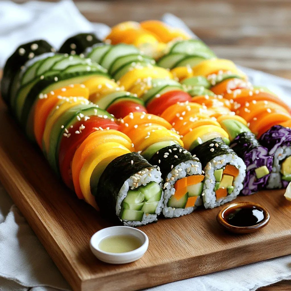 Für die Regenbogen Gemüse Sushi Rollen benötigst du frische und bunte Zutaten, die sowohl gut schmecken als auch schön aussehen. Hier sind die Hauptzutaten: - 2 Tassen Sushi-Reis - 2 1/2 Tassen Wasser - 1/4 Tasse Reisessig - 1 Esslöffel Zucker - 1 Teelöffel Salz - 4 Blätter Nori (Seetang) - 1 kleine Gurke, in Julienne geschnitten - 1 Karotte, geschält und in Julienne geschnitten - 1 Paprika (jede Farbe), dünn geschnitten - 1 Avocado, in Scheiben geschnitten - 1 Tasse lila Kohl, dünn geschnitten - 1/4 Tasse Sesamsamen (zum Garnieren) - Sojasauce und eingelegter Ingwer (zum Servieren) Du kannst diese Zutaten in jedem gut sortierten Supermarkt finden. Achte darauf, frisches Gemüse zu wählen, denn das macht den Unterschied. Um die Sushi Rollen zu machen, brauchst du einige einfache Küchenutensilien. Hier ist eine Liste: - Ein Topf zum Kochen des Reises - Eine große Schüssel zum Mischen des Reises - Eine Bambus-Sushi-Matte - Ein scharfes Messer zum Schneiden der Sushi Rollen - Eine kleine Schüssel für den Sushi-Essig - Ein Holzlöffel zum Mischen Diese Utensilien sind leicht zu finden und helfen dir, die Sushi perfekt zuzubereiten. Wenn du spezielle Diätvorgaben hast, gibt es viele Alternativen für die Zutaten. Hier sind einige Vorschläge: - Verwende Quinoa anstelle von Sushi-Reis für mehr Protein. - Nimm glutenfreie Nori-Blätter, wenn du glutenfrei isst. - Ersetze die Sojasauce durch Tamari für eine glutenfreie Option. - Füge Tofu oder Tempeh hinzu, um die Rollen proteinreicher zu machen. Mit diesen Alternativen kannst du das Rezept an deine Bedürfnisse anpassen. Du kannst die Regenbogen Gemüse Sushi Rollen nach deinem Geschmack gestalten. Für das vollständige Rezept, schaue dir [Full Recipe] an. Um den Sushi-Reis perfekt zu kochen, beginne mit 2 Tassen Sushi-Reis. Spüle den Reis mit kaltem Wasser ab, bis das Wasser klar ist. Das entfernt die überschüssige Stärke. Dann vermische den Reis mit 2 1/2 Tassen Wasser in einem Topf. Bring das Wasser zum Kochen. Reduziere die Hitze, decke den Topf ab und lasse den Reis 20 Minuten lang köcheln. Nach der Kochzeit nimm den Topf vom Herd und lasse den Reis 10 Minuten ruhen. In der Zwischenzeit kannst du den Sushi-Essig machen. Nimm eine kleine Schüssel und vermische 1/4 Tasse Reisessig, 1 Esslöffel Zucker und 1 Teelöffel Salz. Rühre die Mischung gut um, bis sich Zucker und Salz auflösen. Wenn der Reis fertig ist, gib ihn in eine große Schüssel und füge den Sushi-Essig vorsichtig hinzu. Lass den Reis auf Zimmertemperatur abkühlen. Lege eine Bambus-Sushi-Matte auf eine saubere Fläche. Lege ein Blatt Nori mit der glänzenden Seite nach unten darauf. Befeuchte deine Hände mit Wasser und verteile etwa 1/2 Tasse Sushi-Reis gleichmäßig auf dem Nori. Lass oben 1 Zoll frei. Platziere die geschnittenen Gemüsesorten (Gurke, Karotte, Paprika, Avocado und Kohl) an der unteren Kante des Reises. Rolle das Sushi von unten her fest auf, während du leichten Druck ausübst. Verwende etwas Wasser, um das Nori zu verschließen. Schneide die Rolle in 6-8 Stücke mit einem scharfen Messer. Wische das Messer zwischen den Schnitten ab. Wiederhole diesen Prozess mit den restlichen Nori-Blättern und Füllungen. Bestreue die fertigen Sushi-Rollen mit Sesamsamen für mehr Geschmack. Für die vollständige Rezeptanleitung, schau dir die [Full Recipe] an. Einer der häufigsten Fehler ist, zu viel Reis zu verwenden. Ein dünner Reisbelag ist besser. Achte darauf, dass du die Nori-Blätter mit der glänzenden Seite nach unten legst. So bleibt das Sushi schön und knusprig. Vermeide es, zu viel Druck beim Rollen auszuüben. Zu viel Druck kann die Füllung zerdrücken. Die Präsentation macht viel aus. Schneide die Sushi-Rollen in gleichmäßige Stücke. Ein scharfes Messer hilft dir dabei. Lege die Stücke auf einen schönen Teller. Bestreue sie mit Sesamsamen für einen tollen Look. Du kannst auch frische Kräuter oder essbare Blumen verwenden. Das gibt deinem Sushi einen farbenfrohen Akzent. Um besser zu rollen, benutze eine Bambusmatte. Diese sorgt für gleichmäßigen Druck. Halte das Nori-Blatt am Rand fest, während du rollst. Beginne mit dem unteren Ende und rolle vorsichtig. Wenn du die Füllung hinzufügst, achte darauf, dass sie gleichmäßig verteilt ist. Übung macht den Meister. Je mehr du übst, desto besser wirst du! Für mehr Details und eine vollständige Anleitung, schau dir das [Full Recipe] an. {{image_4}} Sushi ist ein kreatives Gericht. Du kannst viele Gemüsesorten verwenden. Probiere zum Beispiel Radieschen, Zucchini oder Spinat. Diese Gemüsesorten bringen neue Farben und Aromen. Manchmal kann es auch Spaß machen, mit Texturen zu spielen. Knackiges Gemüse wie Sellerie oder grüne Bohnen sorgt für einen schönen Biss. Wenn du etwas mehr Fülle möchtest, füge Protein hinzu. Gegrillter Tofu ist eine tolle Option. Du kannst auch Garnelen oder Lachs verwenden. Diese Zutaten bringen Geschmack und Nährstoffe. Denke daran, sie dünn zu schneiden. Das macht das Rollen einfacher und schmackhafter. Für ein veganes Sushi wähle nur pflanzliche Zutaten. Vermeide Fisch und Milchprodukte. Du kannst auch glutenfreies Sushi machen. Verwende glutenfreien Reis oder spezielle Nori-Blätter. So kannst du Sushi genießen, egal welche Diät du befolgst. Es gibt viele leckere Möglichkeiten. Für mehr Details, schaue dir das Full Recipe an. Die Regenbogen Gemüse Sushi Rollen sind am besten frisch. Lagere sie in einem luftdichten Behälter. So bleiben sie frisch und lecker. Bei Raumtemperatur sind sie bis zu zwei Stunden haltbar. Im Kühlschrank halten sie sich 24 Stunden. Achte darauf, sie mit einem feuchten Tuch abzudecken. Das verhindert, dass der Reis austrocknet. Sushi-Reste können nicht wirklich aufgewärmt werden. Der Reis wird gummiartig und das Gemüse verliert seine Frische. Wenn du Reste hast, genieße sie kalt. Füge etwas frischen Sojasauce hinzu, um den Geschmack zu verbessern. Um Überreste zu vermeiden, plane deine Portionen gut. Überlege, wie viele Sushi-Rollen du wirklich brauchst. Du kannst auch die Zutaten nach Bedarf anpassen. Wenn du wenig Zeit hast, mache nur eine Rolle oder zwei. So bleibt alles frisch und lecker. Die Zubereitung von Sushi erfordert etwas Planung. In der Regel dauert es etwa 30 Minuten, um alle Zutaten vorzubereiten. Die Kochzeit für den Sushi-Reis beträgt etwa 20 Minuten. Danach sollten Sie den Reis abkühlen lassen, was zusätzliche 10 Minuten in Anspruch nimmt. Insgesamt können Sie mit etwa 1 Stunde rechnen, um alle Schritte zu beenden und die Sushi-Rollen zu genießen. Ja, Sie können Sushi-Reis im Voraus zubereiten. Kochen Sie den Reis und lassen Sie ihn abkühlen. Lagern Sie ihn in einem luftdichten Behälter im Kühlschrank. So bleibt er frisch für bis zu zwei Tage. Denken Sie daran, vor dem Rollen den Reis wieder auf Zimmertemperatur zu bringen. Das verbessert die Textur und den Geschmack. Um frisches Sushi aufzubewahren, legen Sie die Rollen in einen luftdichten Behälter. Das verhindert, dass sie austrocknen. Sushi bleibt in der Regel 24 Stunden frisch im Kühlschrank. Servieren Sie es mit Sojasauce und eingelegtem Ingwer. Diese Beilagen verleihen zusätzlichen Geschmack und halten das Sushi lecker. Du hast erfahren, wie man Regenbogen Gemüse Sushi Rollen zubereitet. Wir haben die Zutaten, Werkzeuge und Schritt-für-Schritt-Anleitung besprochen. Tipps helfen dir, Fehler zu vermeiden und das Sushi schön zu präsentieren. Außerdem gibt es viele Variationen für jeden Geschmack. Beachte die Lagerinformationen, um frisches Sushi zu genießen und Reste richtig aufzubewahren. Experimentiere mit verschiedenen Zutaten und genieße das Kochen!