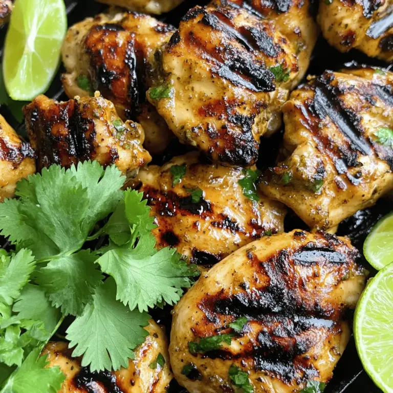 Um das beste Ergebnis zu erzielen, halte dich an diese Mengen: - 4 Hähnchenbrustfilets, entbeint und ohne Haut - 1 Esslöffel frischer Ingwer, gerieben - 3 Esslöffel Limettensaft (ca. 2 Limetten) - 2 Esslöffel Honig - 2 Knoblauchzehen, fein gehackt - 2 Esslöffel Sojasauce (reduzierter Natriumgehalt) - 1 Esslöffel Olivenöl - Salz und Pfeffer nach Geschmack - Frischer Koriander, zur Garnierung Diese Mengen sind perfekt für 4 Portionen. Sie sorgen für einen tollen Geschmack. Wähle frische Zutaten, um den besten Geschmack zu bekommen. Der Ingwer soll fest sein und gut riechen. Limetten sollten saftig und grün sein, ohne braune Flecken. Achte auch auf frischen Koriander. Er bringt Farbe und Aroma. Verwende auch hochwertige Sojasauce für einen intensiveren Geschmack. Wenn du Allergien hast oder spezielle Diäten befolgst, gibt es Alternativen: - Glutenfrei: Nutze Tamari anstelle von Sojasauce. - Zuckerfrei: Ersetze den Honig durch Agavendicksaft oder einen anderen Süßstoff. - Vegan: Verwende Tofu oder Tempeh anstelle von Hähnchen. Achte darauf, die Marinade gut einzuziehen. Diese Optionen helfen dir, das Rezept auf deine Bedürfnisse anzupassen. So bleibt es lecker und gesund. Um die Marinade zu machen, brauchst du eine mittelgroße Schüssel. Gib den geriebenen Ingwer, den Limettensaft, den Honig, die gehackten Knoblauchzehen, die Sojasauce und das Olivenöl hinein. Füge Salz und Pfeffer nach Geschmack hinzu. Mische alles gut mit einem Schneebesen. So entsteht eine leckere, aromatische Marinade, die perfekt für das Hähnchen ist. Als Nächstes nimm die Hähnchenbrustfilets. Lege sie in einen wiederverschließbaren Plastikbeutel oder in eine flache Schüssel. Gieße die Marinade über das Hähnchen. Achte darauf, dass alle Stücke gut bedeckt sind. Verschließe den Beutel oder decke die Schüssel mit Frischhaltefolie ab. Lasse das Hähnchen mindestens 30 Minuten im Kühlschrank marinieren. Du kannst es auch bis zu 2 Stunden marinieren, um die Aromen noch besser zu entfalten. Heize den Grill auf mittelhohe Hitze vor. Nimm das Hähnchen aus der Marinade und lasse die überschüssige Marinade abtropfen. Entsorge die restliche Marinade. Lege das Hähnchen auf den Grill. Grill das Hähnchen 6 bis 7 Minuten pro Seite. Es ist fertig, wenn die Innentemperatur 75°C erreicht. Du solltest schöne Grillstriemen sehen. Lass das Hähnchen nach dem Grillen 5 Minuten ruhen, bevor du es in Scheiben schneidest. Garnier das Gericht mit frisch gehacktem Koriander. Serviere es mit Limettenvierteln. Für das vollständige Rezept, schau dir die [Full Recipe] an. Um das beste Ergebnis zu erzielen, ist die Grilltemperatur wichtig. Stelle deinen Grill auf mittelhohe Hitze ein. Das bedeutet ungefähr 180 bis 200 Grad Celsius. Wenn du dein Hähnchen auf den Grill legst, sollte es sofort zischen. So weißt du, dass es heiß genug ist. Eine gute Temperatur sorgt für schöne Grillstreifen und saftiges Fleisch. Verwende ein Grillthermometer, um die Temperatur genau zu messen. Das Hähnchen sollte eine Innentemperatur von 75 Grad Celsius erreichen. Um die Aromen zu verstärken, marinierst du das Hähnchen mindestens 30 Minuten. Wenn du mehr Zeit hast, ist eine Marinierzeit von 2 Stunden besser. Du kannst auch frische Kräuter wie Koriander oder Basilikum hinzufügen. Diese Kräuter bringen frische Noten in das Gericht. Du kannst auch etwas Limettenschale in die Marinade geben. Das verstärkt den Limettengeschmack und macht es noch leckerer. Ein häufiger Fehler ist, das Hähnchen zu früh auf den Grill zu legen. Lass es zuerst gut marinieren. Ein weiterer Fehler ist, das Hähnchen ständig zu wenden. Lass es in Ruhe grillen, damit es die Grillstreifen bekommt. Achte auch darauf, die Marinade nicht wiederzuverwenden, da sie rohes Hähnchen enthält. Schmeiß die übrig gebliebene Marinade immer weg. Mit diesen Tipps gelingt dir das perfekte Ginger Lime Grilled Chicken. Schau dir auch das Full Recipe an. {{image_4}} Für eine asiatische Note kannst du Sesam hinzufügen. Mische 1 Esslöffel Sesamöl in die Marinade. Füge auch 1 Esslöffel geröstete Sesamsamen hinzu. Diese geben dem Hähnchen einen nussigen Geschmack. Du kannst auch etwas frischen Koriander in die Marinade geben. Das bringt mehr Frische und Tiefe. Wenn du es scharf magst, füge frische Chilis oder Chili-Pulver hinzu. Mixe 1 Teelöffel Chili-Pulver in die Marinade. Du kannst auch 1–2 gehackte frische Chilis einfügen. Diese bringen Hitze und Geschmack. Achte darauf, die Schärfe nach deinem Geschmack anzupassen. Für eine vegetarische Option kannst du Tofu verwenden. Wähle festen Tofu und schneide ihn in Würfel. Marinade den Tofu wie das Hähnchen. Grille ihn dann für 5-6 Minuten pro Seite. Das gibt dir einen leckeren Grillgeschmack. Du kannst auch Gemüse wie Paprika oder Zucchini grillen. Diese passen gut zur Marinade. Für das vollständige Rezept, siehe [Full Recipe]. Um dein Ginger Lime Grilled Chicken frisch zu halten, lege es in einen luftdichten Behälter. Du kannst das Hähnchen auch in Frischhaltefolie einwickeln. Achte darauf, dass die Marinade gut eingezogen ist, bevor du das Hähnchen lagerst. So bleibt der Geschmack erhalten. Wenn du das Hähnchen wieder erwärmen möchtest, nutze den Ofen oder die Mikrowelle. Im Ofen kannst du das Hähnchen bei 180°C (356°F) für etwa 15-20 Minuten erhitzen. Decke es mit Alufolie ab, damit es saftig bleibt. In der Mikrowelle erwärmst du es in kurzen Intervallen von 1-2 Minuten. Überprüfe die Temperatur, um sicherzustellen, dass es gleichmäßig warm ist. Im Kühlschrank bleibt das Grillhähnchen für 3 bis 4 Tage frisch. Stelle sicher, dass du es in einem luftdichten Behälter aufbewahrst. Wenn du das Hähnchen länger aufbewahren möchtest, friere es ein. Im Gefrierschrank hält es etwa 3 Monate. Achte darauf, es gut zu verpacken, um Gefrierbrand zu vermeiden. Für eine schnellere Zubereitung kannst du das Hähnchen nach dem Auftauen direkt grillen oder braten. Wenn du mehr über die Zubereitung erfahren möchtest, schaue dir das Full Recipe an! Das Hähnchen sollte mindestens 30 Minuten marinieren. So können die Aromen gut einziehen. Du kannst es auch bis zu 2 Stunden marinieren. Längeres Marinieren macht das Hähnchen zarter und geschmackvoller. Ginger Lime Grilled Chicken passt gut zu verschiedenen Beilagen. Hier sind einige Ideen: - Gegrilltes Gemüse - Reis oder Quinoa - Ein frischer Salat - Kartoffelsalat Diese Optionen ergänzen die Aromen des Hähnchens perfekt. Ja, du kannst die Marinade auch für andere Fleischsorten nutzen. Probier sie mit Schweinefleisch oder Fisch. Die Aromen von Ingwer und Limette passen gut zu diesen Sorten. Achte darauf, die Marinierzeit anzupassen, da verschiedene Fleischsorten unterschiedlich lange brauchen. Zusammenfassend haben wir die besten Zutaten für Grillhähnchen besprochen. Wir schauten uns auch an, wie man eine schmackhafte Marinade zubereitet und welche Grillmethoden es gibt. Tipps helfen, häufige Fehler zu vermeiden und die perfekte Temperatur zu erreichen. Vielfalt bringt Spannung, mit asiatischen, scharfen und vegetarischen Optionen. Informieren Sie sich über die richtige Lagerung und das Wiedererwärmen des Hähnchens. Nutzen Sie diese Tipps, um Ihr Grillhähnchen zu perfektionieren und neue Geschmackserlebnisse zu entdecken.