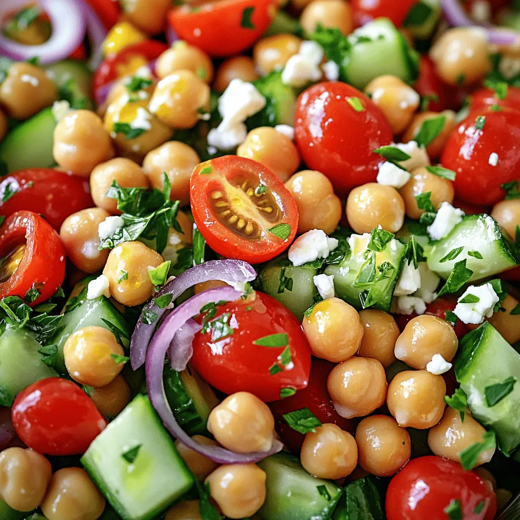 - Kichererbsen - Kirschtomaten - Salatgurke Die Kichererbsen sind die Basis. Sie sind nahrhaft und bieten eine tolle Textur. Kirschtomaten bringen Frische und Süße. Salatgurke sorgt für einen knackigen Biss. Diese Zutaten machen den Salat leicht und gesund. - Feta-Käse - Kalamata-Oliven - Petersilie Feta-Käse fügt einen cremigen Geschmack hinzu. Die Kalamata-Oliven geben ein salziges Aroma. Petersilie bringt Farbe und einen frischen Geschmack. Diese Zutaten sind nicht zwingend nötig, aber sie machen den Salat spannender. - Olivenöl - Zitronensaft - Oregano Olivenöl ist die Basis für das Dressing. Es macht den Salat reichhaltig. Zitronensaft gibt eine spritzige Frische. Oregano bringt mediterranen Geschmack ins Spiel. Diese Gewürze sind einfach, aber wirkungsvoll. Sie heben die Aromen des Salats hervor. Für die vollständige Anleitung, siehe das Full Recipe. Beginne mit den Kichererbsen. Spüle sie gut ab und lasse sie abtropfen. So entfernst du überschüssiges Salz und Stärke. Während die Kichererbsen abtropfen, schneide das Gemüse. Halbiere die Kirschtomaten. Würfle die Salatgurke. Hacke die rote Zwiebel fein. Diese Schritte sind einfach, aber sie machen den Salat frisch und bunt. Für das Dressing nimm eine kleine Schüssel. Mische Olivenöl, Zitronensaft, Oregano, Salz und Pfeffer. Verwende einen Schneebesen oder eine Gabel, um alles gut zu vermengen. Das Dressing gibt dem Salat Geschmack. Du kannst die Menge nach deinem Geschmack anpassen. Nimm eine große Schüssel und füge die Kichererbsen, Tomaten, Gurke, Zwiebel, Oliven und Petersilie hinzu. Vermenge alles vorsichtig. Gieße dann das Dressing über die Zutaten. Mische erneut, damit alle Zutaten gleichmäßig bedeckt sind. Wenn du Feta-Käse verwendest, streue ihn jetzt darüber. Schmecke den Salat ab und passe die Gewürze an. Lass den Salat etwa 10 Minuten ruhen, damit die Aromen sich verbinden. So wird jeder Biss köstlich. Für das vollständige Rezept schaue bitte bei [Full Recipe]. - Ideal für Meal Prepping: Dieser Salat ist perfekt, wenn du für die Woche planst. Du kannst ihn am Sonntag machen und er bleibt frisch. Einfach die Zutaten in Portionen aufteilen. So hast du immer einen schnellen Snack oder eine Beilage. - Frische Kräuter hinzufügen: Frische Kräuter geben deinem Salat mehr Geschmack. Du kannst Basilikum, Minze oder Dill verwenden. Diese Kräuter machen das Rezept noch leckerer. - So bleibt der Salat frisch: Der Salat schmeckt am besten, wenn du ihn frisch zubereitest. Aber du kannst ihn auch im Kühlschrank aufbewahren. Achte darauf, ihn in einem luftdichten Behälter zu lagern. So bleibt er knackig. - Aufbewahrung im Kühlschrank: Lagere den Salat bis zu drei Tage im Kühlschrank. Achte darauf, das Dressing separat aufzubewahren. So wird der Salat nicht matschig. - Beilagenideen: Dieser Salat passt gut zu gegrilltem Fleisch oder Fisch. Er ist auch lecker mit Fladenbrot oder Pita. Du kannst ihn als Hauptgericht oder Beilage servieren. - Angemessenes Geschirr: Verwende eine große Schüssel für den Salat. Das macht es einfacher, alles gut zu vermengen. Du kannst auch kleine Schalen für jede Portion verwenden. So sieht es schön aus und macht mehr Spaß beim Essen. {{image_4}} Für eine vegane Option lasse den Feta-Käse weg. Er ist zwar lecker, aber nicht notwendig. Stattdessen kannst du Nüsse und Samen hinzufügen. Diese bringen einen tollen Crunch und noch mehr Nährstoffe. Walnüsse oder Sonnenblumenkerne passen gut in diesen Salat. Sie machen ihn noch sättigender. Du kannst auch Avocado oder Paprika in den Salat geben. Beides bringt frische und Farbe. Avocado macht den Salat cremig, während Paprika einen süßen Biss hinzufügt. Experimentiere mit verschiedenen Kräuterkombinationen wie Basilikum oder Minze. Diese geben dem Salat einen neuen Geschmack. Es gibt viele Wege, den Salat zu variieren. Eine mediterrane Variante nutzt Quinoa anstelle von Kichererbsen. Quinoa ist reich an Eiweiß und macht den Salat noch nahrhafter. Du kannst auch asiatische Inspirationen nutzen und Sojasauce oder Ingwer hinzufügen. Das bringt einen aufregenden Twist in den Salat. Mit diesen Variationen kannst du deiner Kreativität freien Lauf lassen. Probiere verschiedene Kombinationen aus, um deinen perfekten mediterranen Kichererbsensalat zu finden. Schau dir auch das [Full Recipe] an, um die Basis zu haben! Der mediterrane Kichererbsensalat hat viele Nährstoffe. Eine Portion enthält: - Kalorien: 220 kcal - Fett: 10 g - Kohlenhydrate: 25 g - Protein: 8 g Dieser Salat ist leicht und sättigend. Die Kichererbsen liefern Protein und Ballaststoffe. Das Gemüse bringt Vitamine und Mineralien. Vorteile von Kichererbsen Kichererbsen sind sehr gesund. Sie helfen, den Blutzucker zu regulieren. Sie sind eine gute Proteinquelle. Außerdem fördern sie die Verdauung. Nährstoffe aus frischem Gemüse Frisches Gemüse ist reich an Nährstoffen. Tomaten liefern Antioxidantien. Gurken sind hydrierend und kalorienarm. Zwiebeln haben entzündungshemmende Eigenschaften. Verschiedene Portionsgrößen Das Rezept ist für vier Portionen. Du kannst die Menge leicht anpassen. Für weniger Gäste nimm einfach die Hälfte der Zutaten. Anpassungen für Diäten Du kannst Kichererbsensalat anpassen. Für eine kalorienärmere Diät, lass den Feta-Käse weg. Wenn du Vegan bist, ersetze den Käse mit Nüssen oder Samen. Probier verschiedene Kräuter! Wenn du mehr über die Zubereitung erfahren willst, schau dir das [Full Recipe](#) an. Der mediterrane Kichererbsensalat bleibt im Kühlschrank etwa 3 bis 5 Tage frisch. Achte darauf, ihn in einem luftdichten Behälter zu lagern. Wenn du die Zutaten gut vermischt hast, ziehen die Aromen ein. So schmeckt der Salat auch nach ein paar Tagen noch lecker. Ja, du kannst diesen Salat im Voraus machen. Bereite ihn bis zu 24 Stunden vorher zu. Das macht ihn ideal für Partys oder Mahlzeiten unter der Woche. Du kannst die Kichererbsen, das Gemüse und das Dressing separat lagern. Mische alles kurz vor dem Servieren, um die Frische zu bewahren. Es gibt viele leckere Dressing-Alternativen für deinen Kichererbsensalat. Du kannst Balsamico-Essig und Honig mischen. Das gibt einen süßeren Geschmack. Ein Joghurt-Dressing bringt eine cremige Note. Oder verwende Tahini für einen nussigen Geschmack. Probiere verschiedene Kombinationen aus, um deinen Lieblingsgeschmack zu finden. In diesem Blogbeitrag haben wir einen leckeren Kichererbsensalat erkundet. Wir haben über die Haupt- und optionalen Zutaten gesprochen. Außerdem gab es Tipps zur Zubereitung, Lagerung und Serviervorschläge. Die Variationen und Nährwerte werden dir helfen, neue Geschmackserlebnisse zu entdecken. Mein abschließender Gedanke: Sei kreativ mit deinem Salat! So bleibt er frisch und spannend. Du wirst sicher viele Vorlieben finden.