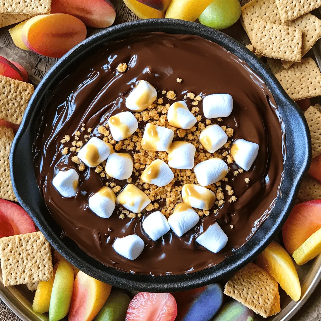 Für einen leckeren S'mores Dip brauchst du: - 1 Tasse Zartbitterschokoladenstückchen - 1 Tasse Mini-Marshmallows - 1/2 Tasse Graham-Cracker-Brösel Diese Zutaten sind das Herzstück des Rezepts. Die Zartbitterschokoladenstückchen geben einen tiefen, schokoladigen Geschmack. Die Mini-Marshmallows sorgen für die süße, luftige Note. Die Graham-Cracker-Brösel fügen Crunch hinzu und runden das Ganze ab. Du kannst auch einige optionale Zutaten hinzufügen: - 2 Esslöffel ungesalzene Butter - 1 Teelöffel Vanilleextrakt - Eine Prise Meersalz Die Butter macht die Schokolade cremiger. Vanilleextrakt bringt zusätzlichen Geschmack. Ein Hauch von Meersalz hebt die süßen Aromen hervor und sorgt für Balance. Für das perfekte Dip-Erlebnis empfehle ich: - Graham-Cracker - Obstscheiben zum Dippen Graham-Cracker sind klassisch und passen gut. Obstscheiben wie Äpfel oder Erdbeeren bringen Frische. Du kannst auch andere Snacks ausprobieren. So wird dein Dip noch vielfältiger! Für das vollständige Rezept, schau dir bitte [Full Recipe] an. - Heize deinen Ofen auf 180°C (350°F) vor. Ein warmer Ofen sorgt für ein gleichmäßiges Backen. - Mische die Zartbitterschokoladenstückchen mit der geschmolzenen Butter in einer Schüssel. Rühre gut, bis alles gleichmäßig verteilt ist. - Füge dem Schokoladenmix den Vanilleextrakt und eine Prise Meersalz hinzu. Diese Zutaten bringen den Geschmack hervor. - Übertrage die Mischung in eine kleine ofenfeste Schüssel. Achte darauf, dass die Schokolade gleichmäßig verteilt ist. - Backe die Mischung für etwa 10 Minuten. Halte die Augen offen, bis die Marshmallows goldbraun sind. - Lass das Dip eine Minute abkühlen, bevor du es servierst. So vermeidest du, dass sich die Gäste verbrennen. Für mehr Details schau dir das [Full Recipe] an. Um die beste Konsistenz für deinen S'mores Dip zu erreichen, ist das Verhältnis von Schokolade zu Marshmallows wichtig. Verwende eine Tasse Zartbitterschokoladenstückchen und eine Tasse Mini-Marshmallows. Diese Menge sorgt für den perfekten Schmelz und eine cremige Textur. Wenn du mehr Schokolade verwendest, wird der Dip zu dick. Zu viele Marshmallows machen ihn zu süß und klebrig. Ein Fehler, den viele machen, ist das Überbacken des Dips. Halte die Backzeit auf 10 Minuten. Achte darauf, dass die Marshmallows goldbraun sind, aber nicht verbrennen. Ein weiteres Problem ist ungleichmäßiges Schmelzen. Stelle sicher, dass die Schokoladenstückchen gleichmäßig verteilt sind. So schmelzen sie gleichmäßig und du erhältst eine schöne, cremige Mischung. Wenn du schnell einen S'mores Dip machen möchtest, hier ein paar Tipps. Bereite alle Zutaten vorher vor. Mische die Schokolade mit der Butter und dem Vanilleextrakt, während der Ofen vorheizt. Du kannst auch die Graham-Cracker-Brösel im Voraus mahlen. So sparst du Zeit und kannst den Dip in weniger als 20 Minuten zubereiten. Für das volle Geschmackserlebnis empfehle ich den [Full Recipe]. {{image_4}} Wenn du die Zartbitterschokolade nicht magst, probiere Milchschokolade oder weiße Schokolade. Beide Sorten schmelzen gut und bringen eine süße Note. Milchschokolade macht den Dip cremiger. Weiße Schokolade gibt einen schönen Kontrast zu den Marshmallows. Du kannst sogar zwei Schokoladensorten mischen für mehr Geschmack. Für zusätzliche Textur und Geschmack füge Nüsse oder Karamellsauce hinzu. Mandeln oder Walnüsse passen gut dazu. Sie geben einen knusprigen Biss. Karamellsauce macht das Dip sehr süß und klebrig. Du kannst auch Schokoladensauce verwenden. Diese Toppings machen den Dip noch interessanter und leckerer. Wenn du glutenfrei essen möchtest, verwende glutenfreie Graham-Cracker. Diese sind in vielen Läden erhältlich. Achte darauf, dass sie keine Weizenbestandteile enthalten. So kannst du den S'mores Dip auch ohne Gluten genießen, ohne den Geschmack zu verlieren. Es ist eine tolle Möglichkeit, alle zum Naschen einzuladen. Wenn du mehr über die Zubereitung erfahren möchtest, schau dir das Full Recipe an! Küchenreste können manchmal schwer zu lagern sein, aber S'mores Dip macht es einfach. Lass den Dip zuerst auf Raumtemperatur abkühlen. Sobald er kühl ist, fülle ihn in einen luftdichten Behälter. So bleibt der Dip frisch und lecker. Du kannst ihn bis zu fünf Tage im Kühlschrank lagern. Achte darauf, den Behälter gut zu verschließen, um das Austrocknen zu verhindern. Wenn du bereit bist, den Dip wieder zu genießen, erwärme ihn vorsichtig. Du kannst ihn in der Mikrowelle erhitzen. Stelle die Mikrowelle auf niedrige Leistung und erwärme den Dip in kurzen Intervallen, etwa 15 Sekunden. Rühre zwischendurch um, um eine gleichmäßige Erwärmung zu erreichen. Alternativ kannst du ihn in einer kleinen Pfanne auf dem Herd sanft erwärmen. So bleibt die Konsistenz cremig und der Geschmack frisch. Wie lange hält S'mores Dip? Wenn du ihn richtig lagerst, bleibt er bis zu fünf Tage frisch. Nach dieser Zeit kann er an Geschmack verlieren. Es ist wichtig, auf das Aussehen und den Geruch zu achten, bevor du ihn isst. Wenn der Dip seltsam aussieht oder riecht, ist es besser, ihn wegzuwerfen. So kannst du sicherstellen, dass du deinen S'mores Dip immer in bester Qualität genießt. Die Zubereitung von S'mores Dip dauert insgesamt etwa 20 Minuten. Du brauchst 10 Minuten, um die Zutaten vorzubereiten. Danach backst du das Dip für 10 Minuten im Ofen. In dieser Zeit schmilzt die Schokolade und die Marshmallows werden schön goldbraun. Ja, du kannst S'mores Dip im Voraus zubereiten. Bereite das Dip bis zum Backen vor. Decke die Schüssel mit Frischhaltefolie ab und stelle sie in den Kühlschrank. Wenn du bereit bist, das Dip zu servieren, backe es einfach direkt im Ofen. Das spart Zeit und macht das Teilen einfacher. Die besten Dippings für S'mores Dip sind klassische Graham-Cracker. Sie passen perfekt zur Schokolade und den Marshmallows. Du kannst auch frische Obstscheiben verwenden, wie Erdbeeren oder Äpfel. Diese sorgen für einen frischen Geschmack und eine schöne Farbe auf dem Tisch. Probier es aus, es wird dir sicher gefallen! S'mores Dip ist einfach und lecker. Wir haben die Hauptzutaten, wie Schokolade, Marshmallows und Graham-Cracker, besprochen. Du kannst auch Variationen ausprobieren, wie unterschiedliche Schokolade oder Toppings. Achte auf die Zubereitungstipps, um den perfekten Dip zu machen. Denke daran, Reste richtig zu lagern. Mit diesen Ideen wirst du deine Gäste begeistern. Viel Spaß beim Ausprobieren!
