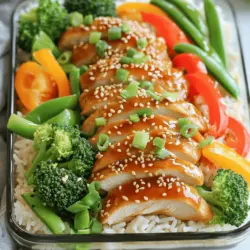 Um das leckere Teriyaki-Hühnchen zuzubereiten, benötigst du folgende Zutaten: - Hähnchen (entbeinte, hautlose Hähnchenschenkel oder -brust) - Sojasauce (natriumarme) - Honig - Sesamöl - Knoblauch und Ingwer (frisch) - Gemüse (Brokkoli, Paprika, Zuckererbsen) - Gekochter Reis (Jasmin- oder Naturreis) - Garnierungen (Sesamsamen, Frühlingszwiebeln) Diese Zutaten sind leicht zu finden. Der Geschmack wird frisch und köstlich sein. Du kannst das Hähnchen nach deinem Wunsch wählen. Hautloses Hähnchen ist am besten für eine gesunde Zubereitung. Achte auf natriumarme Sojasauce, um den Salzgehalt niedrig zu halten. Frischer Knoblauch und Ingwer geben der Marinade einen tollen Geschmack. Das Gemüse sorgt für Farbe und Nährstoffe. Brokkoli, Paprika und Zuckererbsen sind ideal und einfach zu kochen. Für die Beilage empfehle ich Jasmin- oder Naturreis. Dieser passt perfekt zu dem süßen und salzigen Geschmack der Teriyaki-Sauce. Garnierungen wie Sesamsamen und Frühlingszwiebeln machen das Gericht noch ansprechender. Du wirst sehen, wie einfach es ist, diese Zutaten zu kombinieren. Wenn du die vollständige Rezeptanleitung suchst, schau dir das Rezept für das einfache Teriyaki-Hühnchen Meal Prep an. Zuerst mische die Marinade in einer großen Schüssel. Du brauchst die Sojasauce, den Honig, das Sesamöl, den gehackten Knoblauch und den Ingwer. Rühre alles gut um. Du kannst die Hälfte der Marinade beiseite stellen. Diese wirst du später für die Sauce verwenden. Jetzt kommt das Hähnchen. Lege es in einen wiederverschließbaren Beutel oder in eine flache Schale. Gieße die Marinade gleichmäßig darüber. Schließe den Beutel oder decke die Schale ab. Lass das Hähnchen mindestens 30 Minuten im Kühlschrank marinieren. Für den besten Geschmack lasse es über Nacht marinieren. Erhitze eine große Pfanne bei mittlerer bis hoher Hitze. Nimm das marinierte Hähnchen aus dem Beutel. Lass die überschüssige Marinade abtropfen und gib das Hähnchen in die Pfanne. Brate es ca. 6-7 Minuten pro Seite, bis es durchgegart ist. Nimm das Hähnchen aus der Pfanne und lass es einige Minuten ruhen. Schneide es dann in mundgerechte Stücke. In der gleichen Pfanne fügst du die beiseitegestellte Marinade hinzu. In einer kleinen Schüssel rührst du die Speisestärke mit Wasser glatt. Gieße die Mischung in die Pfanne. Koche 2-3 Minuten lang, bis die Sauce dicker wird. Jetzt ist das Gemüse dran. Gib den Brokkoli, die Paprika und die Zuckererbsen in die Pfanne. Brate alles 5-6 Minuten lang, bis das Gemüse zart und knackig ist. Rühre dabei regelmäßig um. Füge die geschnittenen Hähnchenstücke wieder in die Pfanne mit dem Gemüse hinzu. Gieße die Teriyaki-Sauce über alles und rühre gut um. Achte darauf, dass alles gleichmäßig überzogen ist. Jetzt ist es Zeit, die Meal Prep-Behälter zu füllen. Teile den gekochten Reis gleichmäßig auf die Behälter auf. Danach kommt die Hähnchen-Gemüse-Mischung darauf. Wenn du möchtest, träufle die übrig gebliebene Teriyaki-Sauce darüber. Zum Schluss kannst du das Gericht mit Sesamsamen und gehackten Frühlingszwiebeln garnieren. So sieht es nicht nur gut aus, sondern schmeckt auch noch besser! Um die Marinade optimal zu nutzen, marinieren Sie das Hähnchen mindestens 30 Minuten. Noch besser ist es, über Nacht zu marinieren. So zieht die Marinade tief ins Fleisch ein. Verwenden Sie immer hochwertige Sojasauce. Diese hat einen volleren Geschmack. Sie können auch eine glutenfreie Sojasauce wählen, wenn nötig. Beim Garen können Sie zwischen Pfannenbraten und Grillen wählen. Pfannenbraten ist einfach und schnell. Grillen gibt dem Hähnchen einen rauchigen Geschmack. Achten Sie darauf, das Hähnchen nicht zu lange zu garen. Ideal ist eine Kerntemperatur von 75 Grad Celsius. So bleibt das Fleisch saftig und zart. Die Präsentation macht viel aus. Nutzen Sie durchsichtige Meal Prep-Behälter. So sieht das bunte Essen toll aus. Eine schöne Anrichtetechnik ist, den Reis auf eine Seite zu legen. Das Hühnchen und das Gemüse kommen daneben. Garnieren Sie mit Sesamsamen und Frühlingszwiebeln für mehr Farbe und Geschmack. Gesunde Beilagen sind wichtig. Servieren Sie einen kleinen Salat oder gedämpftes Gemüse dazu. So wird das Gericht noch ausgewogener. Bei der Zubereitung können Sie auch etwas Limette hinzufügen, um die Frische zu betonen. {{image_4}} Wenn du eine fleischlose Option suchst, probiere Tofu oder Tempeh. Beide Produkte nehmen die Marinade gut auf. Tofu hat eine weiche Textur, während Tempeh einen nussigen Geschmack hat. Schneide sie in Würfel oder Streifen und mariniere sie wie das Hähnchen. So erhältst du ein leckeres Gericht, das auch Vegetarier begeistert. Das tolle an diesem Rezept ist, dass du viele verschiedene Gemüse hinzufügen kannst. Probiere Karotten, Zucchini oder Spinat. Diese Gemüse bringen neue Farben und Nährstoffe in dein Gericht. Wenn du saisonale Gemüse verwendest, kannst du frische Aromen genießen. Im Frühling sind Erbsen und Spargel toll, im Herbst Kürbis oder Rosenkohl. Für die Sauce kannst du experimentieren. Füge einen Spritzer Limettensaft hinzu für mehr Frische. Oder probiere eine Erdnusssoße für einen neuen Geschmack. Gewürze wie Chili oder Kreuzkümmel bringen zusätzliche Wärme und Tiefe. Sei kreativ und finde deine Lieblingskombination! Für das vollständige Rezept kannst du die [Full Recipe] ansehen. Um dein Teriyaki-Hühnchen frisch zu halten, lagere die Meal Prep-Behälter im Kühlschrank. Stelle sicher, dass sie gut verschlossen sind. Das hilft, den Geschmack und die Frische zu bewahren. Du kannst die Behälter auch in der Oberen Etage des Kühlschranks aufbewahren. Dort bleibt die Temperatur stabiler. Die Zutaten halten sich in der Regel bis zu vier Tage im Kühlschrank. Achte darauf, das Gemüse nicht zu lange zu lagern, da es schnell weich werden kann. Wenn du die Qualität erhalten möchtest, verwende die Meal Prep-Behälter in den ersten Tagen. Das Einfrieren deiner Portionen ist eine gute Option. Teile das Teriyaki-Hühnchen und das Gemüse in Portionen auf. Verwende gefrierfreundliche Behälter oder Beutel. Achte darauf, die Luft herauszudrücken, um Frostschäden zu vermeiden. Für das Auftauen lege die Portionen über Nacht in den Kühlschrank. So bleiben die Zutaten sicher. Wenn du es eilig hast, kannst du die Portionen auch in der Mikrowelle auftauen. Erwärme das Gericht langsam, damit das Hühnchen nicht austrocknet. Für die besten Ergebnisse solltest du die gefrorenen Portionen innerhalb von drei Monaten verwenden. So bleibt der Geschmack frisch und lecker. Du kannst die Teriyaki-Hühnchen Meal Prep bis zu vier Tage im Kühlschrank aufbewahren. Achte darauf, die Behälter gut zu verschließen. Wenn du länger aufbewahren möchtest, friere die Portionen ein. Im Gefrierfach bleiben sie bis zu drei Monate frisch. Zum Auftauen, lege die Behälter einfach über Nacht in den Kühlschrank. Ja, du kannst die Sauce anpassen! Möchtest du es süßer? Füge mehr Honig hinzu. Für mehr Schärfe, verwende etwas Sriracha oder Chili. Du kannst auch frische Kräuter wie Koriander oder Petersilie hinzufügen. Das macht die Sauce noch interessanter. Zu Teriyaki-Hühnchen passen viele Beilagen gut. Reis ist die klassische Wahl, aber auch Quinoa oder Nudeln sind toll. Du kannst auch einen einfachen Salat mit frischem Gemüse machen. Brokkoli, Karotten und Edamame sind ebenfalls gute Ergänzungen. Diese Beilagen bringen Farbe und Geschmack auf den Teller. Um perfekten Reis zu kochen, spüle ihn zuerst gut ab. Das entfernt überschüssige Stärke und macht ihn lockerer. Für Jasminreis benutze das Verhältnis 1:1,5 von Reis zu Wasser. Lass den Reis zum Kochen bringen und dann auf niedrigste Stufe köcheln. Decke den Topf ab und lasse ihn etwa 15 Minuten ruhen. Der Reis wird schön locker und fluffig. Die vollständige Rezeptanleitung findest du in unserem Artikel über einfache Teriyaki-Hühnchen Meal Prep. Dort sind alle Schritte und Zutaten aufgelistet, um dir beim Kochen zu helfen. Zusammenfassend haben wir die Zutaten und die Schritte für eine einfache Teriyaki-Hühnchen Meal Prep besprochen. Du hast gelernt, wie du die Marinade zubereitest und das Hähnchen perfekt brätst. Variationen mit Gemüse und Alternativen wie Tofu bieten dir kreative Möglichkeiten. Denke an die Lagerung für frische Mahlzeiten und deren Haltbarkeit. Mit diesen Tipps bist du bestens gerüstet, um dieses leckere Gericht zu meistern. Viel Spaß beim Kochen und Genießen!
