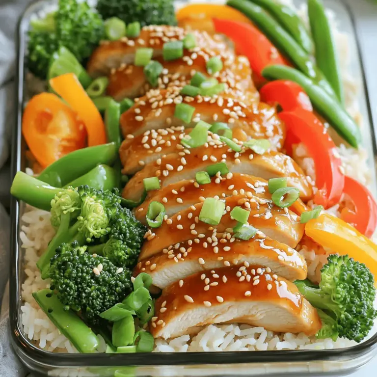 Um das leckere Teriyaki-Hühnchen zuzubereiten, benötigst du folgende Zutaten: - Hähnchen (entbeinte, hautlose Hähnchenschenkel oder -brust) - Sojasauce (natriumarme) - Honig - Sesamöl - Knoblauch und Ingwer (frisch) - Gemüse (Brokkoli, Paprika, Zuckererbsen) - Gekochter Reis (Jasmin- oder Naturreis) - Garnierungen (Sesamsamen, Frühlingszwiebeln) Diese Zutaten sind leicht zu finden. Der Geschmack wird frisch und köstlich sein. Du kannst das Hähnchen nach deinem Wunsch wählen. Hautloses Hähnchen ist am besten für eine gesunde Zubereitung. Achte auf natriumarme Sojasauce, um den Salzgehalt niedrig zu halten. Frischer Knoblauch und Ingwer geben der Marinade einen tollen Geschmack. Das Gemüse sorgt für Farbe und Nährstoffe. Brokkoli, Paprika und Zuckererbsen sind ideal und einfach zu kochen. Für die Beilage empfehle ich Jasmin- oder Naturreis. Dieser passt perfekt zu dem süßen und salzigen Geschmack der Teriyaki-Sauce. Garnierungen wie Sesamsamen und Frühlingszwiebeln machen das Gericht noch ansprechender. Du wirst sehen, wie einfach es ist, diese Zutaten zu kombinieren. Wenn du die vollständige Rezeptanleitung suchst, schau dir das Rezept für das einfache Teriyaki-Hühnchen Meal Prep an. Zuerst mische die Marinade in einer großen Schüssel. Du brauchst die Sojasauce, den Honig, das Sesamöl, den gehackten Knoblauch und den Ingwer. Rühre alles gut um. Du kannst die Hälfte der Marinade beiseite stellen. Diese wirst du später für die Sauce verwenden. Jetzt kommt das Hähnchen. Lege es in einen wiederverschließbaren Beutel oder in eine flache Schale. Gieße die Marinade gleichmäßig darüber. Schließe den Beutel oder decke die Schale ab. Lass das Hähnchen mindestens 30 Minuten im Kühlschrank marinieren. Für den besten Geschmack lasse es über Nacht marinieren. Erhitze eine große Pfanne bei mittlerer bis hoher Hitze. Nimm das marinierte Hähnchen aus dem Beutel. Lass die überschüssige Marinade abtropfen und gib das Hähnchen in die Pfanne. Brate es ca. 6-7 Minuten pro Seite, bis es durchgegart ist. Nimm das Hähnchen aus der Pfanne und lass es einige Minuten ruhen. Schneide es dann in mundgerechte Stücke. In der gleichen Pfanne fügst du die beiseitegestellte Marinade hinzu. In einer kleinen Schüssel rührst du die Speisestärke mit Wasser glatt. Gieße die Mischung in die Pfanne. Koche 2-3 Minuten lang, bis die Sauce dicker wird. Jetzt ist das Gemüse dran. Gib den Brokkoli, die Paprika und die Zuckererbsen in die Pfanne. Brate alles 5-6 Minuten lang, bis das Gemüse zart und knackig ist. Rühre dabei regelmäßig um. Füge die geschnittenen Hähnchenstücke wieder in die Pfanne mit dem Gemüse hinzu. Gieße die Teriyaki-Sauce über alles und rühre gut um. Achte darauf, dass alles gleichmäßig überzogen ist. Jetzt ist es Zeit, die Meal Prep-Behälter zu füllen. Teile den gekochten Reis gleichmäßig auf die Behälter auf. Danach kommt die Hähnchen-Gemüse-Mischung darauf. Wenn du möchtest, träufle die übrig gebliebene Teriyaki-Sauce darüber. Zum Schluss kannst du das Gericht mit Sesamsamen und gehackten Frühlingszwiebeln garnieren. So sieht es nicht nur gut aus, sondern schmeckt auch noch besser! Um die Marinade optimal zu nutzen, marinieren Sie das Hähnchen mindestens 30 Minuten. Noch besser ist es, über Nacht zu marinieren. So zieht die Marinade tief ins Fleisch ein. Verwenden Sie immer hochwertige Sojasauce. Diese hat einen volleren Geschmack. Sie können auch eine glutenfreie Sojasauce wählen, wenn nötig. Beim Garen können Sie zwischen Pfannenbraten und Grillen wählen. Pfannenbraten ist einfach und schnell. Grillen gibt dem Hähnchen einen rauchigen Geschmack. Achten Sie darauf, das Hähnchen nicht zu lange zu garen. Ideal ist eine Kerntemperatur von 75 Grad Celsius. So bleibt das Fleisch saftig und zart. Die Präsentation macht viel aus. Nutzen Sie durchsichtige Meal Prep-Behälter. So sieht das bunte Essen toll aus. Eine schöne Anrichtetechnik ist, den Reis auf eine Seite zu legen. Das Hühnchen und das Gemüse kommen daneben. Garnieren Sie mit Sesamsamen und Frühlingszwiebeln für mehr Farbe und Geschmack. Gesunde Beilagen sind wichtig. Servieren Sie einen kleinen Salat oder gedämpftes Gemüse dazu. So wird das Gericht noch ausgewogener. Bei der Zubereitung können Sie auch etwas Limette hinzufügen, um die Frische zu betonen. {{image_4}} Wenn du eine fleischlose Option suchst, probiere Tofu oder Tempeh. Beide Produkte nehmen die Marinade gut auf. Tofu hat eine weiche Textur, während Tempeh einen nussigen Geschmack hat. Schneide sie in Würfel oder Streifen und mariniere sie wie das Hähnchen. So erhältst du ein leckeres Gericht, das auch Vegetarier begeistert. Das tolle an diesem Rezept ist, dass du viele verschiedene Gemüse hinzufügen kannst. Probiere Karotten, Zucchini oder Spinat. Diese Gemüse bringen neue Farben und Nährstoffe in dein Gericht. Wenn du saisonale Gemüse verwendest, kannst du frische Aromen genießen. Im Frühling sind Erbsen und Spargel toll, im Herbst Kürbis oder Rosenkohl. Für die Sauce kannst du experimentieren. Füge einen Spritzer Limettensaft hinzu für mehr Frische. Oder probiere eine Erdnusssoße für einen neuen Geschmack. Gewürze wie Chili oder Kreuzkümmel bringen zusätzliche Wärme und Tiefe. Sei kreativ und finde deine Lieblingskombination! Für das vollständige Rezept kannst du die [Full Recipe] ansehen. Um dein Teriyaki-Hühnchen frisch zu halten, lagere die Meal Prep-Behälter im Kühlschrank. Stelle sicher, dass sie gut verschlossen sind. Das hilft, den Geschmack und die Frische zu bewahren. Du kannst die Behälter auch in der Oberen Etage des Kühlschranks aufbewahren. Dort bleibt die Temperatur stabiler. Die Zutaten halten sich in der Regel bis zu vier Tage im Kühlschrank. Achte darauf, das Gemüse nicht zu lange zu lagern, da es schnell weich werden kann. Wenn du die Qualität erhalten möchtest, verwende die Meal Prep-Behälter in den ersten Tagen. Das Einfrieren deiner Portionen ist eine gute Option. Teile das Teriyaki-Hühnchen und das Gemüse in Portionen auf. Verwende gefrierfreundliche Behälter oder Beutel. Achte darauf, die Luft herauszudrücken, um Frostschäden zu vermeiden. Für das Auftauen lege die Portionen über Nacht in den Kühlschrank. So bleiben die Zutaten sicher. Wenn du es eilig hast, kannst du die Portionen auch in der Mikrowelle auftauen. Erwärme das Gericht langsam, damit das Hühnchen nicht austrocknet. Für die besten Ergebnisse solltest du die gefrorenen Portionen innerhalb von drei Monaten verwenden. So bleibt der Geschmack frisch und lecker. Du kannst die Teriyaki-Hühnchen Meal Prep bis zu vier Tage im Kühlschrank aufbewahren. Achte darauf, die Behälter gut zu verschließen. Wenn du länger aufbewahren möchtest, friere die Portionen ein. Im Gefrierfach bleiben sie bis zu drei Monate frisch. Zum Auftauen, lege die Behälter einfach über Nacht in den Kühlschrank. Ja, du kannst die Sauce anpassen! Möchtest du es süßer? Füge mehr Honig hinzu. Für mehr Schärfe, verwende etwas Sriracha oder Chili. Du kannst auch frische Kräuter wie Koriander oder Petersilie hinzufügen. Das macht die Sauce noch interessanter. Zu Teriyaki-Hühnchen passen viele Beilagen gut. Reis ist die klassische Wahl, aber auch Quinoa oder Nudeln sind toll. Du kannst auch einen einfachen Salat mit frischem Gemüse machen. Brokkoli, Karotten und Edamame sind ebenfalls gute Ergänzungen. Diese Beilagen bringen Farbe und Geschmack auf den Teller. Um perfekten Reis zu kochen, spüle ihn zuerst gut ab. Das entfernt überschüssige Stärke und macht ihn lockerer. Für Jasminreis benutze das Verhältnis 1:1,5 von Reis zu Wasser. Lass den Reis zum Kochen bringen und dann auf niedrigste Stufe köcheln. Decke den Topf ab und lasse ihn etwa 15 Minuten ruhen. Der Reis wird schön locker und fluffig. Die vollständige Rezeptanleitung findest du in unserem Artikel über einfache Teriyaki-Hühnchen Meal Prep. Dort sind alle Schritte und Zutaten aufgelistet, um dir beim Kochen zu helfen. Zusammenfassend haben wir die Zutaten und die Schritte für eine einfache Teriyaki-Hühnchen Meal Prep besprochen. Du hast gelernt, wie du die Marinade zubereitest und das Hähnchen perfekt brätst. Variationen mit Gemüse und Alternativen wie Tofu bieten dir kreative Möglichkeiten. Denke an die Lagerung für frische Mahlzeiten und deren Haltbarkeit. Mit diesen Tipps bist du bestens gerüstet, um dieses leckere Gericht zu meistern. Viel Spaß beim Kochen und Genießen!