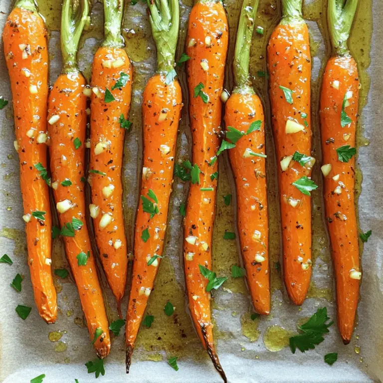 Um leckere Honig-Knoblauch-Geröstete Karotten zu machen, brauchen Sie: - 450 g Babykarotten (oder gewürfelte normale Karotten) - 3 Esslöffel Honig - 2 Esslöffel Olivenöl - 3 Knoblauchzehen, fein gehackt - 1 Teelöffel frische Thymianblätter (oder ½ Teelöffel getrockneter Thymian) - 1 Teelöffel Salz - ½ Teelöffel schwarzer Pfeffer - Optional: frisch gehackte Petersilie zum Garnieren Diese Zutaten sorgen für den süßen und herzhaften Geschmack, den wir lieben. Wenn Sie die Zutaten kaufen, achten Sie auf frische Karotten. Babykarotten sind zart und süß. Wenn Sie normale Karotten verwenden, schneiden Sie sie in gleichmäßige Stücke. So garen sie besser. Honig sollte rein und von guter Qualität sein. Olivenöl kann extra vergine sein, um den Geschmack zu verbessern. Frischer Knoblauch hat mehr Aroma als getrockneter. Thymian ist einfach zu finden und bringt einen tollen Geschmack. Möchten Sie etwas Neues probieren? Hier sind einige Ideen: - Verwenden Sie andere Gemüsesorten wie Süßkartoffeln oder Rüben. - Fügen Sie Chili-Flocken hinzu, wenn Sie es scharf mögen. - Für eine vegane Version ersetzen Sie Honig durch Ahornsirup oder Agavendicksaft. Diese Alternativen geben den Karotten einen neuen Twist und machen das Gericht spannend! Für das vollständige Rezept schauen Sie sich [Full Recipe] an. Um die Honig-Knoblauch-Mischung zu machen, nimm eine Rührschüssel. Vermische dort 3 Esslöffel Honig und 2 Esslöffel Olivenöl. Füge 3 fein gehackte Knoblauchzehen hinzu. Gib auch 1 Teelöffel frische Thymianblätter, 1 Teelöffel Salz und ½ Teelöffel schwarzen Pfeffer dazu. Rühre alles gut um, bis es gleichmäßig aussieht. Diese Mischung ist der Schlüssel zu einem tollen Geschmack. Heize deinen Ofen auf 200°C (400°F) vor. Das sorgt für eine schöne Röstaromatisierung. Lege die marinierten Karotten auf ein Backblech. Achte darauf, dass sie in einer einzigen Schicht liegen. Röste die Karotten dann für 25 bis 30 Minuten. Wende sie nach der Hälfte der Zeit, damit sie gleichmäßig garen. Sie sollten zart und leicht karamellisiert sein. Um die Karotten gleichmäßig zu rösten, achte auf folgende Tipps: - Verteile die Karotten gleichmäßig auf dem Blech. - Stelle sicher, dass sie sich nicht berühren. - Wende sie zur Hälfte der Röstzeit um. Diese Schritte helfen, die perfekte Röstaromatisierung zu erreichen. So wird jede Karotte lecker und knusprig. Wenn du diese Schritte befolgst, wirst du mit tollen Ergebnissen belohnt! Für die vollständige Anleitung und mehr Details, schaue dir das Rezept für Honig-Knoblauch-Geröstete Karotten an. Um die perfekte Konsistenz der Karotten zu erreichen, ist das richtige Schneiden wichtig. Verwenden Sie gleich große Stücke. Das hilft, dass sie gleichmäßig garen. Babykarotten sind großartig, da sie klein und zart sind. Wenn Sie normale Karotten verwenden, schneiden Sie sie in gleichmäßige Stücke. Rösten Sie die Karotten bei 200°C, um eine schöne Karamellisierung zu erreichen. Achten Sie darauf, sie nicht zu lange im Ofen zu lassen. So bleiben sie knackig und verlieren nicht ihren Geschmack. Ein häufiger Fehler ist, die Karotten zu überladen. Wenn die Karotten zu eng auf dem Blech liegen, dämpfen sie sich selbst. Stellen Sie sicher, dass sie in einer einzigen Schicht liegen. Ein weiterer Fehler ist, die Honig-Knoblauch-Mischung nicht gut genug zu vermengen. Stellen Sie sicher, dass jede Karotte gleichmäßig bedeckt ist. So schmecken sie besser. Und denken Sie daran, sie zur Hälfte umzudrehen. Das sorgt dafür, dass sie gleichmäßig rösten. Für besondere Anlässe können Sie die gerösteten Karotten kreativ anrichten. Verwenden Sie eine große, flache Platte. Legen Sie die Karotten in einer hübschen Form darauf. Garnieren Sie sie mit frisch gehackter Petersilie für einen Farbtupfer. Dies macht das Gericht ansprechender. Sie können auch einige Thymianzweige darauf legen. Das sieht toll aus und bringt einen zusätzlichen Geschmack. Für mehr Eleganz, servieren Sie sie in kleinen Portionen. Das macht das Essen einladender und stilvoller. Probieren Sie auch die [Full Recipe] für weitere Tipps! {{image_4}} Um die Honig-Knoblauch-gerösteten Karotten aufregender zu machen, füge Chili-Flocken hinzu. Diese kleine Zutat gibt einen tollen Kick. Verwende eine Prise, um den perfekten Geschmack zu finden. Du kannst die Schärfe nach deinem Geschmack anpassen. Auch geräucherter Paprika passt gut. Dieser gibt ein rauchiges Aroma, das die Süße des Honigs ergänzt. Du kannst dieses Rezept leicht anpassen, indem du andere Gemüsesorten verwendest. Probier Süßkartoffeln, Zucchini oder Rosenkohl aus. Jedes Gemüse bringt seinen eigenen Geschmack mit. Achte darauf, die Garzeit anzupassen. Dickere Stücke brauchen länger, dünnere weniger. So hast du viele Optionen für verschiedene Mahlzeiten. Möchtest du das Rezept vegan machen? Ersetze den Honig durch Agavendicksaft oder Ahornsirup. Diese Alternativen bieten eine ähnliche Süße. Der Rest des Rezepts bleibt gleich. So kannst du den gleichen leckeren Geschmack genießen, ohne tierische Produkte zu verwenden. Es ist eine einfache Anpassung, die vielen gefällt. Für das vollständige Rezept, schau dir [Full Recipe] an. Nach dem Kochen bleiben oft Reste übrig. Ich empfehle, die restlichen Karotten in einen luftdichten Behälter zu legen. So bleiben sie frisch. Lassen Sie die Karotten zuerst auf Raumtemperatur abkühlen. Das verhindert, dass sich Kondenswasser bildet. Im Kühlschrank halten die gerösteten Karotten etwa 3 bis 5 Tage. Sie können die Karotten auch einfrieren, um sie länger zu lagern. Im Gefrierer halten sie bis zu 3 Monate. Achten Sie darauf, sie gut zu verpacken, damit sie nicht gefrieren. Honig-Knoblauch-Geröstete Karotten sind perfekt für Meal Prep. Sie passen gut zu verschiedenen Gerichten. Sie können sie mit Reis, Quinoa oder als Beilage zu Fleisch servieren. Bereiten Sie eine größere Menge vor und genießen Sie die Karotten über die Woche verteilt. So bleibt Ihr Essen abwechslungsreich und lecker. Ja, du kannst andere Gemüsesorten verwenden. Süßkartoffeln, Paprika oder Zucchini passen gut. Achte darauf, die Garzeit anzupassen. Dickere Stücke brauchen länger, dünnere weniger Zeit. Experimentiere mit verschiedenen Gemüsesorten, um neue Geschmäcker zu entdecken. Um die Karotten schärfer zu machen, füge Chili-Flocken oder einen Hauch von Cayennepfeffer hinzu. Du kannst auch frischen Ingwer reiben und zur Honig-Knoblauch-Mischung geben. Diese Zutaten bringen mehr Wärme und Tiefe in das Gericht. Beginne mit kleinen Mengen und passe es nach deinem Geschmack an. Ja, das Rezept ist kinderfreundlich. Die Süße des Honigs und die milden Aromen machen es lecker. Wenn dein Kind scharfen Geschmack nicht mag, lasse die scharfen Zutaten weg. Du kannst das Rezept ganz einfach anpassen, um es für die Kleinen angenehm zu machen. Für die vollständige Zubereitung, schau dir das Rezept an. In diesem Artikel haben wir die Hauptzutaten für Honig-Knoblauch-Geröstete Karotten besprochen. Ich habe Tipps zur Zubereitung, Röstzeit und Fehlervermeidung gegeben. Außerdem haben wir Variationen und Lagerungshinweise behandelt. Nutze diese Ratschläge, um köstliche Karotten zu zaubern. Experimentiere mit Geschmäckern und genieße die Vielfalt. So wird dein Gericht ein Hit. Viel Spaß beim Kochen und Teilen!