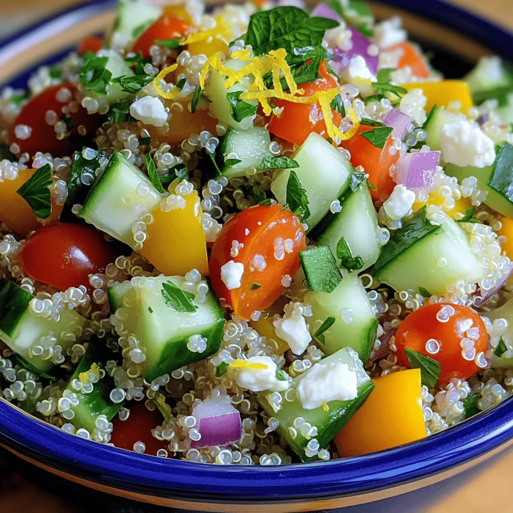 - 1 Tasse Quinoa - 2 Tassen Gemüsebrühe - 1 mittelgroße Gurke, gewürfelt - 1 Paprika, gewürfelt (jede Farbe) - 1 Tasse Cherrytomaten, halbiert - 1/4 Tasse rote Zwiebel, fein gehackt - 1/4 Tasse frische Petersilie, gehackt - 1/4 Tasse frische Minze, gehackt - Schale von 1 Zitrone - 2 Esslöffel Zitronensaft - 3 Esslöffel Olivenöl - Salz und Pfeffer nach Geschmack - Optional: Fetakäse zum Garnieren Für das Rezept Zesty Lemon Herb Quinoa brauchen wir frische und bunte Zutaten. Quinoa ist die Basis. Sie ist gesund und hat einen tollen Biss. Gemüsebrühe bringt Geschmack. Gurke und Paprika geben Knackigkeit. Die Cherrytomaten sorgen für süße Frische. Rote Zwiebel fügt einen zarten Biss hinzu. Petersilie und Minze bringen ein tolles Aroma. Die Zitrone macht das Gericht spritzig. Das Dressing mit Zitronenschale und Olivenöl ist einfach. Es verbindet die Aromen. Die Mischung aus Salz und Pfeffer rundet alles ab. Optional können Sie Fetakäse darüber streuen. Dieser gibt einen würzigen Kontrast. Für das volle Rezept schauen Sie bitte hier: [Full Recipe]. Zuerst spülen Sie die Quinoa gründlich ab. Dies entfernt den bitteren Geschmack. Nehmen Sie ein feines Sieb und halten Sie es unter kaltes Wasser. Geben Sie die gewaschene Quinoa in einen mittelgroßen Topf. Fügen Sie dann zwei Tassen Gemüsebrühe hinzu. Bringen Sie die Mischung bei mittlerer bis hoher Hitze zum Kochen. Sobald die Mischung kocht, reduzieren Sie die Hitze auf niedrig. Decken Sie den Topf ab und lassen Sie die Quinoa 15 Minuten köcheln. In dieser Zeit saugt die Quinoa die Flüssigkeit auf. Nach dem Kochen nehmen Sie den Topf vom Herd. Lassen Sie die Quinoa fünf Minuten ruhen, damit sie fluffig wird. Während die Quinoa kocht, können Sie das Gemüse vorbereiten. Schneiden Sie die Gurke, Paprika und Cherrytomaten in kleine Stücke. Hacken Sie die rote Zwiebel, Petersilie und Minze fein. Kombinieren Sie alles in einer großen Schüssel. Wenn die Quinoa abgekühlt ist, mischen Sie sie vorsichtig unter das Gemüse. In einer kleinen Schüssel verrühren Sie die Zitronenschale, den Zitronensaft und das Olivenöl. Fügen Sie Salz und Pfeffer hinzu. Rühren Sie alles gut um, bis es gut vermischt ist. Gießen Sie das Dressing über die Quinoa- und Gemüsemischung. Mischen Sie alles vorsichtig, damit die Aromen gut verteilt sind. Probieren Sie das Gericht und schmecken Sie es ab. Wenn nötig, fügen Sie mehr Salz oder Zitronensaft hinzu. Wenn Sie möchten, garnieren Sie den Salat mit Fetakäse. Servieren Sie Zesty Lemon Herb Quinoa in einer großen Schüssel oder auf Tellern. Genießen Sie dieses frische und leckere Gericht! Um die beste Quinoa zu erhalten, spülen Sie sie gründlich ab. Dies hilft, Bitterstoffe zu entfernen. Verwenden Sie ein feines Sieb und kaltes Wasser. Spülen Sie die Quinoa mindestens zwei Minuten lang. So wird sie angenehm im Geschmack. Die ideale Kochzeit für Quinoa beträgt etwa 15 Minuten. Kochen Sie sie bei mittlerer bis hoher Hitze. Sobald die Brühe kocht, reduzieren Sie die Hitze. Decken Sie den Topf ab und lassen Sie die Quinoa sanft köcheln. Nach dem Kochen sollte die Quinoa locker und fluffig sein. Um den Geschmack von Zesty Lemon Herb Quinoa zu variieren, wählen Sie frisches Gemüse. Sie können Gurke, Paprika, Cherrytomaten und Zwiebeln verwenden. Kombinieren Sie verschiedene Farben und Texturen. So wird das Gericht noch bunter und schmackhafter. Zur Anpassung der Würze können Sie mehr Zitronensaft oder frische Kräuter hinzufügen. Probieren Sie das Gericht während der Zubereitung. So finden Sie den perfekten Geschmack für Ihren Gaumen. Das Anrichten macht Ihr Gericht noch einladender. Servieren Sie den Zesty Lemon Herb Quinoa in einer großen Schüssel. Oder teilen Sie ihn auf einzelnen Tellern auf. So sieht es schön aus und jeder kann sich bedienen. Für die Garnierung verwenden Sie frische Kräuter oder eine Zitronenscheibe. Diese kleinen Details machen Ihr Gericht optisch ansprechend. Sie laden die Gäste ein, gleich zu kosten. {{image_4}} Du kannst die Quinoa nach Lust und Laune anpassen. Hier sind einige Ideen: - Alternative Gemüsearten verwenden: Probiere Spinat, Brokkoli oder Karotten. Diese bringen neue Farben und Geschmäcker. - Zusätzliche Proteine hinzufügen: Kichererbsen oder Hühnchen sind gute Optionen. Sie machen die Mahlzeit sättigender und nahrhafter. Das Dressing macht den Unterschied. Hier sind kreative Vorschläge: - Verschiedene Essigsorten ausprobieren: Balsamico oder Apfelessig geben eine neue Note. Sie ergänzen die Zitrone perfekt. - Varianten des Dressings mit verschiedenen Kräutern: Basilikum oder Schnittlauch bieten frische Aromen. Du kannst auch eine Mischung aus Kräutern verwenden. Es gibt viele Möglichkeiten, das Rezept anzupassen: - Glutenfreie Optionen: Quinoa ist von Natur aus glutenfrei. Du kannst sie bedenkenlos genießen. - Vegane Anpassungen ohne Fetakäse: Lass den Käse weg oder ersetze ihn durch Avocado. So bleibt das Gericht frisch und cremig. Lagern Sie Zesty Lemon Herb Quinoa im Kühlschrank. Sie bleibt dort frisch für bis zu fünf Tage. Achten Sie darauf, die Quinoa in einem luftdichten Behälter zu speichern. So bleibt der Geschmack und die Textur erhalten. Vermeiden Sie es, die Quinoa in offenen Schalen zu lassen. Das kann sie austrocknen oder unappetitlich machen. Wenn Sie Reste haben, ist das kein Problem. Erwärmen Sie die Quinoa einfach in der Mikrowelle. Fügen Sie einen Spritzer Wasser hinzu, um die Feuchtigkeit zu erhalten. Alternativ können Sie die Quinoa in einer Pfanne auf dem Herd erwärmen, was die Aromen verstärkt. Verwenden Sie die Reste in anderen Gerichten. Sie können die Quinoa in Wraps, Salaten oder sogar in Suppen einfügen. Dies gibt Ihren Mahlzeiten neuen Geschmack und Textur. So wird keine Quinoa verschwendet! Quinoa ist ein kleines, rundes Korn. Es ist reich an Proteinen. Es enthält alle neun wichtigen Aminosäuren. Quinoa hat auch viele Vitamine und Mineralien. Es ist eine großartige Quelle für Ballaststoffe. Diese Nährstoffe helfen, den Körper gesund zu halten. Quinoa kann leicht in vielen Gerichten verwendet werden. Du kannst es als Beilage oder Hauptgericht essen. Die Zubereitung von Zesty Lemon Herb Quinoa dauert insgesamt etwa 30 Minuten. Die Vorbereitungszeit beträgt etwa 15 Minuten. Das Kochen selbst dauert etwa 15 Minuten. Diese Zeit ist perfekt für ein schnelles, gesundes Essen. Ja, du kannst Quinoa im Voraus zubereiten. Koche einfach die Quinoa und lasse sie abkühlen. Bewahre sie in einem luftdichten Behälter im Kühlschrank auf. So bleibt sie frisch. Du kannst sie bis zu fünf Tage aufbewahren. Ja, Quinoa ist von Natur aus glutenfrei. Das ist großartig für Menschen mit Glutenunverträglichkeit oder Zöliakie. Du kannst Zesty Lemon Herb Quinoa ohne Sorgen genießen. Zesty Lemon Herb Quinoa passt gut zu vielen Gerichten. Du kannst es mit gegrilltem Gemüse servieren. Auch Hähnchen oder Fisch sind gute Optionen. Für eine leichte Mahlzeit kannst du es mit einem frischen Salat kombinieren. Es ist sehr vielseitig und lecker! Zusammenfassend haben wir die leckere Zesty Lemon Herb Quinoa Schritt für Schritt durchgearbeitet. Sie haben gelernt, wie Sie Quinoa perfekt zubereiten und mit frischem Gemüse kombinieren. Das Dressing rundet den Geschmack ab und Sie können es individuell anpassen. Erinnern Sie sich an die Tipps zur Aufbewahrung und Variationen. Nutzen Sie die Rezepte, um spannende und gesunde Gerichte zu kreieren. Quinoa ist nicht nur nahrhaft, sondern auch vielseitig einsetzbar. Experimentieren Sie und genießen Sie jede leckere Bissen!