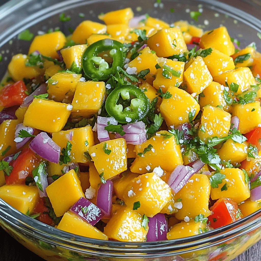 - 2 reife Mangos, gewürfelt - 1 mittelgroße rote Zwiebel, fein gehackt - 1 rote Paprika, gewürfelt Mangos sind der Star dieser Salsa. Wählen Sie reife Früchte, die leicht drücken. Die rote Zwiebel bringt einen süßen und knackigen Biss. Die rote Paprika fügt Farbe und Süße hinzu. Diese Zutaten geben der Salsa eine tolle Grundlage. - 1 Jalapeño, entkernt und klein gehackt - 1/4 Tasse frischer Koriander, gehackt - Salz und schwarzer Pfeffer nach Geschmack Der Jalapeño kann die Salsa schärfer machen. Entkernen Sie ihn, wenn Sie es milder mögen. Frischer Koriander bringt einen tollen Geschmack. Fügen Sie Salz und Pfeffer hinzu, um alles abzurunden. - Saft von 2 Limetten Der Limettensaft ist wichtig. Er sorgt für Frische und Balance. Drücken Sie den Saft über die anderen Zutaten. So bleibt die Salsa frisch und lecker. Für die vollständige Anleitung und weitere Schritte schauen Sie sich das [Full Recipe] an. - Schneide zwei reife Mangos in kleine Würfel. - Hacke eine rote Zwiebel fein. - Würfle eine rote Paprika. - Entferne die Kerne aus einem Jalapeño und hacke ihn klein, je nach deinem Geschmack. - Mische alle Zutaten in einer großen Schüssel gut. - Füge frisch gehackten Koriander hinzu. - Presse den Saft von zwei Limetten über die Mischung. - Würze mit Salz und schwarzem Pfeffer nach Belieben. - Lass die Salsa etwa 15 Minuten bei Raumtemperatur ruhen. - Dadurch ziehen die Aromen gut durch. - Serviere die Salsa mit Tortilla-Chips oder als Beilage zu gegrilltem Fleisch. - Eine Garnitur mit frischen Korianderblättern macht die Präsentation schön. Für das vollständige Rezept, gehe zu [Full Recipe]. Um die beste Mango zu finden, achte auf die Farbe. Eine reife Mango hat oft eine gelbe oder rote Schale. Drücke leicht auf die Mango. Wenn sie sanft nachgibt, ist sie reif. Lagere die Mangos bei Raumtemperatur, damit sie nachreifen. Wenn sie ganz reif sind, bewahre sie im Kühlschrank auf. So bleiben sie frisch. Die Schärfe der Salsa kannst du einfach anpassen. Wenn du es schärfer magst, füge mehr Jalapeño hinzu. Für weniger Schärfe, entferne die Samen. Wenn du Koriander nicht magst, versuche Petersilie oder Minze. Diese Kräuter geben der Salsa einen anderen, frischen Geschmack. Um Zeit zu sparen, schneide die Zutaten im Voraus. Du kannst auch eine Küchenmaschine nutzen. Sie hilft dir, die Mangos, Zwiebeln und Paprika schnell zu hacken. So bist du in kürzester Zeit bereit, die Mango Salsa zu genießen. Mit diesen Tipps aus dem Full Recipe wird die Zubereitung zum Kinderspiel. {{image_4}} Um deine Mango Salsa aufzupeppen, füge andere Früchte hinzu. Ananas bringt eine süße Note. Kiwi sorgt für einen frischen Biss. Diese Kombinationen machen die Salsa noch bunter. Auch Zitrusfrüchte sind eine tolle Idee. Limetten oder Orangen können den Geschmack lebendiger machen. Experimentiere mit diesen Früchten, um deine eigene Version zu kreieren. Du kannst auch verschiedene Gewürzmischungen ausprobieren. Zum Beispiel, füge Kreuzkümmel für einen erdigen Geschmack hinzu. Paprika kann die Farbe und den Geschmack steigern. Wenn du es schärfer magst, probiere mehr Jalapeños. Eine Prise Cayennepfeffer gibt der Salsa einen extra Kick. Schärfe ist eine persönliche Wahl, also finde heraus, was dir am besten gefällt. Mango Salsa ist sehr vielseitig. Du kannst sie mit anderen Gemüsearten kombinieren. Paprika, Gurken oder sogar Avocado passen gut dazu. Diese Mischung macht die Salsa noch nahrhafter. Du kannst die Salsa auch als Salat verwenden. Füge etwas Quinoa oder Bohnen hinzu. So wird deine Mahlzeit sättigender und gesünder. Um Ihre Mango Salsa frisch zu halten, bewahren Sie sie in einem luftdichten Behälter auf. Wählen Sie einen Behälter aus Glas oder Kunststoff. Stellen Sie sicher, dass der Deckel gut schließt. Lagern Sie die Salsa im Kühlschrank. So bleibt sie kühl und lecker. Die Haltbarkeit im Kühlschrank beträgt etwa 2 bis 3 Tage. Nach dieser Zeit kann die Frische abnehmen. Überprüfen Sie die Salsa vor dem Essen auf Geruch oder Veränderung. Bei Anzeichen von Verderb sollten Sie sie wegwerfen. Wenn Sie mehr Salsa haben, können Sie sie einfrieren. Füllen Sie die Salsa in einen gefrierfesten Behälter oder einen Beutel. Achten Sie darauf, etwas Platz für die Ausdehnung zu lassen. Verschließen Sie den Behälter gut, um Gefrierbrand zu vermeiden. Zum späteren Auftauen legen Sie den Behälter über Nacht in den Kühlschrank. Sie können die Salsa auch in der Mikrowelle auftauen. Rühren Sie sie gut um, um die Konsistenz zu verbessern. Es kann sein, dass die Salsa nach dem Einfrieren etwas wässriger ist, das ist normal. Haben Sie Reste? Nutzen Sie diese kreativ! Fügen Sie die Salsa zu Tacos oder Burritos hinzu. Sie passt auch hervorragend zu gegrilltem Hähnchen oder Fisch. Eine weitere tolle Idee ist, die Salsa als Salat zu verwenden. Mischen Sie sie mit frischem Gemüse oder Quinoa. So machen Sie aus Resten ein neues Gericht. Das sorgt für Abwechslung auf dem Tisch und minimiert Lebensmittelverschwendung. Mango Salsa bleibt im Kühlschrank etwa 3 bis 5 Tage frisch. Achte darauf, sie in einem luftdichten Behälter zu lagern. So bleibt die Salsa lecker und knusprig. Die Aromen können sich auch mit der Zeit verbinden, was die Salsa noch besser macht. Ja, du kannst Mango Salsa im Voraus zubereiten. Bereite sie einfach 1 bis 2 Stunden vor dem Servieren vor. So bleibt die Frische erhalten. Die Zutaten können sich gut verbinden, und die Aromen werden intensiver. Allerdings solltest du die Salsa nicht zu lange im Voraus machen, damit die Mangos nicht matschig werden. Mango Salsa passt perfekt zu vielen Gerichten. Sie ergänzt gegrilltes Hähnchen oder Fisch wunderbar. Auch Tortilla-Chips sind eine tolle Begleitung. Du kannst sie auch als Topping für Tacos oder Burritos verwenden. Die süße und würzige Note bringt frischen Wind in jedes Gericht. Die Schärfe hängt von der Menge des Jalapeños ab. Wenn du es mild magst, lasse den Jalapeño einfach weg. Für mehr Schärfe kannst du ihn ganz klein hacken oder mehr hinzufügen. Es ist ganz einfach, die Schärfe nach deinem Geschmack anzupassen. Diese Mango-Salsa ist einfach und voller Geschmack. Wir haben gelernt, welche Zutaten du brauchst, wie du sie zubereitest und variieren kannst. Ich hoffe, die Tipps helfen dir, das Beste aus deinen Mangos herauszuholen. Denke daran, dass die Salsa frisch am besten schmeckt. Sie lässt sich auch gut aufbewahren und einfrieren. Nutze die Reste kreativ in anderen Gerichten. Viel Spaß beim Ausprobieren!