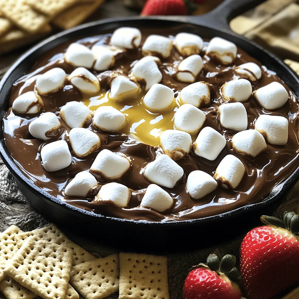- 1 Tasse halbsüße Schokoladenstückchen - 1 Tasse Mini-Marshmallows - 1 Esslöffel ungesalzene Butter - 1 Teelöffel Vanilleextrakt - 1/2 Teelöffel Meersalz Diese Zutaten sind einfach und leicht zu finden. Die Schokoladenstückchen geben dem Dip die süße Basis. Mini-Marshmallows sorgen für die weiche, fluffige Textur. Die ungesalzene Butter hilft, alles zusammenzubringen und macht es schön cremig. Vanilleextrakt fügt einen tollen Geschmack hinzu, während das Meersalz den süßen Geschmack hebt. - Graham-Cracker - Frische Erdbeeren zur Garnitur (optional) Graham-Cracker sind perfekt zum Dippen. Sie bieten einen knusprigen Kontrast zur cremigen Füllung. Frische Erdbeeren können das Ganze noch besser machen. Ihre Frische und Süße ergänzen den Dip ideal. Wenn du magst, kannst du sie einfach neben dem Dip servieren, um jedem einen fruchtigen Biss zu geben. So wird dein S'mores Dip noch unwiderstehlicher! - Heize deinen Backofen auf 175°C (350°F) vor. - Du brauchst: - 1 Tasse halbsüße Schokoladenstückchen - 1 Tasse Mini-Marshmallows - 1 Esslöffel ungesalzene Butter - 1 Teelöffel Vanilleextrakt - 1/2 Teelöffel Meersalz - Graham-Cracker zum Dippen - Frische Erdbeeren zur Garnitur (optional) - Schmelze die Butter in einer mittleren, ofenfesten Pfanne bei mittlerer Hitze. - Wenn die Butter geschmolzen ist, füge die Schokoladenstückchen hinzu. - Rühre die Mischung 2-3 Minuten lang, bis die Schokolade schmilzt. - Nimm die Pfanne vom Herd und rühre Vanilleextrakt und Meersalz ein. - Mische alles gut, bis die Creme glatt und gut verbunden ist. - Verteile die Mini-Marshmallows gleichmäßig über die geschmolzene Schokoladenmischung. - Stelle die Pfanne in den vorgeheizten Ofen. - Backe den Dip 5-7 Minuten, bis die Marshmallows goldbraun und aufgequollen sind. - Nimm die Pfanne vorsichtig aus dem Ofen. Lass sie 2-3 Minuten abkühlen. - Tauche die Graham-Cracker in die warme Mischung. - Garnieren kannst du optional mit frischen Erdbeeren für einen fruchtigen Akzent. Genieße diesen cremigen S'mores Dip! Du findest die genaue Anleitung im Full Recipe. Die richtige Schokoladenschmelze ist wichtig für einen perfekten S'mores Dip. Um das zu erreichen, schmelzen Sie die Schokolade langsam. Verwenden Sie mittlere Hitze, damit die Schokolade gleichmäßig schmilzt. Rühren Sie ständig, um Klumpen zu vermeiden. Wenn die Schokolade fast geschmolzen ist, nehmen Sie die Pfanne vom Herd. So verhindern Sie, dass die Schokolade zu heiß wird und verbrennt. Verbrannte Marshmallows sind ein häufiges Problem. Um das zu vermeiden, backen Sie die Marshmallows nur bis sie goldbraun sind. Achten Sie darauf, sie nicht zu lange im Ofen zu lassen. Nach 5-7 Minuten sollten sie perfekt aufgeplustert und goldig sein. Die Präsentation Ihres S'mores Dips ist einfach, aber wichtig. Servieren Sie den Dip direkt in der Pfanne. So können alle direkt hinein dippen. Stellen Sie ein paar Graham-Cracker daneben. Das macht es einfach, die süße Mischung zu genießen. Ein hübsches Detail sind frische Erdbeeren. Legen Sie sie in ein Schälchen neben die Pfanne. Die roten Beeren bringen Farbe und Frische. Sie sind auch eine tolle Ergänzung zum Dip. Sie können die Erdbeeren direkt in die Schokolade tauchen oder sie einfach als Beilage genießen. {{image_4}} Um den S'mores Dip noch spannender zu machen, können Sie verschiedene Schokoladensorten nutzen. Dunkle Schokolade verleiht dem Dip mehr Tiefe. Weiße Schokolade sorgt für eine süße Note. Fügen Sie auch Nüsse hinzu, um einen knusprigen Biss zu bekommen. Mandeln oder Walnüsse sind perfekt. Karamellstückchen können dem Dip eine süße Überraschung geben. Diese Zutaten machen jedes Dip-Erlebnis einzigartig. Wenn Sie nach Alternativen zum Dippen suchen, probieren Sie frische Früchte. Erdbeeren oder Bananen passen gut zu diesem Rezept. Sie bringen einen fruchtigen Geschmack in das süße Erlebnis. Keksvariationen sind ebenfalls eine tolle Option. Verwenden Sie Schokoladenkekse oder Butterkekse für eine andere Geschmacksrichtung. Diese Alternativen machen Ihren S'mores Dip noch vielseitiger und leckerer. Um den S'mores Dip frisch zu halten, geben Sie ihn in einen luftdichten Behälter. Stellen Sie sicher, dass der Behälter gut verschlossen ist. - Kühlschranklagerung: Der Dip hält sich im Kühlschrank bis zu 4 Tage. Achten Sie darauf, ihn gut abzudecken, damit er nicht austrocknet. - Mikrowellenerwärmung: Wenn Sie den Dip später genießen wollen, stellen Sie ihn einfach in die Mikrowelle. Erhitzen Sie ihn in kurzen Intervallen von 20 bis 30 Sekunden, bis er wieder warm und cremig ist. - Wie lange hält der Dip?: Im Kühlschrank bleibt der Dip frisch für etwa 4 Tage. Nach dieser Zeit kann der Geschmack und die Textur leiden. - Anzeichen von Verderb: Wenn der Dip seltsam riecht oder sich die Konsistenz verändert, sollten Sie ihn nicht mehr essen. Auch das Auftreten von Schimmel deutet darauf hin, dass der Dip nicht mehr gut ist. Um den S'mores Dip aufzuwärmen, können Sie die Mikrowelle oder den Ofen nutzen. Wenn Sie die Mikrowelle verwenden, geben Sie den Dip in eine mikrowellengeeignete Schüssel. Erwärmen Sie ihn in kurzen Intervallen von 20 Sekunden. Rühren Sie nach jedem Intervall um, damit er gleichmäßig warm wird. Im Ofen heizen Sie den Dip in einer ofenfesten Pfanne bei 175°C (350°F). Decken Sie die Pfanne mit Alufolie ab, um ein Austrocknen zu verhindern. Backen Sie ihn für 10 Minuten, oder bis er warm und die Marshmallows weich sind. Ja, Sie können den Dip vegan machen! Verwenden Sie einfach vegane Schokoladenstückchen anstelle der halbsüßen. Für die Butter gibt es pflanzliche Alternativen, wie Kokosnussöl oder vegane Margarine. Bei den Marshmallows sollten Sie nach veganen Optionen suchen, die ohne tierische Produkte auskommen. Diese kleinen Anpassungen machen den Dip für jeden genießbar. Für den perfekten Genuss sind Graham-Cracker die beste Wahl. Sie passen gut zu dem süßen Dip. Auch andere Snacks wie Pretzels oder Kekse sind lecker. Für eine fruchtige Ergänzung passen frische Erdbeeren oder Bananen gut. Diese bringen eine schöne Frische und Farbe auf den Tisch. Dieser Artikel hat dir die besten Tipps für S'mores Dip gegeben. Wir haben die Zutaten, die Zubereitung und kreative Variationen besprochen. S'mores Dip ist einfach und macht Spaß. Du kannst ihn mit Freunden teilen oder alleine genießen. Vergiss nicht, die Lagertipps zu beachten, damit er frisch bleibt. Experimentiere mit verschiedenen Zutaten, um deinen perfekten Dip zu finden. Viel Spaß beim Ausprobieren und Genießen dieser leckeren Süßigkeit!