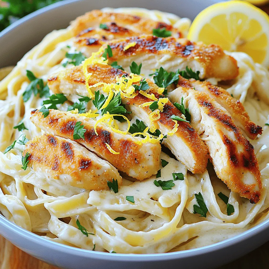 - 2 Hähnchenbrustfilets, entbeint und ohne Haut - 225 g Fettuccine-Nudeln - 480 ml Schlagsahne - 100 g frisch geriebener Parmesan-Käse - 4 Esslöffel ungesalzene Butter - 3 Knoblauchzehen, fein gehackt - Salz und Pfeffer nach Geschmack - Frische Petersilie, gehackt (zum Garnieren) - 1 Teelöffel italienische Gewürzmischung - Abgeriebene Schale von 1 Zitrone (für einen frischen Touch) Ich liebe die Einfachheit dieser Zutatenliste. Jedes Element trägt zur reichen, cremigen Sauce bei. Die Kombination von Hähnchen, Fettuccine und Schlagsahne ist einfach unwiderstehlich. Der Parmesan verleiht dem Gericht einen herzhaften Geschmack. Knoblauch ist ein Muss. Er bringt ein tolles Aroma in die Sauce. Die Zitronenschale sorgt für einen frischen Twist. Mit Petersilie garniert, sieht das Gericht auch noch toll aus. Diese Zutaten machen das Rezept zu etwas Besonderem. Sie sind leicht zu finden und perfekt für jeden Anlass. Wenn du mehr über die Zubereitung erfahren möchtest, schau dir die Vollständige Rezeptanleitung an. Zuerst würze ich die Hähnchenbrustfilets mit Salz, Pfeffer und italienischen Gewürzen. Diese Gewürze bringen tollen Geschmack. Dann schmelze ich zwei Esslöffel Butter in einer großen Pfanne bei mittlerer Hitze. Ich lege die gewürzten Hähnchenfilets in die Pfanne. Sie braten etwa 7 bis 8 Minuten pro Seite. Wenn sie goldbraun und gar sind, nehme ich sie aus der Pfanne. Nach dem Garen lasse ich die Filets kurz ruhen. Danach schneide ich sie in Streifen. So bleibt das Hähnchen saftig und lecker. Ich bringe einen großen Topf mit gesalzenem Wasser zum Kochen. Sobald das Wasser kocht, gebe ich die Fettuccine hinein. Ich koche die Nudeln nach Packungsanleitung al dente. Das bedeutet, sie sind weich, aber noch bissfest. Nach dem Kochen gieße ich die Fettuccine ab. Ich bewahre 120 ml vom Nudelkochwasser auf. Dieses Wasser kann später helfen, die Sauce zu verdünnen. In der Pfanne, in der ich das Hähnchen gebraten habe, schmelze ich die restlichen zwei Esslöffel Butter. Dann füge ich den fein gehackten Knoblauch hinzu. Ich brate ihn für etwa eine Minute an. Er soll aromatisch werden, aber nicht verbrennen. Nach dem Anbraten gieße ich die Schlagsahne in die Pfanne. Ich bringe sie sanft zum Köcheln. Dann füge ich den frisch geriebenen Parmesan hinzu. Ich rühre alles gut um, bis die Sauce cremig ist. Ist die Sauce zu dick, gebe ich etwas vom Nudelkochwasser hinzu. Dann gebe ich die gekochten Fettuccine in die Pfanne. Ich rühre vorsichtig um, damit die Nudeln gleichmäßig mit Sauce überzogen sind. Schließlich hebe ich die geschnittenen Hähnchenstreifen unter. Ein Hauch von Zitronenschale gibt einen frischen Geschmack. Um das Hähnchen perfekt zuzubereiten, braten Sie es etwa 7–8 Minuten pro Seite. Achten Sie darauf, dass das Hähnchen goldbraun und durchgegart ist. Für die Fettuccine kochen Sie sie al dente, wie es auf der Packung steht. So bleibt die Pasta bissfest und passt gut zur Sauce. Um die Konsistenz der Sauce anzupassen, fügen Sie etwas vom Nudelkochwasser hinzu. Das macht die Sauce cremiger und hilft, das Gericht zu verbinden. Die Präsentation ist wichtig. Servieren Sie das Gericht in einer großen Pastaschüssel. Das sieht einladend aus! Streuen Sie zusätzlichen Parmesan darüber und garnieren Sie es mit frischer Petersilie. Ein Zitronenschnitz auf der Seite bringt Farbe und frischen Geschmack. So wird Ihr Gericht zu einem echten Hingucker. Frische Kräuter sind ein Muss! Sie bringen mehr Geschmack in Ihr Gericht. Petersilie ist eine einfache Wahl, die gut passt. Außerdem können Sie Gewürze wie italienische Mischung hinzufügen. Ein Teelöffel mehr oder weniger kann den Unterschied machen. Ein Hauch von Zitrone rundet das Gericht ab und gibt ihm eine frische Note. {{image_4}} Wenn Sie das Hähnchen ersetzen möchten, nutzen Sie Gemüse. Brokkoli, Zucchini oder Paprika sind tolle Optionen. Diese Gemüse geben Geschmack und Farbe. Für die Sauce können Sie Sahne durch pflanzliche Alternativen ersetzen. Kokosmilch oder Cashewcreme sind lecker. Sie bieten eine tolle Textur und einen feinen Geschmack. Garnelen oder Lachs sind hervorragende Alternativen zum Hähnchen. Diese Meeresfrüchte bringen einen neuen Geschmack. Sie sind auch einfach zuzubereiten. Braten Sie die Garnelen in der Pfanne und fügen Sie sie zur Sauce hinzu. Lachs kann gegrillt oder gebacken werden. Kombinieren Sie verschiedene Fleischsorten für mehr Vielfalt. Fettuccine ist klassisch, aber Sie können auch andere Nudeln verwenden. Penne oder Tagliatelle sind ebenfalls lecker. Für glutenfreie Optionen wählen Sie Reisnudeln oder Maisnudeln. Diese Alternativen bieten eine ähnliche Konsistenz und passen gut zur Sauce. Probieren Sie verschiedene Kombinationen, um Ihre Lieblingsnudel zu finden. Nach dem Kochen bleibt oft etwas Hähnchen Alfredo übrig. Um die Reste zu lagern, verpacke sie luftdicht. Verwende dazu einen Behälter mit einem guten Deckel. Lagere die Reste im Kühlschrank. So bleiben sie frisch. Du kannst sie bis zu drei Tage aufbewahren. Wenn du die Reste für längere Zeit aufbewahren möchtest, kannst du sie einfrieren. Teile die Portionen in kleine Behälter auf. Achte darauf, etwas Platz im Behälter zu lassen. Die Sauce dehnt sich beim Gefrieren aus. So bleibt deine Alfredo-Sauce auch nach dem Auftauen lecker. Um Hähnchen Alfredo wieder aufzuwärmen, gibt es einige gute Methoden. Du kannst die Reste in einer Pfanne bei niedriger Hitze erwärmen. Füge einen Spritzer Milch oder Sahne hinzu. Das hilft, die Cremigkeit zu bewahren. Rühre die Sauce gut um, damit sie gleichmäßig wärmt. Eine andere Methode ist die Mikrowelle. Stelle die Reste in eine mikrowellengeeignete Schüssel. Decke die Schüssel mit einem feuchten Papiertuch ab. So bleibt die Feuchtigkeit erhalten. Erwärme das Gericht in kurzen Intervallen. Rühre zwischendurch um, bis es gleichmäßig warm ist. Mit diesen Tipps bleibt dein Hähnchen Alfredo köstlich, egal wann du es isst! Hähnchen Alfredo bleibt im Kühlschrank etwa 3 bis 4 Tage gut. Lagern Sie es in einem luftdichten Behälter. Für längere Haltbarkeit können Sie es einfrieren. Im Gefrierfach hält es bis zu 3 Monate. Achten Sie darauf, die Portionen gut zu verpacken, um Gefrierbrand zu vermeiden. Ja, Sie können die Sauce im Voraus machen. Kochen Sie die Sauce und lassen Sie sie abkühlen. Lagern Sie sie dann im Kühlschrank für bis zu 2 Tage. Wenn Sie die Sauce aufwärmen, fügen Sie etwas Schlagsahne hinzu, um die cremige Textur zu erhalten. Dies hilft, die Sauce frisch zu halten. Um die Sauce dickflüssiger zu machen, gibt es einige einfache Methoden. Sie können mehr Parmesan hinzufügen, da dieser die Sauce bindet. Eine andere Möglichkeit ist, etwas Maisstärke mit Wasser zu mischen und in die Sauce zu geben. Dies gibt der Sauce mehr Körper und macht sie cremiger. Sie finden die Vollständige Rezeptanleitung in meinem Rezept für die cremige Hähnchen Alfredo Delikatesse . Dort stehen alle Schritte und Zutaten, die Sie benötigen, um dieses köstliche Gericht zuzubereiten. Zusammenfassend haben wir die Hauptzutaten für die cremige Hähnchen Alfredo besprochen, einschließlich Hähnchen, Fettuccine und Parmesan. Ich habe auch Tipps gegeben, wie man die Sauce perfekt zubereitet und präsentiert. Vergessen Sie nicht, die Lagerungshinweise für Reste zu beachten. Meine letzten Gedanken: Mit ein paar kleinen Variationen können Sie dieses Gericht nach Ihrem Geschmack anpassen. Probieren Sie es aus und genießen Sie Ihre köstliche Mahlzeit!