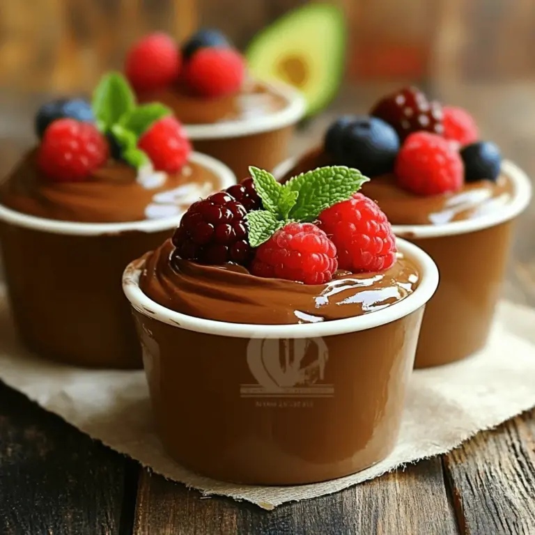 Für die perfekte Schokoladen-Avocado-Mousse brauchst du nur wenige Zutaten. Hier ist, was du brauchst: - 2 reife Avocados, geschält und entkernt - ½ Tasse ungesüßtes Kakaopulver - ½ Tasse Ahornsirup oder Honig - 1 Teelöffel Vanilleextrakt - 1 Prise Meersalz - 3 Esslöffel Mandelmilch (oder eine andere Milch nach Wahl) - Frische Beeren und Minzblätter zur Dekoration Diese Zutaten geben der Mousse ihre cremige Konsistenz und den reichhaltigen Schokoladengeschmack. Die Avocados machen die Mousse besonders gesund und lecker. Die Wahl des Kakaos ist wichtig. Suche nach ungesüßtem Kakaopulver. Es hat einen starken, tiefen Geschmack. Marken wie "Navitas Naturals" oder "Cacao Barry" sind großartig. Für die Süße kannst du Ahornsirup oder Honig verwenden. Ahornsirup ist pflanzlich und hat einen feinen Geschmack. Honig gibt eine warme Note. Achte darauf, dass du reinen Sirup oder Honig ohne Zusatzstoffe wählst. Diese Mousse ist einfach vegan zu machen. Nutze einfach Ahornsirup anstelle von Honig. Für die Milch kannst du jede pflanzliche Milch verwenden, die dir gefällt. Mandelmilch ist eine gute Wahl. Du kannst auch Hafer-, Soja- oder Kokosmilch verwenden. Diese Alternativen machen die Mousse nicht nur vegan, sondern auch köstlich und reichhaltig. Wenn du mehr über die Zubereitung erfahren willst, schau dir das [Full Recipe] an. Zuerst nehme ich zwei reife Avocados. Ich schäle sie und entferne den Kern. Ich achte darauf, dass die Avocados weich sind. Weiche Avocados geben eine bessere Konsistenz. Dann schneide ich sie in Stücke. Diese Stücke kommen direkt in den Mixer. Jetzt füge ich die anderen Zutaten hinzu. Das sind ½ Tasse ungesüßtes Kakaopulver und ½ Tasse Ahornsirup oder Honig. Ich gebe auch einen Teelöffel Vanilleextrakt und eine Prise Meersalz hinzu. Ich mixe alles auf hoher Stufe. Nach ein paar Sekunden ist die Mischung glatt. Wenn nötig, kratze ich die Seiten des Mixbehälters ab. Um die perfekte Konsistenz zu erreichen, füge ich langsam 3 Esslöffel Mandelmilch hinzu. Ich mixe weiter, bis die Mousse cremig ist. Manchmal passe ich die Süße an. Wenn ich mehr Süße möchte, gebe ich einen weiteren Löffel Ahornsirup oder Honig hinzu. Die Mousse kommt dann in kleine Servierschalen. Ich decke sie ab und stelle sie für mindestens eine Stunde in den Kühlschrank. So wird sie fest und die Aromen entfalten sich. Wenn du mehr über die Mousse erfahren möchtest, findest du das vollständige Rezept [hier](#). Ein häufiger Fehler ist, die Avocados nicht reif genug zu verwenden. Sie sollten weich sein, wenn man sanft darauf drückt. Wenn die Avocados hart sind, wird die Mousse nicht cremig. Ein weiterer Fehler ist, die Mousse zu lange zu mixen. Es sollte glatt, aber nicht zu flüssig sein. Prüfen Sie die Konsistenz oft, damit sie perfekt wird. Sie können die Süße ändern, je nach Geschmack. Verwenden Sie mehr oder weniger Ahornsirup oder Honig. Für einen intensiveren Schokoladengeschmack können Sie mehr Kakaopulver hinzufügen. Wenn Sie es fruchtiger mögen, probieren Sie eine Banane im Mix. Das gibt eine interessante Note und macht die Mousse noch cremiger. Die Präsentation macht einen großen Unterschied. Nutzen Sie frische Beeren und Minzblätter zur Dekoration. Legen Sie die Beeren kunstvoll um die Mousse. Ein Minzblatt oben drauf sorgt für frische Farben. Ein schöner Teller oder eine Schale kann das Gericht noch ansprechender machen. Achten Sie darauf, die Mousse in kühlen Schalen zu servieren. So bleibt sie länger fest und lecker. Für die vollständige Anleitung und das Rezept schauen Sie sich die [Full Recipe] an. {{image_4}} Die vegane Version der Schokoladen-Avocado-Mousse ist einfach und köstlich. Du kannst die Mousse ganz ohne tierische Produkte zubereiten. Benutze statt Honig einfach Agavendicksaft oder einen anderen Pflanzennektar. Diese Süßstoffe passen gut zur Mousse und machen sie süß. Die anderen Zutaten bleiben gleich. Avocados sind eine großartige Basis, da sie viel gesunde Fette und eine cremige Textur bieten. Wenn du Zucker vermeiden möchtest, hast du tolle Alternativen. Du kannst Stevia oder Erythrit verwenden. Diese Süßstoffe haben keine Kalorien und sind gut für die Gesundheit. Achte darauf, die Mengen anzupassen, da sie süßer sind als Zucker. Probier die Mousse, während du sie zubereitest, um die richtige Süße zu finden. Diese Optionen machen die Mousse nicht nur zuckerfrei, sondern auch sehr schmackhaft. Die Schokoladen-Avocado-Mousse ist vielseitig. Du kannst verschiedene Aromen ausprobieren. Füge einen Esslöffel Erdnussbutter hinzu, um einen nussigen Geschmack zu bekommen. Oder probiere etwas Kaffeepulver für einen schokoladigen Kaffeegeschmack. Du kannst auch Gewürze wie Zimt oder Chili hinzufügen, um die Mousse aufregender zu machen. Experimentiere mit verschiedenen Zutaten, um deine perfekte Mischung zu finden. Diese Variationen machen das Rezept noch interessanter. Du findest die vollständige Anleitung im Full Recipe. Schokoladen-Avocado-Mousse muss kühl gelagert werden. Ich empfehle, sie in einem luftdichten Behälter im Kühlschrank aufzubewahren. So bleibt die Mousse frisch und lecker. Normalerweise hält sie sich bis zu drei Tage. Nach diesem Zeitraum kann die Textur leiden. Wenn du die Mousse länger genießen möchtest, ist das Einfrieren eine gute Option. Um die Mousse einzufrieren, fülle sie in geeignete, gefrierfeste Behälter. Achte darauf, Platz oben zu lassen, da die Mousse beim Gefrieren etwas expandiert. Du kannst die Mousse auch in Portionen einfrieren. So kannst du immer eine kleine Menge genießen. Mousse kann bis zu drei Monate im Gefrierfach bleiben. Vergiss nicht, die Behälter zu beschriften! Um die Mousse aufzutauen, stelle sie über Nacht in den Kühlschrank. So bleibt die Konsistenz gleichmäßig. Vermeide es, die Mousse bei Raumtemperatur auftauen zu lassen, da sie sonst wässrig wird. Wenn du die Mousse gleich genießen möchtest, kannst du sie auch kurz in die Mikrowelle stellen. Achte darauf, sie nur in kurzen Abständen zu erwärmen, damit sie nicht schmilzt. Ja, Schokoladen-Avocado-Mousse ist gesund. Avocados sind reich an gesunden Fetten. Diese Fette helfen deinem Herz. Sie enthalten auch Ballaststoffe, Vitamine und Mineralien. Kakaopulver liefert Antioxidantien, die gut für deine Haut sind. Außerdem ist die Mousse frei von raffiniertem Zucker, wenn du Ahornsirup oder Honig verwendest. Diese Zutaten sind natürliche Süßstoffe. So bleibt die Mousse nahrhaft und lecker. Ja, du kannst andere Süßstoffe verwenden. Stevia, Kokosblütenzucker oder Agavendicksaft sind gute Optionen. Achte darauf, die Menge anzupassen. Jeder Süßstoff hat eine andere Süßkraft. Du kannst auch Erythrit verwenden, wenn du eine zuckerfreie Variante möchtest. Teste die Mousse, um die perfekte Süße zu finden. Die Mousse sollte mindestens eine Stunde im Kühlschrank stehen. So wird sie fest und die Aromen vermischen sich gut. Du kannst sie auch länger kühl stellen, wenn du mehr Zeit hast. Die Mousse bleibt bis zu drei Tage frisch im Kühlschrank. Achte darauf, sie gut abzudecken. So bleibt sie cremig und lecker. Für die vollständige Rezeptanleitung sieh dir das Full Recipe an. Diese Schokoladen-Avocado-Mousse ist einfach und voller Geschmack. Ich habe die besten Zutaten und Alternativen vorgestellt. Die Schritt-für-Schritt-Anleitung macht die Zubereitung leicht. Tipps helfen, Fehler zu vermeiden und die Mousse perfekt zu gestalten. Du kannst auch viele Varianten und Anpassungen ausprobieren. Denke daran, die Mousse kühl zu lagern oder einzufrieren. Probiere die Rezepte aus und genieße die gesunde Leckerei!