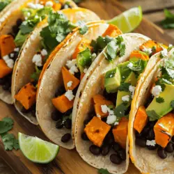 Für diese leckeren Tacos brauchen wir nur einige einfache Zutaten. Hier sind die Hauptzutaten: - 2 mittelgroße Süßkartoffeln, geschält und gewürfelt - 1 Dose (425 g) schwarze Bohnen, abgespült und abgetropft - 1 Esslöffel Olivenöl - 1 Teelöffel Kreuzkümmel - 1 Teelöffel Paprika (geräuchert, wenn gewünscht) - 1/2 Teelöffel Knoblauchpulver - 1/2 Teelöffel Chilipulver - Salz und Pfeffer nach Geschmack - 8 kleine Maistortillas - 1/4 Tasse frischer Koriander, gehackt - 1 Avocado, in Scheiben geschnitten - Limettenviertel zum Servieren - Optional: 1/2 Tasse Feta-Käse oder veganer Käse zum Garnieren Diese Zutaten bringen Geschmack und Nährstoffe auf den Tisch. Die Wahl der richtigen Süßkartoffeln ist wichtig. Ich suche nach festen, glatten Exemplaren. Vermeide die mit Druckstellen oder grünen Stellen. Süßkartoffeln in verschiedenen Farben sind auch toll, wie orange oder lila. Sie bieten unterschiedliche Nährstoffe und Geschmäcker. Um die Süßkartoffeln zuzubereiten, schäle sie zuerst. Dann schneide sie in gleichmäßige Würfel. So garen sie gleichmäßig. Schwarze Bohnen sind eine tolle Proteinquelle. Ich benutze oft Dosenbohnen, da sie schnell und einfach sind. Achte darauf, sie gut abzuspülen und abtropfen zu lassen. Das entfernt die überschüssige Flüssigkeit und sorgt für besseren Geschmack. Falls du getrocknete schwarze Bohnen verwenden möchtest, weiche sie über Nacht ein. Koche sie dann in frischem Wasser, bis sie weich sind. Das dauert etwa 1 bis 2 Stunden. Verwende sie dann wie in dem [Full Recipe]. Zuerst heizen Sie den Ofen auf 200 °C vor. Nehmen Sie ein Backblech und legen Sie es mit Backpapier aus. In einer großen Schüssel geben Sie die gewürfelten Süßkartoffeln, Olivenöl, Kreuzkümmel, Paprika, Knoblauchpulver und Chilipulver hinzu. Fügen Sie Salz und Pfeffer nach Geschmack hinzu. Mischen Sie alles gut, bis die Süßkartoffeln gleichmäßig bedeckt sind. Verteilen Sie die gewürzten Süßkartoffeln auf dem Backblech in einer einzigen Schicht. Rösten Sie sie für 25 bis 30 Minuten im Ofen. Wenden Sie die Süßkartoffeln nach der Hälfte der Zeit, damit sie gleichmäßig garen. Sie sind fertig, wenn sie zart und leicht knusprig sind. Während die Süßkartoffeln rösten, nehmen Sie einen mittleren Topf. Erwärmen Sie die abgespülten schwarzen Bohnen bei mittlerer Hitze. Fügen Sie eine Prise Salz und Pfeffer hinzu. Rühren Sie gelegentlich um. Erhitzen Sie die Bohnen für etwa 5 Minuten, bis sie gut durchgewärmt sind. Für das vollständige Rezept schauen Sie sich das [Full Recipe] an. Um die perfekte Textur der Süßkartoffeln zu erreichen, ist es wichtig, sie gleichmäßig zu schneiden. Ich empfehle, die Würfel etwa 1 bis 2 cm groß zu machen. So garen sie gleichmäßig und werden außen schön knusprig. Ein weiterer Trick ist, die Süßkartoffeln vor dem Rösten gut mit Olivenöl zu vermengen. Das hilft, die Feuchtigkeit zu halten und gleichzeitig eine goldene Kruste zu entwickeln. Beim Rösten sollten Sie die Süßkartoffeln nach 15 Minuten wenden. So bekommen sie überall eine tolle Farbe. Die richtige Mischung aus Gewürzen macht Ihre Tacos besonders lecker. Ich benutze gerne Kreuzkümmel, Paprika und etwas Chilipulver. Diese Gewürze verleihen den Süßkartoffeln einen warmen, erdigen Geschmack. Für eine frische Note können Sie Knoblauchpulver hinzufügen. Denken Sie daran, die Gewürze gut mit den Süßkartoffeln zu vermengen, bevor Sie sie rösten. So verteilt sich der Geschmack gleichmäßig. Wenn Sie es schärfer mögen, fügen Sie mehr Chilipulver hinzu. Die Art und Weise, wie Sie die Tacos anrichten, kann das gesamte Erlebnis verbessern. Beginnen Sie mit einer warmen Tortilla. Fügen Sie dann die gerösteten Süßkartoffeln und schwarzen Bohnen hinzu. Garnieren Sie jeden Taco mit frischem Koriander und Avocadoscheiben. Wenn Sie möchten, streuen Sie etwas Feta-Käse darüber. Servieren Sie die Tacos mit Limettenvierteln. Ein Spritzer Limette bringt die Aromen zum Strahlen. Für die beste Präsentation können Sie die Tacos auf einem schönen Teller anrichten. So wird jede Mahlzeit zu einem Fest! {{image_4}} Für glutenfreie Tacos wähle Maistortillas. Diese sind weich und lecker. Sie passen perfekt zu unseren Füllungen. Außerdem sind die Süßkartoffeln und Bohnen vegan. Du kannst den Feta-Käse durch veganen Käse ersetzen. So bleibt der Geschmack toll und die Tacos sind für alle geeignet. Du kannst die Tacos nach deinem Geschmack anpassen. Probiere frische Salsa oder guacamole. Diese verleihen den Tacos eine frische Note. Auch Rucola oder Spinat sind tolle Optionen. Sie bringen Farbe und zusätzliche Nährstoffe. Für einen extra Crunch füge geröstete Kürbiskerne hinzu. Sie passen perfekt zu den Süßkartoffeln. Maistortillas sind klassisch, aber andere Optionen sind auch möglich. Weiche Weizentortillas sind eine gute Wahl. Sie sind leicht und schmecken gut mit der Füllung. Wenn du etwas Neues ausprobieren möchtest, nimm Vollkorn-Tortillas. Diese sind nahrhafter und geben den Tacos einen herzhaften Biss. Experimentiere mit verschiedenen Tortillas und finde deine Lieblingskombination. Für die vollständige Zubereitung, schau dir das [Full Recipe] an. Wenn Sie Tacos übrig haben, bewahren Sie sie in einem luftdichten Behälter auf. Lassen Sie die Tacos zuerst abkühlen. So bleibt die Tortilla weich und lecker. Ich empfehle, die Füllung von der Tortilla zu trennen. So bleibt alles frisch und die Tortilla wird nicht matschig. Die Tacos halten sich im Kühlschrank bis zu drei Tage. Sie können die Süßkartoffeln und die Bohnen auch einfrieren. Lassen Sie die Mischung zuerst abkühlen. Geben Sie sie dann in gefriergeeignete Beutel oder Behälter. Achten Sie darauf, die Luft herauszudrücken, um Gefrierbrand zu vermeiden. Die gefrorenen Zutaten halten bis zu drei Monate. Zum Auftauen legen Sie sie einfach über Nacht in den Kühlschrank. Um die Tacos aufzuwärmen, nutzen Sie eine Pfanne oder den Ofen. In der Pfanne, erhitzen Sie sie bei mittlerer Hitze. So bleibt die Tortilla knusprig. Im Ofen legen Sie die Tacos auf ein Backblech und wärmen sie bei 180 °C für etwa 10 Minuten auf. Servieren Sie die Tacos mit frischen Limetten und genießen Sie den vollen Geschmack. Weitere Tipps finden Sie im Full Recipe. Um die Tacos noch gesünder zu machen, können Sie einige einfache Änderungen vornehmen: - Verwenden Sie Vollkorn-Tortillas anstelle von normalen. - Fügen Sie mehr frisches Gemüse hinzu, wie Spinat oder Paprika. - Reduzieren Sie den Käse oder verwenden Sie eine pflanzliche Alternative. - Integrieren Sie Hülsenfrüchte wie Linsen für zusätzlichen Protein-Gehalt. Diese Schritte erhöhen die Nährstoffe und verringern die Kalorienzahl. Die richtigen Beilagen machen das Essen noch besser. Hier sind einige Vorschläge: - Ein frischer grüner Salat mit Limetten-Dressing. - Guacamole oder Salsa für zusätzlichen Geschmack. - Gegrilltes Gemüse, wie Zucchini oder Paprika. - Reis oder Quinoa als sättigende Beilage. Diese Optionen ergänzen die Tacos gut und sorgen für eine ausgewogene Mahlzeit. Ja, Sie können die Tacos im Voraus vorbereiten. Hier sind einige Tipps: - Rösten Sie die Süßkartoffeln und kochen Sie die Bohnen am Tag zuvor. - Lagern Sie alles in separaten Behältern im Kühlschrank. - Erwärmen Sie die Zutaten vor dem Servieren, um die Frische zu bewahren. So können Sie die Tacos schnell zusammensetzen, wenn Sie bereit sind zu essen. Schauen Sie sich das [Full Recipe] an, um die Zubereitung zu erleichtern. Süßkartoffel-Schwarzbohnen-Tacos sind einfach und lecker. Wir haben die besten Zutaten, Zubereitung, Tipps und Lagerung besprochen. Du kannst die Tacos nach deinem Geschmack anpassen. Denke an die Variationen und Alternativen, die du nutzen kannst. Mit diesen Infos bereitest du perfekte Tacos zu. Genieße die Gesundheit und den Geschmack in jedem Bissen. Tolle Tacos machen alle glücklich!