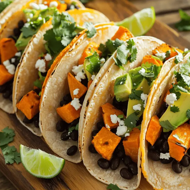 Für diese leckeren Tacos brauchen wir nur einige einfache Zutaten. Hier sind die Hauptzutaten: - 2 mittelgroße Süßkartoffeln, geschält und gewürfelt - 1 Dose (425 g) schwarze Bohnen, abgespült und abgetropft - 1 Esslöffel Olivenöl - 1 Teelöffel Kreuzkümmel - 1 Teelöffel Paprika (geräuchert, wenn gewünscht) - 1/2 Teelöffel Knoblauchpulver - 1/2 Teelöffel Chilipulver - Salz und Pfeffer nach Geschmack - 8 kleine Maistortillas - 1/4 Tasse frischer Koriander, gehackt - 1 Avocado, in Scheiben geschnitten - Limettenviertel zum Servieren - Optional: 1/2 Tasse Feta-Käse oder veganer Käse zum Garnieren Diese Zutaten bringen Geschmack und Nährstoffe auf den Tisch. Die Wahl der richtigen Süßkartoffeln ist wichtig. Ich suche nach festen, glatten Exemplaren. Vermeide die mit Druckstellen oder grünen Stellen. Süßkartoffeln in verschiedenen Farben sind auch toll, wie orange oder lila. Sie bieten unterschiedliche Nährstoffe und Geschmäcker. Um die Süßkartoffeln zuzubereiten, schäle sie zuerst. Dann schneide sie in gleichmäßige Würfel. So garen sie gleichmäßig. Schwarze Bohnen sind eine tolle Proteinquelle. Ich benutze oft Dosenbohnen, da sie schnell und einfach sind. Achte darauf, sie gut abzuspülen und abtropfen zu lassen. Das entfernt die überschüssige Flüssigkeit und sorgt für besseren Geschmack. Falls du getrocknete schwarze Bohnen verwenden möchtest, weiche sie über Nacht ein. Koche sie dann in frischem Wasser, bis sie weich sind. Das dauert etwa 1 bis 2 Stunden. Verwende sie dann wie in dem [Full Recipe]. Zuerst heizen Sie den Ofen auf 200 °C vor. Nehmen Sie ein Backblech und legen Sie es mit Backpapier aus. In einer großen Schüssel geben Sie die gewürfelten Süßkartoffeln, Olivenöl, Kreuzkümmel, Paprika, Knoblauchpulver und Chilipulver hinzu. Fügen Sie Salz und Pfeffer nach Geschmack hinzu. Mischen Sie alles gut, bis die Süßkartoffeln gleichmäßig bedeckt sind. Verteilen Sie die gewürzten Süßkartoffeln auf dem Backblech in einer einzigen Schicht. Rösten Sie sie für 25 bis 30 Minuten im Ofen. Wenden Sie die Süßkartoffeln nach der Hälfte der Zeit, damit sie gleichmäßig garen. Sie sind fertig, wenn sie zart und leicht knusprig sind. Während die Süßkartoffeln rösten, nehmen Sie einen mittleren Topf. Erwärmen Sie die abgespülten schwarzen Bohnen bei mittlerer Hitze. Fügen Sie eine Prise Salz und Pfeffer hinzu. Rühren Sie gelegentlich um. Erhitzen Sie die Bohnen für etwa 5 Minuten, bis sie gut durchgewärmt sind. Für das vollständige Rezept schauen Sie sich das [Full Recipe] an. Um die perfekte Textur der Süßkartoffeln zu erreichen, ist es wichtig, sie gleichmäßig zu schneiden. Ich empfehle, die Würfel etwa 1 bis 2 cm groß zu machen. So garen sie gleichmäßig und werden außen schön knusprig. Ein weiterer Trick ist, die Süßkartoffeln vor dem Rösten gut mit Olivenöl zu vermengen. Das hilft, die Feuchtigkeit zu halten und gleichzeitig eine goldene Kruste zu entwickeln. Beim Rösten sollten Sie die Süßkartoffeln nach 15 Minuten wenden. So bekommen sie überall eine tolle Farbe. Die richtige Mischung aus Gewürzen macht Ihre Tacos besonders lecker. Ich benutze gerne Kreuzkümmel, Paprika und etwas Chilipulver. Diese Gewürze verleihen den Süßkartoffeln einen warmen, erdigen Geschmack. Für eine frische Note können Sie Knoblauchpulver hinzufügen. Denken Sie daran, die Gewürze gut mit den Süßkartoffeln zu vermengen, bevor Sie sie rösten. So verteilt sich der Geschmack gleichmäßig. Wenn Sie es schärfer mögen, fügen Sie mehr Chilipulver hinzu. Die Art und Weise, wie Sie die Tacos anrichten, kann das gesamte Erlebnis verbessern. Beginnen Sie mit einer warmen Tortilla. Fügen Sie dann die gerösteten Süßkartoffeln und schwarzen Bohnen hinzu. Garnieren Sie jeden Taco mit frischem Koriander und Avocadoscheiben. Wenn Sie möchten, streuen Sie etwas Feta-Käse darüber. Servieren Sie die Tacos mit Limettenvierteln. Ein Spritzer Limette bringt die Aromen zum Strahlen. Für die beste Präsentation können Sie die Tacos auf einem schönen Teller anrichten. So wird jede Mahlzeit zu einem Fest! {{image_4}} Für glutenfreie Tacos wähle Maistortillas. Diese sind weich und lecker. Sie passen perfekt zu unseren Füllungen. Außerdem sind die Süßkartoffeln und Bohnen vegan. Du kannst den Feta-Käse durch veganen Käse ersetzen. So bleibt der Geschmack toll und die Tacos sind für alle geeignet. Du kannst die Tacos nach deinem Geschmack anpassen. Probiere frische Salsa oder guacamole. Diese verleihen den Tacos eine frische Note. Auch Rucola oder Spinat sind tolle Optionen. Sie bringen Farbe und zusätzliche Nährstoffe. Für einen extra Crunch füge geröstete Kürbiskerne hinzu. Sie passen perfekt zu den Süßkartoffeln. Maistortillas sind klassisch, aber andere Optionen sind auch möglich. Weiche Weizentortillas sind eine gute Wahl. Sie sind leicht und schmecken gut mit der Füllung. Wenn du etwas Neues ausprobieren möchtest, nimm Vollkorn-Tortillas. Diese sind nahrhafter und geben den Tacos einen herzhaften Biss. Experimentiere mit verschiedenen Tortillas und finde deine Lieblingskombination. Für die vollständige Zubereitung, schau dir das [Full Recipe] an. Wenn Sie Tacos übrig haben, bewahren Sie sie in einem luftdichten Behälter auf. Lassen Sie die Tacos zuerst abkühlen. So bleibt die Tortilla weich und lecker. Ich empfehle, die Füllung von der Tortilla zu trennen. So bleibt alles frisch und die Tortilla wird nicht matschig. Die Tacos halten sich im Kühlschrank bis zu drei Tage. Sie können die Süßkartoffeln und die Bohnen auch einfrieren. Lassen Sie die Mischung zuerst abkühlen. Geben Sie sie dann in gefriergeeignete Beutel oder Behälter. Achten Sie darauf, die Luft herauszudrücken, um Gefrierbrand zu vermeiden. Die gefrorenen Zutaten halten bis zu drei Monate. Zum Auftauen legen Sie sie einfach über Nacht in den Kühlschrank. Um die Tacos aufzuwärmen, nutzen Sie eine Pfanne oder den Ofen. In der Pfanne, erhitzen Sie sie bei mittlerer Hitze. So bleibt die Tortilla knusprig. Im Ofen legen Sie die Tacos auf ein Backblech und wärmen sie bei 180 °C für etwa 10 Minuten auf. Servieren Sie die Tacos mit frischen Limetten und genießen Sie den vollen Geschmack. Weitere Tipps finden Sie im Full Recipe. Um die Tacos noch gesünder zu machen, können Sie einige einfache Änderungen vornehmen: - Verwenden Sie Vollkorn-Tortillas anstelle von normalen. - Fügen Sie mehr frisches Gemüse hinzu, wie Spinat oder Paprika. - Reduzieren Sie den Käse oder verwenden Sie eine pflanzliche Alternative. - Integrieren Sie Hülsenfrüchte wie Linsen für zusätzlichen Protein-Gehalt. Diese Schritte erhöhen die Nährstoffe und verringern die Kalorienzahl. Die richtigen Beilagen machen das Essen noch besser. Hier sind einige Vorschläge: - Ein frischer grüner Salat mit Limetten-Dressing. - Guacamole oder Salsa für zusätzlichen Geschmack. - Gegrilltes Gemüse, wie Zucchini oder Paprika. - Reis oder Quinoa als sättigende Beilage. Diese Optionen ergänzen die Tacos gut und sorgen für eine ausgewogene Mahlzeit. Ja, Sie können die Tacos im Voraus vorbereiten. Hier sind einige Tipps: - Rösten Sie die Süßkartoffeln und kochen Sie die Bohnen am Tag zuvor. - Lagern Sie alles in separaten Behältern im Kühlschrank. - Erwärmen Sie die Zutaten vor dem Servieren, um die Frische zu bewahren. So können Sie die Tacos schnell zusammensetzen, wenn Sie bereit sind zu essen. Schauen Sie sich das [Full Recipe] an, um die Zubereitung zu erleichtern. Süßkartoffel-Schwarzbohnen-Tacos sind einfach und lecker. Wir haben die besten Zutaten, Zubereitung, Tipps und Lagerung besprochen. Du kannst die Tacos nach deinem Geschmack anpassen. Denke an die Variationen und Alternativen, die du nutzen kannst. Mit diesen Infos bereitest du perfekte Tacos zu. Genieße die Gesundheit und den Geschmack in jedem Bissen. Tolle Tacos machen alle glücklich!