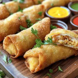 - 450 g Lumpkrabbenfleisch, sorgfältig auf Schalenreste untersucht - 120 g zerkrümelte Salzcracker - 60 g Mayonnaise - 1 Esslöffel Dijon-Senf - 1 Esslöffel Worcestersauce - 1 Teelöffel Old Bay Gewürz - 1/2 Teelöffel Knoblauchpulver - 1/4 Teelöffel schwarzer Pfeffer - 60 g Frühlingszwiebeln, fein gehackt - 30 g frische Petersilie, gehackt Für die Füllung benutze ich frisches Lumpkrabbenfleisch. Es hat einen feinen Geschmack und eine zarte Textur. Überprüfe das Fleisch gründlich auf Schalenreste, da du eine glatte Mischung willst. Die zerkrümelten Salzcracker geben der Füllung eine knusprige Note. Ich füge auch Gewürze und Kräuter hinzu, um die Aromen zu verstärken. - 1 Packung Frühlingsrollenblätter (ca. 20 Stück) - Pflanzenöl zum Frittieren Die Frühlingsrollenblätter sind leicht und knusprig. Sie halten die Füllung gut zusammen. Zum Frittieren verwende ich Pflanzenöl, das hoch erhitzbar ist. So werden die Frühlingsrollen schön knusprig. Wenn du eine gesündere Variante möchtest, kannst du das Krabbenfleisch durch pürierte Kichererbsen ersetzen. Das gibt dir eine tolle vegetarische Option. Du kannst auch verschiedene Gewürze ausprobieren, wie Paprika oder Kreuzkümmel, um neue Geschmäcker zu entdecken. Wenn du keine Frittieroption hast, kannst du die Frühlingsrollen auch im Ofen backen. - Vermengen der Zutaten Beginne mit einer großen Schüssel. Füge das Lumpkrabbenfleisch, die zerkrümelten Salzcracker, Mayonnaise, Dijon-Senf, Worcestersauce, Old Bay Gewürz, Knoblauchpulver, schwarzen Pfeffer, Frühlingszwiebeln und Petersilie hinzu. Mische alles gut, ohne das Krabbenfleisch zu zerdrücken. Die Mischung sollte fest, aber nicht matschig sein. - Handhabung des Krabbenfleischs Achte darauf, dass du das Krabbenfleisch sorgfältig auf Schalenreste untersuchst. Schalenreste können beim Essen unangenehm sein. Es ist wichtig, die Qualität des Krabbenfleischs zu prüfen. - Technik für das richtige Rollen Lege ein Frühlingsrollenblatt auf eine saubere Fläche. Eine Ecke sollte zu dir zeigen. Platziere etwa 2-3 Esslöffel der Füllung in der Mitte des Blattes. Klappe die untere Ecke über die Füllung. Ziehe die Seiten zur Mitte und rolle die Frühlingsrolle fest ein. - Tipps zur Versiegelung Um die Rolle gut zu versiegeln, befeuchte die Ränder leicht mit Wasser. Das hilft, die Füllung zu halten. Achte darauf, dass keine Luftblasen entstehen. Wiederhole das Wickeln mit den anderen Blättern. - Erhitzen des Öls Erhitze etwa 5 cm Pflanzenöl in einer großen Pfanne oder einem Frittiergerät. Die Temperatur sollte etwa 175 °C betragen. Ein Küchenthermometer ist hier sehr hilfreich. - Frittierzeit und -temperatur Frittieren die Frühlingsrollen in Chargen, damit sie gleichmäßig garen. Jede Rolle sollte etwa 3-4 Minuten auf jeder Seite frittieren. Achte darauf, dass sie goldbraun und knusprig sind. Entferne sie mit einem Schaumlöffel und lege sie auf Papiertücher, um überschüssiges Öl abzulassen. Für detaillierte Schritte und Zutaten schaue dir das Full Recipe an. Um die besten Krabbenkuchen-Frühlingsrollen zu frittieren, gibt es einige einfache Tipps. - Vermeidung von Überfüllung der Pfanne: Frittiere die Rollen in kleinen Gruppen. Wenn du zu viele auf einmal frittierst, wird das Öl kühler. Das führt zu fettigen und matschigen Rollen. - Wie man knusprige Krabbenkuchen-Frühlingsrollen erzielt: Achte darauf, dass das Öl heiß genug ist. Eine Temperatur von 175 °C ist ideal. Das sorgt für eine goldbraune und knusprige Außenseite. Drehe die Rollen während des Frittierens oft, um eine gleichmäßige Bräunung zu erreichen. Die Präsentation deiner Krabbenkuchen-Frühlingsrollen ist wichtig. Hier sind einige Ideen: - Dipsaucen Kombinationen: Süße Chilisauce passt gut dazu. Auch eine pikante Remoulade ist eine tolle Wahl. Experimentiere mit verschiedenen Dips, um neue Geschmäcker zu entdecken. - Anrichten und Präsentation: Lege die Frühlingsrollen auf eine große Platte. Dekoriere mit frischen Petersilienzweigen. Stelle kleine Schalen mit Dipsaucen bereit. So sieht das Gericht noch einladender aus. Manchmal passieren Fehler beim Frittieren. Hier sind die häufigsten und wie du sie vermeidest: - Zu viel Füllung verwenden: Wenn die Füllung zu viel Platz einnimmt, können die Rollen nicht gut gewickelt werden. Halte dich an die empfohlene Menge. - Öl nicht heiß genug: Wenn das Öl kalt ist, saugen die Rollen zu viel Öl auf. Nutze ein Thermometer, um die Temperatur zu überprüfen. - Nicht genug Zeit zum Abtropfen: Lass die fertigen Rollen auf Papiertüchern abtropfen. So werden sie weniger fettig. Die richtige Technik und Vorbereitung machen deine Krabbenkuchen-Frühlingsrollen perfekt. Probiere diese Tipps aus, um deine Kochkünste zu verbessern! {{image_4}} Für Krabbenkuchen-Frühlingsrollen kann man viele Füllungen nutzen. - Vegetarische Alternativen: Verwende anstelle von Krabben Blumenkohl oder Zucchini. Diese Gemüse sind leicht und gut gewürzt. - Gewürzvariationen: Probiere verschiedene Gewürze aus. Paprika, Cayennepfeffer oder italienische Kräuter bringen neue Aromen. Du kannst die Frühlingsrollen auch backen. Das spart Öl und macht sie leichter. - Zubereitung im Ofen: Lege die Frühlingsrollen auf ein Blech. Sprühe etwas Öl darauf. - Temperatur und Zeit für das Backen: Backe sie bei 200 °C für etwa 20 Minuten. Wende sie nach der Hälfte der Zeit, damit sie gleichmäßig knusprig sind. Krabbenkuchen-Frühlingsrollen sind vielseitig. Lass dich von anderen Küchen inspirieren. - In Asien kannst du Ingwer und Sojasauce hinzufügen. Das gibt einen tollen Geschmack. - In der Karibik sind Limette und Koriander beliebt. Diese Zutaten machen die Füllung frisch und lebendig. Für die genaue Zubereitung und alle Schritte, schau dir das [Full Recipe](#) an. Wenn du die Frühlingsrollen im Voraus machen willst, ist die Lagerung wichtig. Lege die ungekochten Frühlingsrollen auf ein Backblech. Achte darauf, dass sie sich nicht berühren. Decke sie mit Frischhaltefolie ab. Im Kühlschrank bleiben sie 1 bis 2 Tage frisch. Für längere Zeit kannst du sie einfrieren. Platziere ein Blatt Backpapier zwischen den Rollen, um ein Verkleben zu verhindern. So bleiben sie bis zu 2 Monate haltbar. Wenn du Reste hast, gibt es zwei Optionen: Kühlschrank oder Gefrierer. Im Kühlschrank bleiben die übriggebliebenen Frühlingsrollen 3 bis 4 Tage frisch. Stelle sicher, dass sie gut verpackt sind. Für den Gefrierer, lege sie in einen luftdichten Behälter. So bleiben sie bis zu 2 Monate genießbar. Das Vakuumieren ist auch eine gute Idee, um die Frische zu erhalten. Wenn du die Frühlingsrollen aufwärmen möchtest, gibt es einfache Wege. Für die beste Textur, frittiere sie kurz bei mittlerer Hitze. Das macht sie wieder knusprig. Alternativ kannst du sie im Ofen bei 180°C für 10 bis 15 Minuten aufwärmen. Lege sie auf ein Backblech und wende sie einmal. So werden sie gleichmäßig warm. Vermeide die Mikrowelle, denn das macht sie weich. Die Krabbenkuchen-Frühlingsrollen bleiben im Kühlschrank etwa 3 Tage frisch. Lagern Sie sie in einem luftdichten Behälter. Wenn Sie sie länger aufbewahren möchten, frieren Sie sie ein. Im Gefrierfach halten sie bis zu 2 Monate. Achten Sie darauf, sie gut zu verpacken, um Frostbrand zu vermeiden. Ja, die Füllung für die Frühlingsrollen können Sie leicht im Voraus machen. Bereiten Sie sie bis zu 24 Stunden vor dem Frittieren zu. Lagern Sie die Mischung in einem luftdichten Behälter im Kühlschrank. So sparen Sie Zeit und können die Frühlingsrollen schnell zubereiten, wenn Gäste kommen. Ich empfehle, die Frühlingsrollen mit einer süßen Chilisauce oder einer pikanten Remoulade zu servieren. Diese Dips ergänzen den Geschmack der Krabbenkuchen perfekt. Auch eine einfache Sojasauce funktioniert gut. Experimentieren Sie mit verschiedenen Dips, um Ihren Favoriten zu finden. Um die Frühlingsrollen glutenfrei zu machen, verwenden Sie glutenfreie Frühlingsrollenblätter. Diese sind in vielen Supermärkten erhältlich. Achten Sie auch darauf, glutenfreie Salzcracker zu verwenden. So bleibt das Rezept für alle genießbar. Die besten Krabbenkuchen-Frühlingsrollen finden Sie in Restaurants, die sich auf Meeresfrüchte spezialisiert haben. Suchen Sie nach lokalen Restaurants mit guten Bewertungen. Oft bieten auch Food-Trucks und Märkte frische, hausgemachte Varianten an. Fragen Sie nach dem Rezept, um die Zubereitung zu Hause zu versuchen! Die Krabbenkuchen-Frühlingsrollen sind einfach und lecker. Wir haben die Hauptzutaten besprochen, von Lumpkrabbenfleisch bis zu Gewürzen. Die Schritt-für-Schritt-Anleitung hilft dir beim Füllen und Frittieren. Es gibt viele Tipps, damit die Frühlingsrollen perfekt werden. Auch Variationen und Aufbewahrung sind wichtig, um sie frisch zu halten. Ich hoffe, du versuchst es selbst. Deine Familie wird es lieben!
