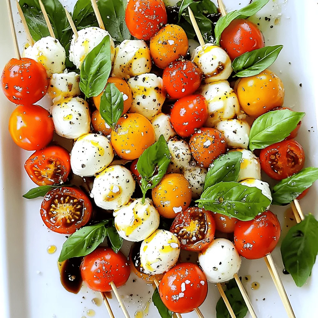 Für schmackhafte Caprese Salat-Spieße brauchst du frische und einfache Zutaten. Hier sind die Hauptzutaten: - 1 Pint Kirschtomaten, halbiert - 225 g frische Mozzarella-Bällchen (Bocconcini) - Frische Basilikumblätter - 2 Esslöffel natives Olivenöl extra - 1 Esslöffel Balsamico-Glasur - Salz und Pfeffer nach Geschmack - 12 Spieße (jeweils 15 cm lang) Die Auswahl frischer Zutaten macht einen großen Unterschied. Achte darauf, die besten Kirschtomaten zu wählen. Sie sollten fest und reif sein. Die Mozzarella-Bällchen sollten cremig und gut verpackt sein. Frische Basilikumblätter geben den Spießen einen tollen Duft. Wenn du die Zutaten frisch kaufst, schmecken die Spieße viel besser. Für die Zubereitung der Spieße brauchst du ein paar einfache Werkzeuge. Ein scharfes Messer hilft dir, die Tomaten zu halbieren. Eine Schüssel zum Mischen der Zutaten ist nützlich. Die Spieße sollten stabil sein, damit sie nicht brechen. Ein Servierteller sorgt dafür, dass die Spieße schön präsentiert werden. Wenn du alles bereit hast, kann das Kochen sofort beginnen! Zuerst waschen Sie die Kirschtomaten und Basilikumblätter. Halbieren Sie die Tomaten, um das Spießen zu erleichtern. Wenn die Mozzarella-Bällchen in Wasser sind, lassen Sie sie gut abtropfen. Diese frischen Zutaten sind der Schlüssel zu einem leckeren Caprese Salat. Nehmen Sie einen Spieß und fädeln Sie eine halbierte Kirschtomate auf. Fügen Sie dann ein Basilikumblatt hinzu. Danach kommt das Mozzarella-Bällchen. Wiederholen Sie diese Reihenfolge. Zielen Sie darauf ab, 3-4 Sets pro Spieß unterzubringen. Lassen Sie an beiden Enden Platz, um die Spieße gut halten zu können. Legen Sie die Spieße auf einen Servierteller. Beträufeln Sie sie mit nativem Olivenöl extra. Achten Sie darauf, dass alle Teile gut überzogen sind. Verteilen Sie dann die Balsamico-Glasur gleichmäßig über die Spieße. Zum Schluss würzen Sie mit einer Prise Salz und frisch gemahlenem Pfeffer. So heben Sie den Geschmack hervor. Für das vollständige Rezept, schauen Sie sich den Abschnitt "Full Recipe" an. Wählen Sie frische Mozzarella-Bällchen, auch bekannt als Bocconcini. Diese sind weich und cremig. Sie sollten in Wasser verpackt sein. Achten Sie auf das Haltbarkeitsdatum. Frische Bällchen haben einen milden, milchigen Geschmack. Sie sind der Schlüssel zu Ihrer perfekten Caprese-Salat-Spieß. Sie können die Spieße bis zu vier Stunden im Voraus zubereiten. Stellen Sie die fertigen Spieße im Kühlschrank kühl. Dies macht das Servieren einfach, besonders bei Partys. Vermeiden Sie jedoch, die Spieße zu lange im Voraus zu machen. Sie schmecken am besten frisch, mit knackigen Zutaten. Präsentation ist wichtig! Arrangieren Sie die Spieße auf einem großen, schönen Teller. Garnieren Sie mit frischen Basilikumblättern und etwas Balsamico-Glasur. Nutzen Sie kleine Schalen für Olivenöl und Balsamico. So können sich die Gäste selbst bedienen. Ihre Spieße werden die Augen und den Magen erfreuen! {{image_4}} Manchmal möchte man die Klassiker leicht abwandeln. Statt Kirschtomaten kannst du auch kleine Paprika verwenden. Diese bringen eine süße Note. Für eine cremigere Textur probiere Burrata. Sie hat einen tollen Geschmack und ist perfekt für Spieße. Anstelle von Basilikum magst du vielleicht frischen Oregano. Dieser gibt den Spießen einen besonderen Kick. Wenn du es vegan magst, gibt es leckere Alternativen. Statt Mozzarella kannst du Cashewkäse verwenden. Er hat eine ähnliche Konsistenz und einen milden Geschmack. Tomaten bleiben gleich, aber füge Avocados hinzu. Diese machen die Spieße cremig und gesund. Anstelle von Balsamico-Glasur kannst du einfach einen Essig mit frischen Kräutern mischen. Die Jahreszeiten bieten viele Möglichkeiten für frische Zutaten. Im Frühling sind Spargel und Radieschen toll. Im Sommer verwende Zucchini und Kirschtomaten. Im Herbst sind gegrillte Kürbisstücke eine gute Wahl. Im Winter kannst du geröstete Rüben verwenden. Diese Variationen halten deine Spieße spannend und frisch. So bleibt das Rezept immer interessant. Für die vollständige Zubereitung und mehr Details schau dir das [Full Recipe] an. Lagern Sie die Caprese Spieße in einem luftdichten Behälter. Dies hält sie frisch und lecker. Verwenden Sie ein feuchtes Papiertuch. Legen Sie es in den Behälter, um die Feuchtigkeit zu bewahren. So bleiben die Spieße knackig und die Basilikumblätter frisch. Stellen Sie den Behälter in den Kühlschrank. Die kalte Umgebung hilft, die Aromen zu erhalten. Die Spieße bleiben bis zu drei Tage frisch. Achten Sie darauf, sie gut abzudecken. Nach drei Tagen kann der Geschmack nachlassen. Der Mozzarella wird weich und die Tomaten können matschig werden. Prüfen Sie die Spieße täglich, um sicherzustellen, dass sie noch gut sind. Vor dem Servieren nehmen Sie die Spieße aus dem Kühlschrank. Lassen Sie sie etwa 15 Minuten bei Raumtemperatur stehen. So kommen die Aromen besser zur Geltung. Wenn die Spieße trocken wirken, träufeln Sie etwas Olivenöl darüber. Das gibt ihnen neuen Glanz und macht sie appetitlicher. Genießen Sie die Spieße frisch, um den besten Geschmack zu erleben. Die Zubereitung der Caprese Spieße dauert nur etwa 10 Minuten. Sie müssen die Kirschtomaten halbieren und die Mozzarella-Bällchen abtropfen lassen. Danach fädeln Sie die Zutaten auf die Spieße. Das geht schnell und macht Spaß. Ja, Sie können die Spieße im Voraus zubereiten. Machen Sie die Spieße bis zu 2 Stunden vorher und kühlen Sie sie im Kühlschrank. So bleiben sie frisch. Vor dem Servieren können Sie das Olivenöl und die Balsamico-Glasur hinzufügen. Zu Caprese Spießen passen viele Getränke gut. Ein frischer Weißwein wie Pinot Grigio schmeckt toll. Auch Sprudelwasser mit Zitrone ist eine gute Wahl. Für etwas Süßes probieren Sie Limonade mit frischen Kräutern. Caprese-Salat-Spieße sind einfach zuzubereiten und köstlich. Du hast gelernt, welche frischen Zutaten wichtig sind und wie man einfache Schritte befolgt. Tipps zur besten Auswahl und Aufbewahrung machen das Ganze noch leichter. Variationen bieten dir viele Möglichkeiten, um deinen Spießen neuen Schwung zu geben. Denk daran, die Spieße frisch zu halten und kreativ zu bleiben. Nun bist du bereit, diese leckere Vorspeise zu genießen.