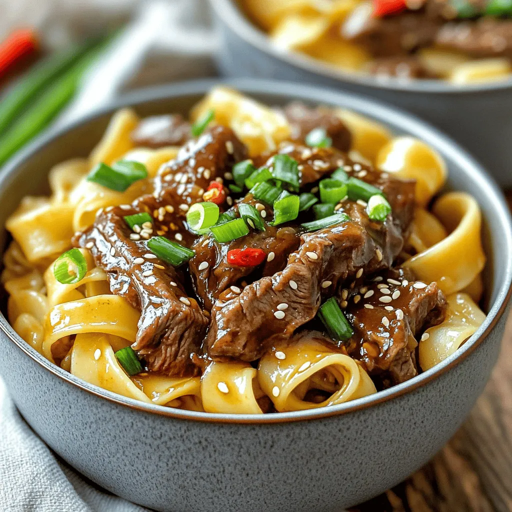 Um köstliche Mongolian Beef Noodles zu machen, brauchst du einige wichtige Zutaten. Hier ist die Liste: - 225 g breite Reisnudeln - 450 g Flankensteak, dünn gegen die Faser geschnitten - 2 Esslöffel Pflanzenöl - 3 Frühlingszwiebeln, gehackt (weiße und grüne Teile getrennt) - 3 Knoblauchzehen, fein gehackt - 2,5 cm frischer Ingwer, gerieben - 60 ml Sojasoße - 2 Esslöffel Hoisinsauce - 1 Esslöffel brauner Zucker - 1 Esslöffel Speisestärke - 1 Teelöffel Sesamöl - Salz und Pfeffer nach Geschmack - Sesamkörner zum Garnieren Diese Zutaten bringen die Aromen zusammen und machen das Gericht besonders. Flankensteak ist der Schlüssel für zarte und schmackhafte Nudeln. Es hat die perfekte Textur für das Braten. Du kannst auch Rinderhack oder Filetsteak verwenden. Achte darauf, dass das Fleisch dünn geschnitten ist. Das sorgt dafür, dass es schnell gart und viel Geschmack aufnimmt. Du kannst kreativ sein und andere Zutaten hinzufügen. Hier sind einige Ideen: - Gemüse: Füge Brokkoli, Paprika oder Karotten hinzu. - Proteine: Probiere Hühnchen oder Tofu für eine vegetarische Option. - Würze: Verwende Chili oder Sriracha für mehr Schärfe. Indem du diese Alternativen nutzt, kannst du das Rezept an deinen Geschmack anpassen. Lass deiner Kreativität freien Lauf! Um die Reisnudeln zuzubereiten, koche sie gemäß der Packungsanweisung. Das ist einfach. Nimm sie nach dem Kochen ab und stelle sie beiseite. Achte darauf, dass sie nicht kleben. Ein wenig Öl kann helfen, wenn nötig. Für die Marinade nimm eine große Schüssel. Mische das Flankensteak mit Sojasoße, Speisestärke, braunem Zucker, Salz und Pfeffer. Mische alles gut. Lass es etwa 15 Minuten ziehen. So wird das Fleisch zart und geschmackvoll. Erhitze in einer großen Pfanne oder einem Wok das Pflanzenöl. Die Hitze sollte mittel bis hoch sein. Füge das marinierte Rindfleisch in einer einzelnen Schicht hinzu. Brate es 2-3 Minuten, bis es goldbraun ist. Wende das Fleisch und brate es noch 1-2 Minuten weiter. Nimm es dann aus der Pfanne und lege es beiseite. In der gleichen Pfanne erhitze bei Bedarf mehr Öl. Füge die gehackten Knoblauchzehen, den geriebenen Ingwer und die weißen Teile der Frühlingszwiebeln hinzu. Brate sie etwa 1 Minute, bis sie duften. Gebe das Rindfleisch zurück in die Pfanne. Füge Hoisinsauce, Sesamöl und die gekochten Reisnudeln hinzu. Mische alles gut und erhitze es 2-3 Minuten. Alles sollte gleichmäßig warm sein. Diese einfache Schritt-für-Schritt-Anleitung macht die Zubereitung der Mongolian Beef Noodles leicht. Du kannst das gesamte Rezept hier finden: [Full Recipe]. Um das beste Rindfleisch zu erhalten, ist die Garzeit wichtig. Braten Sie das Flankensteak für 2-3 Minuten bei mittelhoher Hitze an. Wenden Sie das Stück und braten Sie es weitere 1-2 Minuten. So bleibt das Fleisch zart. Vermeiden Sie das Überkochen. Übergekochtes Fleisch wird hart und trocken. Nutzen Sie einen Fleischthermometer, wenn Sie sicher sein wollen. Ideal ist eine Innentemperatur von 60 Grad Celsius. Das Verhältnis zwischen Nudeln und Sauce macht einen großen Unterschied. Verwenden Sie 225 g Reisnudeln für 450 g Rindfleisch. Diese Menge sorgt für ein ausgewogenes Gericht. Wenn Sie mehr Sauce mögen, fügen Sie etwas mehr Sojasauce oder Hoisinsauce hinzu. Achten Sie darauf, die Nudeln gut mit der Sauce zu vermengen. So nimmt jede Nudel den vollen Geschmack auf. Die Präsentation Ihrer Mongolian Beef Noodles kann das Essen aufwerten. Servieren Sie die Nudeln in tiefen Schüsseln. Garnieren Sie sie mit Sesamkörnern und den grünen Teilen der Frühlingszwiebeln. Für mehr Farbe und Frische können Sie auch frische Chili-Scheiben hinzufügen. Dies macht das Gericht nicht nur schön, sondern auch einladend. Genießen Sie Ihre Mahlzeit mit Stil! {{image_4}} Mongolian Beef Noodles bieten viele Möglichkeiten zur Anpassung. Hier sind einige leckere Variationen, die du ausprobieren kannst. Du kannst Tofu verwenden, um diese Nudeln vegetarisch zu machen. Wähle festen Tofu, um die beste Textur zu erhalten. Schneide den Tofu in Würfel und mariniere ihn wie das Rindfleisch. Brate den Tofu in der Pfanne an, bis er goldbraun ist. Die restlichen Schritte bleiben gleich. So erhältst du ein köstliches, fleischfreies Gericht. Wenn du es scharf magst, füge frische Chili oder Sriracha hinzu. Du kannst die Chili mit dem Knoblauch und Ingwer anbraten, um mehr Geschmack zu erzielen. Alternativ kannst du Sriracha direkt zu den Nudeln geben. Diese Variante bringt einen aufregenden Kick in dein Gericht. Füge mehr Gemüse hinzu, um dein Gericht bunter und gesünder zu machen. Paprika, Brokkoli oder Karotten passen gut zu den Nudeln. Schneide das Gemüse klein und brate es zusammen mit den Aromen an. So erhältst du nicht nur mehr Nährstoffe, sondern auch mehr Geschmack und Textur. Für das vollständige Rezept, schaue dir die [Full Recipe] an. Um die Reste deiner Mongolian Beef Noodles frisch zu halten, lege sie in einen luftdichten Behälter. Achte darauf, dass die Nudeln und das Fleisch gut abgekühlt sind, bevor du sie verpackst. So bleibt der Geschmack erhalten und du kannst sie später genießen. Wenn du die Nudeln einzeln portionierst, ist das besonders praktisch. Du kannst dann genau die Menge aufwärmen, die du brauchst. Wenn du deine Reste aufwärmen möchtest, gibt es ein paar einfache Schritte, um den besten Geschmack zu bewahren. Erhitze eine Pfanne bei mittlerer Hitze und gib etwas Pflanzenöl hinein. Füge die Nudeln und das Rindfleisch hinzu. Rühre alles gut um, um es gleichmäßig zu erhitzen. Du kannst auch einen Spritzer Sojasoße hinzufügen, um den Geschmack aufzufrischen. Vermeide die Mikrowelle, da sie die Textur der Nudeln verändern kann. Die Mongolian Beef Noodles bleiben im Kühlschrank etwa drei bis vier Tage frisch. Achte darauf, sie in einem luftdichten Behälter zu lagern. Wenn du sie länger aufbewahren möchtest, kannst du sie auch einfrieren. In diesem Fall sollten sie innerhalb von zwei Monaten verbraucht werden. Vergiss nicht, sie vor dem Servieren vollständig aufzutauen und erneut zu erhitzen. So bleiben Geschmack und Textur erhalten. Um die besten Mongolian Beef Noodles zu machen, achte auf die Zutaten. Frisches Flankensteak gibt den besten Geschmack. Marinieren ist wichtig, also verwende Sojasoße und braunen Zucker. Brate das Fleisch knusprig, aber nicht zu lange. Füge die gekochten Reisnudeln erst am Ende hinzu. So bleiben sie weich und nehmen die Aromen gut auf. Ich empfehle, die Nudeln gut mit der Sauce zu vermengen. Das gibt dem Gericht Tiefe und Geschmack. Ja, du kannst die Nudeln im Voraus zubereiten. Koche sie gemäß der Packungsanweisung und spüle sie dann in kaltem Wasser ab. Das verhindert, dass sie kleben bleiben. Du kannst sie in einem luftdichten Behälter im Kühlschrank aufbewahren. Am besten verwendest du sie innerhalb von zwei Tagen. Wenn du sie wieder erhitzen möchtest, füge etwas Wasser hinzu, damit sie nicht austrocknen. Authentische Mongolian Beef Noodles Restaurants findest du in großen Städten. Suche nach asiatischen Restaurants mit guter Bewertung. Oft haben sie spezielle Gerichte aus der Mongolei. Du kannst auch in Food-Kartens der Stadt nachsehen. Wenn du nach Empfehlungen suchst, frage Freunde oder suche online. Viele Restaurants bieten auch Takeaway-Optionen an. So kannst du die köstlichen Nudeln zu Hause genießen. Mongolian Beef Noodles sind ein einfacher und leckerer Genuss. Wir haben die Hauptzutaten und deren Zubereitung durchgegangen. Fleischarten und Varianten helfen dir, dein Gericht anzupassen. Tipps zur Zubereitungszeit und Präsentation machen dein Essen noch besser. Du kannst auch vegetarische oder scharfe Versionen ausprobieren. Denke daran, Reste richtig zu lagern, um den besten Geschmack zu bewahren. Mit diesen einfachen Schritten und Ideen machst du köstliche Mongolian Beef Noodles. Viel Spaß beim Kochen!