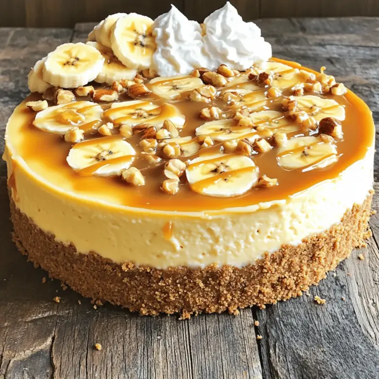 Für diesen leckeren Käsekuchen brauchen wir einige Hauptzutaten. Diese lassen sich leicht finden und sind wichtig für den Geschmack. - 450 g Frischkäse, weich - 4 reife Bananen, zerdrückt - 1 Tasse brauner Zucker - 1 Teelöffel Vanilleextrakt - 3 große Eier - ½ Tasse Sauerrahm - 1 Tasse gehackte gemischte Nüsse (Walnüsse, Pekannüsse oder Mandeln) - ½ Tasse Karamellsauce (gekauft oder selbstgemacht) Die Kruste gibt dem Käsekuchen seinen festen Halt. Sie ist einfach und schnell zuzubereiten. - 1 ½ Tassen Graham-Cracker-Brösel - ½ Tasse ungesalzene Butter, geschmolzen - 2 Esslöffel Zucker Die Füllung macht den Käsekuchen cremig und köstlich. Sie verbindet die Aromen perfekt. Die Füllung besteht hauptsächlich aus dem weichen Frischkäse, den zerdrückten Bananen, dem braunen Zucker und den Eiern. Diese Zutaten sorgen für die perfekte Konsistenz und den süßen Geschmack. Die gehackten Nüsse fügen einen tollen Crunch hinzu, während die Karamellsauce das Ganze abrundet. Wenn du mehr über das Zubereiten erfahren möchtest, schau dir das [Full Recipe] an. Heize deinen Ofen auf 163°C vor. Nimm eine mittelgroße Schüssel. Vermenge die Graham-Cracker-Brösel, die geschmolzene Butter und den Zucker gut. Diese Mischung ist die Kruste. Drücke sie gleichmäßig auf den Boden einer 23 cm großen Springform. Backe die Kruste für 10 Minuten und lasse sie danach abkühlen. In einer großen Rührschüssel schlägst du den weichen Frischkäse und den braunen Zucker. Mische alles gut, bis die Masse glatt ist. Jetzt kommen die zerdrückten Bananen und der Vanilleextrakt dazu. Rühre alles gut durch. Füge die Eier einzeln hinzu. Schlage die Mischung nach jeder Zugabe gründlich. Falten dann den Sauerrahm vorsichtig unter. Schließlich gib die gehackten Nüsse hinzu. Du kannst einige für die Garnitur aufheben. Gieße die Käsekuchenfüllung gleichmäßig über den Krustenboden. Träufle die Karamellsauce darauf. Nutze ein Messer, um die Sauce sanft in die Füllung zu marmorieren. Backe den Käsekuchen 50-60 Minuten. Die Ränder sollten fest sein, aber die Mitte bleibt leicht wackelig. Schalte den Ofen aus und lasse den Käsekuchen eine Stunde lang dort abkühlen. Danach lass ihn auf Raumtemperatur abkühlen. Decke den Kuchen ab und stelle ihn für mindestens 4 Stunden oder über Nacht in den Kühlschrank. So wird der Käsekuchen perfekt fest. Du findest die vollständige Zubereitung im Full Recipe. Die Konsistenz ist wichtig für einen großartigen Käsekuchen. Um die perfekte Textur zu erreichen, verwende immer weichen Frischkäse. Lasse ihn vor der Zubereitung etwa 30 Minuten bei Raumtemperatur stehen. So wird er cremiger. Mische die Zutaten gut, aber vermeide Übermixen. Das kann Luftblasen erzeugen, die beim Backen platzen. Eine hausgemachte Karamellsauce macht den Käsekuchen noch besser. Du benötigst nur Zucker, Sahne und Butter. Erhitze den Zucker in einer Pfanne, bis er schmilzt und goldbraun wird. Füge dann die Butter hinzu und rühre schnell. Gieße die Sahne langsam dazu und rühre weiter. Lass die Sauce abkühlen, bevor du sie auf den Käsekuchen gibst. Diese frische Note hebt den Geschmack. Ein häufiger Fehler ist, den Kuchen zu lange zu backen. Der Käsekuchen sollte in der Mitte leicht wackelig sein. Nach dem Backen lasse ihn im Ofen abkühlen, um Risse zu vermeiden. Achte darauf, die Nüsse nicht zu lange zu rösten, wenn du sie verwendest. Sie sollten knusprig, aber nicht verbrannt sein. Diese kleinen Tipps helfen dir, den besten Bananen-Karamell-Nuss-Käsekuchen zu machen. Probiere auch das [Full Recipe], um alle Schritte zu sehen! {{image_4}} Wenn du eine andere Nussart magst, probiere Mandeln oder Haselnüsse. Diese Nüsse bringen einen neuen Geschmack. Du kannst auch Erdnüsse verwenden, wenn du es salzig-süß magst. Denke daran, die Nüsse leicht zu rösten. So intensivierst du den Geschmack noch mehr. Experimentiere und finde deine Lieblingskombination. Für Schokoladenliebhaber kann man Schokoladenstückchen hinzufügen. Dunkle oder Milchschokolade passen gut zu Bananen und Karamell. Du kannst auch die Karamellsauce durch Schokoladensauce ersetzen. Eine Mischung aus beiden sorgt für ein reichhaltiges Erlebnis. Denke daran, die Süße anzupassen. So bleibt der Käsekuchen nicht zu süß. Wenn du eine glutenfreie Option möchtest, ersetze die Graham-Cracker. Verwende glutenfreie Kekse oder Mandeln. Du kannst auch Haferflocken verwenden, um eine andere Textur zu erhalten. Achte darauf, dass alle Zutaten glutenfrei sind. So kannst du diesen Käsekuchen ohne Sorgen genießen. Es bleibt ein Genuss, egal welche Kruste du wählst. Für das gesamte Rezept, siehe [Full Recipe]. Der Bananen-Karamell-Nuss-Käsekuchen muss richtig gelagert werden, um frisch zu bleiben. Ich empfehle, den Käsekuchen in einem luftdichten Behälter im Kühlschrank aufzubewahren. So bleibt er saftig und die Aromen bleiben erhalten. Wenn Sie keinen Behälter haben, können Sie auch Frischhaltefolie verwenden. Stellen Sie sicher, dass der Käsekuchen gut abgedeckt ist. So vermeiden Sie, dass er Gerüche von anderen Lebensmitteln aufnimmt. Wenn Sie den Käsekuchen länger aufbewahren möchten, können Sie ihn einfrieren. Lassen Sie den Käsekuchen zuerst vollständig abkühlen. Schneiden Sie ihn dann in Stücke. Wickeln Sie jedes Stück in Frischhaltefolie und legen Sie sie in einen gefrierfesten Behälter. So bleibt der Käsekuchen bis zu drei Monate frisch. Zum Auftauen legen Sie die Stücke einfach in den Kühlschrank. Lassen Sie sie dort über Nacht auftauen. Im Kühlschrank hält der Käsekuchen etwa fünf bis sieben Tage. Achten Sie darauf, ihn gut verpackt zu halten, um die Haltbarkeit zu verlängern. Bei längerer Lagerung im Kühlschrank kann der Geschmack nachlassen. Wenn Sie den Käsekuchen eingefroren haben, genießen Sie ihn innerhalb von drei Monaten für den besten Geschmack. Wenn Sie die Schlagsahne und die Bananenscheiben hinzufügen, machen Sie das erst kurz vor dem Servieren, um die Frische zu bewahren. Der Käsekuchen muss mindestens 4 Stunden im Kühlschrank kühlen. So erreicht er die beste Konsistenz. Ich empfehle, ihn über Nacht zu kühlen. Dadurch wird der Geschmack noch besser. Wenn du die Zeit hast, lass ihn länger kühlen. Ja, frische Bananen sind ideal für diesen Käsekuchen. Sie bringen viel Geschmack und Feuchtigkeit. Verwende reife Bananen, da sie süßer sind. Du kannst sie einfach zerdrücken, bevor du sie zur Füllung hinzufügst. Frische Bananen machen den Käsekuchen besonders lecker. Die glutenfreie Option ist möglich. Verwende glutenfreie Graham-Cracker für die Kruste. Achte darauf, dass alle Zutaten, die du verwendest, glutenfrei sind. So kannst du den Käsekuchen auch für glutenintolerante Personen genießen. So bleibt der Geschmack erhalten, ohne den Genuss zu verlieren. Du hast gelernt, was du für den Bananen-Karamell-Nuss-Käsekuchen brauchst. Wir haben die Hauptzutaten, die Kruste und die Füllung besprochen. Die Schritt-für-Schritt-Anleitung hilft dir beim Zubereiten und Backen. Tipps und Tricks geben dir das nötige Wissen, um Fehler zu vermeiden. Du kannst auch Variationen mit anderen Nüssen oder einer glutenfreien Kruste ausprobieren. Achte auf die Lagerung im Kühlschrank und beim Einfrieren. Mit diesen Informationen kannst du leckeren Käsekuchen zaubern, den alle lieben werden. Viel Spaß beim Backen!
