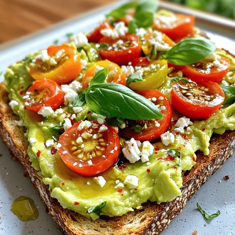 - 2 reife Avocados - 4 Scheiben Vollkorn- oder Sauerteigbrot - 100 Gramm Feta-Käse, zerbröckelt - 1 Tasse Cherrytomaten, halbiert - 1 Esslöffel Olivenöl - 1 Esslöffel Balsamico-Essig - 1 Teelöffel rote Pfefferflocken (nach Geschmack) - Salz und Pfeffer nach Geschmack - Frische Basilikum- oder Petersilienblätter zur Garnitur Die Hauptzutaten sind einfach und leicht zu finden. Reife Avocados sind wichtig. Sie geben einen tollen Geschmack. Wählen Sie frische Cherrytomaten für mehr Süße. Die Kombination aus Feta und Avocado macht das Gericht besonders. Für Avocado Toast empfehle ich Vollkorn- oder Sauerteigbrot. Vollkornbrot gibt einen nussigen Geschmack. Sauerteigbrot hat eine tolle Säure. Beide Brotsorten sind knusprig und sättigend. Sie halten die feuchte Avocado gut fest. Sie können zusätzliche Zutaten hinzufügen, um den Geschmack zu verändern. Probieren Sie Oliven oder Kapern für einen mediterranen Touch. Radieschen geben eine scharfe Note. Auch Rucola oder Spinat passen gut dazu. Für mehr Farbe können Sie Paprika oder Gurken hinzufügen. Experimentieren Sie und finden Sie Ihre Lieblingskombination! Um den perfekten Avocado Toast zu machen, starten wir mit dem Brot. Nimm vier Scheiben Vollkorn- oder Sauerteigbrot. Lege sie in den Toaster und stelle ihn auf mittlere Hitze. Toast das Brot, bis es goldbraun und knusprig ist. Das gibt deinem Toast eine tolle Textur. Das Brot sollte warm und einladend sein, wenn du das Frühstück anrichtest. Jetzt kommt der Hauptteil: die Avocado-Mischung. Nimm zwei reife Avocados und halbiere sie. Entferne den Kern mit einem Löffel. Schabe das Fruchtfleisch in eine Schüssel. Mit einer Gabel zerdrücke die Avocados leicht. Es ist wichtig, dass die Mischung cremig bleibt, aber auch einige Stücke hat. Füge einen Esslöffel Olivenöl und Balsamico-Essig hinzu. Das bringt Geschmack und Frische. Mit Salz und Pfeffer abschmecken und alles gut vermengen. Jetzt ist es Zeit, den Toast zu belegen. Wenn das Brot fertig ist, nimm die Scheiben heraus. Verteile die Avocado-Mischung gleichmäßig auf jedem Toast. Dann nimm eine Tasse halbierte Cherrytomaten. Lege sie auf die Avocado. Streue 100 Gramm zerbröckelten Feta-Käse darüber. Das gibt dem Toast einen herzhaften Geschmack. Für den letzten Schliff füge rote Pfefferflocken hinzu, wenn du etwas Schärfe magst. Garniere mit frischen Basilikum- oder Petersilienblättern. Voilà, dein Avocado Toast mit Feta und Tomaten ist bereit! Um perfekte Avocados zu finden, achte auf die Farbe. Reife Avocados haben eine dunkle, matte Schale. Drücke sanft auf die Frucht. Sie sollte leicht nachgeben, aber nicht zu weich sein. Wenn die Avocado zu stark nachgibt, ist sie überreif. Wenn sie hart ist, lasse sie ein paar Tage bei Raumtemperatur reifen. Für mehr Geschmack kannst du die Gewürze anpassen. Füge einen Spritzer Zitrone oder Limette hinzu. Das gibt Frische und verhindert, dass die Avocado braun wird. Du kannst auch Kräuter wie Dill oder Schnittlauch verwenden. Ein Hauch von Knoblauchpulver oder Paprika kann ebenfalls neue Aromen bringen. Experimentiere mit verschiedenen Kombinationen! Wenn du Avocado-Mischung übrig hast, bewahre sie in einem luftdichten Behälter auf. Lege ein Stück Frischhaltefolie direkt auf die Oberfläche der Mischung. So bleibt sie länger frisch. Du kannst sie auch mit etwas Zitronensaft mischen, um die Farbe zu erhalten. Im Kühlschrank hält sie sich so bis zu zwei Tage. Für ein komplettes Rezept von Avocado Toast mit Feta und Tomaten, schau dir das [Full Recipe] an. {{image_4}} Diese Variante bringt den Geschmack des Mittelmeers auf deinen Tisch. Füge einfach eine Handvoll schwarze Oliven und einen Esslöffel Kapern hinzu. Die Kombination aus salzigen und herzhaften Aromen passt perfekt zur cremigen Avocado. Du kannst die Oliven hacken und sie unter die Avocado-Mischung rühren. Die Kapern kannst du ganz oben auf dem Toast platzieren. Diese Mischung gibt deinem Gericht einen neuen, aufregenden Kick. Wenn du eine vegane Version machen möchtest, lass den Feta einfach weg. Stattdessen kannst du eine Mischung aus zerdrücktem Tofu und Zitronensaft verwenden. Das gibt einen ähnlichen Geschmack und ist leicht. Du kannst auch Nüsse oder Samen hinzufügen, um etwas Crunch zu bieten. Diese Optionen sind gesund und machen dein Gericht noch interessanter. Sei kreativ mit deinen Toppings! Probiere geröstete Pinienkerne oder gehackte Walnüsse für mehr Textur. Du kannst auch frische Kräuter wie Schnittlauch oder Koriander verwenden. Für einen scharfen Kick, füge etwas Sriracha oder eine dünne Scheibe Jalapeño hinzu. Diese verschiedenen Toppings verleihen deinem Avocado Toast eine persönliche Note. Es gibt immer neue Wege, diesen Klassiker zu genießen! Eine Portion Avocado Toast mit Feta und Tomaten hat etwa 300 Kalorien. Dieser Wert kann je nach Brot und Zutaten leicht variieren. - Proteine: 8 Gramm - Fette: 20 Gramm - Kohlenhydrate: 30 Gramm Die Avocado liefert gesunde Fette, die wichtig für den Körper sind. Der Feta trägt ein wenig Protein bei, während das Brot die Kohlenhydrate liefert. Avocados sind reich an gesunden Fetten und Vitaminen. Sie fördern die Herzgesundheit und unterstützen die Haut. Feta enthält Kalzium, das gut für die Knochen ist. Tomaten sind voller Antioxidantien und stärken das Immunsystem. Diese Zutaten machen dein Frühstück nicht nur lecker, sondern auch nahrhaft. Avocado Toast schmeckt am besten frisch. Wenn du es aufbewahrst, halte es nicht länger als zwei Stunden bei Raumtemperatur. Im Kühlschrank bleibt es etwa ein bis zwei Tage gut. Die Avocado kann schnell braun werden. Um dies zu vermeiden, presse etwas Zitronensaft darauf. Das hilft, die Farbe zu erhalten. Ja, die Mischung aus Avocado, Feta und Tomaten ist sehr vielseitig. Du kannst sie als Dip für Gemüse oder Chips nutzen. Du kannst sie auch in Wraps oder Sandwiches verwenden. Probiere es auf einem Salat oder als Füllung für Omeletts. Die Aromen passen zu vielen Gerichten. Zu Avocado Toast passen viele Beilagen. Ein frischer grüner Salat ist eine gute Wahl. Auch ein einfaches Rührei oder Spiegelei ergänzt das Gericht gut. Du kannst auch frisches Obst wie Beeren oder Melonen servieren. Diese Beilagen bringen Farbe und Geschmack auf den Tisch. Avocado Toast ist einfach zuzubereiten und gesund. Ich habe die wichtigsten Zutaten, Schritte und Tipps vorgestellt. Jeder kann diesen Klassiker anpassen, um seinen eigenen Geschmack zu treffen. Experimentiere mit verschiedenen Brotsorten und Toppings. Achte darauf, die besten Avocados auszuwählen und den Toast frisch zu genießen. Avocado Toast bietet viele Nährstoffe und gute Fette. Er ist nicht nur lecker, sondern auch nahrhaft. Probiere es aus und entdecke deine Lieblingskombinationen!