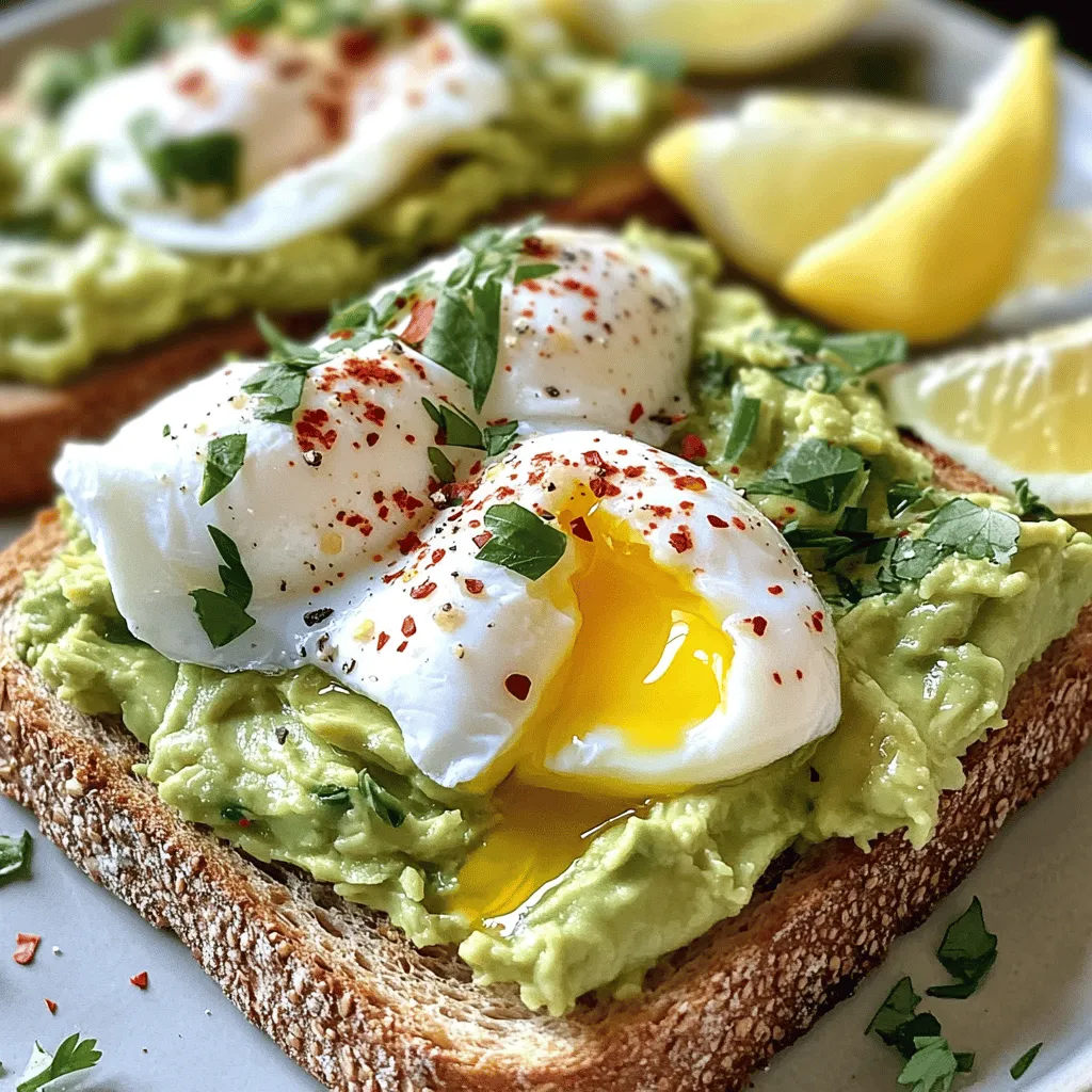 Für ein leckeres Avocado Toast mit pochiertem Ei benötigst du die folgenden Hauptzutaten: - 2 reife Avocados - 4 Scheiben Vollkorn- oder Sauerteigbrot - 4 große Eier Diese Zutaten sind einfach zu finden. Reife Avocados sind wichtig für den besten Geschmack. Zusätzlich zu den Hauptzutaten brauchst du: - 1 Esslöffel weißer Essig - 1 Esslöffel Olivenöl - 1 Teelöffel Knoblauchpulver - Salz und Pfeffer nach Geschmack - Rote Pfefferflocken (zum Garnieren) - Frische Kräuter (z. B. Koriander oder Basilikum) zur Garnierung - Zitronenspalten (zum Servieren) Diese Zutaten geben dem Gericht eine besondere Note und machen es noch schmackhafter. Um die besten Avocados auszuwählen, achte auf diese Punkte: - Die Haut sollte dunkelgrün oder schwarz sein. - Drücke sanft auf die Avocado. Sie sollte leicht nachgeben. - Vermeide Avocados mit großen dunklen Flecken oder Rissen. Reife Avocados sind cremig und verleihen deinem Toast die richtige Textur. Wenn du sie nicht sofort verwendest, lass sie bei Zimmertemperatur liegen. Dann reifen sie weiter. Röste zuerst die Brotscheiben. Du kannst Vollkorn- oder Sauerteigbrot verwenden. Röste sie im Toaster oder auf dem Grill, bis sie goldbraun sind. Dieser Schritt sorgt für eine schöne, knusprige Textur. Das Brot hilft, die cremige Avocado-Mischung und das pochierte Ei gut zu halten. Jetzt ist es Zeit, die Eier zu pochieren. Fülle einen Topf mit Wasser und bringe es zum Simmern. Füge einen Esslöffel weißen Essig hinzu. Das hilft, die Eier beim Pochieren in Form zu halten. Schlage jedes Ei in eine kleine Schüssel. Erzeuge mit einem Löffel einen Strudel im Wasser und lasse das Ei vorsichtig hinein gleiten. Pochiere die Eier für etwa 3-4 Minuten. Für festere Eier kannst du sie länger im Wasser lassen. Während die Eier kochen, bereite die Avocado-Mischung vor. Nimm die reifen Avocados und löffle das Fruchtfleisch in eine Schüssel. Zerdrücke es mit einer Gabel. Füge einen Esslöffel Olivenöl, einen Teelöffel Knoblauchpulver, sowie Salz und Pfeffer hinzu. Mische alles gut, bis die Mischung cremig, aber noch leicht stückig ist. Sobald alles fertig ist, verteile die Avocado-Mischung auf dem gerösteten Brot. Setze dann ein pochiertes Ei darauf und garniere es mit roten Pfefferflocken und frischen Kräutern. Für einen Spritzer Frische serviere Zitronenspalten dazu. Das ist das Rezept für leckeres Avocado Toast mit pochiertem Ei. Du findest das vollständige Rezept [hier](#). Um die perfekten pochierten Eier zu machen, benutze frische Eier. Frische Eier behalten ihre Form besser. Erhitze Wasser in einem Topf bis es leicht köchelt. Füge einen Esslöffel weißen Essig hinzu. Der Essig hilft dabei, das Eiweiß zusammenzuhalten. Schlage das Ei in eine kleine Schüssel und rühre das Wasser leicht, um einen Strudel zu erzeugen. Lass das Ei vorsichtig ins Wasser gleiten. Pochiere es für 3 bis 4 Minuten für ein weiches Eigelb. Wenn du ein festeres Eigelb magst, koche es etwas länger. Das richtige Brot macht den Unterschied beim Avocado Toast. Vollkorn- oder Sauerteigbrot sind ideal. Röste die Brotscheiben bis sie goldbraun sind. Achte darauf, dass sie knusprig, aber nicht verbrannt sind. Ein guter Toast hat eine feste Basis für die Avocado. Dies gibt dir einen schönen Kontrast zur cremigen Füllung. Die Präsentation ist wichtig für das Avocado Toast. Lege die Avocado-Mischung großzügig auf das Toast. Platziere das pochierte Ei vorsichtig darauf. Streue rote Pfefferflocken darüber für einen Farbtupfer. Frische Kräuter wie Koriander oder Basilikum verleihen dem Gericht Frische. Ein Spritzer Zitrone rundet das Ganze ab. Diese kleinen Details machen das Gericht einladend und lecker. Du kannst mehr über die Zubereitung in der [Full Recipe] erfahren. {{image_4}} Avocado Toast ist sehr anpassungsfähig. Du kannst viele Toppings hinzufügen. Probiere zum Beispiel: - Tomaten: Frisch oder getrocknet, sie bringen einen süßen Geschmack. - Feta-Käse: Er gibt einen salzigen Kick und eine schöne Textur. - Lachs: Räucher- oder frischer Lachs macht das Gericht noch festlicher. - Ei in verschiedenen Formen: Neben pochierten Eiern kannst du Spiegelei oder Rührei verwenden. Jedes Topping bringt seinen eigenen Geschmack und Stil. So wird dein Avocado Toast nie langweilig. Wenn du vegan bist, gibt es tolle Optionen. Lass einfach die Eier weg. Du kannst stattdessen: - Kichererbsen: Zerdrücke sie und mische sie mit Avocado für Protein. - Tofu: Brate würfeliges Tofu an und lege es auf das Toast. - Nüsse oder Samen: Füge geröstete Mandeln oder Sonnenblumenkerne für Biss hinzu. Diese Alternativen machen dein Avocado Toast nahrhaft und lecker. Regionale Zutaten machen dein Gericht besonders. Überlege dir, was lokal erhältlich ist. In Deutschland könntest du: - Radieschen: Diese bringen einen scharfen Geschmack und schöne Farben. - Sauerrahm: Ein Klecks gibt eine cremige Note. - Frische Kräuter: Petersilie oder Schnittlauch sind leicht und frisch. Mit regionalen Zutaten erhält dein Avocado Toast eine persönliche Note. Du kannst die Aromen deiner Heimat in jedes Bissen bringen. Probiere die verschiedenen Varianten und finde deine Lieblingskombination! Wenn Sie Reste Ihres Avocado Toasts haben, bewahren Sie die Teile getrennt auf. Legen Sie das Brot in einen luftdichten Behälter. Die Avocado-Mischung sollte in einem anderen Behälter sein. So bleibt alles frisch. Verwenden Sie einen Spritzer Zitronensaft in der Avocado-Mischung, um die Farbe zu erhalten. Um Avocado Toast wieder aufzuwärmen, nutzen Sie den Ofen oder einen Toaster. Stellen Sie den Ofen auf 180 Grad Celsius. Legen Sie das Brot auf ein Backblech und erwärmen Sie es für etwa 5 Minuten. Vermeiden Sie die Mikrowelle, da sie das Brot weich macht. Fügen Sie frische Avocado-Mischung und ein neues pochiertes Ei hinzu, um den Geschmack zu verbessern. Die Zutaten haben unterschiedliche Haltbarkeiten. Reife Avocados halten sich etwa 1 bis 2 Tage bei Raumtemperatur. Im Kühlschrank bleiben sie länger frisch, bis zu 5 Tage. Eier sind im Kühlschrank etwa 3 bis 5 Wochen haltbar. Vollkorn- oder Sauerteigbrot bleibt bis zu einer Woche frisch, wenn es luftdicht verpackt ist. Genießen Sie Ihre Reste schnell, um den besten Geschmack zu erhalten. Um perfekte pochierte Eier zu machen, brauche ich frische Eier und wenig Geduld. Zuerst bringe ich einen Topf mit Wasser zum Simmern. Ein Esslöffel Essig hilft, das Ei zu formen. Ich schlage das Ei in eine Schüssel, dann mache ich einen Strudel im Wasser. Ich lasse das Ei sanft ins Wasser gleiten. Nach 3-4 Minuten ist das Eigelb cremig. Wenn ich es fester mag, lasse ich es etwas länger. So bleibt das Ei schön und lecker. Ja, du kannst das Brot auf verschiedene Arten toasten. Ich bevorzuge einen Toaster oder einen Grill. Beide geben dem Brot eine schöne, knusprige Textur. Wenn du kein Toaster hast, kannst du das Brot auch in einer Pfanne rösten. Einfach die Brotscheiben mit etwas Olivenöl bestreichen und sie bei mittlerer Hitze goldbraun braten. So bleibt das Brot warm und lecker. Avocado Toast ist sehr gesund. Die Avocado ist reich an guten Fetten. Diese Fette helfen, das Herz gesund zu halten. Außerdem enthält sie wichtige Nährstoffe wie Kalium und Vitamine. Vollkornbrot liefert Ballaststoffe, die gut für die Verdauung sind. Wenn ich ein pochiertes Ei hinzufüge, bekomme ich zusätzliches Protein. So ist Avocado Toast eine nahrhafte Wahl für jede Mahlzeit. Avocado Toast ist vielseitig und einfach zuzubereiten. Wir haben die besten Zutaten ausgewählt und Tipps zur perfekten Zubereitung gegeben. Pochierte Eier und verschiedene Toppings machen das Gericht besonders. Die Lagerung von Resten ist ebenfalls wichtig für den Geschmack. Nutze die Fragen und Antworten, um weitere Infos zu erhalten. Probiere verschiedene Variationen aus und finde deinen Favoriten. So bleibt dein Avocado Toast immer spannend und lecker.
