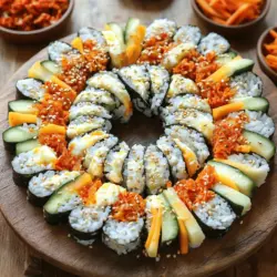 Für dieses leckere Gericht brauchen Sie: - 2 Tassen gekochter Rundkornreis - 2 Esslöffel Sesamöl - 1 Esslöffel Sojasauce - 1 Teelöffel Salz - 4 Blätter Nori (Seetang) - 1/2 Tasse Kimchi, gehackt - 1 Tasse Mozzarella-Käse, gerieben - 1 Karotte, in Julienne geschnitten - 1 Gurke, in Julienne geschnitten - 2 Eier, geschlagen und zu einem dünnen Omelett gebraten, dann in Streifen geschnitten - 1 Esslöffel Sesamsamen zur Garnitur Diese Zutaten machen das Kimbap besonders lecker und gesund. Der Mozzarella-Käse gibt dem Gericht eine cremige Note, während das Kimchi für einen würzigen Kick sorgt. Wenn Sie keine bestimmten Zutaten haben, können Sie auch Folgendes verwenden: - Anstelle von Kimchi können Sie eingelegte Karotten oder Rettich verwenden. - Statt Mozzarella können Sie auch Cheddar oder Gouda wählen. - Fügen Sie Avocado für mehr Cremigkeit hinzu. Diese Alternativen machen das Kimbap vielseitig und anpassbar. Experimentieren Sie mit verschiedenen Füllungen, um Ihren persönlichen Geschmack zu treffen. Frische Zutaten sind der Schlüssel für ein gutes Kimbap. Beachten Sie diese Tipps: - Kaufen Sie frisches Gemüse. Es sollte knackig und farbenfroh sein. - Wählen Sie hochwertiges Kimchi. Achten Sie auf den Geschmack und die Frische. - Achten Sie darauf, dass der Käse gut gekühlt ist. So bleibt er frisch und lecker. Wenn Sie frische Zutaten wählen, wird Ihr Kimbap noch köstlicher. Probieren Sie die Tipps aus und genießen Sie die Zubereitung Ihres koreanischen Käse-Kimchi-Kimbap! Beginne mit zwei Tassen gekochtem Rundkornreis. In einer großen Schüssel mischst du den Reis mit zwei Esslöffeln Sesamöl. Füge dann einen Esslöffel Sojasauce und einen Teelöffel Salz hinzu. Rühre alles gut um, bis der Reis gleichmäßig gewürzt ist. Dieser gewürzte Reis ist die Basis für dein Kimbap. Nimm ein Blatt Nori mit der glänzenden Seite nach unten. Lege es auf eine Bambusmatte oder ein Schneidebrett. Mit nassen Händen verteilst du etwa eine halbe Tasse des gewürzten Reises gleichmäßig auf dem Nori. Lass dabei einen Rand von etwa 2,5 cm am oberen Ende frei. In der Mitte des Reises schichtest du das gehackte Kimchi, den geriebenen Mozzarella-Käse, die Karotte und die Gurke. Füge auch einige Streifen des Omeletts hinzu. Hebe nun die Matte an und rolle das Kimbap fest. Drücke sanft, um die Füllungen zu sichern. Benutze etwas Wasser, um den Rand des Nori zu versiegeln. Wenn alle Kimbap-Rollen fertig sind, nimm ein scharfes Messer. Schneide jede Rolle in mundgerechte Stücke, etwa 2,5 cm dick. Du kannst die Kimbap-Stücke mit Sesamsamen bestreuen, um zusätzlichen Crunch und Geschmack zu erhalten. Arrangiere die Stücke auf einem Servierteller in einem kreisförmigen Muster. Serviere sie mit kleinen Schalen für Kimchi oder Dip-Sauce. So sieht dein Kimbap nicht nur gut aus, sondern schmeckt auch fantastisch! Um perfekte Kimbap-Rollen zu machen, ist die Technik wichtig. Verwende frischen Nori. Lege das Nori auf die Matte mit der glänzenden Seite nach unten. Verteile den Reis gleichmäßig, aber lasse einen Rand frei. Schichte die Füllungen in der Mitte. Achte darauf, nicht zu viel zu füllen. Rolle das Kimbap fest, aber nicht zu fest. Das sorgt für eine gute Form. Die Vorbereitungszeit ist wichtig. Du kannst den Reis und die Füllungen im Voraus zubereiten. Lagere sie getrennt im Kühlschrank. So bleiben die Zutaten frisch. Wenn du bereit bist, rolle die Kimbap schnell. Das hilft, den Reis nicht austrocknen zu lassen. Du kannst die Kimbap auch für später aufbewahren. Wickel sie in Frischhaltefolie und lege sie in den Kühlschrank. Das Aussehen macht einen großen Unterschied. Schneide die Kimbap-Rollen in gleichmäßige Stücke. Eine scharfe Klinge hilft dabei. Arrange die Stücke auf einem schönen Teller. Ein kreisförmiges Muster sieht toll aus. Streue Sesamsamen darüber, um den Kimbap einen zusätzlichen Crunch zu geben. Du kannst auch kleine Schalen mit Kimchi oder Dip-Sauce dazu legen. Das macht die Präsentation einladender. {{image_4}} Wenn Sie eine vegane Variante von Kimbap möchten, gibt es viele leckere Alternativen. Anstelle von Eiern und Käse, können Sie Tofu verwenden. Tofu ist eine großartige Proteinquelle und hat eine tolle Textur. Sie können ihn mariniert und gebraten hinzufügen. Für den Käsegeschmack verwenden Sie veganen Käse oder sogar Avocado. Avocado bringt eine cremige Konsistenz, die gut zu Kimbap passt. Achten Sie darauf, frisches Gemüse wie Paprika oder Spinat hinzuzufügen. Diese Zutaten sorgen für Farbe und Geschmack. Um mehr Protein in Ihr Kimbap zu bringen, fügen Sie Hühnchen oder Thunfisch hinzu. Diese Fleischsorten sind einfach zuzubereiten und passen gut zu den anderen Zutaten. Sie können das Fleisch einfach grillen oder dünsten und in Streifen schneiden. Eine weitere Option sind Garnelen. Garnelen sind leicht und haben einen milden Geschmack. Sie passen perfekt zu Kimchi und Käse. Diese Variationen machen Ihr Kimbap nahrhaft und sättigend. Kimbap ist sehr flexibel. Sie können fast alles als Füllung verwenden. Neben Kimchi und Käse, probieren Sie gebratene Zucchini oder Pilze. Diese bieten eine zusätzliche Geschmackstiefe. Auch süße Füllungen sind möglich. Fügen Sie etwas Mango oder Papaya hinzu, um eine süße Note zu schaffen. Das bringt einen interessanten Kontrast zu den herzhaften Zutaten. Je mehr Sie experimentieren, desto mehr entdecken Sie neue Geschmäcker. Kimbap ist eine spannende Art, kreativ in der Küche zu sein. Für das vollständige Rezept, schauen Sie hier: [Full Recipe]. Um die Kimbap frisch zu halten, lagern Sie sie in einem luftdichten Behälter. Verwenden Sie Backpapier, um die einzelnen Rollen zu trennen. Dies verhindert, dass sie aneinander kleben. Stellen Sie sicher, dass der Behälter im Kühlschrank bleibt. So bleibt der Reis weich und die Füllungen frisch. Kimbap bleibt bis zu drei Tage im Kühlschrank haltbar. Nach dieser Zeit kann der Reis trocken werden und die Füllungen verlieren ihre Frische. Es ist am besten, Kimbap so schnell wie möglich zu essen. Wenn Sie Reste haben, essen Sie sie innerhalb von zwei Tagen, um den besten Geschmack zu genießen. Ja, Sie können Kimbap einfrieren! Wickeln Sie jede Rolle in Frischhaltefolie und legen Sie sie in einen gefrierfesten Beutel. So bleibt der Geschmack erhalten. Beim Auftauen lassen Sie sie einfach über Nacht im Kühlschrank. Vermeiden Sie es, sie bei Raumtemperatur aufzutauen. So bleibt die Textur besser. Kimbap und Sushi sehen ähnlich aus, aber sie sind nicht gleich. Kimbap stammt aus Korea, während Sushi aus Japan kommt. Kimbap verwendet gekochten Reis, während Sushi oft rohen Fisch und Sushi-Reis nutzt. Die Füllungen unterscheiden sich auch. Kimbap hat oft Gemüse, Eier und manchmal Fleisch, während Sushi meist Fisch enthält. Kimbap wird oft als Snack oder Picknick essen serviert. Sushi wird häufig als Hauptgericht genossen. Ja, du kannst verschiedene Käsesorten für dein Kimbap nutzen! Mozzarella ist mild und schmilzt gut. Du könntest auch Cheddar oder Gouda ausprobieren. Denke daran, dass der Käse den Geschmack beeinflusst. Wenn du einen stärkeren Käse magst, wähle einen, der gut zu Kimchi passt. Experimentiere mit verschiedenen Sorten, um deinen Favoriten zu finden. Um Kimbap vegan zu machen, lass die Eier und den Käse weg. Du kannst stattdessen Tofu verwenden. Tofu ist eine tolle Proteinquelle und passt gut zu den anderen Zutaten. Verwende auch mehr Gemüse wie Avocado, Paprika oder Spinat. Diese machen dein Kimbap frisch und bunt. Du kannst auch veganes Kimchi verwenden, um den Geschmack zu bewahren. Zusammenfassend haben wir die Hauptzutaten und die Zubereitung des koreanischen Käse-Kimchi-Kimbap behandelt. Wir sahen uns frische Zutaten an, Tipps für die perfekte Rolle, und Variationen wie vegane Optionen. Kimbap kann einfach gelagert und sogar eingefroren werden. Ich hoffe, diese Anleitung hilft dir, köstliches Kimbap zuzubereiten. Probier verschiedene Füllungen aus und genieße das Essen!