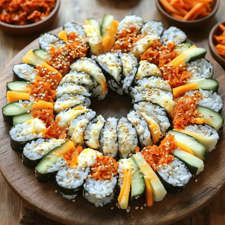 Für dieses leckere Gericht brauchen Sie: - 2 Tassen gekochter Rundkornreis - 2 Esslöffel Sesamöl - 1 Esslöffel Sojasauce - 1 Teelöffel Salz - 4 Blätter Nori (Seetang) - 1/2 Tasse Kimchi, gehackt - 1 Tasse Mozzarella-Käse, gerieben - 1 Karotte, in Julienne geschnitten - 1 Gurke, in Julienne geschnitten - 2 Eier, geschlagen und zu einem dünnen Omelett gebraten, dann in Streifen geschnitten - 1 Esslöffel Sesamsamen zur Garnitur Diese Zutaten machen das Kimbap besonders lecker und gesund. Der Mozzarella-Käse gibt dem Gericht eine cremige Note, während das Kimchi für einen würzigen Kick sorgt. Wenn Sie keine bestimmten Zutaten haben, können Sie auch Folgendes verwenden: - Anstelle von Kimchi können Sie eingelegte Karotten oder Rettich verwenden. - Statt Mozzarella können Sie auch Cheddar oder Gouda wählen. - Fügen Sie Avocado für mehr Cremigkeit hinzu. Diese Alternativen machen das Kimbap vielseitig und anpassbar. Experimentieren Sie mit verschiedenen Füllungen, um Ihren persönlichen Geschmack zu treffen. Frische Zutaten sind der Schlüssel für ein gutes Kimbap. Beachten Sie diese Tipps: - Kaufen Sie frisches Gemüse. Es sollte knackig und farbenfroh sein. - Wählen Sie hochwertiges Kimchi. Achten Sie auf den Geschmack und die Frische. - Achten Sie darauf, dass der Käse gut gekühlt ist. So bleibt er frisch und lecker. Wenn Sie frische Zutaten wählen, wird Ihr Kimbap noch köstlicher. Probieren Sie die Tipps aus und genießen Sie die Zubereitung Ihres koreanischen Käse-Kimchi-Kimbap! Beginne mit zwei Tassen gekochtem Rundkornreis. In einer großen Schüssel mischst du den Reis mit zwei Esslöffeln Sesamöl. Füge dann einen Esslöffel Sojasauce und einen Teelöffel Salz hinzu. Rühre alles gut um, bis der Reis gleichmäßig gewürzt ist. Dieser gewürzte Reis ist die Basis für dein Kimbap. Nimm ein Blatt Nori mit der glänzenden Seite nach unten. Lege es auf eine Bambusmatte oder ein Schneidebrett. Mit nassen Händen verteilst du etwa eine halbe Tasse des gewürzten Reises gleichmäßig auf dem Nori. Lass dabei einen Rand von etwa 2,5 cm am oberen Ende frei. In der Mitte des Reises schichtest du das gehackte Kimchi, den geriebenen Mozzarella-Käse, die Karotte und die Gurke. Füge auch einige Streifen des Omeletts hinzu. Hebe nun die Matte an und rolle das Kimbap fest. Drücke sanft, um die Füllungen zu sichern. Benutze etwas Wasser, um den Rand des Nori zu versiegeln. Wenn alle Kimbap-Rollen fertig sind, nimm ein scharfes Messer. Schneide jede Rolle in mundgerechte Stücke, etwa 2,5 cm dick. Du kannst die Kimbap-Stücke mit Sesamsamen bestreuen, um zusätzlichen Crunch und Geschmack zu erhalten. Arrangiere die Stücke auf einem Servierteller in einem kreisförmigen Muster. Serviere sie mit kleinen Schalen für Kimchi oder Dip-Sauce. So sieht dein Kimbap nicht nur gut aus, sondern schmeckt auch fantastisch! Um perfekte Kimbap-Rollen zu machen, ist die Technik wichtig. Verwende frischen Nori. Lege das Nori auf die Matte mit der glänzenden Seite nach unten. Verteile den Reis gleichmäßig, aber lasse einen Rand frei. Schichte die Füllungen in der Mitte. Achte darauf, nicht zu viel zu füllen. Rolle das Kimbap fest, aber nicht zu fest. Das sorgt für eine gute Form. Die Vorbereitungszeit ist wichtig. Du kannst den Reis und die Füllungen im Voraus zubereiten. Lagere sie getrennt im Kühlschrank. So bleiben die Zutaten frisch. Wenn du bereit bist, rolle die Kimbap schnell. Das hilft, den Reis nicht austrocknen zu lassen. Du kannst die Kimbap auch für später aufbewahren. Wickel sie in Frischhaltefolie und lege sie in den Kühlschrank. Das Aussehen macht einen großen Unterschied. Schneide die Kimbap-Rollen in gleichmäßige Stücke. Eine scharfe Klinge hilft dabei. Arrange die Stücke auf einem schönen Teller. Ein kreisförmiges Muster sieht toll aus. Streue Sesamsamen darüber, um den Kimbap einen zusätzlichen Crunch zu geben. Du kannst auch kleine Schalen mit Kimchi oder Dip-Sauce dazu legen. Das macht die Präsentation einladender. {{image_4}} Wenn Sie eine vegane Variante von Kimbap möchten, gibt es viele leckere Alternativen. Anstelle von Eiern und Käse, können Sie Tofu verwenden. Tofu ist eine großartige Proteinquelle und hat eine tolle Textur. Sie können ihn mariniert und gebraten hinzufügen. Für den Käsegeschmack verwenden Sie veganen Käse oder sogar Avocado. Avocado bringt eine cremige Konsistenz, die gut zu Kimbap passt. Achten Sie darauf, frisches Gemüse wie Paprika oder Spinat hinzuzufügen. Diese Zutaten sorgen für Farbe und Geschmack. Um mehr Protein in Ihr Kimbap zu bringen, fügen Sie Hühnchen oder Thunfisch hinzu. Diese Fleischsorten sind einfach zuzubereiten und passen gut zu den anderen Zutaten. Sie können das Fleisch einfach grillen oder dünsten und in Streifen schneiden. Eine weitere Option sind Garnelen. Garnelen sind leicht und haben einen milden Geschmack. Sie passen perfekt zu Kimchi und Käse. Diese Variationen machen Ihr Kimbap nahrhaft und sättigend. Kimbap ist sehr flexibel. Sie können fast alles als Füllung verwenden. Neben Kimchi und Käse, probieren Sie gebratene Zucchini oder Pilze. Diese bieten eine zusätzliche Geschmackstiefe. Auch süße Füllungen sind möglich. Fügen Sie etwas Mango oder Papaya hinzu, um eine süße Note zu schaffen. Das bringt einen interessanten Kontrast zu den herzhaften Zutaten. Je mehr Sie experimentieren, desto mehr entdecken Sie neue Geschmäcker. Kimbap ist eine spannende Art, kreativ in der Küche zu sein. Für das vollständige Rezept, schauen Sie hier: [Full Recipe]. Um die Kimbap frisch zu halten, lagern Sie sie in einem luftdichten Behälter. Verwenden Sie Backpapier, um die einzelnen Rollen zu trennen. Dies verhindert, dass sie aneinander kleben. Stellen Sie sicher, dass der Behälter im Kühlschrank bleibt. So bleibt der Reis weich und die Füllungen frisch. Kimbap bleibt bis zu drei Tage im Kühlschrank haltbar. Nach dieser Zeit kann der Reis trocken werden und die Füllungen verlieren ihre Frische. Es ist am besten, Kimbap so schnell wie möglich zu essen. Wenn Sie Reste haben, essen Sie sie innerhalb von zwei Tagen, um den besten Geschmack zu genießen. Ja, Sie können Kimbap einfrieren! Wickeln Sie jede Rolle in Frischhaltefolie und legen Sie sie in einen gefrierfesten Beutel. So bleibt der Geschmack erhalten. Beim Auftauen lassen Sie sie einfach über Nacht im Kühlschrank. Vermeiden Sie es, sie bei Raumtemperatur aufzutauen. So bleibt die Textur besser. Kimbap und Sushi sehen ähnlich aus, aber sie sind nicht gleich. Kimbap stammt aus Korea, während Sushi aus Japan kommt. Kimbap verwendet gekochten Reis, während Sushi oft rohen Fisch und Sushi-Reis nutzt. Die Füllungen unterscheiden sich auch. Kimbap hat oft Gemüse, Eier und manchmal Fleisch, während Sushi meist Fisch enthält. Kimbap wird oft als Snack oder Picknick essen serviert. Sushi wird häufig als Hauptgericht genossen. Ja, du kannst verschiedene Käsesorten für dein Kimbap nutzen! Mozzarella ist mild und schmilzt gut. Du könntest auch Cheddar oder Gouda ausprobieren. Denke daran, dass der Käse den Geschmack beeinflusst. Wenn du einen stärkeren Käse magst, wähle einen, der gut zu Kimchi passt. Experimentiere mit verschiedenen Sorten, um deinen Favoriten zu finden. Um Kimbap vegan zu machen, lass die Eier und den Käse weg. Du kannst stattdessen Tofu verwenden. Tofu ist eine tolle Proteinquelle und passt gut zu den anderen Zutaten. Verwende auch mehr Gemüse wie Avocado, Paprika oder Spinat. Diese machen dein Kimbap frisch und bunt. Du kannst auch veganes Kimchi verwenden, um den Geschmack zu bewahren. Zusammenfassend haben wir die Hauptzutaten und die Zubereitung des koreanischen Käse-Kimchi-Kimbap behandelt. Wir sahen uns frische Zutaten an, Tipps für die perfekte Rolle, und Variationen wie vegane Optionen. Kimbap kann einfach gelagert und sogar eingefroren werden. Ich hoffe, diese Anleitung hilft dir, köstliches Kimbap zuzubereiten. Probier verschiedene Füllungen aus und genieße das Essen!