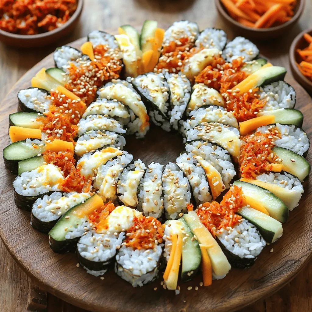 Für dieses leckere Gericht brauchen Sie: - 2 Tassen gekochter Rundkornreis - 2 Esslöffel Sesamöl - 1 Esslöffel Sojasauce - 1 Teelöffel Salz - 4 Blätter Nori (Seetang) - 1/2 Tasse Kimchi, gehackt - 1 Tasse Mozzarella-Käse, gerieben - 1 Karotte, in Julienne geschnitten - 1 Gurke, in Julienne geschnitten - 2 Eier, geschlagen und zu einem dünnen Omelett gebraten, dann in Streifen geschnitten - 1 Esslöffel Sesamsamen zur Garnitur Diese Zutaten machen das Kimbap besonders lecker und gesund. Der Mozzarella-Käse gibt dem Gericht eine cremige Note, während das Kimchi für einen würzigen Kick sorgt. Wenn Sie keine bestimmten Zutaten haben, können Sie auch Folgendes verwenden: - Anstelle von Kimchi können Sie eingelegte Karotten oder Rettich verwenden. - Statt Mozzarella können Sie auch Cheddar oder Gouda wählen. - Fügen Sie Avocado für mehr Cremigkeit hinzu. Diese Alternativen machen das Kimbap vielseitig und anpassbar. Experimentieren Sie mit verschiedenen Füllungen, um Ihren persönlichen Geschmack zu treffen. Frische Zutaten sind der Schlüssel für ein gutes Kimbap. Beachten Sie diese Tipps: - Kaufen Sie frisches Gemüse. Es sollte knackig und farbenfroh sein. - Wählen Sie hochwertiges Kimchi. Achten Sie auf den Geschmack und die Frische. - Achten Sie darauf, dass der Käse gut gekühlt ist. So bleibt er frisch und lecker. Wenn Sie frische Zutaten wählen, wird Ihr Kimbap noch köstlicher. Probieren Sie die Tipps aus und genießen Sie die Zubereitung Ihres koreanischen Käse-Kimchi-Kimbap! Beginne mit zwei Tassen gekochtem Rundkornreis. In einer großen Schüssel mischst du den Reis mit zwei Esslöffeln Sesamöl. Füge dann einen Esslöffel Sojasauce und einen Teelöffel Salz hinzu. Rühre alles gut um, bis der Reis gleichmäßig gewürzt ist. Dieser gewürzte Reis ist die Basis für dein Kimbap. Nimm ein Blatt Nori mit der glänzenden Seite nach unten. Lege es auf eine Bambusmatte oder ein Schneidebrett. Mit nassen Händen verteilst du etwa eine halbe Tasse des gewürzten Reises gleichmäßig auf dem Nori. Lass dabei einen Rand von etwa 2,5 cm am oberen Ende frei. In der Mitte des Reises schichtest du das gehackte Kimchi, den geriebenen Mozzarella-Käse, die Karotte und die Gurke. Füge auch einige Streifen des Omeletts hinzu. Hebe nun die Matte an und rolle das Kimbap fest. Drücke sanft, um die Füllungen zu sichern. Benutze etwas Wasser, um den Rand des Nori zu versiegeln. Wenn alle Kimbap-Rollen fertig sind, nimm ein scharfes Messer. Schneide jede Rolle in mundgerechte Stücke, etwa 2,5 cm dick. Du kannst die Kimbap-Stücke mit Sesamsamen bestreuen, um zusätzlichen Crunch und Geschmack zu erhalten. Arrangiere die Stücke auf einem Servierteller in einem kreisförmigen Muster. Serviere sie mit kleinen Schalen für Kimchi oder Dip-Sauce. So sieht dein Kimbap nicht nur gut aus, sondern schmeckt auch fantastisch! Um perfekte Kimbap-Rollen zu machen, ist die Technik wichtig. Verwende frischen Nori. Lege das Nori auf die Matte mit der glänzenden Seite nach unten. Verteile den Reis gleichmäßig, aber lasse einen Rand frei. Schichte die Füllungen in der Mitte. Achte darauf, nicht zu viel zu füllen. Rolle das Kimbap fest, aber nicht zu fest. Das sorgt für eine gute Form. Die Vorbereitungszeit ist wichtig. Du kannst den Reis und die Füllungen im Voraus zubereiten. Lagere sie getrennt im Kühlschrank. So bleiben die Zutaten frisch. Wenn du bereit bist, rolle die Kimbap schnell. Das hilft, den Reis nicht austrocknen zu lassen. Du kannst die Kimbap auch für später aufbewahren. Wickel sie in Frischhaltefolie und lege sie in den Kühlschrank. Das Aussehen macht einen großen Unterschied. Schneide die Kimbap-Rollen in gleichmäßige Stücke. Eine scharfe Klinge hilft dabei. Arrange die Stücke auf einem schönen Teller. Ein kreisförmiges Muster sieht toll aus. Streue Sesamsamen darüber, um den Kimbap einen zusätzlichen Crunch zu geben. Du kannst auch kleine Schalen mit Kimchi oder Dip-Sauce dazu legen. Das macht die Präsentation einladender. {{image_4}} Wenn Sie eine vegane Variante von Kimbap möchten, gibt es viele leckere Alternativen. Anstelle von Eiern und Käse, können Sie Tofu verwenden. Tofu ist eine großartige Proteinquelle und hat eine tolle Textur. Sie können ihn mariniert und gebraten hinzufügen. Für den Käsegeschmack verwenden Sie veganen Käse oder sogar Avocado. Avocado bringt eine cremige Konsistenz, die gut zu Kimbap passt. Achten Sie darauf, frisches Gemüse wie Paprika oder Spinat hinzuzufügen. Diese Zutaten sorgen für Farbe und Geschmack. Um mehr Protein in Ihr Kimbap zu bringen, fügen Sie Hühnchen oder Thunfisch hinzu. Diese Fleischsorten sind einfach zuzubereiten und passen gut zu den anderen Zutaten. Sie können das Fleisch einfach grillen oder dünsten und in Streifen schneiden. Eine weitere Option sind Garnelen. Garnelen sind leicht und haben einen milden Geschmack. Sie passen perfekt zu Kimchi und Käse. Diese Variationen machen Ihr Kimbap nahrhaft und sättigend. Kimbap ist sehr flexibel. Sie können fast alles als Füllung verwenden. Neben Kimchi und Käse, probieren Sie gebratene Zucchini oder Pilze. Diese bieten eine zusätzliche Geschmackstiefe. Auch süße Füllungen sind möglich. Fügen Sie etwas Mango oder Papaya hinzu, um eine süße Note zu schaffen. Das bringt einen interessanten Kontrast zu den herzhaften Zutaten. Je mehr Sie experimentieren, desto mehr entdecken Sie neue Geschmäcker. Kimbap ist eine spannende Art, kreativ in der Küche zu sein. Für das vollständige Rezept, schauen Sie hier: [Full Recipe]. Um die Kimbap frisch zu halten, lagern Sie sie in einem luftdichten Behälter. Verwenden Sie Backpapier, um die einzelnen Rollen zu trennen. Dies verhindert, dass sie aneinander kleben. Stellen Sie sicher, dass der Behälter im Kühlschrank bleibt. So bleibt der Reis weich und die Füllungen frisch. Kimbap bleibt bis zu drei Tage im Kühlschrank haltbar. Nach dieser Zeit kann der Reis trocken werden und die Füllungen verlieren ihre Frische. Es ist am besten, Kimbap so schnell wie möglich zu essen. Wenn Sie Reste haben, essen Sie sie innerhalb von zwei Tagen, um den besten Geschmack zu genießen. Ja, Sie können Kimbap einfrieren! Wickeln Sie jede Rolle in Frischhaltefolie und legen Sie sie in einen gefrierfesten Beutel. So bleibt der Geschmack erhalten. Beim Auftauen lassen Sie sie einfach über Nacht im Kühlschrank. Vermeiden Sie es, sie bei Raumtemperatur aufzutauen. So bleibt die Textur besser. Kimbap und Sushi sehen ähnlich aus, aber sie sind nicht gleich. Kimbap stammt aus Korea, während Sushi aus Japan kommt. Kimbap verwendet gekochten Reis, während Sushi oft rohen Fisch und Sushi-Reis nutzt. Die Füllungen unterscheiden sich auch. Kimbap hat oft Gemüse, Eier und manchmal Fleisch, während Sushi meist Fisch enthält. Kimbap wird oft als Snack oder Picknick essen serviert. Sushi wird häufig als Hauptgericht genossen. Ja, du kannst verschiedene Käsesorten für dein Kimbap nutzen! Mozzarella ist mild und schmilzt gut. Du könntest auch Cheddar oder Gouda ausprobieren. Denke daran, dass der Käse den Geschmack beeinflusst. Wenn du einen stärkeren Käse magst, wähle einen, der gut zu Kimchi passt. Experimentiere mit verschiedenen Sorten, um deinen Favoriten zu finden. Um Kimbap vegan zu machen, lass die Eier und den Käse weg. Du kannst stattdessen Tofu verwenden. Tofu ist eine tolle Proteinquelle und passt gut zu den anderen Zutaten. Verwende auch mehr Gemüse wie Avocado, Paprika oder Spinat. Diese machen dein Kimbap frisch und bunt. Du kannst auch veganes Kimchi verwenden, um den Geschmack zu bewahren. Zusammenfassend haben wir die Hauptzutaten und die Zubereitung des koreanischen Käse-Kimchi-Kimbap behandelt. Wir sahen uns frische Zutaten an, Tipps für die perfekte Rolle, und Variationen wie vegane Optionen. Kimbap kann einfach gelagert und sogar eingefroren werden. Ich hoffe, diese Anleitung hilft dir, köstliches Kimbap zuzubereiten. Probier verschiedene Füllungen aus und genieße das Essen!