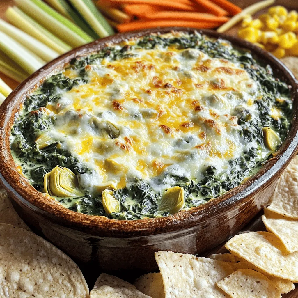 Um einen köstlichen Spinat-Artischocken-Dip zu machen, brauchst du folgende Hauptzutaten: - 1 Tasse frischer Spinat, grob gehackt - 1 Dose (398 g) Artischockenherzen, abgetropft und grob gehackt - 1 Tasse Frischkäse, weich - ½ Tasse saure Sahne - ½ Tasse Mayonnaise - 1 Tasse geriebener Mozzarella - ½ Tasse geriebener Parmesan - 2 Knoblauchzehen, fein gehackt - 1 Teelöffel Zwiebelpulver - ½ Teelöffel rote Chiliflocken (optional für mehr Schärfe) - Salz und Pfeffer nach Geschmack Diese Zutaten sorgen für einen cremigen und schmackhaften Dip. Der Spinat gibt eine frische Note, während die Artischocken für eine besondere Textur sorgen. Zusätzlich zu den Hauptzutaten kannst du einige Zubehörteile und Gewürze verwenden: - Tortilla-Chips, Pita-Brot oder Gemüsesticks zum Servieren - Frische Petersilie zur Garnierung - Weitere Gewürze wie Paprika oder Knoblauchpulver für mehr Geschmack Diese Extras machen deinen Dip noch besser und abwechslungsreicher. Du kannst die Gewürze nach deinem eigenen Geschmack anpassen. Für die Zubereitung brauchst du einige grundlegende Materialien: - Eine große Rührschüssel - Einen Löffel oder Spatel zum Rühren - Eine gefettete Auflaufform - Ein Messer und ein Schneidebrett zum Hacken Diese Materialien sind einfach zu finden und helfen dir, den Dip schnell und einfach zuzubereiten. Wenn du bereit bist, klicke auf den Link zur [Full Recipe]. Heize deinen Ofen auf 175°C vor. Das ist die perfekte Temperatur, um den Dip schön heiß zu machen. Bereite auch eine gefettete Auflaufform vor. So bleibt der Dip nicht kleben und lässt sich leicht herausnehmen. Nimm eine große Schüssel und füge die folgenden Zutaten hinzu: - 1 Tasse Frischkäse, weich - ½ Tasse saure Sahne - ½ Tasse Mayonnaise Rühre diese Zutaten gut um, bis sie cremig sind. Das sorgt für die Basis deines Dips. Es ist wichtig, dass alles gut vermischt ist. Jetzt kommt die spannende Phase. Füge zu deiner Käsebasis die folgenden Zutaten hinzu: - 1 Tasse frischer Spinat, grob gehackt - 1 Dose (398 g) Artischockenherzen, abgetropft und grob gehackt - 2 Knoblauchzehen, fein gehackt - 1 Teelöffel Zwiebelpulver - ½ Teelöffel rote Chiliflocken (optional für mehr Schärfe) Rühre alles gut um, sodass die Spinat- und Artischockenstücke gleichmäßig verteilt sind. Jetzt ist es Zeit, die Mischung in die gefettete Auflaufform zu geben. Verteile sie gleichmäßig. Backe den Dip dann im Ofen für 25-30 Minuten. Du wirst wissen, dass er fertig ist, wenn er heiß und sprudelnd ist. Die Oberfläche sollte leicht goldbraun werden. Lass den Dip vor dem Servieren etwas abkühlen. Serviere ihn warm mit Tortilla-Chips oder Pita-Brot. Für das vollständige Rezept schau dir die [Full Recipe] an. Um den perfekten Dip zu erreichen, ist die Konsistenz wichtig. Ein cremiger Dip ist einfach köstlich. Hier sind meine besten Tipps: - Verwende weichen Frischkäse. Er lässt sich leichter vermischen. - Achte darauf, die saure Sahne und Mayonnaise gut zu verrühren. So bleibt es cremig. - Füge den geriebenen Käse langsam hinzu. Dadurch wird alles gleichmäßig verteilt. - Backe den Dip nicht zu lange. Er soll sprudelnd, aber nicht trocken sein. Die richtigen Gewürze machen den Unterschied. Hier sind meine Favoriten: - Zwiebelpulver passt perfekt zum Dip. - Rote Chiliflocken bringen eine tolle Schärfe. - Frischer Knoblauch gibt einen tollen Geschmack. - Vergiss nicht, mit Salz und Pfeffer abzuschmecken. Es gibt einige häufige Fehler, die du vermeiden solltest: - Verwende keine gefrorenen Zutaten. Sie verändern die Konsistenz. - Mische die Zutaten nicht zu lange. Das kann den Dip wässrig machen. - Überbacke den Dip nicht. Er soll goldbraun sein, aber nicht anbrennen. - Lass den Dip nach dem Backen kurz abkühlen. So bleibt er schön cremig. Für das vollständige Rezept, schau dir den Full Recipe an. {{image_4}} Um eine vegane Version zu machen, ersetze den Frischkäse durch Cashew-Creme oder veganen Frischkäse. Verwende pflanzliche saure Sahne und Mayonnaise. Diese Zutaten geben dem Dip die gleiche Cremigkeit wie die traditionelle Variante. Du kannst auch Hefeflocken hinzufügen, um einen käsigen Geschmack zu erreichen. Für eine glutenfreie Option, achte darauf, dass deine Mayonnaise und die Tortilla-Chips glutenfrei sind. Der Dip selbst ist von Natur aus glutenfrei, solange die anderen Zutaten sorgfältig ausgewählt sind. Du kannst auch Gemüse-Sticks wie Karotten oder Sellerie verwenden, um den Dip zu genießen. Füge für mehr Geschmack geröstete Paprika oder frische Kräuter wie Basilikum oder Petersilie hinzu. Auch schwarze Oliven oder Jalapeños können den Dip spannend machen. Wenn du gerne experimentierst, probiere unterschiedliche Käsesorten aus, wie Gouda oder Feta. Diese Anpassungen geben deinem Dip eine persönliche Note und machen ihn noch köstlicher. Du kannst deinen Spinat-Artischocken-Dip im Kühlschrank aufbewahren. Fülle ihn in einen luftdichten Behälter. So bleibt er frisch. Der Dip hält sich etwa 3 bis 5 Tage. Achte darauf, ihn gut abzudecken, damit er keine anderen Gerüche aufnimmt. Das Einfrieren ist eine gute Option, wenn du Reste hast. Fülle den Dip in einen gefrierfesten Behälter. Lasse etwas Platz für die Ausdehnung. Du kannst den Dip bis zu 3 Monate einfrieren. Um ihn wiederherzustellen, lasse ihn über Nacht im Kühlschrank auftauen. Erwärme ihn dann vorsichtig in der Mikrowelle oder im Ofen. Beim Servieren nach der Lagerung solltest du den Dip auf Raumtemperatur bringen. Das macht ihn cremiger und leichter zu dippen. Wenn der Dip zu dick ist, kannst du etwas saure Sahne oder Milch hinzufügen. So bleibt er schön glatt. Serviere den Dip warm mit Tortilla-Chips oder frischem Gemüse. Du kannst den Dip bis zu fünf Tage im Kühlschrank aufbewahren. Stelle sicher, dass du ihn in einem luftdichten Behälter aufbewahrst. Vor dem Servieren kannst du ihn einfach aufwärmen. So bleibt er lecker und cremig. Ja, du kannst den Dip im Voraus zubereiten. Mache ihn bis zu zwei Tage vorher und lagere ihn im Kühlschrank. Am besten backst du ihn kurz vor dem Servieren. So bleibt die Konsistenz perfekt. Der Dip schmeckt hervorragend mit verschiedenen Beilagen. Hier sind einige Vorschläge: - Tortilla-Chips - Pita-Brot - Gemüsesticks (Karotten, Sellerie, Paprika) - Baguette-Scheiben Diese Beilagen sorgen für einen tollen Geschmack. Um mehr Schärfe hinzuzufügen, verwende rote Chiliflocken. Du kannst auch frische Jalapeños oder einen Spritzer scharfe Sauce hinzufügen. Probiere es aus und finde die perfekte Schärfe für dich! Der Spinat-Artischocken-Dip ist lecker und einfach zu machen. Wir haben die wichtigsten Zutaten, die Zubereitung und Tipps für eine cremige Konsistenz besprochen. Die vielen Variationen bieten für jeden Geschmack etwas. Auch die Lagerung und Haltbarkeit sind wichtig, damit du den Dip länger genießen kannst. Schlussendlich, scheue dich nicht, zu experimentieren. Finde deine Lieblingskombinationen und genieße diesen köstlichen Dip mit Freunden und Familie.