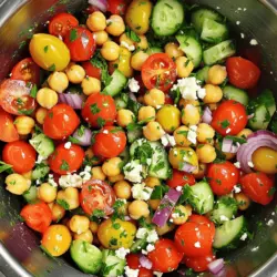 Die Hauptzutaten für den mediterranen Kichererbsensalat sind einfach und frisch. Hier sind die Zutaten, die Sie benötigen: - 1 Dose (425 g) Kichererbsen, abgetropft und abgespült - 1 Tasse Kirschtomaten, halbiert - 1 Salatgurke, gewürfelt - 1/2 rote Zwiebel, fein gehackt - 1/2 Paprika, gewürfelt (jede Farbe ist möglich) - 1/4 Tasse Kalamata-Oliven, entsteinigt und in Scheiben geschnitten - 1/4 Tasse Feta-Käse, zerkrümelt - 2 Esslöffel frische Petersilie, gehackt - 1 Teelöffel getrockneter Oregano - 3 Esslöffel Olivenöl - 2 Esslöffel Zitronensaft - Salz und Pfeffer nach Geschmack Diese Zutaten bringen den Geschmack des Mittelmeers direkt zu Ihnen nach Hause. Die Kichererbsen bieten eine gute Basis mit viel Protein. Die frischen Gemüse und Kräuter sorgen für Farbe und einen frischen Biss. Frische Zutaten sind der Schlüssel zu einem köstlichen Salat. Kirschtomaten liefern Vitamin C und Antioxidantien. Gurken sind hydrierend und knackig. Rote Zwiebeln fügen einen süßen, scharfen Geschmack hinzu. Paprika gibt es in vielen Farben und sie sind reich an Vitaminen. Kalamata-Oliven bringen gesunde Fette und einen salzigen Geschmack. Feta-Käse gibt dem Salat eine cremige Note. Petersilie hat viele Nährstoffe und verbessert die Farben. Nutzen Sie hochwertige Zutaten für den besten Geschmack. Wählen Sie biologische Kichererbsen, wenn möglich. Frische, reife Kirschtomaten schmecken besser. Kaufen Sie Oliven in einem Glas, nicht in Dosen, für mehr Geschmack. Suchen Sie nach Feta-Käse aus Schafsmilch für eine reichhaltigere Textur. Frische Petersilie gibt es in jedem Supermarkt, wählen Sie die grüne, lebendige Sorte. Verwenden Sie kaltgepresstes Olivenöl für das Dressing. Diese hochwertigen Zutaten machen Ihren Salat besonders lecker. Für die vollständige Anleitung und die Zubereitung schauen Sie sich das [Full Recipe] an. Zuerst öffne die Dose mit Kichererbsen. Gieße das Wasser ab und spüle die Kichererbsen gut ab. Das sorgt dafür, dass sie frisch schmecken. Diese Kichererbsen sind die Grundlage für unseren Salat. Sie bringen viel Protein und Ballaststoffe mit. Nimm eine große Rührschüssel und füge die Kichererbsen hinzu. Jetzt kommen die Kirschtomaten, die du halbierst, die gewürfelte Gurke, die rote Zwiebel und die gewürfelte Paprika dazu. Achte darauf, dass du alles vorsichtig mischst. So bleiben die Zutaten ganz und frisch. Nun gib die Kalamata-Oliven, den zerkrümelten Feta-Käse und die gehackte Petersilie in die Schüssel. Mische alles gut durch. Es ist wichtig, dass sich die Zutaten gleichmäßig verteilen. So hat jeder Bissen den gleichen Geschmack. In einer kleinen Schüssel vermische das Olivenöl, den Zitronensaft, den getrockneten Oregano sowie den Salz und Pfeffer. Rühre alles gut um, bis die Mischung schön cremig ist. Dann gieße das Dressing über die Salatzutaten in der großen Schüssel. Vermenge alles gründlich, damit jedes Stück gut bedeckt ist. Probiere den Salat und passe die Gewürze nach deinem Geschmack an. Vielleicht magst du mehr Zitronensaft oder etwas mehr Pfeffer. Lass den Salat für mindestens 15 Minuten stehen. So können die Aromen gut durchziehen. Wenn du mehr Details möchtest, schau dir die [Full Recipe]. Um die besten Aromen zu erzielen, nutzen Sie frische Zutaten. Frische Kräuter wie Petersilie und Oregano bringen viel Geschmack. Verwenden Sie reife Kirschtomaten und knackige Gurken. Diese Zutaten machen einen großen Unterschied. Lassen Sie den Salat vor dem Servieren ruhen. So können die Aromen sich verbinden und intensivieren. Die Kichererbsen sind die Basis für die Textur. Sie sollten nicht zu weich sein. Überkochen Sie sie nicht, wenn Sie getrocknete Kichererbsen verwenden. Schneiden Sie das Gemüse gleichmäßig. So sieht der Salat nicht nur gut aus, sondern hat auch eine angenehme Bissfestigkeit. Fügen Sie das Dressing erst kurz vor dem Servieren hinzu. So bleibt das Gemüse frisch und knackig. Ein häufiger Fehler ist, zu viel Dressing zu verwenden. Das kann den Salat matschig machen. Achten Sie auf die Menge und fügen Sie nach Bedarf mehr hinzu. Ein weiterer Fehler ist die Verwendung von alten Zutaten. Achten Sie auf das Haltbarkeitsdatum. Das kann den Geschmack des Salats stark beeinträchtigen. Vermeiden Sie auch das Mischen der Zutaten zu grob, um sie nicht zu zerdrücken. {{image_4}} Für einen vegetarischen Kichererbsensalat lasse ich den Feta-Käse weg. Der Salat bleibt frisch und nahrhaft. Wenn du vegan bist, kannst du den Feta durch Avocado ersetzen. Das gibt eine cremige Textur und ergänzt die Aromen gut. Ich liebe es, dem Salat mehr Geschmack zu verleihen. Du kannst gebratene Zucchini oder Auberginen hinzufügen. Diese geben einen tollen Grillgeschmack. Auch geröstete Pinienkerne oder Sonnenblumenkerne bringen Crunch. Petersilie ist ein Muss, aber frischer Dill funktioniert auch gut. Um den Salat mediterraner zu gestalten, füge Artischockenherzen oder getrocknete Tomaten hinzu. Diese Zutaten bringen einen intensiven Geschmack. Für eine italienische Note kannst du auch Basilikum verwenden. Das ist frisch und aromatisch. Wenn du Oliven magst, probiere grüne Oliven für einen anderen Geschmack. Für das vollständige Rezept schau dir den [Full Recipe] an. Um den Mediterranen Kichererbsensalat frisch zu halten, gibt es ein paar einfache Regeln. Lagern Sie den Salat in einem luftdichten Behälter. So bleibt er knackig und lecker. Die ideale Temperatur ist im Kühlschrank. Vermeiden Sie direkte Sonne oder Wärmequellen. Dies hilft, die Aromen zu bewahren und die Zutaten frisch zu halten. Falls Sie Reste haben, lassen Sie das Dressing separat. Mischen Sie den Salat erst vor dem Servieren. So bleiben die Zutaten frisch und knusprig. Sie können auch die Zutaten nach Geschmack anpassen. Fügen Sie zum Beispiel mehr Oliven oder Feta hinzu. Das gibt dem Salat einen neuen Twist. Im Kühlschrank bleibt der Kichererbsensalat bis zu drei Tage frisch. Achten Sie darauf, den Behälter immer gut zu verschließen. Nach drei Tagen kann der Salat weicher werden. Er schmeckt dann nicht mehr so gut. Wenn Sie also frischen Geschmack wollen, essen Sie ihn lieber schnell. Für das vollständige Rezept, schauen Sie sich die Anleitung an: [Full Recipe]. Sie können den Kichererbsensalat bis zu fünf Tage im Kühlschrank aufbewahren. Lagern Sie ihn in einem luftdichten Behälter. Achten Sie darauf, dass er gut abgedeckt ist. So bleiben die Zutaten frisch und knackig. Wenn der Salat länger steht, kann die Textur der Zutaten weicher werden. Ich empfehle, vor dem Servieren nochmal gut durchzumischen. Ja, der Mediterrane Kichererbsensalat ist sehr gesund. Kichererbsen sind reich an Proteinen und Ballaststoffen. Sie fördern die Verdauung und halten lange satt. Frisches Gemüse wie Gurken und Tomaten bietet viele Vitamine. Olivenöl enthält gesunde Fette, die gut für das Herz sind. Dieser Salat ist also eine nährstoffreiche Wahl für jede Mahlzeit. Ja, Sie können das Rezept leicht anpassen. Fügen Sie zum Beispiel mehr Gemüse hinzu, wie Avocado oder Karotten. Sie können auch andere Kräuter verwenden, wie Minze oder Basilikum. Wenn Sie keinen Feta mögen, probieren Sie veganen Käse oder lassen Sie ihn ganz weg. Seien Sie kreativ und machen Sie diesen Salat zu Ihrem eigenen! Weitere Ideen finden Sie im Full Recipe. Der Mediterrane Kichererbsensalat ist frisch und gesund. Wir haben die besten Zutaten, Zubereitungsschritte und hilfreiche Tipps besprochen. Experimentieren Sie mit Variationen und genießen Sie die Aromen. Denken Sie daran, den Salat richtig zu lagern, damit er frisch bleibt. Ihre Fragen wurden beantwortet, und Anpassungen sind leicht möglich. Genießen Sie diese köstliche Mischung und machen Sie sie zu Ihrem Klassiker.