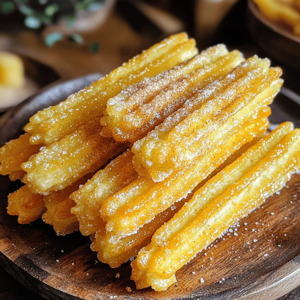 Um die perfekten Zimt-Zucker-Churros zu machen, benötigst du folgende Zutaten: - 240 ml Wasser - 115 g ungesalzene Butter - 15 g Kristallzucker - 1/4 Teelöffel Salz - 130 g Mehl (Typ 405) - 2 große Eier - 5 ml Vanilleextrakt - Öl zum Frittieren (z.B. Pflanzen- oder Rapsöl) - 100 g Kristallzucker (zum Wälzen) - 15 g gemahlener Zimt Die Auswahl der Zutaten ist wichtig. Nutze frische Zutaten für den besten Geschmack. Wähle ungesalzene Butter, um den Zimtgeschmack nicht zu überdecken. Das Mehl sollte vom Typ 405 sein, da es eine feine Textur hat. Achte darauf, dass die Eier frisch sind. Vanilleextrakt verleiht den Churros ein tolles Aroma. Hochwertiges Öl sorgt für eine knusprige Kruste. Die Nährwertinformationen sind wichtig, wenn du auf deine Ernährung achtest. Eine Portion Churros hat etwa: - Kalorien: 130 kcal - Fett: 7 g - Kohlenhydrate: 15 g - Eiweiß: 2 g Diese Werte können je nach Zubereitungsart variieren. Die Churros sind ein leckerer Snack, aber genieße sie in Maßen. Wenn du die Zimt-Zucker-Churros nach dem [Full Recipe] zubereitest, wirst du ihre Süße und den Zimtgeschmack lieben! Zuerst kochen wir unsere Basis für die Churros. In einem mittelgroßen Topf mischen wir 240 ml Wasser, 115 g ungesalzene Butter, 15 g Kristallzucker und 1/4 Teelöffel Salz. Erhitze diese Mischung bei mittlerer Hitze und rühre gelegentlich um. Wenn das Wasser kocht, nimm den Topf vom Herd. Jetzt fügen wir 130 g Mehl hinzu. Rühre kräftig mit einem Holzlöffel, bis sich der Teig als fester Ball bildet. Lass den Teig etwa 5 Minuten abkühlen. Danach gib nacheinander 2 große Eier dazu und rühre gut um. Füge 5 ml Vanilleextrakt hinzu, um den Teig zu verfeinern. Jetzt bereiten wir das Frittieren vor. Erhitze Öl in einem tiefen Topf oder einer Fritteuse auf 175°C. Nimm einen Spritzbeutel mit einer großen Sterntülle und fülle ihn mit dem Churroteig. Spritze vorsichtig Streifen von etwa 10-12 cm Länge direkt in das heiße Öl. Frittiere die Churros goldbraun, das dauert etwa 2-3 Minuten pro Seite. Verwende eine Zange, um sie vorsichtig umzudrehen. Wenn sie fertig sind, nimm sie mit einer Küchenschaufel aus dem Öl und lege sie auf einen Teller mit Küchenpapier, um das überschüssige Öl abtropfen zu lassen. Für das beste Geschmackserlebnis mischen wir in einer flachen Schüssel 100 g Kristallzucker mit 15 g gemahlenem Zimt. Wälze jeden Churro in dieser Mischung, bis er vollständig bedeckt ist. Das gibt den Churros den perfekten süßen und würzigen Kick. Serviere die Churros warm und genieße sie mit deiner Lieblingssauce. Für das komplette Rezept, schau dir die Full Recipe an. Um perfekte Churros zu machen, ist der Teig der Schlüssel. Achte darauf, dass das Wasser und die Butter wirklich kochen. Dies hilft, die richtige Konsistenz zu erreichen. Wenn du das Mehl hinzufügst, rühre kräftig, bis der Teig eine glatte Kugel bildet. Lass den Teig dann etwas abkühlen, bevor du die Eier hinzufügst. So wird der Teig nicht zu flüssig. Ein häufiger Fehler ist, die Churros zu lange im Öl zu lassen. Frittier sie nur, bis sie goldbraun sind. Zu langes Frittieren macht sie trocken. Achte auch darauf, dass das Öl die richtige Temperatur hat. Zu heißes Öl brennt die Außenseite, während die Innenseite roh bleibt. Ein Küchenthermometer hilft hier sehr gut. Für die Zubereitung brauchst du einige Werkzeuge. Ein mittelgroßer Topf ist wichtig für die Teigzubereitung. Ein tiefes Frittiergerät oder ein großer Topf sind ideal zum Frittieren. Ein Spritzbeutel mit einer großen Sterntülle gibt den Churros ihre Form. Eine Küchenschaufel hilft dir, die Churros sicher aus dem heißen Öl zu holen. Diese Werkzeuge machen das Kochen einfacher und sicherer. Für das vollständige Rezept sieh dir die vollständige Rezeptur an. {{image_4}} Schokoladen-Churros sind eine tolle Idee. Sie haben eine süße Schokoladenfüllung. Um diese Variante zu machen, füge Schokoladensirup in die Mitte der Churros hinzu. Du kannst auch Schokoladenstückchen in den Teig geben. So wird jeder Biss noch schokoladiger und leckerer. Gefüllte Churros sind ein echter Hit! Du kannst sie mit verschiedenen Füllungen machen. Beliebte Optionen sind Vanillecreme oder Karamell. Verwende einen Spritzbeutel, um die Füllung in die Churros zu bringen. So hast du eine Überraschung in jedem Biss. Das macht sie besonders und spaßig. Gesunde Churros sind auch möglich. Du kannst die Fritteuse meiden und sie im Ofen backen. Verwende Vollkornmehl für mehr Ballaststoffe. Statt Zucker kannst du Honig oder Agavensirup nehmen. Diese Alternativen machen die Churros leichter, aber sie schmecken trotzdem toll. Probiere eine dieser Varianten für dein nächstes Dessert. Ich verspreche, du wirst sie lieben! Du findest das vollständige Rezept in der ersten Sektion. Churros sind am besten frisch, aber du kannst sie lagern. Lass sie zuerst auf einem Gitter abkühlen. Danach lege sie in einen luftdichten Behälter. Vermeide es, sie übereinander zu stapeln. So bleiben sie knusprig. Du kannst auch Backpapier zwischen die Schichten legen. Um Churros wieder aufzuwärmen, benutze den Ofen. Heize ihn auf 180 °C vor. Lege die Churros auf ein Blech und backe sie für etwa 5-7 Minuten. So werden sie wieder knusprig. Du kannst sie auch in einer Pfanne kurz anbraten. Das gibt ihnen einen schönen Crunch. Churros halten sich in einem luftdichten Behälter etwa 2-3 Tage. Nach dieser Zeit verlieren sie an Frische. Du kannst sie auch einfrieren. Wickle sie gut in Frischhaltefolie ein. So halten sie sich bis zu 2 Monate. Beim Auftauen einfach im Ofen erwärmen. So sind sie fast wie frisch gemacht. Churros sind frittierte Teigstäbchen, die außen knusprig und innen weich sind. Sie kommen ursprünglich aus Spanien. Man findet sie oft in lateinamerikanischen Ländern. Churros werden klassisch mit Zimt und Zucker bestreut. Sie sind ein beliebter Snack oder ein süßes Frühstück. Um die Churros knusprig zu halten, lagere sie in einem offenen Behälter. Decke sie nicht ab, da die Feuchtigkeit sie weich macht. Du kannst auch die Churros im Ofen bei 100°C für einige Minuten aufwärmen. So bleiben sie knusprig und lecker. Wenn du sie frisch zubereitest, genieße sie am besten sofort. Du kannst Churros in vielen Cafés und Bäckereien finden. Oft gibt es auch Stände auf Märkten oder Festen. In großen Städten gibt es spezielle Churro-Läden. Dort kannst du verschiedene Sorten probieren. Wenn du sie selbst machen willst, findest du das vollständige Rezept hier: [Full Recipe]. Churros sind lecker und einfach zu machen. Diese Anleitung gab Ihnen viele Tipps. Wir haben die besten Zutaten und Methoden für perfekten Teig und Frittieren besprochen. Variationen wie Schokoladen-Churros machen das Rezept spannend. Verwenden Sie die Aufbewahrungstipps, damit Ihre Churros frisch bleiben. Vergessen Sie nicht, häufige Fehler zu vermeiden. Jetzt sind Sie bereit, Ihre eigenen Churros zu machen! Genießen Sie jeden Bissen.