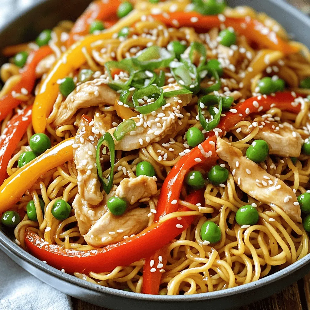 Für eine schnelle und schmackhafte Hähnchen Nudelpfanne brauchst du: - 200 g Eiernudeln - 300 g Hähnchenbrust, dünn geschnitten - 1 Tasse Paprika (gemischte Farben), in Streifen geschnitten - 1 Tasse Zuckerschoten, geputzt - 2 Frühlingszwiebeln, gehackt - 2 Knoblauchzehen, fein gehackt - 1 Esslöffel Ingwer, gerieben Diese Zutaten bilden die Basis für dein Gericht. Die Eiernudeln sorgen für einen tollen Biss. Das zarte Hähnchen bringt Proteine und Geschmack. Frisches Gemüse macht das Gericht bunt und gesund. Für den perfekten Geschmack fügen wir noch einige Gewürze und Öle hinzu: - 3 Esslöffel Sojasauce - 1 Esslöffel Austernsauce - 1 Esslöffel Sesamöl - 1 Esslöffel Pflanzenöl - Salz und Pfeffer nach Geschmack - Sesamsamen zur Dekoration Die Sojasauce gibt Tiefe und Umami. Austernsauce fügt eine süßliche Note hinzu. Sesamöl bringt ein nussiges Aroma, das jeder liebt. Diese kleinen Extras machen einen großen Unterschied. Falls du eine vegetarische Version der Nudelpfanne möchtest, gibt es einfache Alternativen: - Ersetze das Hähnchen durch Tofu oder Tempeh. - Verwende mehr Gemüse wie Brokkoli, Karotten oder Pilze. - Nutze Sojasauce und Gemüsebrühe für den Geschmack. Diese Optionen sind leicht zu finden und bieten dir die gleiche köstliche Erfahrung. Experimentiere mit verschiedenen Gemüsesorten und finde deinen Favoriten. Du kannst die Nudelpfanne ganz nach deinem Geschmack anpassen. Um die Eiernudeln zu kochen, bringe einen großen Topf mit Wasser zum Kochen. Achte darauf, dass das Wasser sprudelnd kocht. Gib die Nudeln hinein und koche sie nach den Anweisungen auf der Verpackung, meist etwa 4-5 Minuten. Wenn sie fertig sind, gieße die Nudeln ab. Mische etwas Sesamöl unter, damit sie nicht zusammenkleben. Erhitze in einer großen Pfanne oder einem Wok das Pflanzenöl. Stelle die Hitze auf medium bis hoch. Lege die dünn geschnittene Hähnchenbrust in die Pfanne. Würze sie leicht mit Salz und Pfeffer. Brate das Hähnchen etwa 3-4 Minuten lang, bis es durchgegart und nicht mehr rosa ist. Nimm das Hähnchen aus der Pfanne und stelle es zur Seite. In derselben Pfanne kannst du bei Bedarf etwas mehr Öl hinzufügen. Füge den gehackten Knoblauch und den geriebenen Ingwer hinzu. Brate sie für etwa 30 Sekunden an, bis sie duften. Jetzt kommen die geschnittenen Paprika dazu. Brate alles zusammen für 2 Minuten. Füge dann die Zuckerschoten hinzu und koche noch eine weitere Minute. Das Gemüse sollte lebhaft und leicht bissfest sein. Gib das vorgekochte Hähnchen zurück in die Pfanne. Gieße die Sojasauce und die Austernsauce darüber. Mische alles gut durch. Füge die gekochten Eiernudeln hinzu und wende sie vorsichtig, sodass sie die Sauce aufnehmen. Koche alles für 1-2 Minuten, bis es heiß ist. Jetzt ist deine Hähnchen-Nudelpfanne fast fertig! Nimm die Pfanne vom Herd und garniere dein Gericht mit den gehackten Frühlingszwiebeln und einer Prise Sesamsamen. Diese geben einen tollen Crunch. Serviere die Nudelpfanne in einer großen Schüssel oder auf Tellern. Guten Appetit! Um die Zubereitungszeit zu verkürzen, bereite alle Zutaten im Voraus vor. Schneide das Gemüse und das Hähnchen, bevor du mit dem Kochen beginnst. So sparst du Zeit. Halte eine Uhr bereit, um die Garzeiten im Blick zu behalten. Das hilft dir, alles pünktlich fertig zu haben. Für die perfekte Konsistenz koche die Eiernudeln in sprudelndem Wasser. Achte darauf, sie nicht zu lange zu kochen. Sie sollten al dente sein, also bissfest. Nach dem Abgießen mische etwas Sesamöl unter. So kleben sie nicht zusammen. Das Anrichten macht dein Gericht noch schöner. Serviere die Nudelpfanne in einer großen Schüssel oder auf einzelnen Tellern. Streue frisch gehackte Frühlingszwiebeln und Sesamsamen darüber. Das gibt einen tollen Crunch und sieht appetitlich aus. Du kannst auch frischen Limettensaft darüber träufeln, um einen frischen Kick zu bekommen. Für das vollständige Rezept, schau dir die vollständige Rezeptanleitung an. {{image_4}} Wenn du ein vegetarisches Gericht möchtest, ersetze das Hähnchen durch Tofu oder Tempeh. Tofu ist proteinreich und nimmt die Aromen gut auf. Verwende festeren Tofu für mehr Textur. Du kannst auch Seitan nutzen, um den Geschmack des Hähnchens zu imitieren. Wenn du eine vegane Option wählst, achte darauf, Sojasauce und Austernsauce zu wählen, die vegan sind. Die Nudelpfanne lässt sich leicht mit anderen Gemüsesorten anpassen. Probiere Brokkoli, Karotten oder grüne Bohnen. Diese Gemüse bringen Farbe und Nährstoffe. Du kannst auch Pilze für einen herzhaften Geschmack hinzufügen. Das Gemüse sollte knackig bleiben, um einen schönen Biss zu bieten. Füge asiatische Zutaten aus anderen Küchen hinzu, um neue Aromen zu entdecken. Zum Beispiel, verwende Kimchi für einen würzigen Kick. Oder mische in die Pfanne etwas Thai-Basilikum für frische Noten. Diese Variationen machen das Gericht spannend und einzigartig. Experimentiere mit verschiedenen Saucen wie Teriyaki oder hoisin, um die Aromen zu verändern. Du kannst die Hähnchen Nudelpfanne in einem luftdichten Behälter aufbewahren. Stelle sicher, dass sie ganz abgekühlt ist, bevor du sie in den Kühlschrank stellst. So bleibt sie frisch. Die Nudelpfanne hält sich bis zu drei Tage. Wenn du sie länger aufbewahren möchtest, denke an das Einfrieren. Um die Nudelpfanne einzufrieren, teile sie in Portionen auf. Benutze dafür gefriergeeignete Behälter oder Beutel. Achte darauf, so viel Luft wie möglich herauszudrücken. So bleibt der Geschmack erhalten. Du kannst die Nudelpfanne bis zu drei Monate einfrieren. Beschrifte die Behälter, damit du das Datum weißt. Um die Nudelpfanne wieder zu erwärmen, nimm sie aus dem Kühlschrank oder Gefrierschrank. Wenn sie gefroren ist, lasse sie zuerst im Kühlschrank auftauen. Erhitze sie dann in einer Pfanne bei mittlerer Hitze. Füge etwas Wasser oder Brühe hinzu, um die Nudeln nicht austrocknen zu lassen. Rühre gelegentlich um, bis sie heiß sind. Das dauert etwa 5 bis 8 Minuten. Achte darauf, dass alles gut durchgeheizt ist. Du kannst das Rezept leicht anpassen. Füge dein Lieblingsgemüse hinzu, wie Brokkoli oder Karotten. Du kannst auch die Sojasauce durch Tamari ersetzen, wenn du Gluten meiden möchtest. Für mehr Geschmack kannst du Chili oder Limettensaft hinzufügen. Experimentiere mit verschiedenen Ölen, wie Erdnussöl oder Kokosöl, um neue Aromen zu entdecken. Wenn die Nudeln zusammenkleben, könnte das an der Kochzeit liegen. Stelle sicher, dass du die Nudeln nicht zu lang kochst. Ein weiterer Tipp ist, nach dem Abgießen etwas Sesamöl unter die Nudeln zu mischen. Das Öl hilft, sie voneinander zu trennen. Ein Spritzer kaltes Wasser kann auch helfen, die Nudeln zu lockern. Ja, du kannst Hähnchen durch Tofu ersetzen. Tofu ist eine tolle pflanzliche Proteinquelle. Wähle festen Tofu und schneide ihn in kleine Würfel. Brate den Tofu so an, dass er goldbraun wird. Dann füge das Gemüse und die Saucen hinzu, wie im Originalrezept. Du erhältst ein köstliches und gesundes Gericht. Zu dieser Nudelpfanne passen viele Beilagen. Ein frischer Salat mit Gurken und Karotten ist eine gute Wahl. Du kannst auch gedämpftes Gemüse oder eine scharfe Suppe servieren. Reis ist eine weitere Option, besonders wenn du mehr Kohlenhydrate möchtest. Diese Beilagen ergänzen den Geschmack und die Textur deiner Nudelpfanne. Diese Nudelpfanne ist einfach zuzubereiten. Wir haben die Hauptzutaten und Gewürze besprochen. Außerdem gab es viele Tipps für eine perfekte Konsistenz. Du kannst das Rezept leicht anpassen, um es vegetarisch oder vegan zu machen. Denke auch an die Lagerung und das Aufwärmen. Probiere neue Variationen, um Abwechslung in deine Küche zu bringen. Mit diesen Tricks wirst du viele köstliche Mahlzeiten zaubern. Viel Spaß beim Kochen!