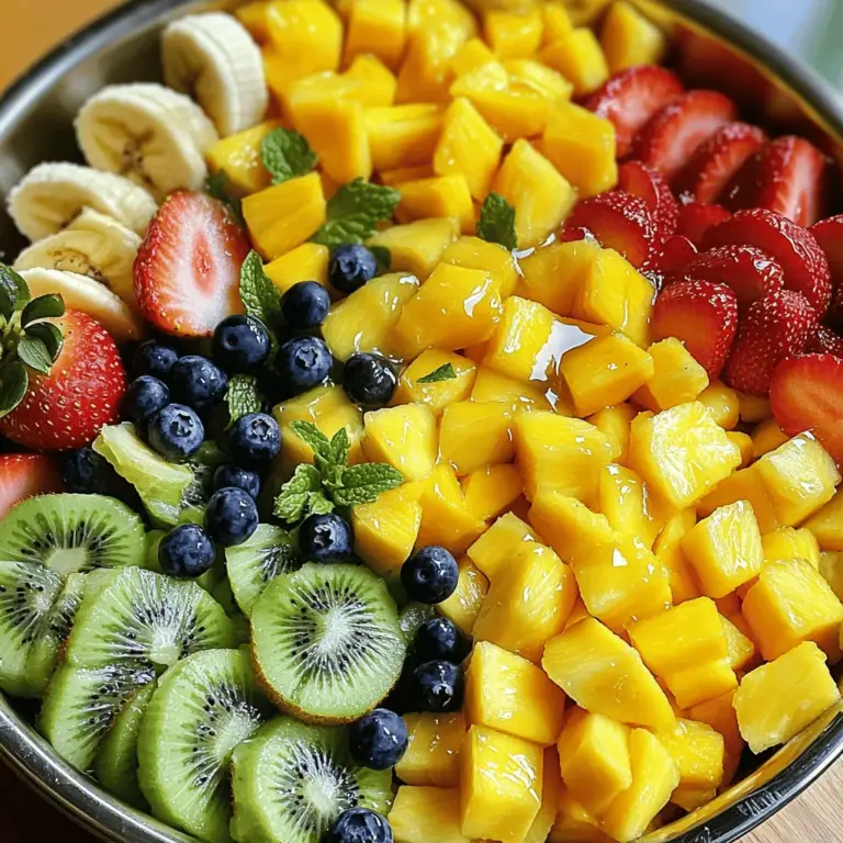 Für den besten Geschmack wähle die frischesten Früchte. Hier sind die Zutaten: - 1 reife Ananas, gewürfelt - 1 Mango, geschält und gewürfelt - 1 Papaya, geschält und gewürfelt - 1 Tasse Kiwi, in Scheiben geschnitten - 1 Banane, in Scheiben geschnitten - 1 Tasse Erdbeeren, halbiert - 1/2 Tasse Heidelbeeren Diese Früchte bringen eine bunte Mischung und viel Frische in deinen Salat. Achte darauf, dass die Früchte reif sind. Sie sollten süß und saftig sein. Das Dressing ist einfach und lecker. Du brauchst: - 1 Limette, abgerieben und ausgepresst - 2 Esslöffel Honig - 1 Esslöffel frische Minze, gehackt (zum Garnieren) Die Limette gibt dem Dressing eine frische Note. Der Honig bringt eine süße Balance. Zusammen ergeben sie das perfekte Dressing für deine Früchte. Wenn du keine Papaya magst, kannst du sie durch eine andere Frucht ersetzen. Mango und Ananas sind besonders wichtig, da sie den Salat süß und saftig machen. Achte bei der Limette darauf, dass sie frisch ist. Frische Minze verleiht dem Salat einen besonderen Geschmack. Für das beste Ergebnis, nutze die Zutaten aus der [Full Recipe]. So stellst du sicher, dass alles perfekt harmoniert. Beginne mit der Auswahl reifer Früchte. Ich empfehle, frische Ananas, Mango, Papaya, Kiwi, Banane, Erdbeeren und Heidelbeeren zu verwenden. Die Ananas würfelst du in kleine Stücke. Schäle und würfle die Mango und Papaya. Schneide die Kiwi in dünne Scheiben. Die Banane wird ebenfalls in Scheiben geschnitten. Halbiere die Erdbeeren und füge sie mit den Heidelbeeren hinzu. Gib alle geschnittenen Früchte in eine große Schüssel. Mische sie vorsichtig, um sie nicht zu zerdrücken. Diese bunten Früchte machen deinen Salat nicht nur lecker, sondern auch schön anzusehen. Für das Dressing brauchst du Limettensaft, Limettenzesten und Honig. Reibe zuerst die Limette, um die Zesten zu bekommen. Dann presse die Limette aus, um den Saft zu gewinnen. In einer kleinen Schüssel vermischst du den Limettensaft, die Zesten und den Honig. Nutze einen Schneebesen, um alles gut zu verrühren. Das Dressing sollte gut vermischt sein. Es gibt deinem Salat eine süße und saure Note, die die Frische der Früchte verstärkt. Jetzt kommt der beste Teil: das Servieren! Träufle das Honig-Limetten-Dressing gleichmäßig über die Früchte. Mische alles vorsichtig, damit die Früchte gleichmäßig bedeckt sind. Lass den Salat mindestens 30 Minuten im Kühlschrank ruhen. So können die Aromen gut durchziehen. Vor dem Servieren rühre den Salat nochmal vorsichtig um. Du kannst den Salat in einer großen Schüssel oder in einzelnen Schalen anrichten. Garniere ihn mit frischer Minze und Limettenscheiben für einen schönen Farbkontrast. Für die vollständige Anleitung und das Rezept, schau dir [Full Recipe] an. Ein häufiger Fehler ist, die Früchte zu stark zu mischen. Das kann sie zerdrücken. Mische die Zutaten sanft, um die Formen zu erhalten. Achte darauf, reife Früchte zu wählen. Unreife Früchte sind oft hart und geschmacklos. Wenn du die Limette abreibst, verwende nur die grüne Schale. Die weiße Schicht darunter ist bitter. Die Kühlzeit ist wichtig. Lass den Salat mindestens 30 Minuten im Kühlschrank ruhen. So vermischen sich die Aromen gut. Wenn du mehr Zeit hast, lasse ihn sogar zwei Stunden kühlen. Das macht den Fruchtsalat noch erfrischender. Serviere ihn gleich nach dem Kühlen, um die Frische zu genießen. Verleihe deinem Salat einen extra Kick mit Nüssen oder Kokosraspeln. Mandeln oder Cashews passen gut dazu. Du kannst auch Joghurt als Beilage servieren. Ein Klecks griechischer Joghurt macht den Salat cremiger. Für einen besonderen Touch, nutze Minze oder Limettenscheiben zur Dekoration. Diese kleinen Details machen einen großen Unterschied. Für das vollständige Rezept schaue dir die Full Recipe an. {{image_4}} Um den Geschmack noch mehr zu verbessern, füge exotische Früchte hinzu. Du kannst Drachenfrucht oder Passionsfrucht verwenden. Diese Früchte bringen Farbe und einen einzigartigen Geschmack. Sie sind perfekt für dein tropisches Erlebnis. Sei kreativ und mische verschiedene Sorten. Du wirst überrascht sein, wie gut sie harmonieren. Für Allergiker gibt es viele Optionen. Verwende zum Beispiel Erdbeeren und Kiwi, die selten Allergien auslösen. Wenn jemand auf Honig reagiert, kannst du Ahornsirup oder Agavendicksaft verwenden. Diese Alternativen bieten einen ähnlichen süßen Geschmack. Achte darauf, immer die Zutatenliste zu überprüfen. So kannst du sicherstellen, dass alle sicher genießen können. Diese Fruchtsalat-Rezept ist bereits vegan, aber du kannst es noch weiter anpassen. Statt Honig nutze einen pflanzlichen Süßstoff. Das macht das Rezept für alle zugänglich. Du kannst auch ein paar Nüsse wie Mandeln oder Cashews hinzufügen. Sie bringen einen schönen Crunch und gesunde Fette. Experimentiere mit den Zutaten, um deinen perfekten Fruchtsalat zu finden. Probier die verschiedenen Variationen aus und finde heraus, was dir am besten gefällt! Wähle einen Behälter, der dicht schließt. Glas- oder BPA-freie Kunststoffbehälter sind ideal. Diese Materialien halten den Fruchtsalat frisch. Achte darauf, dass der Behälter groß genug ist, um die Früchte nicht zu zerdrücken. Ein Behälter mit einem luftdichten Deckel ist ein Muss. So bleibt der Geschmack erhalten und die Früchte bleiben knackig. Lagere den Fruchtsalat im Kühlschrank bei 4 Grad Celsius. Stelle den Behälter auf die mittlere Ablage, nicht in die Tür. Die Tür ist oft zu warm. Wenn du den Salat zubereitest, decke ihn gut ab. So schützt du die Früchte vor Gerüchen und Feuchtigkeit. Du kannst ihn auch in Portionen aufteilen. So hast du kleine Snacks für den Tag. Der Fruchtsalat hält sich etwa 2 bis 3 Tage im Kühlschrank. Nach dieser Zeit werden die Früchte matschig. Achte auf Veränderungen der Farbe oder des Geruchs. Wenn es seltsam riecht, ist es besser, den Salat zu entsorgen. Für den besten Geschmack genieße ihn frisch. Wenn du den Salat länger aufbewahren willst, friere die Früchte ein. Dann kannst du sie später verwenden, um einen neuen Salat zu machen. Für das vollständige Rezept, schau dir das Rezept für den tropischen Paradies-Fruchtsalat an. Du machst den Tropischen Fruchtsalat, indem du frische Früchte vorsichtig vermischst. Beginne mit Ananas, Mango, Papaya, Kiwi, Banane, Erdbeeren und Heidelbeeren. Diese Früchte bringen viel Geschmack und Farbe. Mische sie in einer großen Schüssel. Bereite dann das Dressing vor. Vermenge Limettensaft, Limettenzesten und Honig in einer kleinen Schüssel. Rühre alles gut um. Gieße das Dressing über die Früchte und hebe es sanft unter. Lass den Salat für mindestens 30 Minuten im Kühlschrank ruhen. So bleiben die Früchte frisch und die Aromen ziehen gut ein. Du findest das gesamte Rezept unter Full Recipe. Wenn du keinen Honig nutzen möchtest, gibt es viele Alternativen. Du kannst Agavendicksaft verwenden. Das hat eine ähnliche Süße. Auch Ahornsirup ist eine gute Wahl. Er hat einen einzigartigen Geschmack, der gut zu den Früchten passt. Eine weitere Option ist Stevia, falls du zuckerarm kochen möchtest. Diese Alternativen sind einfach zu finden und leicht zu verwenden. Ja, du kannst den Salat im Voraus machen. Es ist eine gute Idee, ihn ein paar Stunden vor dem Servieren zuzubereiten. So können die Aromen gut einziehen. Siehe zu, dass du das Dressing erst kurz vor dem Servieren hinzufügst. Dadurch bleiben die Früchte knackig und frisch. Wenn du den Salat über Nacht lagerst, achte darauf, ihn gut abzudecken, damit er nicht austrocknet. Zusammenfassend haben wir die besten Zutaten für einen frischen Obstsalat behandelt. Du hast erfahren, wie man ein köstliches Honig-Limetten-Dressing zubereitet und welche Tipps häufige Fehler vermeiden. Außerdem gab es Variationen für jeden Geschmack und Hinweise zur richtigen Lagerung. Denke daran, dass frische Früchte und gute Lagerung den Geschmack verbessern. Mit diesen Tipps wirst du einen tollen Obstsalat zaubern. Packe ihn ein oder teile ihn mit Freunden. Viel Spaß beim Ausprobieren!