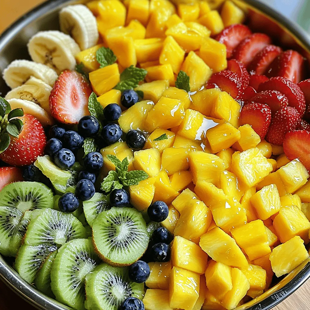 Für den besten Geschmack wähle die frischesten Früchte. Hier sind die Zutaten: - 1 reife Ananas, gewürfelt - 1 Mango, geschält und gewürfelt - 1 Papaya, geschält und gewürfelt - 1 Tasse Kiwi, in Scheiben geschnitten - 1 Banane, in Scheiben geschnitten - 1 Tasse Erdbeeren, halbiert - 1/2 Tasse Heidelbeeren Diese Früchte bringen eine bunte Mischung und viel Frische in deinen Salat. Achte darauf, dass die Früchte reif sind. Sie sollten süß und saftig sein. Das Dressing ist einfach und lecker. Du brauchst: - 1 Limette, abgerieben und ausgepresst - 2 Esslöffel Honig - 1 Esslöffel frische Minze, gehackt (zum Garnieren) Die Limette gibt dem Dressing eine frische Note. Der Honig bringt eine süße Balance. Zusammen ergeben sie das perfekte Dressing für deine Früchte. Wenn du keine Papaya magst, kannst du sie durch eine andere Frucht ersetzen. Mango und Ananas sind besonders wichtig, da sie den Salat süß und saftig machen. Achte bei der Limette darauf, dass sie frisch ist. Frische Minze verleiht dem Salat einen besonderen Geschmack. Für das beste Ergebnis, nutze die Zutaten aus der [Full Recipe]. So stellst du sicher, dass alles perfekt harmoniert. Beginne mit der Auswahl reifer Früchte. Ich empfehle, frische Ananas, Mango, Papaya, Kiwi, Banane, Erdbeeren und Heidelbeeren zu verwenden. Die Ananas würfelst du in kleine Stücke. Schäle und würfle die Mango und Papaya. Schneide die Kiwi in dünne Scheiben. Die Banane wird ebenfalls in Scheiben geschnitten. Halbiere die Erdbeeren und füge sie mit den Heidelbeeren hinzu. Gib alle geschnittenen Früchte in eine große Schüssel. Mische sie vorsichtig, um sie nicht zu zerdrücken. Diese bunten Früchte machen deinen Salat nicht nur lecker, sondern auch schön anzusehen. Für das Dressing brauchst du Limettensaft, Limettenzesten und Honig. Reibe zuerst die Limette, um die Zesten zu bekommen. Dann presse die Limette aus, um den Saft zu gewinnen. In einer kleinen Schüssel vermischst du den Limettensaft, die Zesten und den Honig. Nutze einen Schneebesen, um alles gut zu verrühren. Das Dressing sollte gut vermischt sein. Es gibt deinem Salat eine süße und saure Note, die die Frische der Früchte verstärkt. Jetzt kommt der beste Teil: das Servieren! Träufle das Honig-Limetten-Dressing gleichmäßig über die Früchte. Mische alles vorsichtig, damit die Früchte gleichmäßig bedeckt sind. Lass den Salat mindestens 30 Minuten im Kühlschrank ruhen. So können die Aromen gut durchziehen. Vor dem Servieren rühre den Salat nochmal vorsichtig um. Du kannst den Salat in einer großen Schüssel oder in einzelnen Schalen anrichten. Garniere ihn mit frischer Minze und Limettenscheiben für einen schönen Farbkontrast. Für die vollständige Anleitung und das Rezept, schau dir [Full Recipe] an. Ein häufiger Fehler ist, die Früchte zu stark zu mischen. Das kann sie zerdrücken. Mische die Zutaten sanft, um die Formen zu erhalten. Achte darauf, reife Früchte zu wählen. Unreife Früchte sind oft hart und geschmacklos. Wenn du die Limette abreibst, verwende nur die grüne Schale. Die weiße Schicht darunter ist bitter. Die Kühlzeit ist wichtig. Lass den Salat mindestens 30 Minuten im Kühlschrank ruhen. So vermischen sich die Aromen gut. Wenn du mehr Zeit hast, lasse ihn sogar zwei Stunden kühlen. Das macht den Fruchtsalat noch erfrischender. Serviere ihn gleich nach dem Kühlen, um die Frische zu genießen. Verleihe deinem Salat einen extra Kick mit Nüssen oder Kokosraspeln. Mandeln oder Cashews passen gut dazu. Du kannst auch Joghurt als Beilage servieren. Ein Klecks griechischer Joghurt macht den Salat cremiger. Für einen besonderen Touch, nutze Minze oder Limettenscheiben zur Dekoration. Diese kleinen Details machen einen großen Unterschied. Für das vollständige Rezept schaue dir die Full Recipe an. {{image_4}} Um den Geschmack noch mehr zu verbessern, füge exotische Früchte hinzu. Du kannst Drachenfrucht oder Passionsfrucht verwenden. Diese Früchte bringen Farbe und einen einzigartigen Geschmack. Sie sind perfekt für dein tropisches Erlebnis. Sei kreativ und mische verschiedene Sorten. Du wirst überrascht sein, wie gut sie harmonieren. Für Allergiker gibt es viele Optionen. Verwende zum Beispiel Erdbeeren und Kiwi, die selten Allergien auslösen. Wenn jemand auf Honig reagiert, kannst du Ahornsirup oder Agavendicksaft verwenden. Diese Alternativen bieten einen ähnlichen süßen Geschmack. Achte darauf, immer die Zutatenliste zu überprüfen. So kannst du sicherstellen, dass alle sicher genießen können. Diese Fruchtsalat-Rezept ist bereits vegan, aber du kannst es noch weiter anpassen. Statt Honig nutze einen pflanzlichen Süßstoff. Das macht das Rezept für alle zugänglich. Du kannst auch ein paar Nüsse wie Mandeln oder Cashews hinzufügen. Sie bringen einen schönen Crunch und gesunde Fette. Experimentiere mit den Zutaten, um deinen perfekten Fruchtsalat zu finden. Probier die verschiedenen Variationen aus und finde heraus, was dir am besten gefällt! Wähle einen Behälter, der dicht schließt. Glas- oder BPA-freie Kunststoffbehälter sind ideal. Diese Materialien halten den Fruchtsalat frisch. Achte darauf, dass der Behälter groß genug ist, um die Früchte nicht zu zerdrücken. Ein Behälter mit einem luftdichten Deckel ist ein Muss. So bleibt der Geschmack erhalten und die Früchte bleiben knackig. Lagere den Fruchtsalat im Kühlschrank bei 4 Grad Celsius. Stelle den Behälter auf die mittlere Ablage, nicht in die Tür. Die Tür ist oft zu warm. Wenn du den Salat zubereitest, decke ihn gut ab. So schützt du die Früchte vor Gerüchen und Feuchtigkeit. Du kannst ihn auch in Portionen aufteilen. So hast du kleine Snacks für den Tag. Der Fruchtsalat hält sich etwa 2 bis 3 Tage im Kühlschrank. Nach dieser Zeit werden die Früchte matschig. Achte auf Veränderungen der Farbe oder des Geruchs. Wenn es seltsam riecht, ist es besser, den Salat zu entsorgen. Für den besten Geschmack genieße ihn frisch. Wenn du den Salat länger aufbewahren willst, friere die Früchte ein. Dann kannst du sie später verwenden, um einen neuen Salat zu machen. Für das vollständige Rezept, schau dir das Rezept für den tropischen Paradies-Fruchtsalat an. Du machst den Tropischen Fruchtsalat, indem du frische Früchte vorsichtig vermischst. Beginne mit Ananas, Mango, Papaya, Kiwi, Banane, Erdbeeren und Heidelbeeren. Diese Früchte bringen viel Geschmack und Farbe. Mische sie in einer großen Schüssel. Bereite dann das Dressing vor. Vermenge Limettensaft, Limettenzesten und Honig in einer kleinen Schüssel. Rühre alles gut um. Gieße das Dressing über die Früchte und hebe es sanft unter. Lass den Salat für mindestens 30 Minuten im Kühlschrank ruhen. So bleiben die Früchte frisch und die Aromen ziehen gut ein. Du findest das gesamte Rezept unter Full Recipe. Wenn du keinen Honig nutzen möchtest, gibt es viele Alternativen. Du kannst Agavendicksaft verwenden. Das hat eine ähnliche Süße. Auch Ahornsirup ist eine gute Wahl. Er hat einen einzigartigen Geschmack, der gut zu den Früchten passt. Eine weitere Option ist Stevia, falls du zuckerarm kochen möchtest. Diese Alternativen sind einfach zu finden und leicht zu verwenden. Ja, du kannst den Salat im Voraus machen. Es ist eine gute Idee, ihn ein paar Stunden vor dem Servieren zuzubereiten. So können die Aromen gut einziehen. Siehe zu, dass du das Dressing erst kurz vor dem Servieren hinzufügst. Dadurch bleiben die Früchte knackig und frisch. Wenn du den Salat über Nacht lagerst, achte darauf, ihn gut abzudecken, damit er nicht austrocknet. Zusammenfassend haben wir die besten Zutaten für einen frischen Obstsalat behandelt. Du hast erfahren, wie man ein köstliches Honig-Limetten-Dressing zubereitet und welche Tipps häufige Fehler vermeiden. Außerdem gab es Variationen für jeden Geschmack und Hinweise zur richtigen Lagerung. Denke daran, dass frische Früchte und gute Lagerung den Geschmack verbessern. Mit diesen Tipps wirst du einen tollen Obstsalat zaubern. Packe ihn ein oder teile ihn mit Freunden. Viel Spaß beim Ausprobieren!