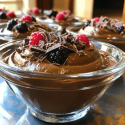 - 2 reife Avocados - 1/2 Tasse ungesüßtes Kakaopulver - 1/4 Tasse reiner Ahornsirup (oder Honig) Die Hauptzutaten sind einfach. Die reifen Avocados geben der Mousse eine cremige Textur. Kakaopulver sorgt für den tiefen Schokoladengeschmack. Ahornsirup oder Honig fügt die gewünschte Süße hinzu. Wähle reife Avocados. Du erkennst sie an der sanften Druckstelle. - 1 Teelöffel Vanilleextrakt - 1/4 Tasse Mandeldrink (oder pflanzliche Milch nach Wahl) - Eine Prise Salz - Optionale Toppings: Kakaonibs, geraspelte Zartbitterschokolade, frische Beeren oder geschlagene Kokoscreme Zusätzliche Zutaten bringen mehr Geschmack. Vanilleextrakt verstärkt das Aroma. Mandeldrink macht die Mousse leichter. Eine Prise Salz hebt die Aromen hervor. Du kannst kreativ werden mit Toppings. Kakaonibs und Beeren geben Textur und Farbe. Für ein besonderes Flair nutze Kokoscreme. Diese Zutaten machen die Mousse noch besser. Probiere die Kombinationen aus. Wenn du mehr Ideen möchtest, schau dir das Full Recipe an. Zuerst halbiere die reifen Avocados. Entferne den Kern und löffle das Fruchtfleisch in einen Mixer. Das Fruchtfleisch ist die Basis für diese Mousse. Füge dann das ungesüßte Kakaopulver, den Ahornsirup, den Vanilleextrakt, den Mandeldrink und eine Prise Salz hinzu. Diese Zutaten geben der Mousse ihren tollen Geschmack. Mische die Zutaten bei hoher Geschwindigkeit. Die Mousse wird schnell cremig. Wenn nötig, kratze die Seiten des Mixers ab. So stellst du sicher, dass alles gut vermischt ist. Probiere die Mousse und passe den Geschmack an. Füge mehr Ahornsirup oder Kakaopulver hinzu, wenn du es süßer oder schokoladiger magst. Fülle die Mousse in Dessertschalen. Stelle die Schalen für mindestens 30 Minuten in den Kühlschrank. So wird die Mousse fest und kühl. Vor dem Servieren rühre die Mousse nochmals gut um. Du kannst sie mit Toppings wie Kakaonibs, geraspelter Schokolade oder frischen Beeren dekorieren. Diese Schritte machen die Mousse zu einer gesunden und leckeren Delikatesse. Schau dir auch das Full Recipe an, um alle Details zu sehen! Um die Mousse schön cremig zu machen, benutze einen Hochgeschwindigkeitsmixer. Dieser Mixer sorgt dafür, dass die Avocados und das Kakaopulver sich gut vermischen. Wenn du fertig bist, kratze die Seiten mit einem Spatel ab. So stellst du sicher, dass alles gleichmäßig vermischt ist. Du kannst den Geschmack der Mousse ganz einfach anpassen. Füge mehr Ahornsirup hinzu, wenn du es süßer magst. Wenn du mehr Schokoladengeschmack willst, gib einfach zusätzliches Kakaopulver dazu. Probiere es aus und finde deinen perfekten Mix! Um deine Mousse noch besser zu machen, füge frische Beeren hinzu. Sie bringen Farbe und Frische. Du kannst auch einen Klecks Kokoscreme darauf geben. Das macht das Dessert noch leckerer und sieht toll aus. Sei kreativ und genieße die Vielfalt deiner Toppings! Für das vollständige Rezept sieh dir die [Full Recipe] an. {{image_4}} Du kannst die Schokoladen-Avocado-Mousse auf viele Arten aufpeppen. Eine tolle Idee ist, Erdnussbutter hinzuzufügen. Einfach einen Esslöffel Erdnussbutter in den Mixer geben. Das gibt der Mousse einen nussigen Geschmack. Alternativ kannst du frische Minze verwenden. Füge ein paar Minzblätter in den Mixer hinzu. Das sorgt für einen erfrischenden Kick. Für eine gesunde Variante kannst du Rohkost-Zutaten verwenden. Wähle reife, frische Avocados und ungesüßtes Kakaopulver. Verwende für die Süße Roh-Ahornsirup oder Datteln. Mische alles im Mixer, bis es cremig ist. So bleibt der Nährstoffgehalt hoch und der Geschmack toll. Schokoladenliebhaber haben viele Möglichkeiten. Probiere verschiedene Schokoladensorten aus. Dunkle Schokolade hat einen intensiveren Geschmack. Milchschokolade macht die Mousse süßer. Du kannst auch weiße Schokolade verwenden. Sie gibt der Mousse eine besondere Süße. Experimentiere, um deinen perfekten Geschmack zu finden. Für das komplette Rezept, schaue auf die Full Recipe. Um die Frische der Schokoladen-Avocado-Mousse zu erhalten, lagere sie in einem luftdichten Behälter. So bleibt die Mousse cremig und lecker. Vermeide den Kontakt mit Luft, da dies die Mousse austrocknen kann. Stelle den Behälter in den kältesten Teil deines Kühlschranks. Die Mousse hält sich im Kühlschrank etwa drei Tage. Um Verfärbungen zu vermeiden, decke die Oberfläche mit Frischhaltefolie ab. Die Folie sollte direkt auf die Mousse gelegt werden, um den Kontakt mit Luft zu minimieren. So bleibt die Mousse schön grün und appetitlich. Wenn du die Mousse für später aufbewahren möchtest, friere sie ein. Fülle die Mousse in einen gefrierfesten Behälter. Lass etwas Platz, da sich die Mousse beim Einfrieren ausdehnt. Vor dem Servieren lasse die Mousse im Kühlschrank auftauen. Das dauert einige Stunden, aber es lohnt sich! So hast du jederzeit eine leckere, gesunde Süßigkeit zur Hand. Avocados bringen viele Nährstoffe mit sich. Sie sind reich an gesunden Fetten, die gut für das Herz sind. Diese Fette helfen, die Mousse schön cremig zu machen. Zudem enthalten Avocados Ballaststoffe, die gut für die Verdauung sind. Sie sind auch voll mit Vitaminen, wie Vitamin E und B-Vitaminen. Das macht die Mousse nicht nur lecker, sondern auch gesund. Ja, du kannst die Mousse im Voraus machen. Es ist sogar eine gute Idee! Bereite die Mousse einfach einen Tag vorher zu. Das gibt ihr Zeit, um gut zu kühlen und die Aromen zu entwickeln. Fülle die Mousse in luftdichte Behälter. So bleibt sie frisch. Vor dem Servieren, rühre die Mousse einfach nochmal gut um. Ja, diese Mousse ist glutenfrei. Alle Zutaten sind von Natur aus frei von Gluten. Achte darauf, dass der verwendete Mandeldrink und der Ahornsirup ebenfalls glutenfrei sind. So kannst du sicher sein, dass die Mousse für alle geeignet ist, die glutenfrei essen müssen. Wenn du die Süße der Mousse anpassen möchtest, gibt es viele Optionen. Du kannst weniger Ahornsirup verwenden. Ein weiterer guter Tipp ist, ungesüßtes Kakaopulver hinzuzufügen. Das gibt der Mousse mehr Schokoladengeschmack, ohne die Süße zu erhöhen. Probiere es aus und finde den perfekten Geschmack für dich! Schokoladen-Avocado-Mousse ist einfach und gesund. Die Hauptzutaten sind Avocados, Kakaopulver und Ahornsirup. Du kannst die Mousse leicht anpassen und mit verschiedenen Toppings verfeinern. Die Zubereitung ist schnell, und das Kühlverfahren macht sie perfekt für den Genuss. Es gibt viele kreative Variationen, die du ausprobieren kannst. Denke daran, die Mousse gut zu lagern, damit sie frisch bleibt. Jetzt bist du bereit, dieses leckere Rezept selbst auszuprobieren!
