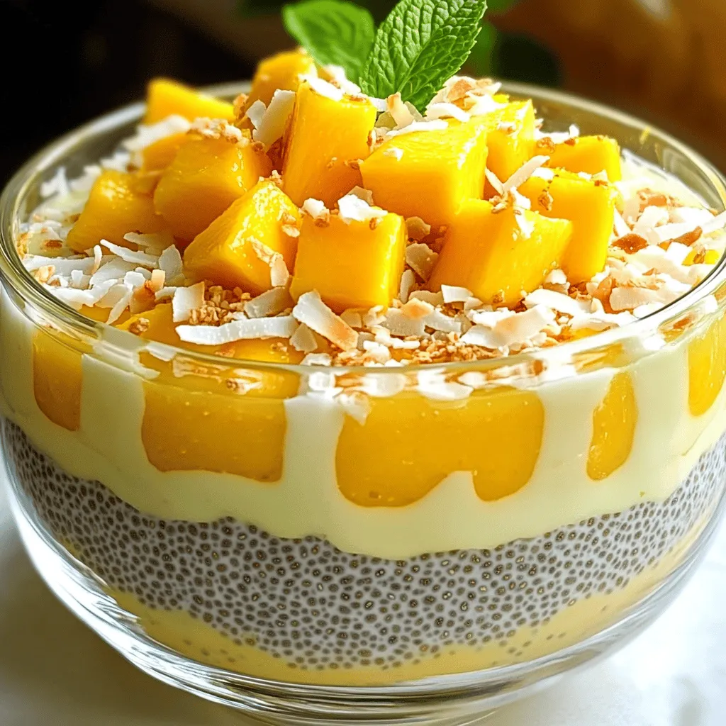 Für dieses leckere Rezept brauchst du: - 1/2 Tasse Chiasamen - 2 Tassen Kokosmilch (aus der Dose oder Tetrapak) - 1/4 Tasse Honig oder Ahornsirup (nach Geschmack anpassen) - 1 reife Mango, geschält und gewürfelt - 1/2 Teelöffel Vanilleextrakt - Eine Prise Salz Diese Zutaten sorgen für eine cremige und fruchtige Basis. Chiasamen sind die Stars dieses Desserts. Sie quellen auf und geben dem Pudding eine tolle Textur. Die Kokosmilch macht das Ganze schön reichhaltig und lecker. Mango bringt eine süße, frische Note. Um deinen Pudding noch besser zu machen, kannst du ihn dekorieren. Hier sind einige Ideen: - Geröstete Kokosraspel (für einen knackigen Biss) - Frische Minzblätter (für einen Farbklecks und Frische) - Weitere Früchte wie Beeren oder Bananen (für mehr Vielfalt) Diese Toppings machen deinen Pudding nicht nur schöner, sondern auch leckerer. Jede Zutat bringt viele Nährstoffe mit. Hier sind einige Vorteile: - Chiasamen sind reich an Ballaststoffen und Omega-3-Fettsäuren. - Kokosmilch enthält gesunde Fette, die gut für die Haut sind. - Mango ist voll von Vitaminen, besonders Vitamin C. Mit diesem Rezept genießt du nicht nur einen tollen Geschmack, sondern auch viele Nährstoffe. Du kannst das Rezept auch als gesunden Snack oder Frühstück nutzen. Probiere es aus und entdecke die Freude an diesem Mango Kokos Chia Pudding! Um den Mango Kokos Chia Pudding zu machen, beginne mit einer mittelgroßen Schüssel. Füge 1/2 Tasse Chiasamen hinzu. Gieße 2 Tassen Kokosmilch in die Schüssel. Süße die Mischung mit 1/4 Tasse Honig oder Ahornsirup. Dann füge 1/2 Teelöffel Vanilleextrakt und eine kleine Prise Salz hinzu. Mische alles gut mit einem Schneebesen. Lass die Mischung für etwa 5 Minuten stehen. Rühre erneut um, um Klumpen zu vermeiden. Decke die Schüssel ab und stelle sie in den Kühlschrank. Lass die Mischung dort für mindestens 4 Stunden oder über Nacht. Diese Zeit hilft den Chiasamen, die Flüssigkeit aufzusaugen. Der Pudding wird dick und cremig. Die Konsistenz sollte puddingartig sein, wenn du ihn herausnimmst. Teile den Chia-Pudding in Portionsschalen oder Gläser auf. Bedecke jede Portion mit den gewürfelten Mangos. Streue einige geröstete Kokosraspel darüber. Diese geben einen schönen Crunch. Garniere das Dessert mit frischen Minzblättern. Diese bringen Farbe und Frische. Serviere den Pudding in transparenten Gläsern für eine schöne Präsentation. So kannst du die hübschen Schichten sehen. Du kannst das vollständige Rezept hier finden: [Full Recipe]. Einer der häufigsten Fehler beim Chia-Pudding ist, dass die Chiasamen nicht richtig quellen. Um das zu verhindern, mischen Sie die Zutaten gut. Lassen Sie die Mischung nach dem ersten Rühren fünf Minuten stehen. Dann rühren Sie nochmals um. So verhindern Sie Klumpen. Achten Sie darauf, die Mischung im Kühlschrank für mindestens vier Stunden ruhen zu lassen. Wenn Sie sie nicht lange genug kühlen, bleibt sie flüssig. Die Süße können Sie leicht anpassen. Verwenden Sie mehr oder weniger Honig oder Ahornsirup. Schmecken Sie die Mischung an, bevor Sie sie kühlen. Wenn Sie die Aromen variieren möchten, probieren Sie Kokosnusszucker oder Agavendicksaft. Auch ein Spritzer Zitrone kann die Frische erhöhen. Kombinieren Sie auch Gewürze wie Zimt oder Kardamom für einen besonderen Kick. Präsentation ist wichtig! Servieren Sie den Pudding in klaren Gläsern. So sehen die Schichten toll aus. Fügen Sie die gewürfelte Mango als oberste Schicht hinzu. Dekorieren Sie mit gerösteten Kokosraspeln für einen knusprigen Biss. Frische Minzblätter machen das Dessert farbenfroh und einladend. Diese kleinen Details machen einen großen Unterschied! Nutzen Sie diese Tipps, um Ihren Mango Kokos Chia Pudding besonders zu machen. Wenn Sie mehr Informationen brauchen, schauen Sie sich das Full Recipe an. {{image_4}} Für eine vegane Version des Mango Coconut Chia Pudding ersetzen Sie den Honig durch Agavendicksaft. Agavendicksaft hat einen milden Geschmack und sorgt für die nötige Süße. Sie können auch einen pflanzlichen Joghurt hinzufügen, um eine cremigere Textur zu erhalten. Verwenden Sie zudem Kokosmilch aus der Dose oder Tetrapak. Diese ist oft reichhaltiger und cremiger als andere pflanzliche Milchsorten. Mango ist wunderbar, aber Sie können auch andere Früchte verwenden! Probieren Sie Ananas, Himbeeren oder Erdbeeren. Diese Früchte bringen frische und süße Aromen. Wenn Sie eine exotische Note wollen, fügen Sie einen Spritzer Limettensaft hinzu. Dies bringt den Geschmack der Früchte noch mehr zur Geltung. Für mehr Textur können Sie die Früchte ganz lassen oder in Stücke schneiden. Nutzen Sie saisonale Zutaten! Im Sommer sind frische Beeren eine tolle Wahl. Im Herbst können Sie Kürbis oder Äpfel verwenden. Diese bringen neue Geschmäcker und Farben in Ihr Dessert. Sie können auch Gewürze wie Zimt oder Muskatnuss hinzufügen. Diese verleihen dem Pudding eine warme Note und passen gut zu vielen Früchten. So bleibt Ihr Mango Coconut Chia Pudding immer spannend und lecker. Um deinen Mango Kokos Chia Pudding frisch zu halten, solltest du ihn in einem luftdichten Behälter aufbewahren. Das schützt ihn vor Gerüchen und sorgt dafür, dass die Textur bleibt. Lege die Schalen oder Gläser mit dem Pudding einfach in den Kühlschrank. So bleibt er kühl und lecker. Im Kühlschrank hält sich der Pudding bis zu fünf Tage. Achte darauf, dass er gut abgedeckt ist. Wenn du ihn länger aufbewahren willst, kannst du ihn einfrieren. Im Gefrierschrank bleibt er bis zu drei Monate frisch. Vergiss nicht, ihn vor dem Servieren im Kühlschrank aufzutauen. Vor dem Servieren ist es wichtig, den Pudding gut umzurühren. Die Chiasamen können sich setzen, und das kann die Konsistenz beeinflussen. Rühre einfach mit einem Löffel durch den Pudding, um ihn cremig zu machen. Füge eventuell etwas zusätzliche Kokosmilch hinzu, um die Textur zu verbessern. So schmeckt er immer frisch und lecker. Du kannst den Chia-Pudding bis zu fünf Tage im Kühlschrank aufbewahren. Achte darauf, ihn in einem luftdichten Behälter zu lagern. So bleibt er frisch und lecker. Wenn du die Schichten schön siehst, empfehle ich, ihn in transparenten Gläsern zu halten. Ja, das ist möglich! Du kannst die Chiasamen in Wasser oder Kokosmilch quellen lassen. Lass sie etwa 15 bis 30 Minuten stehen. So wird die Textur weicher. Es hilft, die Samen gleichmäßig in der Mischung zu verteilen. Auf jeden Fall! Du kannst viele Früchte nutzen. Probier Ananas, Beeren oder Bananen. Jede Frucht bringt ihren eigenen Geschmack. Mixe verschiedene Früchte für mehr Vielfalt. Das macht das Dessert noch interessanter. Für weitere Ideen, schau dir das [Full Recipe] an. Zusammenfassend haben wir die wichtigsten Zutaten für Mango Kokos Chia Pudding besprochen. Die Schritt-für-Schritt-Anleitung hilft dir, das Dessert perfekt zu machen. Tipps und Tricks helfen, häufige Fehler zu vermeiden und die Süße anzupassen. Variationen bieten dir kreative Möglichkeiten, und wir haben hilfreiche Aufbewahrungshinweise gegeben. Dieser Pudding ist nicht nur lecker, sondern auch gesund. Probiere es aus und finde deine Lieblingskombination!