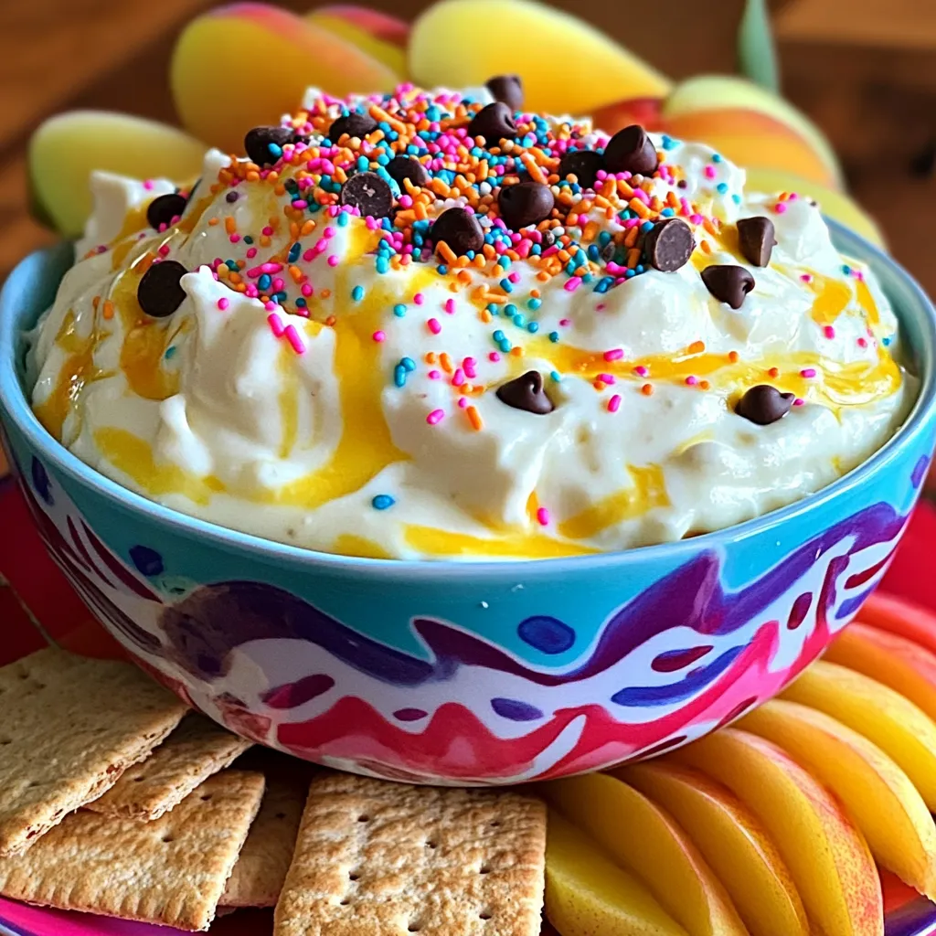 Die Hauptzutaten für den Dunkaroo Dip sind einfach und lecker. Ich empfehle: - 1 Tasse Vanillejoghurt - 1/2 Tasse weicher Frischkäse - 1/4 Tasse Puderzucker - 1 Teelöffel Vanilleextrakt - 1/4 Teelöffel Mandelextrakt (optional) - 1/2 Tasse Streusel (Funfetti oder bunte Sorten) - 1 Esslöffel Schokoladenstückchen (zur Dekoration) - Graham-Cracker, Obst oder Kekse zum Dippen Diese Zutaten machen den Dip cremig und süß. Der Vanillejoghurt bringt Frische, während der Frischkäse für die perfekte Konsistenz sorgt. Für mehr Geschmack kannst du einige zusätzliche Zutaten hinzufügen. Hier sind einige Ideen: - Statt Vanillejoghurt kannst du auch griechischen Joghurt verwenden. - Füge ein paar Esslöffel Erdnussbutter hinzu für einen nussigen Geschmack. - Probiere verschiedene Streusel für einen anderen Look oder Geschmack aus. Diese Optionen geben dir die Freiheit, deinen eigenen Twist hinzuzufügen. So wird der Dunkaroo Dip noch interessanter. Wähle frische und hochwertige Zutaten. Achte darauf, dass der Frischkäse weich ist. Das macht das Mixen leichter. Der Joghurt sollte cremig sein, um die richtige Konsistenz zu erreichen. Wenn du die Streusel kaufst, wähle bunte, qualitativ hochwertige Varianten. Das sorgt für mehr Spaß und Farbe im Dip. Mit diesen Tipps kannst du sicher sein, dass dein Dunkaroo Dip großartig schmeckt und aussieht. Du kannst das vollständige Rezept für eine detaillierte Anleitung finden. Zuerst stelle alle Zutaten bereit. Du brauchst Vanillejoghurt, Frischkäse, Puderzucker und Vanilleextrakt. Wenn du magst, füge Mandelextrakt hinzu. Du benötigst auch Streusel und Schokoladenstückchen. Denke daran, Graham-Cracker oder Obst zum Dippen bereitzustellen. Es ist wichtig, die Zutaten vorzubereiten, damit der Mix schnell geht. Nimm eine große Rührschüssel. Gib den weichen Frischkäse und den Puderzucker hinein. Mische alles mit einem elektrischen Handmixer. Mische bei mittlerer Geschwindigkeit für etwa zwei Minuten. Die Mischung sollte glatt und cremig sein. Füge den Vanillejoghurt und den Vanilleextrakt dazu. Wenn du Mandelextrakt verwendest, kommt der auch jetzt rein. Mixe alles bei niedriger Geschwindigkeit für eine weitere Minute. Jetzt hast du eine leckere, cremige Basis. Jetzt kommen die Streusel. Hebe sie vorsichtig mit einem Spatel unter. Sei sanft, damit die Streusel nicht zerbrechen. Das gibt deinem Dip Farbe und Knusprigkeit. Übertrage den Dip in eine schöne Servierschüssel. Hier kommt der Spaß! Streue zusätzliche Streusel und die Schokoladenstückchen oben drauf. Das sieht toll aus und macht den Dip noch leckerer. Lass den Dip für mindestens 30 Minuten im Kühlschrank. So vermischen sich die Aromen gut. Danach ist er bereit zum Servieren. Genieße den Dip mit Graham-Crackern, frischem Obst oder Keksen. Es wird ein Hit auf jeder Party sein! Ein paar Fehler können den perfekten Dunkaroo Dip ruinieren. Ein häufiger Fehler ist, den Frischkäse nicht weich genug zu machen. Stelle sicher, dass du ihn vorher herausnimmst, damit er Raumtemperatur hat. Das macht das Mischen viel einfacher. Ein weiterer Fehler ist, die Streusel zu stark zu mischen. Füge sie am Ende hinzu und hebe sie vorsichtig unter. So bleiben sie schön knusprig. Die ideale Konsistenz ist cremig und leicht fluffig. Wenn dein Dip zu dick ist, füge einen Esslöffel Vanillejoghurt hinzu. Wenn er zu flüssig ist, mische mehr Frischkäse ein. Mixe alles gut, aber übertreibe es nicht. Zu viel Mixen kann die Luftigkeit rauben. Du kannst viele gesunde Alternativen zum Dippen nutzen. Statt Keksen oder Graham-Crackern probiere frisches Obst. Äpfel, Birnen und Erdbeeren passen wunderbar. Außerdem kannst du Gemüsesticks wie Karotten oder Sellerie verwenden. Diese Optionen sind lecker und helfen dir, etwas gesünder zu snacken. {{image_4}} Ich liebe die schokoladige Variante des Dunkaroo Dips. Fügen Sie einfach 1/4 Tasse Kakaopulver hinzu. Mixen Sie es gut mit dem Frischkäse. Dies macht den Dip reichhaltig und schokoladig. Sie können auch Schokoladenstückchen unterheben. Diese Variante wird sicher alle Schokoladenliebhaber begeistern. Für eine fruchtige Note probieren Sie frische Früchte. Fügen Sie 1/2 Tasse pürierte Erdbeeren oder Himbeeren hinzu. Das bringt Farbe und Geschmack in den Dip. Auch kleine Stücke von Ananas oder Mango passen gut. Diese Zutaten machen den Dip frischer und leichter. Perfekt für warme Tage! Seien Sie kreativ und probieren Sie neue Aromen. Fügen Sie beispielsweise einen Teelöffel Zimt hinzu. Oder verwenden Sie Erdnussbutter für einen nussigen Geschmack. Sie können auch Kokosraspeln einrühren für einen tropischen Flair. Die Möglichkeiten sind endlos! Genießen Sie, was Ihnen gefällt und experimentieren Sie. Um den Dunkaroo Dip frisch zu halten, bewahre ihn in einem luftdichten Behälter auf. Stelle sicher, dass der Behälter gut verschlossen ist. So bleibt der Dip cremig und lecker. Du kannst den Dip bis zu fünf Tage im Kühlschrank lagern. Er wird mit der Zeit noch besser, da die Aromen sich vermischen. Die Haltbarkeit des Dips ist wichtig. Wenn du ihn richtig lagerst, bleibt er bis zu einer Woche genießbar. Achte darauf, keine anderen Lebensmittel im Behälter zu lagern. Dies kann den Geschmack beeinflussen. Rieche vor dem Essen daran. Wenn der Dip schlecht riecht oder anders aussieht, wirf ihn weg. Du kannst den Dunkaroo Dip auch einfrieren. Fülle ihn in einen gefrierfesten Behälter und lasse etwas Platz oben, da sich die Mischung beim Gefrieren ausdehnt. Du kannst ihn bis zu drei Monate im Gefrierfach aufbewahren. Wenn du bereit bist, ihn zu essen, tau ihn im Kühlschrank über Nacht auf. Rühre ihn vor dem Servieren gut durch. So wird der Dip wieder schön cremig. Dunkaroo Dip ist ein cremiger, süßer Dip. Er stammt aus den 90er Jahren. Die Kinder liebten es, ihn mit Keksen zu essen. Der Dip hat einen tollen Geschmack von Vanille und bunten Streuseln. Es ist einfach, ihn zu Hause zu machen. Viele teilen das Rezept online. Es wird oft bei Feiern und Partys serviert. Ja, du kannst den Dunkaroo Dip vegan machen. Ersetze den Frischkäse durch veganen Frischkäse. Nutze pflanzlichen Joghurt anstelle von Vanillejoghurt. Achte darauf, dass der Puderzucker vegan ist. Mit diesen einfachen Änderungen bleibt der Geschmack lecker. Du kannst den Dunkaroo Dip bis zu zwei Tage im Voraus machen. Stelle sicher, dass du ihn gut im Kühlschrank aufbewahrst. So bleiben die Aromen frisch. Vor dem Servieren rühre ihn gut durch. Das macht ihn wieder cremig und lecker. Im Blogpost haben wir die wichtigsten Zutaten für Dunkaroo Dip besprochen. Ich gab Tipps zur Zubereitung und Variationen. Diese helfen, den Dip an deinen Geschmack anzupassen. Du kannst gesunde Alternativen nutzen und häufige Fehler vermeiden. Denke daran, wie lange der Dip haltbar ist und wie du ihn richtig lagerst. Dunkaroo Dip macht Spaß und ist einfach zu machen. Probiere ihn aus und entdecke neue Geschmäcker!