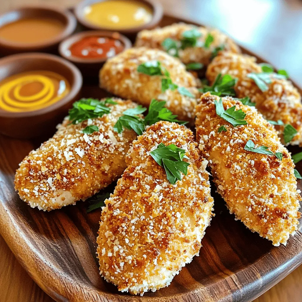 Für knusprige Parmesan Chicken Tenders brauchst du frische und einfache Zutaten. Hier sind die Hauptzutaten: - 450 g Hähnchenteile (Hähnchenbrust oder -tender) - 120 g Weizenmehl - 2 große Eier - 120 g Paniermehl (am besten Panko für extra Knusprigkeit) - 50 g geriebener Parmesan - 1 Esslöffel Knoblauchpulver - 1 Esslöffel Zwiebelpulver - 1 Teelöffel Paprika - Salz und frisch gemahlener Pfeffer nach Geschmack - 120 ml Buttermilch (oder normale Milch mit 1 Teelöffel Essig) - Olivenöl-Spray Diese Zutaten sorgen für einen tollen Geschmack und eine knusprige Textur. Die Gewürze machen das Gericht besonders lecker. Knoblauchpulver und Zwiebelpulver bringen viel Aroma. Paprika gibt eine süße Note und eine schöne Farbe. Salz und Pfeffer runden den Geschmack ab. Die Kombination von Parmesan mit diesen Gewürzen bringt ein herzhaftes Aroma. Wenn du keine Buttermilch hast, kannst du einfach Milch mit Essig verwenden. Das gibt einen ähnlichen Effekt. Anstelle von Panko kannst du auch normales Paniermehl nutzen, aber Panko ist knuspriger. Wenn du eine milde Variante willst, lass den Paprika weg. Du kannst auch andere Käsesorten verwenden, wie Cheddar oder Gouda. Diese Alternativen geben dir die Freiheit, das Rezept nach deinem Geschmack anzupassen. Für die vollständige Anleitung, schau dir [Full Recipe] an. Bevor du beginnst, wasche die Hähnchenteile gut. Trockne sie mit einem Papiertuch ab. Das hilft der Panade, besser zu haften. Schneide das Hähnchen in gleich große Stücke. So garen sie gleichmäßig. Verwende Hähnchenbrust oder -tender, je nach Vorliebe. Richte drei flache Schalen ein. In der ersten Schale kommt das Weizenmehl mit Gewürzen. In der zweiten Schale vermischst du die Eier mit Buttermilch. Die dritte Schale enthält das Paniermehl und den Parmesan. Wälze das Hähnchen zuerst im Mehl, dann in der Eimischung und schließlich in der Panade. Drücke die Panade gut an, damit sie fest sitzt. Heize den Ofen auf 220 °C vor. Lege die panierten Hähnchentender auf ein Backblech mit Backpapier. Sprühe etwas Olivenöl-Spray darauf. So wird die Panade knusprig. Backe die Hähnchentender für 15 bis 20 Minuten. Wende sie nach der Hälfte der Zeit für eine gleichmäßige Bräunung. Sie sind fertig, wenn sie goldbraun sind. Lass sie kurz abkühlen, bevor du sie servierst. Um die perfekte Knusprigkeit zu erzielen, ist die Technik entscheidend. Achte darauf, dass das Hähnchen gut trocken ist, bevor du mit dem Panieren beginnst. Feuchtigkeit macht die Panade matschig. Verwende auch Olivenöl-Spray, um die Oberseite leicht zu besprühen. Das hilft, eine goldene Kruste zu bilden. Backe die Hähnchentender in einem heißen Ofen. Ein guter Tipp ist, die Hähnchentender einmal zu wenden, damit sie gleichmäßig braun werden. Panko ist eine großartige Wahl für knusprige Hähnchentender. Es hat eine gröbere Textur als normales Paniermehl. Diese Textur sorgt für mehr Luftigkeit und Knusprigkeit. Wenn du normales Paniermehl verwendest, wird das Ergebnis weniger knusprig sein. Panko nimmt auch weniger Fett auf, was die Tenders leichter macht. Probiere beide Varianten aus, um zu sehen, was dir besser gefällt. Du kannst dieses Rezept leicht anpassen, um verschiedene Geschmäcker zu treffen. Füge etwas Cayennepfeffer für einen scharfen Kick hinzu. Oder mische frische Kräuter, wie Thymian oder Oregano, in die Panade. Für eine asiatische Note kannst du Sesamkörner und Sojasauce verwenden. Sei kreativ und finde deine Lieblingskombination! {{image_4}} Umknusprige Parmesan Chicken Tenders eine mediterrane Note zu geben, füge frische Kräuter hinzu. Verwende zum Beispiel Oregano, Thymian oder Rosmarin. Zerhacke die Kräuter fein und mische sie mit dem Paniermehl und Parmesan. Diese Mischung bringt viel Geschmack und ein tolles Aroma. Du kannst auch etwas Zitronenabrieb hinzufügen, um Frische zu schenken. Für eine scharfe Note mische etwas Cayennepfeffer in die gewürzte Mehlmischung. Ein Teelöffel reicht oft aus, aber du kannst nach Geschmack anpassen. Diese Variante gibt den knusprigen Hähnchentender einen leckeren Kick. Serviere sie mit einer kühlen Joghurtsauce, um die Schärfe auszugleichen. Wenn du eine vegetarische Option suchst, probiere Zucchini oder Auberginen. Schneide das Gemüse in Streifen oder Scheiben und folge dem gleichen Panierprozess wie bei dem Hähnchen. Diese Alternativen sind ebenso knusprig und lecker. Sie bieten dir eine gesunde und schmackhafte Option. Für das Grundrezept und mehr Details siehe [Full Recipe]. Bewahre die knusprigen Parmesan Chicken Tenders in einem luftdichten Behälter auf. So bleiben sie frisch. Stelle sicher, dass sie abgekühlt sind, bevor du sie einlegst. Du kannst sie bis zu drei Tage im Kühlschrank lagern. Lege ein Papiertuch zwischen die Tenders und den Deckel. Das hilft, Feuchtigkeit zu reduzieren und die Knusprigkeit zu erhalten. Wenn du die Hähnchentender länger aufbewahren möchtest, friere sie ein. Lege sie zuerst auf ein Backblech, damit sie nicht zusammenkleben. Nach ein paar Stunden kannst du sie in einen Gefrierbeutel umfüllen. So bleiben sie bis zu drei Monate haltbar. Vergiss nicht, das Datum auf den Beutel zu schreiben. Um die Hähnchentender wieder aufzuwärmen, benutze den Ofen für das beste Ergebnis. Heize den Ofen auf 190 °C vor. Lege die Tenders auf ein Backblech und backe sie für etwa 10 bis 15 Minuten. So bleiben sie knusprig. Du kannst auch eine Pfanne mit etwas Öl nutzen, um sie kurz zu braten. Das gibt ihnen einen frischen, knusprigen Biss. Die Hähnchentender sind im Kühlschrank bis zu drei Tage haltbar. Stelle sie in einen luftdichten Behälter. So bleiben sie frisch. Wenn du sie länger aufbewahren willst, friere sie ein. Im Gefrierfach halten sie bis zu drei Monate. Achte darauf, sie gut zu verpacken, damit sie keinen Frostgeschmack annehmen. Ja, du kannst die Hähnchentender im Voraus vorbereiten. Bereite sie bis zur Panierung vor und lege sie dann auf ein Backblech. Decke das Blech mit Frischhaltefolie ab und lagere es im Kühlschrank. Du kannst sie auch nach dem Panieren einfrieren. So hast du immer eine schnelle Mahlzeit bereit. Zu den knusprigen Parmesan Hähnchentendern passen viele Beilagen. Ich empfehle: - Ein einfacher grüner Salat - Pommes frites oder Süßkartoffelpommes - Gemüse-Sticks mit Dip - Reis oder Quinoa - Pasta mit einer leichten Sauce Diese Beilagen ergänzen die Aromen der Hähnchentender perfekt. Crispy Parmesan Chicken Tenders sind einfach zuzubereiten und köstlich. Wir haben die besten Zutaten, Gewürze und Alternativen besprochen. Die Schritt-für-Schritt-Anleitung macht das Kochen leicht. Tipps zur perfekten Knusprigkeit helfen dir, die besten Ergebnisse zu erzielen. Du kannst auch köstliche Variationen ausprobieren und die Reste richtig lagern. Mit den FAQs hast du alle Antworten. Versuch es, und genieße ein leckeres Gericht!