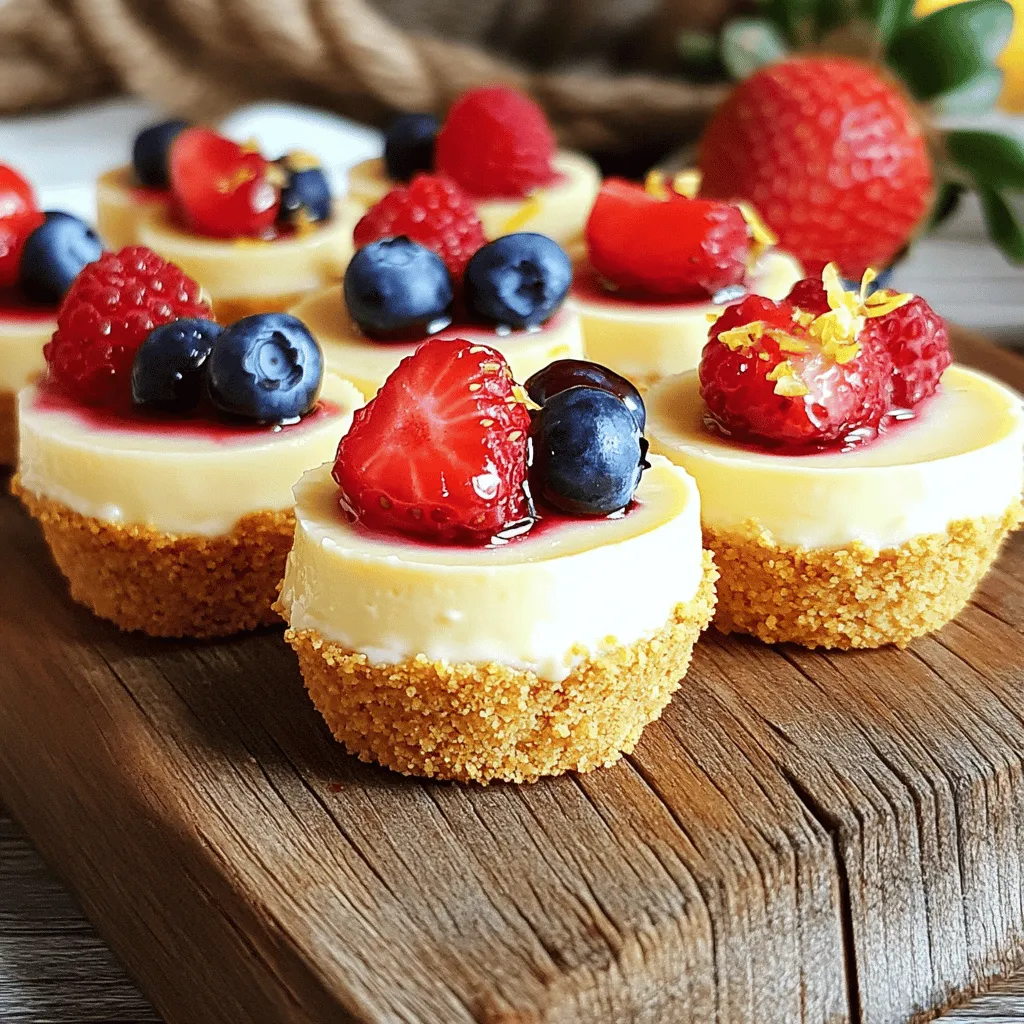 Für die Mini Käsekuchen Bites brauchst du einige einfache Zutaten, die du leicht findest. Hier ist die Liste: - 1 Tasse zerstoßene Graham-Cracker - 4 Esslöffel ungesalzene Butter, geschmolzen - 2 Tassen Frischkäse, weich - 1/2 Tasse Zucker - 1 Teelöffel Vanilleextrakt - 2 große Eier - 1 Tasse saure Sahne - 1/4 Tasse frischer Zitronensaft - Frische Beeren (Erdbeeren, Heidelbeeren, Himbeeren) zur Dekoration Diese Zutaten sorgen dafür, dass die Käsekuchen Bites cremig und lecker sind. Der Frischkäse gibt den Käsekuchen den typischen Geschmack. Die Graham-Cracker bieten eine knusprige Kruste, die gut schmeckt. Falls du keine Graham-Cracker hast, kannst du auch andere Kekse verwenden. Butterkekse oder Digestive-Kekse sind gute Alternativen. Wenn du keinen Frischkäse magst, gibt es auch Quark oder Ricotta. Diese variieren den Geschmack, bleiben aber lecker. Für eine weniger süße Option, verwende weniger Zucker oder ersetze ihn durch Honig. Frische Zutaten machen den besten Geschmack. Achte darauf, dass der Frischkäse weich ist, bevor du ihn verwendest. So vermischt er sich besser. Wenn du frische Beeren verwendest, wasche sie gründlich. Sie bringen Frische und Farbe auf die Bites. Für einen besonderen Kick kannst du die Beeren leicht zerdrücken und über die Käsekuchen Bites geben. Das macht sie noch schmackhafter. Wenn du mehr über das Rezept erfahren möchtest, schau dir das Full Recipe an. Zuerst heizen Sie den Ofen auf 160°C vor. Nehmen Sie ein Mini-Muffinblech und legen Sie Papierförmchen hinein. Dies hält die Käsekuchen-Bites zusammen und hilft beim Servieren. Bereiten Sie alle Zutaten vor, sodass sie griffbereit sind. So machen Sie den Prozess einfach und schnell. In einer mittleren Schüssel vermengen Sie die zerstoßenen Graham-Cracker mit der geschmolzenen Butter. Rühren Sie gut um, bis die Krümel gleichmäßig bedeckt sind. Nehmen Sie etwa 1 Esslöffel der Mischung und drücken Sie ihn in den Boden jedes Muffinförmchens. Achten Sie darauf, dass die Kruste fest sitzt. So erhält jeder Biss eine schöne Struktur. Jetzt kommt der spannende Teil. In einer großen Schüssel schlagen Sie den weichen Frischkäse mit einem Mixer glatt. Fügen Sie den Zucker nach und nach hinzu, bis alles cremig ist. Rühren Sie den Vanilleextrakt ein. Geben Sie die Eier einzeln dazu und schlagen Sie gut weiter. Danach kommen die saure Sahne und der Zitronensaft dazu. Rühren Sie, bis die Masse ganz glatt ist. Diese Füllung macht die Käsekuchen-Bites so lecker und cremig. Gießen Sie die Käsekuchen-Masse gleichmäßig über die Krusten. Füllen Sie jede Tasse zu drei Vierteln. Backen Sie die Bites 18-20 Minuten lang. Die Ränder sollten fest, die Mitte aber noch leicht wackelig sein. Schalten Sie den Ofen danach aus und lassen Sie die Käsekuchen-Bites für 10 Minuten im Ofen abkühlen. Nehmen Sie sie heraus und lassen Sie sie bei Raumtemperatur abkühlen. Danach stellen Sie sie für mindestens 2 Stunden in den Kühlschrank. Diese Kühlzeit sorgt dafür, dass die Bites fest werden. Vor dem Servieren dekorieren Sie jeden Biss mit frischen Beeren. So sehen sie toll aus und schmecken frisch! Für das vollständige Rezept schauen Sie sich bitte die [Full Recipe] an. Ein häufiger Fehler ist, den Käsekuchen zu lange zu backen. Achten Sie darauf, dass die Mitte noch leicht wackelig bleibt. So bleibt die Füllung schön cremig. Ein weiterer Fehler ist, die Mischung nicht gut zu verrühren. Mischen Sie die Zutaten, bis sie ganz glatt sind, um Klumpen zu vermeiden. Manchmal verwenden Leute kalten Frischkäse, was die Mischung schwer macht. Stellen Sie sicher, dass der Frischkäse weich ist, bevor Sie ihn verwenden. Für eine perfekte Konsistenz sollten Sie die Eier einzeln einrühren. Dies hilft, eine gleichmäßige Mischung zu bekommen. Fügen Sie die saure Sahne und den Zitronensaft erst zum Schluss hinzu. Diese Zutaten machen die Füllung frisch und leicht. Verwenden Sie einen elektrischen Mixer für die besten Ergebnisse. Mixen Sie die Mischung nur so lange, bis alles gut vermischt ist, aber nicht zu lange, um Luftblasen zu vermeiden. Die Dekoration macht Ihre Mini Käsekuchen Bites besonders. Frische Beeren sind eine tolle Wahl. Sie fügen Farbe und Geschmack hinzu. Sie können auch Schokoladensauce oder Karamellsoße verwenden. Ein Spritzer Sahne auf jedem Käsekuchen sieht nett aus. Für einen festlichen Look können Sie Minzblätter hinzufügen. Experimentieren Sie mit verschiedenen Toppings, um Ihre eigenen Kreationen zu machen. {{image_4}} Mini Cheesecake Bites sind sehr vielseitig. Sie können die Füllung leicht anpassen. Für Schokoladenliebhaber mischen Sie einfach geschmolzene Schokolade in die Käsekuchenmasse. Das gibt jedem Biss einen reichen, schokoladigen Geschmack. Karamell ist eine weitere tolle Option. Fügen Sie Karamellsauce in die Füllung hinzu oder träufeln Sie sie oben drauf. Diese Variationen machen die Bites spannend und lecker. Wenn Sie nach veganen oder glutenfreien Optionen suchen, ist das auch einfach. Ersetzen Sie den Frischkäse durch einen veganen Frischkäse. Verwenden Sie anstelle der Eier einen Mix aus Leinsamen und Wasser. Für die Kruste nutzen Sie glutenfreie Kekse oder gemahlene Mandeln. Diese Anpassungen machen die Mini Cheesecake Bites für alle zugänglich. Saisonale Variationen bringen frischen Wind in Ihr Rezept. Im Herbst können Sie Zimt, Muskat oder Kürbispüree hinzufügen. Diese Gewürze sorgen für ein warmes, gemütliches Gefühl. Im Sommer passen frische Beeren perfekt. Fügen Sie Himbeeren oder Heidelbeeren zur Füllung hinzu. Sie bringen eine fruchtige Note und Farbe auf Ihren Tisch. Für die vollständige Anleitung schauen Sie sich das Full Recipe an. Um die Mini Käsekuchen Bites frisch zu halten, lege sie in einen luftdichten Behälter. Achte darauf, dass die Bites nicht übereinander liegen. Wenn du eine Schichtpapier zwischen die Bites legst, verhindert das ein Ankleben. Stelle den Behälter in den Kühlschrank. So bleiben sie bis zu fünf Tage frisch. Das Einfrieren ist eine gute Option. Du kannst die Bites einfach in einem luftdichten Behälter einfrieren. Stelle sicher, dass du sie vor dem Einfrieren in Frischhaltefolie wickelst. So verhinderst du Gefrierbrand. Die Bites bleiben bis zu drei Monate gefroren. Zum Auftauen, lege sie einfach in den Kühlschrank. Die Haltbarkeit der Mini Käsekuchen Bites ist gut. Wenn du Reste hast, verwende sie schnell. Die besten Reste sind lecker in einem Dessert-Trifle oder als Snack. Du kannst sie auch über eine Portion Joghurt streuen. So gibst du deinem Frühstück einen besonderen Kick. Mini Käsekuchen Bites halten sich gut im Kühlschrank. Sie bleiben frisch für etwa 4 bis 5 Tage. Lagern Sie sie in einem luftdichten Behälter. So schützen Sie die Bites vor Gerüchen und Feuchtigkeit. Ja, Sie können die Käsekuchen Bites im Voraus machen. Bereiten Sie sie bis zu zwei Tage vorher vor. Kühlen Sie sie bis zum Servieren im Kühlschrank. Sie schmecken auch nach ein paar Tagen noch lecker. Frische Beeren sind die beste Wahl für Mini Käsekuchen Bites. Erdbeeren, Heidelbeeren und Himbeeren sind besonders beliebt. Diese Beeren fügen einen fruchtigen Geschmack hinzu. Ihre Farben machen die Bites auch schöner. Mini Käsekuchen Bites sind in vielen Bäckereien und Cafés erhältlich. Auch einige Supermärkte bieten sie an. Wenn Sie eine spezielle Sorte suchen, fragen Sie den Bäcker. Manchmal machen sie sie frisch auf Bestellung. Mini Käsekuchen Bites sind einfach und lecker. Wir haben die besten Zutaten und Zubereitungstipps geteilt. Wichtig sind die richtigen Schritte für die Kruste und Füllung. Vermeide häufige Fehler, um die perfekte Konsistenz zu erreichen. Denke an Variationen für jeden Geschmack. Lagere die Bites richtig, um sie frisch zu halten. Mit unseren Tipps kannst du diese Leckereien mühelos zubereiten und genießen. Jetzt bist du bereit, deine eigenen Mini Käsekuchen Bites zu kreieren. Viel Spaß beim Backen!